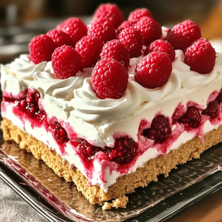 Um diesen köstlichen Himbeer-Cheesecake-Eisbox-Kuchen zuzubereiten, benötigst du einige einfache Zutaten. Diese Zutaten bringen den frischen Himbeergeschmack und die Cremigkeit des Käsekuchens hervor. Hier ist die Liste der Zutaten: - 2 Tassen frische Himbeeren (plus zusätzliche für die Garnierung) - 1 Tasse Frischkäse, weich gerührt - 1 Tasse Schlagsahne - ½ Tasse Puderzucker - 1 Teelöffel Vanilleextrakt - 1 Paket (8 oz) Graham-Cracker - 2 Esslöffel Zitronensaft - Eine Prise Salz Frische Himbeeren: Sie geben dem Kuchen einen fruchtigen Kick. Ihre Süße und Säure harmonieren perfekt mit dem Käsekuchen. Frischkäse: Dies ist die Basis der Füllung. Er sorgt für die cremige Textur, die wir lieben. Schlagsahne: Sie macht die Füllung leicht und luftig. So wird der Kuchen nicht zu schwer. Puderzucker: Er süßt die Mischung. Verwende ihn, um die richtige Süße zu erzielen, ohne Klumpen. Vanilleextrakt: Dieser gibt dem Kuchen einen warmen, runden Geschmack. Er ergänzt die Himbeeren gut. Graham-Cracker: Sie bilden die Kruste. Ihr Keks-Geschmack passt wunderbar zur Füllung. Zitronensaft: Ein Spritzer Zitrone bringt Frische. Er hebt die Aromen hervor. Salz: Eine Prise Salz balanciert die Süße. Es macht den Geschmack intensiver. Mit diesen Zutaten bist du bereit, einen leckeren und erfrischenden Himbeer-Cheesecake-Eisbox-Kuchen zu machen. Zuerst nimmst du eine große Rührschüssel. Dort vermengst du den weich gerührten Frischkäse, Puderzucker und Vanilleextrakt. Mit einem Handmixgerät schlägst du die Mischung auf mittlerer Stufe. Achte darauf, dass die Mischung glatt und cremig wird. Das dauert nur wenige Minuten. Eine gute Konsistenz ist wichtig für den Geschmack. Jetzt kommt die Schlagsahne. In einer separaten Schüssel schlägst du die Sahne, bis sich weiche Spitzen bilden. Das bedeutet, dass die Sahne leicht fest ist, aber nicht zu hart. Dann hebst du die geschlagene Sahne vorsichtig unter die Frischkäsemasse. Sei sanft, damit die Luftigkeit bleibt. So wird der Kuchen schön leicht und fluffig. Nun wird es spannend! Du beginnst, den Kuchen zusammenzusetzen. Zuerst streichst du eine dünne Schicht der Frischkäsemasse auf den Boden einer rechteckigen Form. Danach legst du eine Schicht Graham-Cracker gleichmäßig darauf. Dann kommt eine weitere Schicht Frischkäsemasse und etwas Himbeeren oben drauf. Wiederhole diesen Vorgang, bis alle Zutaten aufgebraucht sind. Beende mit einer Schicht der Frischkäsemasse. Um das Ganze zu vollenden, deckst du den Kuchen mit Frischhaltefolie ab und stellst ihn für mindestens 4-6 Stunden in den Kühlschrank. So kann er fest werden und die Aromen gut durchziehen. Frische Himbeeren sind der Schlüssel zu diesem Rezept. Achte darauf, die besten Himbeeren zu wählen. Sie sollten fest und saftig sein. Wasche sie sanft, bevor du sie verwendest. So bleibt der Geschmack frisch und lebendig. Die Kühlzeit ist wichtig für die Textur. Lass den Kuchen mindestens vier Stunden im Kühlschrank. Noch besser ist es, wenn du ihn über Nacht kühl stellst. So kann sich die Creme richtig setzen. Eine gut gekühlte Cheesecake-Eisbox hat die perfekte, cremige Konsistenz. Für eine schöne Garnierung empfehle ich frische Minzblätter. Diese geben dem Kuchen einen tollen Farbkontrast. Platziere die Minze auf jedem Stück, wenn du servierst. Schneide den Kuchen in quadratische Stücke. Das sieht nicht nur schön aus, sondern erleichtert auch das Servieren. Jedes Stück wird so zu einem kleinen Kunstwerk. {{image_4}} Du kannst andere Beeren in diesem Rezept nutzen. Erdbeeren sind eine tolle Wahl. Ihre Süße passt gut zu dem Käsekuchen. Blaubeeren sorgen für eine schöne Farbe und fruchtigen Geschmack. Misch die Beeren nach deinem Geschmack. Jede Frucht bringt ihren eigenen Flair in den Kuchen. Das macht ihn noch spannender und leckerer! Wenn du keine Graham-Cracker magst, gibt es viele Alternativen. Verwende Butterkekse für einen anderen Geschmack. Sie geben dem Kuchen eine knusprige Note. Glutenfreie Kekse sind auch eine gute Option. So können mehr Leute den Kuchen genießen. Teste verschiedene Sorten und finde deinen Favoriten. Wenn dir weniger Süße lieber ist, kannst du den Puderzucker reduzieren. Ein halber Becher ist oft genug. Du kannst auch andere Süßstoffe verwenden. Honig oder Ahornsirup sind gute Alternativen. Diese geben dem Kuchen einen einzigartigen Geschmack. Spiel mit der Menge und finde die perfekte Balance für deinen Gaumen. Der Himbeer-Cheesecake-Eisbox-Kuchen hält sich optimal bis zu 4-5 Tage im Kühlschrank. Achte darauf, den Kuchen gut abzudecken. Ich benutze Frischhaltefolie, um ihn vor Gerüchen zu schützen. So bleibt der Geschmack frisch und lecker. Um den Kuchen einzufrieren, schneide ihn in Portionen. Wickel jede Portion in Frischhaltefolie und lege sie in einen luftdichten Behälter. So bleibt er bis zu 2 Monate haltbar. Zum Auftauen lege die Portionen einfach über Nacht in den Kühlschrank. So bleibt die Konsistenz schön cremig. Der Himbeer-Cheesecake-Eisbox-Kuchen bleibt im Kühlschrank bis zu fünf Tage frisch. Achte darauf, ihn gut abzudecken. So bleibt er vor Gerüchen geschützt und trocknet nicht aus. Im Gefrierfach kannst du ihn bis zu zwei Monate lagern. Schneide ihn in Portionen, bevor du ihn einfrierst. So verwandelst du ihn in einen schnellen Snack. Ja, du kannst diesen Kuchen einen Tag im Voraus zubereiten. Bereite ihn einfach wie im Rezept beschrieben vor. Lass ihn dann für mindestens sechs Stunden oder über Nacht im Kühlschrank ruhen. Dies gibt ihm Zeit, fest zu werden. Wenn du ihn im Voraus machst, schmeckt er oft noch besser. Die Aromen vermischen sich gut. Ja, du kannst diesen Kuchen ohne Zucker machen. Ersetze den Puderzucker durch einen süßen Ersatz. Zum Beispiel kannst du Stevia oder Erythrit verwenden. Diese Süßstoffe haben wenig bis keine Kalorien. Achte darauf, die Menge anzupassen. Einige sind süßer als Zucker. Probiere es aus, um die beste Süße für deinen Geschmack zu finden. Der Himbeer-Cheesecake-Eisbox-Kuchen ist einfach zuzubereiten. Du benötigst frische Himbeeren, Frischkäse und Schlagsahne. Wir haben Schritt für Schritt besprochen, wie man die Zutaten richtig kombiniert und schichtet. Tipps zur Dekoration helfen dir, das Dessert schön zu präsentieren. Variationen lassen Raum für Kreativität, wie andere Früchte oder weniger Süße. Denk daran, den Kuchen gut zu lagern. So bleibt er frisch und lecker. Probiere es aus und genieße jeden Bissen!