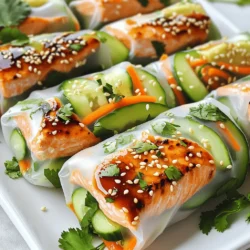 - 200 g frisches Lachsfilet - 60 ml Teriyakisauce - 8 Reispapierblätter - 1 Tasse gekochter Jasminreis - 1 kleine Gurke - 1 große Karotte - 1 Avocado - Frische Koriander- oder Minzblätter - Sesamkörner Um die Teriyaki Lachs Reispapierrollen zuzubereiten, benötige ich frisches Lachsfilet. Wähle ein Stück ohne Haut. Teriyakisauce gibt dem Lachs einen tollen Geschmack. Ich verwende 60 ml für die Marinade. Die Reispapierblätter sind wichtig, um die Rollen zusammenzuhalten. Für die Füllung nehme ich gekochten Jasminreis. Er ist weich und klebrig, perfekt für die Rollen. Ich schneide eine kleine Gurke und eine große Karotte in feine Streifen. Diese bringen Frische und Crunch in die Rollen. Die Avocado fügt eine cremige Textur hinzu. Ich mag frische Koriander- oder Minzblätter für den Extra-Geschmack. Zum Garnieren nutze ich Sesamkörner. Sie geben einen schönen Biss und sehen toll aus. Diese Zutaten machen die Reispapierrollen nahrhaft und lecker. Sie sind einfach und schnell zuzubereiten. Ideal für einen Snack oder eine leichte Mahlzeit. Lass uns mit dem Lachs starten. Lege das frische Lachsfilet in eine flache Schüssel. Gieß 60 ml Teriyakisauce darüber. Lasse den Lachs mindestens 15 Minuten marinieren. So nimmt er den vollen Geschmack auf. Jetzt erhitze eine Grillpfanne auf mittlerer bis hoher Hitze. Nimm den Lachs aus der Marinade, aber bewahre die Marinade auf. Grille den Lachs für etwa 4-5 Minuten auf jeder Seite. Der Fisch ist gar, wenn er sich leicht mit einer Gabel zerteilen lässt. Nimm den Lachs aus der Pfanne und lass ihn leicht abkühlen. Zupfe ihn dann in mundgerechte Stücke. In einer großen Schüssel kombinierst du den abgekühlten Jasminreis, die geschnittene Gurke, die Karotte und die Avocadoscheiben. Füge frische Koriander- oder Minzblätter hinzu. Vermenge alles vorsichtig, damit die Avocado nicht zerdrückt wird. Für das Reispapier brauchst du eine große, flache Schüssel mit warmem Wasser. Tauche ein Reispapierblatt für 10-15 Sekunden hinein. Es sollte weich werden. Nimm das Blatt vorsichtig aus dem Wasser und lege es auf eine saubere Oberfläche. Jetzt kommt der spaßige Teil! Platziere eine kleine Menge der Reis-Gemüse-Mischung in der Mitte des Reispapierblatts. Füge einige Stücke des gegrillten Lachses hinzu. Träufle etwas von der reservierten Teriyakisauce darüber. Klappe die untere Seite des Reispapierblatts über die Füllung. Schlage die Seiten ein und rolle von unten nach oben. Achte darauf, die Füllung gut einzuschließen. Wiederhole diesen Schritt mit den restlichen Reispapierblättern und der Füllung. Um den Lachs perfekt zu grillen, ist die Temperatur wichtig. Heize deine Grillpfanne auf mittlere bis hohe Hitze vor. Der Lachs braucht etwa 4-5 Minuten pro Seite. So bleibt er saftig und zart. Achte darauf, dass der Lachs sich leicht mit einer Gabel zerteilen lässt. Das zeigt, dass er gut durchgegart ist. Reispapier erfordert etwas Übung. Fülle eine große Schüssel mit warmem Wasser. Tauche ein Reispapierblatt für 10-15 Sekunden ein. Achte darauf, es nicht zu lange zu lassen, sonst wird es zu weich. Nimm das Blatt vorsichtig heraus und lege es auf eine saubere Fläche. Wenn du es einrollst, arbeite schnell, damit es nicht reißt. Die Anrichtung macht viel aus. Lege die Reispapierrollen auf einen schönen Teller. Für einen tollen Look kannst du die Rollen schräg anrichten. Beträufle sie mit Teriyakisauce und streue Sesamkörner darüber. Frische Kräuter wie Koriander oder Minze geben einen schönen Farbkontrast. {{image_4}} Du kannst den Lachs durch andere Fische ersetzen. Forelle oder Makrele sind gute Optionen. Wenn du eine pflanzliche Variante möchtest, probiere Tofu. Mariniere den Tofu in Teriyakisauce und grille ihn. So erhältst du einen tollen Geschmack. Die Auswahl an Gemüse ist groß. Paprika, Zucchini oder Radieschen passen gut in diese Rollen. Du kannst auch Sprossen hinzufügen. Diese bringen Crunch und Frische. Mixe verschiedene Sorten, um den Geschmack zu variieren. Wenn du keine Teriyakisauce magst, gibt es Alternativen. Sojasauce mit etwas Honig kann eine gute Wahl sein. Du kannst auch Erdnusssauce ausprobieren. Diese passt gut zu Fisch und Gemüse. Ein bisschen Zitronensaft macht die Sauce frisch und spritzig. Wenn du Reste hast, lagere sie im Kühlschrank. Lege die Reispapierrollen in einen luftdichten Behälter. So bleiben sie frisch. Du kannst sie bis zu zwei Tage aufbewahren. Die Teriyakisauce kannst du separat lagern. So bleibt der Geschmack stark. Achte darauf, die Rollen nicht zu drücken. Das kann sie zerdrücken und ihre Form ruinieren. Das Aufwärmen der Reispapierrollen kann knifflig sein. Am besten ist es, sie in einer Pfanne leicht zu erhitzen. Stelle die Pfanne bei mittlerer Hitze ein. Füge ein wenig Wasser hinzu, um Dampf zu erzeugen. So werden die Rollen weich, aber nicht matschig. Du kannst sie auch in die Mikrowelle legen. Decke sie mit einem feuchten Tuch ab, um sie saftig zu halten. Erwärme sie in 20-Sekunden-Intervallen. Wenn du Zeit sparen willst, bereite die Füllung im Voraus vor. Du kannst den Lachs grillen und die Gemüse schneiden. Lagere alles in getrennten Behältern im Kühlschrank. Am Tag des Servierens musst du nur das Reispapier erweichen und die Rollen zusammenstellen. Dies macht das Kochen schneller und einfacher. Meal Prep ist eine tolle Möglichkeit, gesunde Snacks zu genießen! Der Lachs sollte mindestens 15 Minuten marinieren. So nimmt er den vollen Geschmack der Teriyakisauce auf. Wenn du mehr Zeit hast, kannst du ihn auch länger marinieren. Eine längere Marinierzeit bis zu 30 Minuten intensiviert den Geschmack. Sei jedoch vorsichtig, da zu langes Marinieren die Textur des Lachses weich machen kann. Ja, du kannst glutenfreie Teriyakisauce verwenden. Viele Marken bieten glutenfreie Varianten an. Diese Saucen nutzen Reis- oder Tamari-Soja statt herkömmlicher Sojasauce. Achte beim Kauf auf die Zutatenliste, um sicherzustellen, dass sie glutenfrei sind. So kannst du die Reispapierrollen auch ohne Gluten genießen. Um das Reispapier nicht zu beschädigen, tauche es vorsichtig in warmes Wasser. Halte es nicht zu lange im Wasser, da es sonst zu weich wird und reißt. Nach dem Eintauchen lege das Papier auf eine saubere, flache Oberfläche. Arbeite schnell, um die Füllung einzufügen und rolle es sanft. Zu viel Druck kann das Reispapier brechen. Diese Anleitung zeigt, wie man köstliche Reispapierrollen mit Lachs macht. Du hast die Hauptzutaten wie frischen Lachs und Gemüse kennengelernt. Die Schritt-für-Schritt Anleitung half dir bei der Zubereitung. Außerdem gab es nützliche Tipps für das Grillen und die Präsentation. Denke daran, dass du mit verschiedenen Zutaten spielen kannst. So bleiben die Rollen immer spannend. Profitiere von diesen einfachen Tricks und genieße frische, leckere Reispapierrollen!