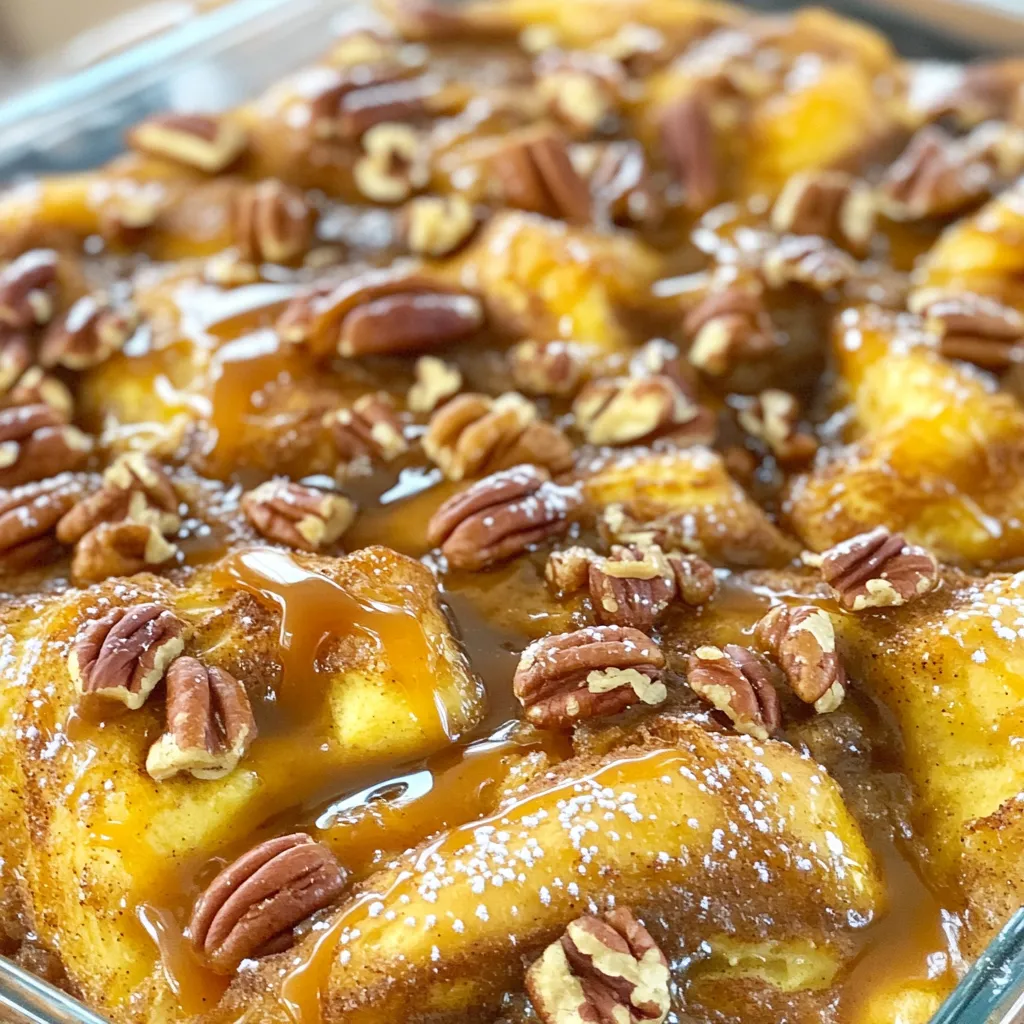 Um das beste Karamell-Pecan-Sticky-Bun French Toast Bake zu machen, brauchen wir einige einfache Zutaten. Hier ist die Liste: - Altbackene Zimtschnecken - 4 große Eier - 240 ml Milch - 60 ml Schlagsahne - 1 Esslöffel Vanilleextrakt - 1 Teelöffel gemahlener Zimt - 120 g gehackte Pekannüsse - 120 ml Karamellsauce (gekauft oder selbstgemacht) - Butter zum Einfetten der Backform - Optional: Puderzucker zum Bestäuben Jede Zutat hat ihre eigene Rolle. Die Zimtschnecken sind die Basis für unser Gericht. Sie bringen eine süße und würzige Note. Die Eier, Milch und Sahne machen die Mischung cremig. Vanille und Zimt fügen viel Geschmack hinzu. Pekannüsse geben einen knackigen Biss. Karamellsauce sorgt für eine süße Schicht unten. Verwende frische Zutaten, wenn möglich. Sie machen das Gericht noch besser! Wenn du magst, kannst du die Karamellsauce selbst machen. So hast du die Kontrolle über den Geschmack und die Süße. Jetzt, wo wir alle Zutaten haben, können wir mit dem Rezept fortfahren. Bereite dich auf einen leckeren Genuss vor! Heize deinen Ofen auf 175°C vor. Nimm eine 23x33 cm große Auflaufform und fette sie großzügig mit Butter ein. Die Butter hilft, dass der Auflauf nicht kleben bleibt und gibt einen schönen Geschmack. In einer großen Schüssel vermischst du die Eier, die Milch, die Schlagsahne, den Vanilleextrakt und den gemahlenen Zimt. Schlage die Mischung gut auf, bis sie ganz glatt ist. Diese Mischung gibt deinem Auflauf den perfekten Geschmack und die richtige Konsistenz. Schneide die altbackenen Zimtschnecken in Viertel. Füge die Stücke zur Eiermischung hinzu und hebe sie vorsichtig um. Lass sie etwa 10 Minuten einweichen. In der Zwischenzeit gieße die Karamellsauce gleichmäßig auf den Boden der gefetteten Form. Streue die gehackten Pekannüsse darüber. Diese Schritte sorgen dafür, dass die Zimtschnecken gut durchtränkt sind und das Karamell schön verteilt wird. Gieße die Zimtschnecken-Mischung gleichmäßig über die Karamell- und Pekan-Schicht. Backe das Ganze für 30-35 Minuten im Ofen, bis die Oberseite goldbraun ist. Lass den Auflauf nach dem Backen etwa 10 Minuten abkühlen. Stürze dann die Form auf eine große Servierplatte. Das Karamell und die Pekannüsse fließen dann über die Oberseite. Serviere den Auflauf warm. Wenn du magst, bestäube ihn mit Puderzucker für etwas extra Süße. Wählen Sie frische, weiche Zimtschnecken für den besten Geschmack. Alte Zimtschnecken haben oft eine trockene Textur. Sie können auch Zimtschnecken mit Nüssen wählen, um mehr Crunch zu bekommen. Achten Sie darauf, dass die Zimtschnecken gut gewürzt sind. Ein hoher Zimtgehalt macht das Gericht besonders aromatisch. Ein häufiger Fehler ist, die Zimtschnecken nicht genug einweichen zu lassen. Dadurch werden sie nicht richtig saftig. Vermeiden Sie auch, die Eier-Mischung zu stark zu schlagen. Das kann die Luftigkeit des Auflaufs beeinträchtigen. Achten Sie darauf, die Karamellsauce gleichmäßig zu verteilen. So bleibt der Boden schön klebrig und lecker. Sie können viele Variationen ausprobieren. Fügen Sie Schokoladenstückchen oder Trockenfrüchte hinzu. Diese Zutaten bringen neue Geschmäcker in das Gericht. Für eine gesündere Option können Sie Honig anstelle von Karamellsauce verwenden. Ersetzen Sie die Pekannüsse durch Walnüsse, falls gewünscht. Lassen Sie Ihrer Kreativität freien Lauf und genießen Sie die verschiedenen Möglichkeiten! {{image_4}} Für unser Karamell-Pecan-Sticky-Bun French Toast Bake sind Beilagen wichtig. Sie bringen Farbe und Geschmack. Hier sind einige Ideen: - Frisches Obst: Beeren, Bananen oder Äpfel passen gut. - Joghurt: Naturjoghurt oder griechischer Joghurt geben eine cremige Note. - Speck: Knuspriger Speck bringt einen herzhaften Kontrast. - Kaffee: Ein guter Kaffee ist ein klassisches Getränk dazu. - Frischer Saft: Orangensaft oder ein Mix aus verschiedenen Säften sind erfrischend. Das Anrichten macht viel aus. Achte auf die Details. So präsentierst du das Gericht: 1. Servierplatte: Nutze eine große, flache Platte. 2. Umstürzen: Stürze den Auflauf vorsichtig, damit das Karamell schön aussieht. 3. Pekannüsse: Streue ein paar ganze Pekannüsse oben drauf für den Crunch. 4. Frische Kräuter: Ein paar Minzblätter machen das Gericht frisch. 5. Optik: Achte darauf, dass die Karamellsoße gleichmäßig verteilt ist. Puderzucker ist ein einfacher Trick. Er macht das Gericht süßer und schöner. So verwendest du ihn: - Sieb: Verwende ein feines Sieb, um den Zucker gleichmäßig zu verteilen. - Menge: Nicht zu viel, nur eine leichte Schicht. - Moment: Bestäube den Auflauf direkt vor dem Servieren. So bleibt es knusprig. Mit diesen Tipps wird dein Karamell-Pecan-Sticky-Bun French Toast Bake zum echten Hingucker. Um die Reste Ihres Karamell-Pecan-Sticky-Bun French Toast Bakes aufzubewahren, lassen Sie ihn zuerst abkühlen. Schneiden Sie dann die Portionen in Stücke. Legen Sie die Stücke in einen luftdichten Behälter. So bleiben sie frisch und lecker. Sie können auch Frischhaltefolie verwenden, um den Auflauf abzudecken. Achten Sie darauf, dass die Reste gut eingepackt sind, damit sie nicht austrocknen. Wenn Sie den Auflauf länger aufbewahren möchten, können Sie ihn einfrieren. Lassen Sie ihn ganz abkühlen und schneiden Sie ihn dann in Portionen. Wickeln Sie jede Portion in Frischhaltefolie und legen Sie sie in einen Gefrierbeutel. Beschriften Sie die Beutel mit dem Datum. Zum Auftauen legen Sie die Portionen einfach über Nacht in den Kühlschrank. Sie können den Auflauf auch direkt im Ofen aufwärmen. Decken Sie ihn mit Alufolie ab, um ein Austrocknen zu verhindern. Im Kühlschrank bleibt Ihr Karamell-Pecan-Sticky-Bun French Toast Bake etwa 3 bis 5 Tage frisch. Stellen Sie sicher, dass der Behälter gut verschlossen ist. Wenn Sie den Auflauf aufwärmen, prüfen Sie, ob er noch gut riecht oder aussieht, bevor Sie ihn essen. So genießen Sie die süße Leckerei auch nach ein paar Tagen. Ja, frische Zimtschnecken sind eine tolle Wahl. Sie bringen einen weichen Biss und frischen Geschmack. Schneiden Sie sie in Viertel, genau wie die altbackenen. Das Rezept bleibt gleich. Beachten Sie jedoch, dass frische Zimtschnecken mehr Feuchtigkeit enthalten. Das kann die Konsistenz leicht verändern. Lassen Sie die Mischung etwas länger einweichen, um sicherzustellen, dass alles gut durchtränkt ist. Karamellsauce ist einfach selbst zu machen. Sie benötigen nur Zucker, Wasser, Butter und Sahne. Erhitzen Sie den Zucker und das Wasser in einem Topf, bis es schmilzt. Rühren Sie nicht um, bis es goldbraun wird. Fügen Sie dann die Butter und Sahne hinzu, um die Mischung cremig zu machen. Lassen Sie die Sauce abkühlen und verwenden Sie sie, wenn sie noch warm ist. Diese hausgemachte Karamellsauce bringt einen tollen Geschmack. Ja, Sie können das Rezept vegan machen. Ersetzen Sie die Eier durch Leinsamen oder Chia-Samen. Verwenden Sie pflanzliche Milch und Sahne, wie Mandelmilch oder Kokoscreme. Achten Sie darauf, vegane Zimtschnecken zu wählen. So bleibt der Geschmack lecker und jeder kann genießen. Die Zubereitung von Zimtschnecken mit Eier-Milch-Mischung und Karamellsauce ist einfach. Wir haben die besten Zutaten und Schritt-für-Schritt-Anleitungen vorgestellt. Denk daran, frische Zutaten zu nutzen und häufige Fehler zu vermeiden. Du kannst auch viele Variationen ausprobieren. Genieße die Zimtschnecken warm mit Puderzucker. Bewahre Reste richtig auf, damit du länger Freude daran hast. Trau dich, Neues zu probieren! Deine Küche wird duften und die Zimtschnecken werden lecker sein.