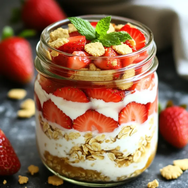 Für die Erdbeer-Schicht-Oats benötigst du folgende Zutaten: - 1 Tasse Haferflocken (gerollt) - 1 ½ Tassen Mandelmilch (oder Milch nach Wahl) - 1 Esslöffel Chiasamen - 1 Esslöffel Ahornsirup (oder Honig) - 1 Teelöffel Vanilleextrakt - 1 Tasse frische Erdbeeren, entkelcht und in Scheiben geschnitten - ½ Tasse griechischer Joghurt (Vanille oder Natur) - 2 Esslöffel zerstoßenen Graham Crackers (zum Bestreuen) - Frische Minzblätter (zur Garnitur, optional) Diese Zutaten bilden die Basis für das köstliche und gesunde Frühstück. Wenn du Allergien hast, gibt es gute Alternativen: - Haferflocken: Verwende glutenfreie Haferflocken. - Milch: Ersetze Mandelmilch durch Soja-, Hafer- oder Kokosmilch. - Joghurt: Nutze laktosefreien oder pflanzlichen Joghurt. - Süßungsmittel: Honig kann durch Agavendicksaft ersetzt werden. Diese Alternativen helfen dir, das Rezept an deine Bedürfnisse anzupassen. Frische Erdbeeren sind der Schlüssel zu diesem Rezept. Achte auf diese Tipps: - Saison: Kaufe Erdbeeren in der Hauptsaison für den besten Geschmack. - Farbe: Wähle leuchtend rote Erdbeeren ohne grüne Stellen. - Festigkeit: Die Erdbeeren sollten fest, aber nicht überreif sein. Mit diesen Tipps kannst du die besten Erdbeeren finden, die dein Gericht noch leckerer machen. Um die Hafermischung zu machen, nimm eine große Schüssel. Gib die Haferflocken, Chiasamen, Mandelmilch, Ahornsirup und Vanilleextrakt hinein. Rühre alles gut um. Du willst, dass die Zutaten gut vermischt sind. So werden die Haferflocken weich und nehmen die süßen Aromen auf. Lass die Mischung für mindestens fünf Minuten stehen, damit die Chiasamen quellen können. Jetzt kommt der spaßige Teil! Nimm ein Einmachglas oder einen Behälter. Beginne mit einer Schicht Erdbeeren. Schneide die frischen Erdbeeren in Scheiben und lege die Hälfte am Boden des Glases aus. Danach gieße die Hälfte der Hafermischung darüber. Füge eine Schicht griechischen Joghurt hinzu. Wiederhole diesen Vorgang mit den restlichen Erdbeeren, der Hafermischung und dem Joghurt. Die letzte Schicht sollte Hafer sein. So sieht es schön aus! Wenn du alles geschichtet hast, schließe das Glas gut. Stelle es dann in den Kühlschrank. Lass die Oats über Nacht stehen oder mindestens sechs Stunden. Am Morgen rühre die Mischung gut um. Das macht die Oats cremig. Streue die zerstoßenen Graham Crackers oben drauf und garniere sie mit frischen Minzblättern, wenn du magst. So sieht dein Frühstück nicht nur gut aus, sondern schmeckt auch köstlich! Ein häufiger Fehler ist, die Haferflocken nicht gut zu mischen. Mischen Sie die Haferflocken, Chiasamen und Flüssigkeit gründlich. So nehmen die Haferflocken die Feuchtigkeit gleichmäßig auf. Ein weiterer Fehler ist, die Oats nicht lange genug im Kühlschrank zu lassen. Sie sollten mindestens sechs Stunden kühlen. So werden sie schön cremig. Für die ideale Konsistenz sollten Sie 1 ½ Tassen Mandelmilch verwenden. Die Chiasamen helfen, die Mischung zu binden. Wenn die Oats zu dick sind, können Sie etwas mehr Milch hinzufügen. Wenn sie zu flüssig sind, lassen Sie sie einfach länger im Kühlschrank. Rühren Sie die Mischung am Morgen gut um, bevor Sie sie servieren. Die Präsentation macht viel aus. Nutzen Sie klare Gläser, um die schönen Schichten zu zeigen. Beginnen Sie mit Erdbeeren, gefolgt von der Hafermischung und dann dem Joghurt. Für einen besonderen Touch streuen Sie zerstoßene Graham Crackers obenauf. Ein Minzzweig sorgt für Farbe und Frische. {{image_4}} Erdbeeren sind lecker, aber du kannst auch andere Früchte nutzen. Himbeeren, Blaubeeren oder Pfirsiche passen gut. Diese Früchte geben einen frischen Geschmack. Sie machen deine Overnight Oats bunt und spannend. Probiere verschiedene Kombinationen aus. Es macht Spaß, neue Geschmäcker zu entdecken! Wenn du vegan bist, gibt es viele Alternativen zu Joghurt. Kokosjoghurt oder Sojajoghurt sind tolle Optionen. Diese sind cremig und lecker. Sie geben deinen Oats die gleiche Textur und den gleichen Geschmack. Achte darauf, dass sie ungesüßt sind, wenn du den Zucker reduzieren möchtest. Für mehr Textur kannst du Nüsse oder Samen hinzufügen. Mandeln, Walnüsse oder Pekannüsse geben einen tollen Crunch. Auch Sonnenblumenkerne oder Kürbiskerne sind gute Optionen. Sie erhöhen den Nährwert und machen das Frühstück noch gesünder. Mische sie einfach unter die Hafermischung oder streue sie oben drauf. Um die Erdbeer-Schicht-Oats frisch zu halten, ist die richtige Lagerung wichtig. Verwende ein luftdichtes Glas oder einen Behälter. Das hält die Oats frisch und verhindert, dass sie austrocknen. Achte darauf, das Glas gut zu verschließen. So bleiben die Aromen erhalten. Die Overnight Oats bleiben im Kühlschrank etwa drei bis fünf Tage frisch. Das macht sie ideal für Meal Prep. Ich empfehle, die Oats in Portionen zu machen. So kannst du sie einfach entnehmen und genießen. Achte darauf, die Oats vor dem Verzehr gut umzurühren. So vermischt sich alles schön. Wenn du die Oats länger aufbewahren willst, kannst du sie einfrieren. Fülle die Mischung in einen gefrierfesten Behälter. Lasse etwas Platz, da die Oats beim Gefrieren expandieren. Zum Auftauen, stelle den Behälter einfach in den Kühlschrank. Nach einigen Stunden sind sie bereit zum Genießen. Erwärme sie nach Wunsch in der Mikrowelle. Die Overnight Oats sollten mindestens 6 Stunden im Kühlschrank stehen. Ich empfehle, sie über Nacht ruhen zu lassen. So ziehen die Haferflocken die Flüssigkeit gut auf und werden schön weich. Wenn Sie die Oats morgens zubereiten, sind sie perfekt zum Servieren. Ja, Sie können Overnight Oats warm genießen! Wenn Sie die Mischung vor dem Servieren aufwärmen möchten, geben Sie sie einfach in einen Topf. Erhitzen Sie sie bei niedriger Hitze, bis sie warm ist. Achten Sie darauf, die Oats regelmäßig umzurühren, damit sie gleichmäßig warm werden. Wenn die Oats zu weich sind, gibt es einige Tricks. Fügen Sie einfach mehr Haferflocken hinzu, um die Konsistenz zu verbessern. Sie können auch etwas mehr Joghurt oder Chiasamen einrühren. Diese Zutaten helfen, die Mischung etwas fester zu machen und die gewünschte Textur zu erreichen. In diesem Blogbeitrag haben wir die besten Zutaten für Overnight Oats besprochen. Wir haben Alternativen für Allergiker vorgestellt und gegeben Tipps für frische Erdbeeren. Die Schritt-für-Schritt-Anleitung hilft, die Hafermischung und Schichten richtig zuzubereiten. Außerdem haben wir häufige Fehler vermieden und Variationen mit anderen Früchten und veganem Joghurt empfohlen. Denke daran, deine Overnight Oats richtig zu lagern. Sie sind einfach, gesund und lecker. Probiere die Tipps aus, um das Beste aus deinen Oats herauszuholen!