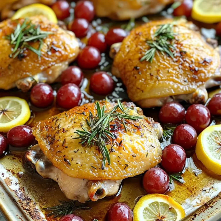 - 4 Hähnchenkeulen mit Haut und Knochen - 2 Tassen rote Trauben, gewaschen und entstielt - 1 Zitrone, in Scheiben geschnitten - 2 Esslöffel frischer Rosmarin, fein gehackt - 4 Knoblauchzehen, gehackt - 3 Esslöffel Olivenöl - 1 Esslöffel Balsamico-Essig - Salz und schwarzer Pfeffer nach Geschmack - 1 Teelöffel Honig (optional, für zusätzliche Süße) Die Trauben geben diesem Gericht eine süße Note. Sie passen perfekt zum Hühnchen. Die Zitrone sorgt für Frische. Der Rosmarin bringt das Aroma. Knoblauch fügt Tiefe hinzu. Olivenöl macht das Hühnchen zart und saftig. Balsamico-Essig gibt einen tollen Kontrast. Diese Zutaten machen das Gericht besonders lecker. Heize deinen Ofen auf 220°C vor. Das sorgt für eine schöne Bräunung. In einer großen Schüssel vermischst du 3 Esslöffel Olivenöl, 4 gehackte Knoblauchzehen, 2 Esslöffel fein gehackten Rosmarin, 1 Esslöffel Balsamico-Essig und optional 1 Teelöffel Honig. Füge Salz und schwarzen Pfeffer nach Geschmack hinzu. Rühre alles gut um, bis sich die Zutaten verbinden. Lege die 4 Hähnchenkeulen in die Marinade. Wende sie gut, bis sie gleichmäßig bedeckt sind. Lass sie mindestens 15 Minuten marinieren. So ziehen die Aromen tief in das Fleisch ein. Du kannst sie auch länger marinieren, wenn du Zeit hast. Das macht das Hähnchen noch schmackhafter. Nehme ein großes Backblech. Lege die marinierten Hähnchenkeulen mit der Hautseite nach oben darauf. Achte darauf, dass sie genug Platz haben. So rösten sie gleichmäßig. Verteilt die 2 Tassen gewaschenen roten Trauben um das Hühnchen. Platziere außerdem einige Zitronenscheiben sowohl oben auf dem Hähnchen als auch daneben. Die Zitrone gibt einen frischen Geschmack. Schiebe das Blech in den vorgeheizten Ofen. Röste das Gericht für 30 bis 35 Minuten. Das Hähnchen ist fertig, wenn es eine Innentemperatur von 75°C erreicht hat. Die Haut sollte knusprig und goldbraun sein. Nach dem Rösten lasse es 5 Minuten ruhen. So bleibt der Saft im Hähnchen. Um den besten Geschmack zu erzielen, mariniere das Hähnchen gut. Die Marinade aus Olivenöl, Knoblauch und Rosmarin bringt viel Aroma. Lass das Hühnchen mindestens 15 Minuten marinieren. Für noch mehr Geschmack kannst du das Hähnchen über Nacht im Kühlschrank lassen. Dies gibt den Aromen Zeit, in das Fleisch einzuziehen. Füge auch frische Kräuter wie Thymian oder Oregano hinzu, wenn du magst. Die Garzeit ist entscheidend für saftiges Hähnchen. Röste das Hühnchen bei 220°C für 30-35 Minuten. Achte darauf, dass die Innentemperatur 75°C erreicht. Nutze ein Fleischthermometer, um sicherzugehen. Wenn die Haut goldbraun und knusprig aussieht, ist das Hähnchen meist fertig. Lass es nach dem Rösten fünf Minuten ruhen. Dies hilft, die Säfte zu bewahren. Die Präsentation macht viel aus. Du kannst das Gericht direkt vom Blech servieren. Das sieht rustikal und einladend aus. Lege alles auf eine große Servierplatte, um es feierlich zu gestalten. Träufle die Bratensäfte über das Hähnchen und die Trauben. Garniere das Gericht mit frischem Rosmarin für einen schönen Farbkontrast. Serviere dazu knuspriges Brot oder gedämpftes Gemüse. So wird das Essen noch besser. {{image_4}} Es gibt viele Möglichkeiten, um das Rezept zu variieren. Du kannst das Hühnchen mit anderen Obstsorten kombinieren. Äpfel oder Pfirsiche passen gut zu diesem Gericht. Sie geben eine süße Note. Wenn du mehr Gemüse magst, probiere Karotten oder Zucchini. Diese können leicht mit dem Hühnchen geröstet werden. Für eine vegetarische Version kannst du Tofu oder Tempeh verwenden. Marinier sie wie das Hühnchen. Das gibt dir einen tollen Geschmack. Du kannst auch Kichererbsen verwenden. Diese sind sehr nahrhaft und passen gut zu der Marinade. Für vegane Varianten kannst du zusätzlich Gemüse wie Brokkoli oder Paprika hinzufügen. Diese bringen Farbe und Textur ins Gericht. Die Gewürze sind sehr wichtig für den Geschmack. Wenn du es schärfer magst, füge etwas Cayennepfeffer oder Paprika hinzu. Für eine fruchtige Note kannst du Limettensaft anstelle von Zitronensaft verwenden. Koriander passt auch gut. Experimentiere mit den Kräutern, um den perfekten Geschmack für dich zu finden. Um die Reste von deinem Blechform Rosmarin-Hühnchen und Trauben gut aufzubewahren, lass das Gericht zuerst abkühlen. Dann lege die Reste in einen luftdichten Behälter. Du kannst das Hühnchen und die Trauben zusammen aufbewahren. So bleiben die Aromen erhalten. Achte darauf, die Reste innerhalb von zwei Stunden nach dem Kochen zu verpacken. Wenn du bereit bist, dein Gericht wieder zu genießen, kannst du es im Ofen oder in der Mikrowelle aufwärmen. Um im Ofen aufzuwärmen, stelle ihn auf 175°C (350°F) ein. Lege das Hühnchen und die Trauben auf ein Backblech. Decke sie mit Folie ab, damit sie nicht austrocknen. Erwärme alles für etwa 15 bis 20 Minuten. In der Mikrowelle erhitzt du die Reste in kurzen Intervallen von 1 bis 2 Minuten. Überprüfe zwischendurch die Temperatur. Im Kühlschrank hält sich das Blechform Rosmarin-Hühnchen und Trauben bis zu drei Tage. Wenn du es länger aufbewahren möchtest, friere es ein. Im Gefrierfach bleibt es bis zu drei Monate frisch. Achte darauf, das Essen gut zu verpacken. Verwende gefriergeeignete Beutel oder Behälter, um Gefrierbrand zu vermeiden. Wenn du das Gericht wieder aufwärmst, tau es zuerst im Kühlschrank auf, bevor du es erhitzt. Ja, du kannst das Rezept im Voraus zubereiten. Marinierte Hähnchenkeulen lassen sich gut im Kühlschrank aufbewahren. Du kannst die Marinade bis zu 24 Stunden vorher zubereiten. Das gibt dem Hühnchen mehr Geschmack. Achte darauf, die Trauben erst kurz vor dem Backen hinzuzufügen. Sie sollten frisch und saftig bleiben. Wenn du Trauben nicht magst oder keine zur Hand hast, gibt es gute Alternativen. Du kannst Pflaumen, Kirschen oder Äpfel verwenden. Diese Früchte bringen eine süße Note in das Gericht. Sie passen gut zu Hühnchen. Achte darauf, sie in ähnliche Größen zu schneiden, damit sie gleichmäßig garen. Ja, das Rezept ist bereits glutenfrei. Die Zutaten enthalten kein Gluten. Olivenöl, Rosmarin und Hähnchen sind alle glutenfrei. Wenn du Balsamico-Essig verwendest, achte darauf, einen glutenfreien zu wählen. So bleibt das Gericht für alle geeignet. Ja, dieses Gericht eignet sich hervorragend für Meal Prep. Du kannst die Portionen im Voraus zubereiten und in luftdichte Behälter packen. Es schmeckt auch nach dem Aufwärmen gut. Du kannst die Hähnchenkeulen und Trauben bis zu vier Tage im Kühlschrank aufbewahren. Die Zutaten für das Rosmarin-Hühnchen und die Trauben sind wichtig für den Geschmack. Ich habe die Schritte klar erklärt, damit du einfach nachkochen kannst. Denke daran, das Gericht gut zu würzen und die Garzeiten zu beachten. Du kannst das Rezept auch anpassen, um neue Geschmäcker zu entdecken. Die Aufbewahrungshinweise helfen dir, Reste richtig zu lagern. Mit diesen Tipps bist du bestens gerüstet, um ein köstliches Gericht zu zaubern. Viel Spaß beim Kochen!