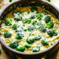 - 1 Tasse Orzo-Pasta - 2 Tassen Brokkoliröschen - 1 Tasse Schlagsahne - 1 Tasse frisch geriebener Parmesan Die Hauptzutaten machen dieses Gericht lecker und cremig. Orzo-Pasta ist klein und kocht schnell. Sie nimmt die Aromen gut auf. Brokkoli bringt Farbe und Vitamine. Die Schlagsahne gibt eine schöne Cremigkeit. Parmesan fügt einen herzhaften Geschmack hinzu. Diese Zutaten sind einfach zu finden und passen gut zusammen. - 1 Esslöffel Olivenöl - 1 Teelöffel italienische Gewürzmischung - Salz und Pfeffer nach Geschmack Die Gewürze sind wichtig für den Geschmack. Olivenöl sorgt für eine gute Basis. Es hilft, den Knoblauch aromatisch zu machen. Die italienische Gewürzmischung bringt Kräuter in das Gericht. Salz und Pfeffer sind Grundgewürze, um alles abzurunden. Ein bisschen mehr von diesen Gewürzen kann den Unterschied machen. - Frische Petersilie, gehackt Die frische Petersilie ist die perfekte Garnitur. Sie sieht toll aus und bringt Frische. Das Grün macht das Gericht ansprechend und lecker. Petersilie hat auch einen milden Geschmack, der das Gericht ergänzt. Füge sie einfach kurz vor dem Servieren hinzu für einen schönen Farbkontrast. 1. Knoblauch vorbereiten: Beginne mit drei Knoblauchzehen. Hacke sie fein. Das gibt deinem Gericht einen tollen Geschmack. 2. Brokkoli waschen und schneiden: Nimm zwei Tassen Brokkoliröschen. Wasche sie gut und schneide sie in kleine Stücke. So garen sie gleichmäßig. 1. Knoblauch anbraten: Erhitze einen großen Topf mit einem Esslöffel Olivenöl. Füge den gehackten Knoblauch hinzu und brate ihn für etwa eine Minute. Achte darauf, dass er nicht verbrennt. Der Duft wird fantastisch sein. 2. Orzo rösten und Brühe hinzufügen: Gib eine Tasse Orzo-Pasta in den Topf. Röste die Pasta für zwei Minuten, während du oft umrührst. Dann füge zwei Tassen Gemüsebrühe und die Brokkoliröschen hinzu. Bring die Mischung zum Kochen. 1. Flüssigkeit reduzieren und Schlagsahne einrühren: Reduziere die Hitze auf niedrig und decke den Topf ab. Lass alles für 10 bis 12 Minuten köcheln, bis das Orzo weich ist. Rühre dann eine Tasse Schlagsahne und eine Tasse frisch geriebenen Parmesan hinein. Rühre gut um, bis der Käse schmilzt und die Sauce cremig wird. Achte darauf, die Gewürze mit Salz und Pfeffer abzuschmecken. Wenn es zu dick ist, füge etwas Brühe oder Wasser hinzu. Lass das Gericht einige Minuten ruhen, bevor du es servierst. Um die perfekte Konsistenz für dein One-Pot Creamy Broccoli Alfredo Orzo zu erreichen, musst du die Flüssigkeitsmenge anpassen. Wenn das Gericht zu dick ist, füge einfach etwas Gemüsebrühe oder Wasser hinzu. Das hilft, die Sauce cremig zu halten. Achte darauf, ab und zu umzurühren, damit nichts anbrennt. So bleibt die Konsistenz ideal für ein köstliches, cremiges Gericht. Für einen intensiveren Geschmack kannst du zusätzliche Gewürze oder Käse hinzufügen. Ein Spritzer Zitronensaft bringt Frische. Du kannst auch mehr Parmesan verwenden oder anderen Käse ausprobieren, wie Mozzarella oder Gouda. Diese Ergänzungen machen das Gericht noch schmackhafter und persönlicher. Experimentiere mit deinen Lieblingsgewürzen, um deinen eigenen Twist zu finden. Um die Zubereitung zu beschleunigen, plane im Voraus. Hacke den Knoblauch und schneide den Brokkoli, bevor du mit dem Kochen beginnst. So sparst du Zeit und kannst alles schnell zusammenfügen. Halte die Zutaten bereit, damit du zügig arbeiten kannst. Dies macht das Kochen nicht nur schneller, sondern auch einfacher und stressfreier. {{image_4}} Du kannst dieses Rezept ganz leicht anpassen. Füge andere Gemüsesorten hinzu, um mehr Farbe und Geschmack zu erhalten. Zucchini, Spinat oder Paprika passen gut dazu. Diese Gemüse sind leicht und bringen frische Aromen. Du kannst sie einfach nach dem Knoblauch anbraten. Wenn du mehr Gemüse magst, erhöhe die Menge, um die Nährstoffe zu steigern. Experimentiere mit dem, was du magst! Möchtest du deinem Gericht mehr Protein geben? Füge Hähnchen, Garnelen oder Tofu hinzu. Diese Optionen machen das Essen sättigender. Koche das Hähnchen zuerst in der Pfanne, bevor du das Orzo hinzufügst. Garnelen kannst du schnell in der letzten Kochphase hinzufügen. Tofu ist eine tolle vegane Wahl. Brate ihn an, bis er goldbraun ist, und mische ihn dann unter das Gericht. Für eine vegane Variante kannst du die Schlagsahne durch pflanzliche Sahne ersetzen. Auch der Parmesan kann durch Hefeflocken ersetzt werden. Diese Schritte machen das Gericht vegan und lecker. Du sparst auch Kalorien, ohne auf den Geschmack zu verzichten. So bleibt das Rezept gesund und nahrhaft. Um die Reste deiner One-Pot Cremigen Brokkoli Alfredo Orzo richtig zu lagern, lege sie in einen luftdichten Behälter. Kühl sie dann sofort ab. Im Kühlschrank bleibt das Gericht bis zu drei Tage frisch. Vor dem Servieren solltest du die Reste gut umrühren, um die cremige Textur zu erhalten. Wenn du das Gericht länger aufbewahren möchtest, kannst du es einfrieren. Teile den Orzo in Portionen auf und fülle ihn in gefriergeeignete Behälter. Achte darauf, die Luft herauszudrücken, um Gefrierbrand zu vermeiden. So bleibt das Gericht bis zu drei Monate gut. Zum Auftauen lege die Portionen einfach in den Kühlschrank oder erwärme sie direkt in der Mikrowelle. Die besten Methoden zum Aufwärmen sind einfach. Du kannst die Reste in einem Topf bei mittlerer Hitze erwärmen. Füge einen Spritzer Gemüsebrühe oder Wasser hinzu, um die Konsistenz zu verbessern. Rühre regelmäßig um, damit nichts anbrennt. Alternativ kannst du die Reste auch in der Mikrowelle aufwärmen. Stelle sicher, dass du sie abdeckst, um das Austrocknen zu verhindern. Reste von der cremigen Brokkoli Alfredo Orzo halten sich gut im Kühlschrank. Ich empfehle, sie innerhalb von 3 bis 4 Tagen zu essen. Lagere das Gericht in einem luftdichten Behälter. So bleibt der Geschmack frisch. Wenn du Reste hast, die nicht sofort gegessen werden, kannst du sie auch einfrieren. Ja, du kannst das Rezept nach deinem Geschmack anpassen. Wenn du andere Gemüse magst, füge sie einfach hinzu. Karotten oder Erbsen passen sehr gut. Du kannst auch die Menge an Parmesan erhöhen, wenn du mehr Käsegeschmack möchtest. Probiere verschiedene Gewürze aus, um neue Aromen zu entdecken. Orzo-Pasta ist nicht glutenfrei. Du kannst jedoch glutenfreie Alternativen verwenden. Suche nach glutenfreier Pasta aus Reis oder Quinoa. Diese Optionen sind leicht zu finden. Sie geben dir dieselbe cremige Textur und den leckeren Geschmack. Dieses Gericht kombiniert Orzo-Pasta, Brokkoli und leckere Gewürze. Ihr könnt frische Petersilie für den letzten Schliff nutzen. Die Zubereitung ist einfach: Zuerst die Zutaten vorbereiten, dann anbraten und köcheln lassen. Mit einigen Tipps macht ihr es perfekt. Denkt daran, das Rezept nach eurem Geschmack anzupassen. Ihr könnt sogar Reste im Kühlschrank aufbewahren oder einfrieren. Es gibt viele Möglichkeiten, dieses Gericht zu variieren. Experimentiert mit verschiedenen Gemüsesorten oder Proteinen. So bleibt es nie langweilig!