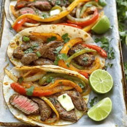 Für das Rezept brauchen Sie: - 500 g Flanksteak, in dünne Streifen geschnitten - 2 Paprika (beliebige Farbe), in Streifen geschnitten - 1 mittelgroße Zwiebel, in Ringe geschnitten - 4 Knoblauchzehen, fein gehackt - 60 g ungesalzene Butter, geschmolzen - 8 kleine Tortillas (aus Weizen) Diese Zutaten machen das Gericht einfach und lecker. Flanksteak ist zart und hat tollen Geschmack. Paprika bringt Süße und Farbe. Zwiebeln und Knoblauch fügen viel Aroma hinzu. Für das Dressing benötigen Sie: - 2 Esslöffel Limettensaft - 1 Esslöffel Chiliflocken - 1 Teelöffel Kreuzkümmel - 1 Teelöffel Paprika - 1/2 Teelöffel Salz - 1/2 Teelöffel schwarzer Pfeffer Diese Gewürze machen die Fajitas würzig und frisch. Limettensaft sorgt für einen tollen Kick. Chiliflocken bringen die richtige Schärfe. Ich empfehle, kleine Weizentortillas zu verwenden. Sie sind weich und einfach zu füllen. Zum Garnieren passen frischer Koriander und Limettenschnitze. So sieht das Gericht schön aus und schmeckt besser. Servieren Sie die Fajitas in der Mitte des Tisches. Jeder kann seine Tortillas selbst füllen. Das macht das Essen gesellig und lecker! Heizen Sie Ihren Ofen auf 200°C vor. Legen Sie ein Backblech mit Backpapier oder Alufolie aus. Dies hilft bei der Reinigung. Ein gut vorbereitetes Blech macht das Kochen einfacher. Nehmen Sie eine große Schüssel. Fügen Sie die geschnittenen Flanksteakstreifen hinzu. Geben Sie die Paprikastreifen, die Zwiebelringe und den gehackten Knoblauch dazu. Mischen Sie alles gut. Es ist wichtig, dass das Steak und das Gemüse gleichmäßig verteilt sind. In einer separaten Schüssel vermengen Sie geschmolzene Butter und Limettensaft. Fügen Sie die Chiliflocken, den Kreuzkümmel, die Paprika, das Salz und den schwarzen Pfeffer hinzu. Rühren Sie alles gut um. Gießen Sie die Mischung über das Steak und das Gemüse. Mischen Sie alles erneut, bis alles gut bedeckt ist. Verteilen Sie die gewürzte Mischung gleichmäßig auf dem Backblech. Achten Sie darauf, dass alles in einer einzigen Schicht liegt. Backen Sie die Fajitas im Ofen für 20 bis 25 Minuten. Überprüfen Sie, ob das Steak gar ist und das Gemüse zart ist. Erwärmen Sie die Tortillas während des Backens. Nach dem Backen lassen Sie die Fajitas einige Minuten ruhen. Garnieren Sie mit frischem Koriander. Servieren Sie die Fajitas mit warmen Tortillas und Limettenschnitzen. Um das beste Steak zu bekommen, wählen Sie Flanksteak. Es ist zart und geschmackvoll. Schneiden Sie es in dünne Streifen. So nimmt es die Marinade gut auf. Lassen Sie das Steak vor dem Kochen auf Raumtemperatur kommen. Das hilft, gleichmäßig zu garen. Verwenden Sie eine heiße Pfanne oder einen heißen Ofen. So bekommt das Steak eine schöne Kruste. Überbacken Sie das Steak nicht, um Trockenheit zu vermeiden. Wählen Sie frische Paprika in leuchtenden Farben. Rote, gelbe oder grüne Paprika sind alle gut. Achten Sie auf die Festigkeit. Die Paprika sollten glatt und knackig sein. Für die Zwiebel verwenden Sie eine mittelgroße Zwiebel. Schneiden Sie sie in Ringe. Süße Zwiebeln wie Vidalia sind ideal. Sie geben der Mischung einen tollen Geschmack. Um die Tortillas warm zu machen, nutzen Sie eine Pfanne oder Mikrowelle. In der Pfanne legen Sie die Tortillas kurz hinein. Wenden Sie sie nach 30 Sekunden. Sie sollten warm und biegsam werden. In der Mikrowelle legen Sie sie auf einen Teller. Decken Sie sie mit einem feuchten Tuch ab. Erhitzen Sie sie für 20 Sekunden. So bleiben sie weich und lecker. {{image_4}} Wenn Sie eine vegetarische Variante der Fajitas möchten, ersetzen Sie das Flanksteak durch Tofu oder Portobello-Pilze. Diese Zutaten nehmen die Aromen der Gewürze gut auf. Schneiden Sie den Tofu in Streifen und marinieren Sie ihn wie das Fleisch. Für eine vollere Textur können Sie auch schwarze Bohnen hinzufügen. Sie liefern Protein und machen die Fajitas sättigender. Sie können auch anderes Fleisch verwenden. Hähnchenbrust oder Rinderfilet sind tolle Alternativen. Schneiden Sie sie in dünne Streifen und marinieren Sie sie wie im Rezept beschrieben. Auch Garnelen sind eine leckere Option. Sie benötigen weniger Zeit zum Garen, also passen Sie die Backzeit an. Die Gewürze sind wichtig für den Geschmack. Wenn Sie es schärfer mögen, fügen Sie mehr Chiliflocken hinzu. Für ein mildes Gericht, reduzieren Sie die Menge. Experimentieren Sie mit anderen Gewürzen wie Oregano oder Paprika. So können Sie die Aromen nach Ihrem Geschmack anpassen und neue Kombinationen entdecken. Um Reste Ihrer Fajitas sicher aufzubewahren, verwenden Sie luftdichte Behälter. Lassen Sie die Fajitas zuerst abkühlen. Füllen Sie dann den Behälter mit Steak, Gemüse und Tortillas. Verschließen Sie ihn gut. Lagern Sie die Fajitas im Kühlschrank. Sie bleiben frisch für bis zu drei Tage. Um die Fajitas wieder zu erwärmen, verwenden Sie eine Pfanne oder den Ofen. In der Pfanne, erwärmen Sie sie bei mittlerer Hitze. Rühren Sie oft, damit sie gleichmäßig warm sind. Im Ofen, legen Sie die Fajitas in eine Auflaufform. Decken Sie sie mit Alufolie ab und erwärmen Sie sie bei 180°C für etwa 10 Minuten. Im Kühlschrank halten die Fajitas bis zu drei Tage. Wenn Sie sie länger aufbewahren möchten, frieren Sie sie ein. In einem luftdichten Behälter können die Fajitas bis zu drei Monate im Gefrierschrank bleiben. Zum Auftauen, lassen Sie sie über Nacht im Kühlschrank. Erwärmen Sie sie dann wie oben beschrieben. Die Fajitas sollten 20 bis 25 Minuten backen. Überprüfen Sie das Steak nach 20 Minuten. Es sollte zart und gut durchgegart sein. Das Gemüse sollte weich und leicht angebraten sein. Ja, Sie können die Fajitas im Voraus zubereiten. Schneiden Sie das Fleisch und das Gemüse am Vortag. Bewahren Sie alles im Kühlschrank auf. Mischen Sie die Gewürze kurz vor dem Backen. Zu den Fajitas passen viele Beilagen gut. Hier sind einige Ideen: - Guacamole - Salsa - Sour Cream - Frischer Salat - Reis oder Bohnen Ja, die Fajitas können auch auf dem Grill zubereitet werden. Marinieren Sie das Steak und das Gemüse wie gewohnt. Grillen Sie alles bei mittlerer Hitze bis es gar ist. Genießen Sie den rauchigen Geschmack! Diese Anleitung hat Ihnen gezeigt, wie Sie leckere Sheet-Pan Garlic Butter Steak Fajitas zubereiten. Wir haben die Hauptzutaten, wichtige Schritte und nützliche Tipps behandelt. Denken Sie daran, die Reste richtig zu lagern und kreative Varianten auszuprobieren. Egal, ob Sie Fleisch oder Gemüse bevorzugen, Fajitas sind flexibel und einfach zuzubereiten. Probieren Sie diese köstlichen Fajitas beim nächsten Meal-Prep aus – sie werden garantiert gut ankommen!