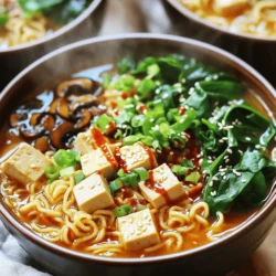 Für Spicy Miso Ramen brauchst du einige einfache, aber wichtige Zutaten. Hier ist, was du benötigst: - 4 Tassen Gemüsebrühe - 2 Esslöffel Miso-Paste (scharf oder normal) - 1 Esslöffel Sojasauce - 1 Teelöffel Sesamöl - 1 Block fester Tofu, gut abgetropft und gewürfelt - 2 Portionen Ramen-Nudeln - 1 Tasse shiitake Pilze, in Scheiben geschnitten - 1 Tasse Babyspinat - 1 Karotte, in feine Streifen geschnitten (Julienne) - 2 Frühlingszwiebeln, gehackt - 1 Teelöffel frisch geriebener Ingwer - 2 Knoblauchzehen, fein gehackt - Chiliöl (optional, für extra Schärfe) - Sesamkörner, zum Garnieren Tofu ist eine großartige Proteinquelle. Er nimmt gut die Aromen anderer Zutaten auf. Um ihn zuzubereiten, presse den Tofu zwischen Küchenpapier. Dadurch entfernst du die überschüssige Feuchtigkeit. Danach schneide den Tofu in gleichmäßige Würfel. Halte den gewürfelten Tofu bereit, um ihn später zu deiner Brühe hinzuzufügen. Gemüse bringt Geschmack und Farbe in dein Gericht. Ich empfehle shiitake Pilze und Karotten, da sie gut mit der Brühe harmonieren. Babyspinat gibt dir einen frischen Geschmack. Frühlingszwiebeln fügen eine knackige Textur hinzu. Der geriebene Ingwer und der gehackte Knoblauch verleihen der Brühe ein würziges Aroma. Wenn du es schärfer magst, füge etwas Chiliöl hinzu. Das macht deinen Ramen noch aufregender! Zuerst musst du den Tofu vorbereiten. Drücke den Tofu zwischen Küchenpapier, um Wasser zu entfernen. Schneide ihn in gleichmäßige Würfel. So wird der Tofu knusprig und nimmt die Aromen gut auf. Erhitze in einem großen Topf das Sesamöl bei mittlerer Hitze. Füge den geriebenen Ingwer und den gehackten Knoblauch hinzu. Rühre alles für etwa 30 Sekunden, bis es gut duftet. So entsteht eine aromatische Basis für die Brühe. Gib die geschnittenen shiitake Pilze und die Karotten in den Topf. Brate das Gemüse 3-4 Minuten an, bis es weich wird. Rühre dabei gelegentlich um. So entfalten sich die Aromen und die Farben. Gieße die Gemüsebrühe in den Topf. Bringe sie zum Simmern. Wenn die Brühe kocht, rühre die Miso-Paste und die Sojasauce ein. Lass sie gut vermischen, bis die Miso-Paste vollständig aufgelöst ist. Füge die gewürfelten Tofu-Stücke vorsichtig in die Brühe. Lass alles 5-7 Minuten köcheln. So kann der Tofu die leckeren Aromen der Brühe aufnehmen. Koche in einem separaten Topf die Ramen-Nudeln nach den Anweisungen auf der Verpackung. Gieße sie ab und stelle sie beiseite. Die Nudeln sind die perfekte Grundlage für die Brühe. Kurz vor dem Servieren rühre den Babyspinat in die Brühe. Lass ihn nur kurz zusammenfallen. So bleibt die leuchtende Farbe erhalten und der Spinat bleibt frisch. Verteile die gekochten Ramen-Nudeln in tiefen Schalen. Gieße die heiße Brühe darüber. Garniere das Gericht mit gehackten Frühlingszwiebeln, Sesamkörnern und einem Spritzer Chiliöl. So sieht dein Gericht nicht nur toll aus, sondern schmeckt auch hervorragend! Um die Brühe perfekt zu machen, achte auf die Balance. Die Mischung aus Gemüsebrühe und Miso-Paste gibt den besten Geschmack. Verwende 4 Tassen Brühe für die Tiefe. Füge 2 Esslöffel Miso-Paste hinzu, um die Brühe schön würzig zu machen. Lass die Brühe langsam köcheln. So entfaltet sich das Aroma gut. Sojasauce bringt Umami in die Brühe. Sie ist salzig und verstärkt den Geschmack. Miso-Paste gibt der Brühe eine cremige Textur und einen süßlichen Geschmack. Nutze beides für die beste Kombination. Ich empfehle, 1 Esslöffel Sojasauce zu verwenden. Miso-Paste macht die Brühe besonders lecker. Du kannst auch scharfe Miso-Paste für mehr Schärfe wählen. Die Garnierung macht dein Gericht besonders. Frühlingszwiebeln bringen Frische. Sesamkörner geben einen schönen Crunch. Wenn du es schärfer magst, füge etwas Chiliöl hinzu. Du kannst auch gekochte Eier oder Nori-Blätter hinzufügen. Sei kreativ mit der Garnierung. Es macht das Essen bunter und ansprechender! {{image_4}} Wenn du eine vegetarische Option suchst, kannst du die Brühe ganz einfach anpassen. Verwende Gemüsebrühe anstelle von Hühnerbrühe. Das gibt deinem Gericht einen reichen Geschmack. Du kannst auch Gemüse wie Zucchini oder Brokkoli hinzufügen. Das macht das Gericht noch gesünder. Die Schärfe in diesem Rezept ist flexibel. Wenn du es mild magst, nimm einfach weniger Miso-Paste oder kein Chiliöl. Um mehr Schärfe hinzuzufügen, verwende scharfe Miso-Paste oder mehr Chiliöl. Du kannst auch frische Chilis in Scheiben schneiden und sie zum Garnieren verwenden. So passt die Schärfe genau zu deinem Geschmack. Zusätzlich zu den Pilzen und Karotten kannst du auch anderes Gemüse verwenden. Erbsen, Pak Choi oder sogar Mais passen gut dazu. Diese Zutaten bringen Farbe und Textur in dein Gericht. Experimentiere mit verschiedenen Gemüsesorten, um deine perfekte Mischung zu finden. Wenn du Ramen übrig hast, bewahre sie gut auf. Fülle die Ramen in einen luftdichten Behälter. Achte darauf, dass die Brühe und das Gemüse gut abgedeckt sind. So bleiben die Aromen frisch. Du kannst die Ramen bis zu drei Tage im Kühlschrank lagern. Das Einfrieren ist eine tolle Methode, um Ramen länger haltbar zu machen. Fülle die Brühe in einen gefrierfesten Behälter. Du kannst auch den Tofu getrennt einfrieren. So bleibt die Textur besser. Die Brühe hält bis zu drei Monate im Gefrierfach. Tofu bleibt auch so lange frisch. Wenn du die Ramen wieder aufwärmen möchtest, gehe vorsichtig vor. Erhitze die Brühe in einem Topf, bis sie kocht. Füge die Ramen und den Tofu hinzu. Rühre gut um, damit alles gleichmäßig heiß wird. Du kannst auch etwas frisches Gemüse hinzufügen, um den Geschmack aufzufrischen. So schmecken die Ramen fast wie neu! Um die Ramen schärfer zu machen, füge mehr Chiliöl hinzu. Du kannst auch frische Chilis oder scharfe Paprika verwenden. Diese Zutaten bringen mehr Hitze. Ein Teelöffel scharfer Miso-Paste kann ebenfalls helfen. Probiere es aus, bis es deinen Geschmack trifft. Ja, du kannst Miso-Paste durch Tahini oder Erdnussbutter ersetzen. Diese Optionen geben einen anderen, aber leckeren Geschmack. Achte darauf, die Menge anzupassen. Du kannst auch mehr Sojasauce verwenden, um den Umami-Geschmack zu verstärken. Fester Tofu hält sich ungeöffnet bis zu einem Jahr im Kühlschrank. Nach dem Öffnen sollte er innerhalb von 3 bis 5 Tagen verbraucht werden. Bewahre ihn in Wasser auf und wechsle das Wasser täglich, um die Frische zu erhalten. Ja, es gibt glutenfreie Ramen-Optionen. Suche nach Ramen aus Reis oder Buchweizen. Diese sind oft in asiatischen Geschäften erhältlich. Achte darauf, auch glutenfreie Sojasauce zu verwenden, wenn du glutenfrei kochen möchtest. Spicy Miso Ramen ist einfach und lecker. Wir haben die Hauptzutaten, die Zubereitung und wertvolle Tipps behandelt. Mit der richtigen Brühe und frischem Gemüse kannst du kreativ arbeiten. Variationen wie vegetarische Alternativen machen das Gericht einzigartig. Denk daran, übrig gebliebene Ramen kühl aufzubewahren. Jetzt bist du bereit, deine eigene Runde Ramen zu kochen. Genieß die Aromen und teile deine Kreationen mit anderen!