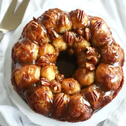 Für das Karamell-Pecan-Sticky-Monkey-Brot brauchst du folgende Hauptzutaten: - 2 Dosen Kühl-Teig für Brötchen - 1 Tasse gehackte Pekannüsse - 1 Tasse brauner Zucker - 1/2 Tasse Zucker - 1/2 Tasse ungesalzene Butter, geschmolzen - 1 Teelöffel Zimt - 1 Teelöffel Vanilleextrakt - 1/2 Tasse Karamellsauce Diese Zutaten sind wichtig, um einen süßen und klebrigen Genuss zu schaffen. Der Kühl-Teig sorgt für eine lockere Textur. Pekannüsse geben den perfekten Crunch. Die Gewürze und Aromen machen dieses Rezept besonders: - Zimt bringt Wärme und Tiefe in den Geschmack. - Vanilleextrakt fügt eine süße Note hinzu. - Karamellsauce sorgt für die klebrige Süße. Diese Aromen harmonieren perfekt miteinander. Sie machen jeden Bissen zu einem kleinen Fest. Wenn du einige Zutaten nicht hast, gibt es gute Alternativen: - Nutze andere Nüsse wie Walnüsse oder Mandeln. - Ersetze Karamellsauce durch Schokoladensauce oder Honig. - Verwende glutenfreien Teig, wenn du glutenfrei kochen möchtest. Diese Optionen helfen dir, das Rezept nach deinem Geschmack anzupassen. Experimentiere und finde deine eigene perfekte Mischung! Beginne, indem du den Ofen auf 175 °C vorheizt. Es ist wichtig, dass der Ofen heiß genug ist. Fette eine Bundt-Form gut mit ungesalzener Butter oder Kochspray ein. Das hilft dem Brot, nicht zu kleben. In einer kleinen Schüssel vermischst du den braunen Zucker mit dem Zimt. Stelle die Mischung dann beiseite, damit sie bereit ist. Öffne zwei Dosen Kühl-Teig für Brötchen. Schneide jeden Teigling in vier Stücke. Forme aus jedem Stück kleine Bällchen. Tauche jedes Bällchen in die geschmolzene Butter. Dann wälze es in der Zimt-Zucker-Mischung. Achte darauf, dass sie gleichmäßig bedeckt sind. Lege die Hälfte der gehackten Pekannüsse auf den Boden der Bundt-Form. Darauf kommt die Hälfte der panierten Teigbällchen. Streue die Hälfte des braunen Zuckers gleichmäßig darüber. Wiederhole diesen Schritt mit den restlichen Pekannüssen, Teigbällchen und dem übrigen braunen Zucker. Gieße die restliche geschmolzene Butter gleichmäßig darüber. Mische den Vanilleextrakt mit der Karamellsauce. Träufle die Mischung über die gesamte Bundt-Form. So kann die Sauce in die Teigstücke eindringen. Backe das Monkey-Brot im vorgeheizten Ofen für 30 bis 35 Minuten. Es sollte goldbraun und durchgegart sein. Ein Zahnstocher muss sauber herauskommen. Lass das Monkey-Brot für 10 Minuten in der Form abkühlen. Kippe dann die Form vorsichtig auf einen Servierteller. So fließt die Karamellsauce darüber. Serviere das Brot warm. Ziehe die klebrigen Stücke auseinander, um jeden Bissen zu genießen. Ein häufiger Fehler ist, die Bundt-Form nicht gut einzufetten. Das führt dazu, dass das Brot kleben bleibt. Achte darauf, Butter oder Kochspray großzügig zu verwenden. Ein weiterer Fehler ist, den Teig zu lange zu backen. Überprüfe das Brot nach 30 Minuten. Ein Zahnstocher sollte sauber herauskommen. Wenn er noch nass ist, backe es weiter, aber schau genau hin. Für die beste Konsistenz mische die Zutaten gut. Die Zimt-Zucker-Mischung sollte die Teigbällchen gleichmäßig umhüllen. Tauche die Bällchen in die geschmolzene Butter, bevor du sie in die Zucker-Mischung wälzt. Dadurch wird das Brot schön klebrig und süß. Wenn du mehr Karamellsauce magst, füge mehr hinzu, bevor du das Brot backst. Serviere das Monkey-Brot warm. Es schmeckt großartig mit einer Tasse Kaffee oder Tee. Du kannst auch eine Kugel Vanilleeis dazugeben. Das kalte Eis passt gut zum warmen Brot. Wenn du es noch süßer magst, träufle mehr Karamellsauce darüber. Für einen extra Crunch, streue geröstete Pekannüsse oben drauf. {{image_4}} Du kannst dein Karamell-Pecan-Sticky-Monkey-Brot nach Belieben anpassen. Eine tolle Idee ist, Schokolade hinzuzufügen. Verwende Schokoladensplitter oder Schokoladensauce. Diese süße Note passt perfekt zu den Pekannüssen. Du kannst auch Früchte hinzufügen. Äpfel oder Bananen bringen Frische und Süße in das Rezept. Schneide sie in kleine Stücke und mische sie mit den Teiglingen. So wird dein Monkey-Brot noch leckerer und fruchtiger. Für glutenfreies Monkey-Brot kannst du glutenfreien Kühl-Teig verwenden. Achte darauf, dass alle Zutaten glutenfrei sind. Das gilt auch für die Karamellsauce. Du kannst auch eine vegane Version machen. Ersetze die Butter durch pflanzliche Margarine und verwende pflanzliche Milch. Diese Anpassungen machen dein Rezept für viele Menschen zugänglich und lecker. Saisonale Variationen bringen das Monkey-Brot auf die nächste Stufe. Im Herbst kannst du Kürbispüree und Gewürze wie Muskatnuss hinzufügen. Das sorgt für einen tollen Geschmack. Zu Weihnachten sind Zimt und Nüsse immer eine gute Wahl. Du kannst auch kleine Stücke von getrockneten Cranberries für eine festliche Note verwenden. Diese Anpassungen machen dein Monkey-Brot perfekt für jede Feier. Lagern Sie das Karamell-Pecan-Sticky-Monkey-Brot im Kühlschrank. Wickeln Sie es in Frischhaltefolie oder legen Sie es in einen luftdichten Behälter. So bleibt es frisch. Es ist wichtig, die Luft abzudichten. So bleibt das Brot weich und lecker. Wenn Sie das Brot länger aufbewahren möchten, können Sie es einfrieren. Teilen Sie das Monkey-Brot in Portionen. Wickeln Sie jede Portion in Frischhaltefolie und dann in Alufolie. So vermeiden Sie Gefrierbrand. Zum Wiedererwärmen lassen Sie das Brot über Nacht im Kühlschrank auftauen. Dann erhitzen Sie es im Ofen bei 175 °C. Backen Sie es etwa 10 bis 15 Minuten, bis es warm ist. Das Monkey-Brot hält sich im Kühlschrank etwa 3 bis 5 Tage. Achten Sie darauf, es gut zu verpacken. Wenn Sie es eingefroren haben, bleibt es bis zu 3 Monate frisch. Die Qualität kann nach dem Auftauen leicht abnehmen, aber der Geschmack bleibt. Genießen Sie die süßen Aromen, wann immer Sie möchten! Ja, Sie können fertigen Teig verwenden. Kühl-Teig für Brötchen ist eine gute Wahl. Er spart Zeit und macht den Prozess einfach. Achten Sie darauf, die Teiglinge in kleine Stücke zu schneiden. Dies sorgt für eine gleichmäßige Backzeit und einen leckeren Geschmack. Um Karamellsauce selbst zu machen, benötigen Sie nur wenige Zutaten: - 1 Tasse Zucker - 1/4 Tasse Wasser - 1/2 Tasse Sahne - 2 Esslöffel Butter - Eine Prise Salz Schritte: 1. Erhitzen Sie Zucker und Wasser in einem Topf. 2. Rühren Sie nicht um, bis der Zucker schmilzt und goldbraun wird. 3. Gießen Sie vorsichtig die Sahne dazu. Seien Sie vorsichtig, das kann spritzen! 4. Fügen Sie Butter und Salz hinzu. Rühren Sie gut um und lassen Sie die Sauce abkühlen. Monkey-Brot passt gut zu vielen Beilagen. Hier sind einige Ideen: - Ein frischer Obstsalat - Ein cremiger Joghurt - Eine Tasse heißen Kaffee oder Tee Diese Beilagen ergänzen die Süße und den Geschmack des Monkey-Brots. Sie machen das Essen noch besser! Monkey-Brot ist einfach und macht Spaß! Wir haben die wichtigsten Zutaten, die Schritte und die besten Tipps besprochen. Variationen lassen sich leicht anpassen, ob mit Schokolade oder für spezielle Diäten. Mit den Lagerungshinweisen bleibt dein Monkey-Brot frisch und lecker. Denke daran, häufige Fehler zu vermeiden und genieße die Freude, die dieses Rezept bringt. Probiere verschiedene Geschmäcker aus und finde deine Lieblingsversion. Es wird dir sicher schmecken!