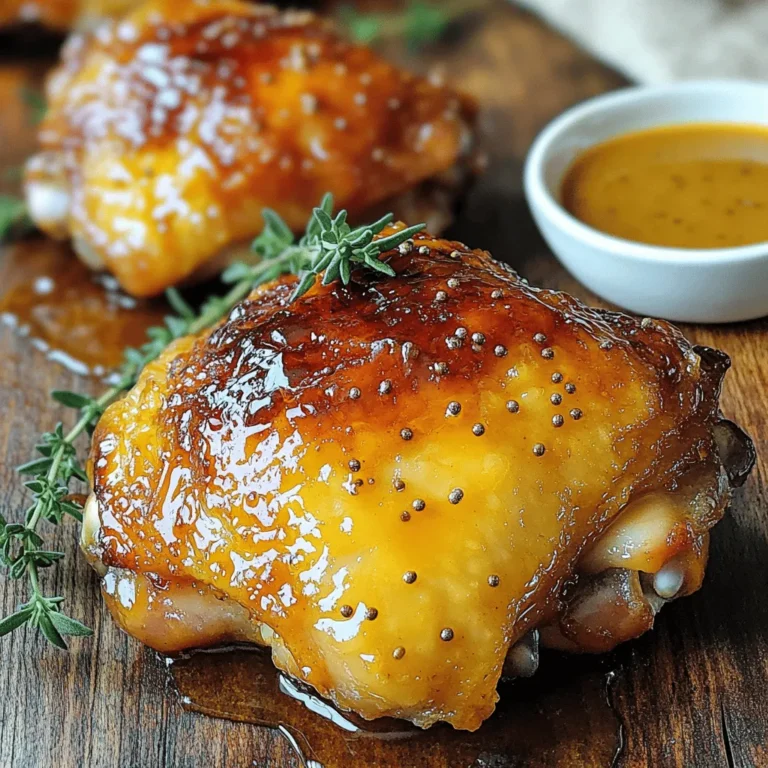 Für das Rezept benötigst du: - 4 Hühnchenschenkel mit Knochen, Haut dran - 60 ml Honig - 60 ml Dijon-Senf - 30 ml Apfelessig - 15 ml Olivenöl - 3 Knoblauchzehen, fein gehackt - 1 Teelöffel geräuchertes Paprikapulver - Salz und Pfeffer nach Geschmack - Frischer Thymian oder Petersilie zur Garnierung Diese Zutaten bieten eine perfekte Mischung aus süßem und scharfem Geschmack. Die Kombination aus Honig und Dijon-Senf macht das Hühnchen besonders lecker. Ich empfehle, frische Kräuter wie Thymian oder Petersilie zu verwenden. Diese Kräuter geben deinem Gericht mehr Geschmack. Frische Kräuter sind oft aromatischer und verleihen dem Essen eine schöne Farbe. Getrocknete Kräuter sind eine gute Option, wenn du keine frischen zur Hand hast, aber sie sind weniger intensiv. Verwende etwa ein Drittel der Menge getrockneter Kräuter im Vergleich zu frischen. Achte beim Kauf von Hühnchenschenkeln auf die Haut. Sie sollte frisch und unbeschädigt sein. Die Farbe des Fleisches sollte rosa sein, ohne dunkle Flecken. Wenn du die Möglichkeit hast, wähle Bio-Hühnchen. Das hat oft besseren Geschmack und ist gesünder. Überprüfe das Haltbarkeitsdatum, um sicherzustellen, dass das Fleisch frisch ist. Zuerst stelle ich die Marinade her. In einer mittelgroßen Schüssel vermische ich diese Zutaten: - 60 ml Honig - 60 ml Dijon-Senf - 30 ml Apfelessig - 15 ml Olivenöl - 3 fein gehackte Knoblauchzehen - 1 Teelöffel geräuchertes Paprikapulver - Salz und Pfeffer nach Geschmack Ich benutze einen Schneebesen, um alles gut zu vermengen. Es sollte eine glatte Marinade entstehen. Diese Mischung sorgt für einen tollen Geschmack. Jetzt kommt das Hühnchen. Ich nehme 4 Hühnchenschenkel mit Haut und Knochen. Diese lege ich in einen großen, wiederverschließbaren Plastikbeutel. Dann gieße ich die Marinade über das Fleisch. Ich achte darauf, dass jeder Schenkel gut bedeckt ist. Den Beutel verschließe ich gut. Ich lege ihn dann für mindestens 1 Stunde in den Kühlschrank. Über Nacht ist besser, da das Hühnchen so mehr Geschmack aufnimmt. Ich heize den Ofen auf 200°C vor. Eine Auflaufform lege ich mit Backpapier aus. Das macht die Reinigung einfach. Ich nehme die marinierten Hühnchenschenkel aus dem Kühlschrank. Sie kommen mit der Hautseite nach oben in die Auflaufform. Ich gieße die restliche Marinade darüber. Jetzt backe ich das Hühnchen 35-40 Minuten im Ofen. Es sollte goldbraun und knusprig sein. Ich prüfe die Innentemperatur. Sie muss 75°C erreichen. Für extra knusprige Haut schalte ich den Grill für 2-3 Minuten ein. Ich bleibe dabei, um ein Verbrennen zu vermeiden. Nach dem Backen lasse ich das Hühnchen 5 Minuten ruhen. Ich garniere es mit frischem Thymian oder Petersilie, bevor ich es serviere. Um die perfekte Marinade zu machen, brauchst du frische Zutaten. Mische Honig und Dijon-Senf gut. Füge Apfelessig und Olivenöl hinzu. Der Essig bringt Frische. Der Knoblauch gibt Geschmack. Die Gewürze machen das Ganze rund. Lass die Marinade gut vermischen, bis sie glatt ist. Eine gute Marinade zieht in das Hühnchen ein. Lass das Hühnchen mindestens eine Stunde oder besser über Nacht marinieren. So wird der Geschmack stark und lecker. Für knusprige Haut ist die Zubereitung wichtig. Backe das Hühnchen im heißen Ofen. 200 Grad Celsius ist perfekt. Die Haut sollte nach oben zeigen. Gieße die restliche Marinade über das Hühnchen. Um die Haut noch knuspriger zu machen, grille das Hühnchen am Ende 2-3 Minuten. Achte darauf, dass es nicht verbrennt. So wird die Haut goldbraun und knusprig. Das macht das Essen noch besser. Ein häufiger Fehler ist zu wenig Marinierzeit. Wenn du das Hühnchen nicht lange genug marinierst, fehlt der Geschmack. Ein weiterer Fehler ist, das Hühnchen im Ofen nicht richtig zu platzieren. Stelle sicher, dass der Platz im Ofen genug Luft hat. Wenn das Hühnchen zu nah an der Wand ist, wird es nicht gleichmäßig gar. Überprüfe die Innentemperatur. Sie sollte 75 Grad Celsius erreichen. So bist du sicher, dass das Hühnchen durch ist. {{image_4}} Du kannst das Rezept für Honig-Senf-Hühnchen ganz leicht anpassen. Probiere verschiedene Gewürze aus. Zum Beispiel schmeckt Kümmel gut. Auch Thymian oder Oregano geben dem Gericht einen neuen Twist. Wenn du es schärfer magst, füge etwas Cayennepfeffer hinzu. Eine Prise Zimt kann auch eine süße Note bringen. Experimentiere mit diesen Gewürzen, um deinen eigenen Geschmack zu finden. Die Wahl der Beilagen macht dein Honig-Senf-Hühnchen noch besser. Ein einfacher grüner Salat passt wunderbar. Auch geröstetes Gemüse ist eine tolle Wahl. Denk an Karotten, Brokkoli oder Paprika. Kartoffelpüree oder Reis sind ebenfalls gute Beilagen. Sie nehmen die köstliche Sauce gut auf. Wenn du etwas mehr Würze magst, probiere Kartoffelsalat mit Senf-Dressing. Du kannst auch andere Fleischsorten nutzen. Lamm oder Schweinefleisch harmonieren gut mit der Marinade. Fisch, wie Lachs, passt ebenfalls. Achte darauf, die Marinierzeit anzupassen. Fisch braucht weniger Zeit, etwa 30 Minuten. Bei Lamm oder Schweinefleisch sind 2-4 Stunden ideal. So bleibt das Fleisch zart und saftig. Du solltest die Reste deines Honig-Senf-Hühnchens schnell aufbewahren. Lasse die Hühnchenschenkel auf Raumtemperatur abkühlen. Danach lege sie in einen luftdichten Behälter. Du kannst sie im Kühlschrank bis zu drei Tage aufbewahren. Achte darauf, dass der Deckel gut schließt. So bleibt das Fleisch frisch und saftig. Wenn du Reste hast, kannst du sie auch einfrieren. Wickele die Hühnchenschenkel fest in Frischhaltefolie ein. Danach lege sie in einen Gefrierbeutel. So bleibt der Geschmack erhalten. Du kannst das Hühnchen bis zu drei Monate im Gefrierfach lagern. Beschrifte den Beutel mit dem Datum. So weißt du immer, wie lange sie schon eingefroren sind. Um die Hühnchenschenkel aufzuwärmen, benutze den Ofen. Heize den Ofen auf 180°C vor. Lege die Hühnchenschenkel in eine Auflaufform. Füge etwas Brühe oder Wasser hinzu, um das Fleisch feucht zu halten. Decke die Form mit Alufolie ab. Lass sie etwa 20 Minuten im Ofen. So bleiben die Hühnchenschenkel schmackhaft und zart. Vermeide die Mikrowelle, da sie das Fleisch austrocknen kann. Ich empfehle, das Hühnchen mindestens eine Stunde zu marinieren. So kann der Geschmack gut einziehen. Wenn du mehr Zeit hast, lasse es über Nacht im Kühlschrank. Das macht das Fleisch noch zarter und geschmackvoller. Ja, diese Marinade passt auch gut zu Schweinefleisch oder Lamm. Du kannst sie genauso verwenden, um verschiedene Fleischsorten zu würzen. Achte nur darauf, die Garzeiten anzupassen. So bleibt dein Fleisch saftig und lecker. Zu Honig-Senf-Hühnchen passen viele Beilagen gut. Hier sind einige Ideen: - Kartoffelpüree: Es ist cremig und ergänzt das Hühnchen. - Gebackenes Gemüse: Brokkoli oder Karotten schmecken toll dazu. - Reis: Ein einfacher Reis rundet das Gericht ab. - Salat: Ein frischer Salat bringt eine knusprige Note. Diese Beilagen sind einfach zuzubereiten und harmonieren perfekt mit dem Hühnchen. Zusammenfassend haben wir die notwendigen Zutaten, die Schritte zur Zubereitung und Tipps zur perfekten Marinade behandelt. Frische Kräuter und die richtige Wahl von Hühnchenschenkeln sind entscheidend. Ich habe auch Variationen vorgestellt und wie man Reste am besten lagert. Die Umsetzung dieser Tipps wird dein Hühnchen großartig machen. Du kannst die Marinade kreativ anpassen und deine Familie beeindrucken. Viel Spaß beim Ausprobieren!