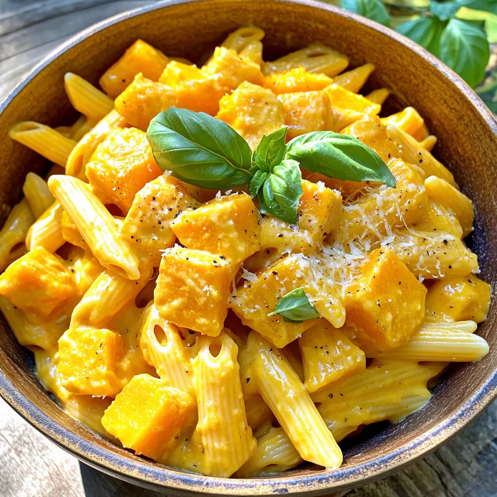 - 2 Tassen Butternut-Kürbis, geschält und gewürfelt - 225 g Pasta (Penne oder Fusilli) - 480 ml Gemüsebrühe Der Butternut-Kürbis ist die Hauptzutat. Er bringt eine süße Note und eine cremige Textur. Wähle frischen Kürbis für den besten Geschmack. Die Pasta, die du wählst, sollte gut die Sauce aufnehmen. Penne oder Fusilli sind ideal. Gemüsebrühe gibt dem Gericht Tiefe und Geschmack. - 1 Esslöffel Olivenöl - 1 kleine Zwiebel, fein gehackt - 3 Knoblauchzehen, zerdrückt - 1 Teelöffel getrockneter Thymian - 1/2 Teelöffel Muskatnuss - Salz und Pfeffer nach Geschmack Olivenöl ist wichtig, um die Zwiebel und den Knoblauch anzubraten. Zwiebel und Knoblauch bieten ein tolles Aroma. Thymian und Muskatnuss bringen einen warmen, herzhaften Geschmack. Du kannst mit Salz und Pfeffer abschmecken, um das Gericht zu perfektionieren. - 240 ml Schlagsahne oder Kokosmilch - 60 g geriebener Parmesan (optional zum Garnieren) - Frische Basilikumblätter zur Dekoration Sahne oder Kokosmilch macht die Sauce reichhaltig und cremig. Parmesan fügt einen salzigen, herzhaften Geschmack hinzu. Frische Basilikumblätter geben Farbe und Frische. Diese Zutaten sind nicht nötig, aber sie machen das Gericht noch besser. Zuerst musst du den Butternut-Kürbis schälen und in kleine Würfel schneiden. Ein scharfes Messer hilft dir dabei. Die Stücke sollten gleich groß sein, damit sie gleichmäßig garen. Jetzt hacke die Zwiebel und den Knoblauch. Du kannst eine Küchenmaschine benutzen, um es schneller zu machen. Diese beiden Zutaten geben später viel Geschmack. In einem großen Topf erhitze das Olivenöl bei mittlerer Hitze. Gib die Zwiebel hinzu und brate sie für etwa 3 bis 5 Minuten. Sie sollte glasig werden. Jetzt kommt der Knoblauch und der gewürfelte Butternut-Kürbis in den Topf. Rühre alles gut um und garen es für weitere 5 Minuten. Füge jetzt die Gemüsebrühe hinzu und bringe alles zum Kochen. Wenn die Brühe kocht, gib die Pasta, den getrockneten Thymian, die Muskatnuss sowie Salz und Pfeffer dazu. Reduziere die Hitze und decke den Topf ab. Lass die Mischung 12 bis 15 Minuten köcheln, bis die Pasta gar und der Kürbis zart ist. Rühre gelegentlich um, damit nichts anbrannt. Wenn die Pasta gar ist, rühre die Schlagsahne oder Kokosmilch ein. Lass das Gericht für weitere 3 bis 4 Minuten köcheln. Die Sauce sollte leicht eindicken und schön cremig werden. Jetzt schmecke das Gericht ab und passe die Würze nach Bedarf an. Wenn du magst, streue geriebenen Parmesan darüber. Das gibt zusätzlichen Geschmack. Lass die Pasta einige Minuten ruhen, bevor du sie servierst. - Den richtigen Gargrad der Pasta: Achte darauf, die Pasta al dente zu kochen. Sie soll weich, aber noch einen leichten Biss haben. So bleibt die Textur im Gericht spannend. - Verwendung von frisch geriebenem Parmesan: Frisch geriebener Parmesan bringt mehr Geschmack als der fertige aus der Packung. Er schmilzt besser und sorgt für eine cremigere Sauce. - Tipps zum Vermeiden von Anbrennen: Rühre die Mischung regelmäßig um, während die Pasta kocht. So verhinderst du, dass sie am Boden des Topfes kleben bleibt. - Wie man die Sauce perfekt eindickt: Lass die Sauce nach dem Hinzufügen der Sahne oder Kokosmilch einige Minuten köcheln. Dadurch wird sie schön cremig und dickflüssig, was das Gericht aufwertet. - Anrichten der Pasta: Serviere die Pasta in tiefen Schalen. So bleibt die Sauce gut verteilt und das Gericht sieht einladend aus. - Garnierungen für einen ansprechenden Look: Frische Basilikumblätter und ein Hauch Parmesan geben dem Gericht Farbe und Frische. Ein kleiner Schuss Olivenöl rundet das Bild perfekt ab. {{image_4}} Wenn du eine vegane Version machen möchtest, kannst du pflanzliche Sahne verwenden. Kokosmilch ist eine gute Wahl. Sie gibt der Pasta einen tollen Geschmack. Parmesan kannst du einfach weglassen. Stattdessen kannst du Hefeflocken nutzen. Sie geben einen käsigen Geschmack ohne Milch. Für glutenfreie Pasta gibt es viele Alternativen. Reisnudeln oder Linsenpasta sind großartige Optionen. Achte darauf, dass auch die Gemüsebrühe glutenfrei ist. Das ist wichtig, um dein Gericht wirklich glutenfrei zu halten. Du kannst das Rezept kreativ anpassen. Füge Blattgemüse wie Spinat oder Grünkohl hinzu. Sie geben eine schöne Farbe und sind gesund. Nüsse wie Walnüsse oder Pinienkerne passen ebenfalls gut. Sie bieten einen tollen Crunch und zusätzlichen Geschmack. Verschiedene Kräuter wie Petersilie oder Oregano können das Gericht noch weiter verfeinern. Experimentiere mit dem, was du magst! Um die restliche Pasta richtig zu lagern, fülle sie in einen luftdichten Behälter. Das schützt vor Gerüchen und hält die Pasta frisch. Stelle den Behälter in den Kühlschrank. Dort bleibt sie bis zu drei Tage haltbar. Achte darauf, die Pasta gut abkühlen zu lassen, bevor du sie verpackst. Die beste Methode zum Aufwärmen der Pasta ist die Mikrowelle oder der Herd. Bei der Mikrowelle stelle die Leistung auf mittel. Erhitze die Pasta in kurzen Intervallen. Rühre zwischendurch um, um ein gleichmäßiges Aufwärmen zu erreichen. Beim Herd solltest du die Pasta in einer Pfanne mit etwas Wasser oder Brühe erhitzen. So bleibt sie cremig und wird nicht trocken. Achte darauf, die Hitze niedrig zu halten. So vermeidest du Überkochen und die Sauce bleibt schön. Um die Pasta einzufrieren, lasse sie zuerst vollständig abkühlen. Fülle sie dann in einen gefrierfesten Behälter oder in Gefrierbeutel. Achte darauf, die Luft gut herauszudrücken, bevor du sie verschließt. So bleibt die Pasta bis zu drei Monate frisch. Zum Auftauen lege die gefrorene Pasta in den Kühlschrank. Lass sie dort über Nacht auftauen. Du kannst sie dann wie gewohnt aufwärmen. Die Zubereitung dauert insgesamt 30 Minuten. Die Vorbereitungszeit beträgt etwa 10 Minuten. In dieser Zeit schälst du den Butternut-Kürbis und hackst die Zwiebel und den Knoblauch. Danach kochst du alles in einem großen Topf. Die Kochzeit für die Pasta und den Kürbis beläuft sich auf 12 bis 15 Minuten. So hast du schnell ein leckeres Gericht auf dem Tisch! Ja, du kannst andere Gemüsesorten nutzen! Zucchini oder Spinat passen gut dazu. Auch Erbsen oder Karotten sind tolle Ergänzungen. Wenn du mehr Geschmack möchtest, probiere geröstete Paprika oder Pilze. Diese Zutaten bringen Farbe und zusätzliche Nährstoffe in dein Gericht. Achte darauf, die Garzeiten anzupassen, damit alles gleichmäßig gart. Ja, das Rezept lässt sich ganz einfach vegan anpassen. Ersetze die Schlagsahne durch Kokosmilch oder eine pflanzliche Sahne. Du kannst den Parmesan auch weglassen oder durch einen veganen Käse ersetzen. So bleibt der Geschmack toll und das Gericht ist veganfreundlich. Es ist eine leckere Option für alle, die auf tierische Produkte verzichten möchten. Die Zubereitung der cremigen Butternut-Kürbis-Pasta ist einfach und schmackhaft. Wir haben die Hauptzutaten, die Zubereitung und Variationen besprochen. Die Tipps helfen dir, das Gericht zu perfektionieren, und die Lagerung sorgt dafür, dass du Reste genießen kannst. Experimentiere mit verschiedenen Zutaten, um deinen Geschmack zu treffen. Diese Pasta ist eine tolle Ergänzung für jede Mahlzeit und lässt sich leicht anpassen. Ich hoffe, du genießt sie bald und findest deine eigene perfekte Variante!