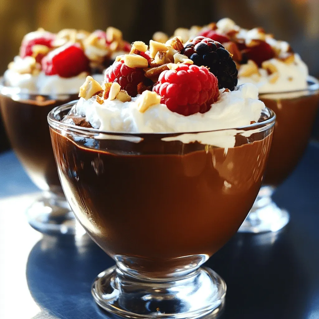 Für die Protein Dark Chocolate Pudding Cups brauchst du einige einfache Zutaten. Diese sind: - 240 ml ungesüßte Mandelmilch (oder jede Milch nach Wahl) - 120 g griechischer Joghurt - 40 g ungesüßtes Kakaopulver - 60 ml Honig oder Ahornsirup - 1 Messlöffel Schokoladen-Protein-Pulver - 1 Teelöffel Vanilleextrakt - Eine Prise Salz Diese Zutaten liefern eine cremige, schokoladige Basis. Die Mandelmilch macht den Pudding leicht und die Proteinquelle ist der Joghurt und das Protein-Pulver. Um deinen Pudding noch besser zu machen, kannst du einige Toppings hinzufügen. Hier sind einige Vorschläge: - Geschlagene Kokoscreme - Frische Beeren - Gehackte Nüsse Diese Toppings bringen frische und Textur in das Dessert. Du kannst sie nach Belieben verwenden. Die Nährwerte sind wichtig, wenn du gesund essen möchtest. Hier sind einige Werte der Hauptzutaten: - Mandelmilch: wenig Kalorien, reich an Vitaminen. - Griechischer Joghurt: viel Eiweiß und wenig Zucker. - Kakaopulver: voller Antioxidantien und wenig Kalorien. - Honig oder Ahornsirup: natürliche Süße mit Nährstoffen. - Protein-Pulver: zusätzliche Eiweißquelle für deine Muskeln. Diese Zutaten kombinieren sich gut für ein gesundes Dessert. Du bekommst Geschmack und Nährstoffe in einem. Zuerst nimmst du eine mittelgroße Schüssel. Füge 240 ml ungesüßte Mandelmilch, 120 g griechischen Joghurt und 60 ml Honig oder Ahornsirup hinzu. Rühre alles mit einem Schneebesen gut um. Du willst eine glatte und gleichmäßige Mischung. Danach gib 40 g ungesüßtes Kakaopulver, 1 Messlöffel Schokoladen-Protein-Pulver, 1 Teelöffel Vanilleextrakt und eine Prise Salz dazu. Rühre weiter, bis alles cremig ist. Jetzt ist es Zeit, die Mischung zu probieren. Schmeckt sie gut? Wenn du mehr Süße magst, füge etwas mehr Honig oder Ahornsirup hinzu. Rühre erneut, bis die Süße deinen Wünschen entspricht. Du kannst die Konsistenz auch anpassen. Wenn der Pudding zu dick ist, füge etwas mehr Mandelmilch hinzu. Wenn er zu dünn ist, kannst du mehr Protein-Pulver nutzen. Sobald die Mischung perfekt ist, teile sie gleichmäßig auf kleine Servierbecher auf. Decke die Becher mit Frischhaltefolie ab. Stelle sie für mindestens 1-2 Stunden in den Kühlschrank. So wird der Pudding fest und lecker. Nach dem Kühlen kannst du die Becher servieren. Füge nach Wunsch Toppings wie geschlagene Kokoscreme, frische Beeren oder Nüsse hinzu. Genieße deinen Protein Dark Chocolate Pudding! Um den perfekten Protein Dark Chocolate Pudding zu machen, gibt es ein paar Tricks. Achte darauf, die Zutaten gut zu mischen. Wenn du die Mandelmilch und den Joghurt kombinierst, rühre gründlich. Klumpen können den Pudding unappetitlich machen. Füge das Kakaopulver und das Proteinpulver langsam hinzu. So vermischt sich alles gleichmäßig. Wenn du zu schnell rührst, kann es spritzen und machen eine Sauerei. Verwende einen Schneebesen, um eine glatte Textur zu erreichen. Die Kühlzeit ist sehr wichtig für die richtige Konsistenz. Stelle die Becher in den Kühlschrank für mindestens 1 bis 2 Stunden. Wenn du mehr Zeit hast, lasse sie länger kühlen. Ein längeres Kühlen macht den Pudding noch fester und cremiger. Überprüfe die Konsistenz nach der Kühlzeit. Wenn du ihn lieber etwas weicher magst, kannst du ihn kürzer kühlen. Das Rezept ist sehr anpassbar. Magst du es süßer? Füge mehr Honig oder Ahornsirup hinzu. Du kannst verschiedene Milchkategorien verwenden. Soja- oder Kokosmilch sind gute Alternativen. Für einen nussigen Geschmack kannst du Erdnussbutter oder Mandelbutter einrühren. Möchtest du etwas mehr Frucht? Füge pürierte Banane oder Avocado hinzu. Diese Zutaten machen den Pudding noch gesünder und leckerer. {{image_4}} Wenn du eine vegane Variante von Protein Dark Chocolate Pudding Cups machen möchtest, ist das ganz einfach. Ersetze den griechischen Joghurt durch eine pflanzliche Alternative. Du kannst zum Beispiel Kokosjoghurt oder Sojajoghurt verwenden. Diese Optionen bieten eine cremige Textur und einen tollen Geschmack. Auch die Milch kannst du durch ungesüßte Mandelmilch oder Hafermilch ersetzen. Beide sind super für den veganen Pudding. Es gibt viele Arten von Proteinpulver, die du nutzen kannst. Wenn du kein Schokoladen-Protein-Pulver magst, probiere Vanille- oder Erbsenprotein. Vanille gibt dem Pudding eine süße Note, während Erbsenprotein einen neutralen Geschmack hat. So kannst du den Pudding nach deinem Geschmack anpassen. Achte darauf, das Proteinpulver gut mit den anderen Zutaten zu vermischen, damit der Pudding schön cremig bleibt. Die Süße ist wichtig für den Geschmack. Du kannst Honig oder Ahornsirup verwenden, aber auch andere Süßungsmittel ausprobieren. Agavendicksaft oder Kokosblütenzucker sind gute Alternativen. Wenn du es wirklich zuckerfrei magst, sind Stevia oder Erythrit tolle Optionen. Probiere verschiedene Mengen aus, um die perfekte Süße für deinen Pudding zu finden. Die Pudding-Becher sollten immer im Kühlschrank gelagert werden. Decke sie gut ab. So bleibt der Pudding frisch und lecker. Du kannst Frischhaltefolie oder einen Deckel verwenden. Es ist wichtig, die Becher vor Licht und Luft zu schützen. Dies hilft, den Geschmack zu bewahren. Die Pudding-Becher halten sich im Kühlschrank etwa 3 bis 5 Tage. Achte darauf, sie vor dem Essen zu überprüfen. Wenn sie schlecht riechen oder die Textur sich verändert, wirf sie weg. Es ist am besten, sie frisch zu genießen. So schmecken sie am besten! Du kannst die Pudding-Becher auch einfrieren. Fülle sie in luftdichte Behälter oder Gefrierbeutel. Achte darauf, etwas Platz zu lassen, da sie beim Gefrieren wachsen. Im Gefrierfach halten sie bis zu 2 Monate. Um den Pudding zu genießen, lasse ihn einfach im Kühlschrank auftauen. So bleibt der Geschmack erhalten! Die Pudding-Becher sind bis zu fünf Tage haltbar. Bewahre sie im Kühlschrank auf. Achte darauf, dass sie gut abgedeckt sind. So bleibt der Geschmack frisch und lecker. Wenn du sie länger aufbewahren möchtest, ist das nicht zu empfehlen. Der Geschmack kann sich verändern. Ja, du kannst das Rezept ohne Proteinpulver machen. Der Pudding wird dann weniger proteinreich sein. Er bleibt aber trotzdem lecker und cremig. Du kannst etwas mehr Kakaopulver hinzufügen, um den Geschmack zu verstärken. Achte auch darauf, die Süße nach deinem Geschmack anzupassen. Für das Topping gibt es viele tolle Ideen. Du kannst geschlagene Kokoscreme verwenden. Sie macht den Pudding noch cremiger. Frische Beeren sind auch eine gute Wahl. Sie bringen Frische und Farbe. Nüsse geben einen knackigen Biss. Probiere, was dir am besten schmeckt! In diesem Artikel haben wir die besten Zutaten und Schritte für eure Pudding-Becher besprochen. Wir haben Tipps gegeben, um Fehler zu vermeiden und das Rezept anzupassen. Ihr könnt auch vegane und proteinreiche Varianten ausprobieren. Denkt daran, wie ihr die Pudding-Becher lagert, um die Haltbarkeit zu verlängern. Am Ende ist es wichtig, kreativ zu sein und euren eigenen Geschmack zu finden. Viel Spaß beim Ausprobieren und Genießen dieser leckeren Desserts!