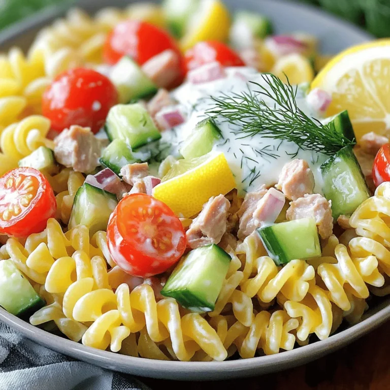 Für einen leckeren Zitronen-Dill Thunfisch-Pasta-Salat brauchst du die folgenden Hauptzutaten: - 225 g Rotini-Pasta - 1 Dose (140 g) Thunfisch in Wasser, abgetropft - 1 Tasse Kirschtomaten, halbiert - 1/2 Gurke, gewürfelt - 1/4 rote Zwiebel, fein gehackt Diese Zutaten sorgen für einen frischen und nahrhaften Salat. Die Rotini-Pasta gibt der Mischung eine schöne Form. Der Thunfisch bringt viel Protein mit, während die Kirschtomaten und Gurken eine knackige Textur bieten. Für das Dressing und die Gewürze benötigst du: - 60 g griechischer Joghurt - 2 Esslöffel Mayonnaise - 2 Esslöffel frischer Dill, gehackt - 1 Esslöffel Zitronensaft - Salz und Pfeffer nach Geschmack - 1 Esslöffel Olivenöl (optional) Das Dressing bringt Cremigkeit und Geschmack in den Salat. Der frische Dill und der Zitronensaft geben einen tollen, frischen Kick. Du kannst den Salat auch nach deinem Geschmack anpassen. Hier sind einige optionale Zutaten: - Paprika für eine süße Note - Avocado für Cremigkeit - Sellerie für mehr Crunch Diese Zutaten können dem Salat eine neue Dimension verleihen. Experimentiere mit dem, was dir gefällt, und finde deine perfekte Mischung! Koche zuerst 225 g Rotini-Pasta in einem großen Topf. Fülle den Topf mit Wasser und füge eine Prise Salz hinzu. Erhitze das Wasser, bis es kocht. Gib dann die Pasta hinein und koche sie nach Packungsanweisung. Achte darauf, dass die Pasta al dente bleibt. Nach dem Kochen gieße die Pasta ab und spüle sie unter kaltem Wasser ab. So stoppst du den Kochprozess und die Pasta kühlt schnell ab. Nimm eine große Schüssel und füge die abgetropfte Dose Thunfisch hinzu. Dazu kommen 1 Tasse halbierte Kirschtomaten, 1/2 gewürfelte Gurke und 1/4 fein gehackte rote Zwiebel. Mische alles gut. Diese Mischung bringt Frische und Farbe in den Salat. Sie ist einfach, aber lecker. In einer kleinen Schüssel verrührst du 60 g griechischen Joghurt, 2 Esslöffel Mayonnaise, 2 Esslöffel frischen Dill und 1 Esslöffel Zitronensaft. Falls gewünscht, füge 1 Esslöffel Olivenöl hinzu. Rühre alles gut um, bis es eine glatte Mischung ergibt. Gib die abgekühlte Pasta zu der Thunfischmischung. Gieße das Dressing darüber und vermenge alles vorsichtig. Schmecke den Salat mit Salz und Pfeffer ab. Lass ihn 10 Minuten im Kühlschrank ruhen, damit die Aromen sich verbinden. Für die beste Konsistenz musst du die Rotini-Pasta al dente kochen. Das bedeutet, dass sie noch einen leichten Biss haben sollte. Nach dem Kochen spülst du die Pasta mit kaltem Wasser ab. So stoppst du den Kochprozess und verhinderst, dass die Pasta matschig wird. Wenn du die Pasta zu lange kochst, wird der Salat später schwer und ungenießbar. Um den Geschmack zu verfeinern, achte auf die Menge von Dill und Zitronensaft. Frischer Dill bringt eine schöne Note. Du kannst auch mehr hinzufügen, wenn du es magst. Zitronensaft sorgt für Frische; ein Spritzer mehr kann Wunder wirken. Bei Bedarf kannst du auch etwas Knoblauchpulver oder Paprika hinzufügen, um eine neue Dimension des Geschmacks zu erhalten. Die Präsentation spielt eine große Rolle. Teile den Salat in individuelle Schalen auf. Das sieht nicht nur gut aus, es erleichtert auch das Servieren. Garniere jede Schale mit einem Dillzweig und einer Zitronenscheibe. So erhältst du ein frisches und einladendes Aussehen. Ein wenig Olivenöl als Finish kann auch helfen, den Salat noch attraktiver zu machen. {{image_4}} Du kannst den Thunfisch leicht ersetzen. Verwende statt Thunfisch Kichererbsen. Mische sie einfach mit den anderen Zutaten. Diese Bohnen bringen einen tollen Biss. Füge auch etwas Feta-Käse hinzu. Dieser macht den Salat cremiger und gibt mehr Geschmack. Um eine glutenfreie Variante zu machen, wähle glutenfreie Pasta. Es gibt viele Sorten im Handel. Achte darauf, dass die anderen Zutaten auch glutenfrei sind. So bleibt dein Salat sicher für alle. Du kannst weitere Zutaten hinzufügen, um den Geschmack zu verbessern. Probiere Oliven oder Avocado. Diese sorgen für eine cremige Textur. Auch etwas Paprika bringt frische Farbe und Geschmack. Frische Kräuter wie Petersilie oder Schnittlauch passen auch gut. Sie machen den Salat noch aromatischer. Du kannst den Zitronen-Dill Thunfisch-Pasta-Salat im Kühlschrank aufbewahren. Wenn du ihn in einem luftdichten Behälter lagerst, bleibt er frisch. Ideal ist es, den Salat innerhalb von drei bis vier Tagen zu essen. Die Aromen ziehen in dieser Zeit gut durch. Es ist nicht ratsam, diesen Salat einzufrieren. Die Textur der Pasta und der frischen Zutaten verändert sich. Das Einfrieren kann die Gurken und Tomaten matschig machen. Wenn du Reste hast, genieße sie besser frisch. Da der Salat kalt serviert wird, brauchst du ihn nicht wieder zu erhitzen. Wenn du ihn jedoch etwas aufwärmen möchtest, füge einfach ein wenig Olivenöl und frischen Dill hinzu. Das belebt die Aromen und macht ihn wieder frisch. Der Zitronen-Dill Thunfisch-Pasta-Salat hält sich gut im Kühlschrank. Du kannst ihn bis zu drei Tage aufbewahren. Achte darauf, ihn in einem luftdichten Behälter zu lagern. Nach dieser Zeit kann die Pasta weich und die Aromen weniger frisch sein. Ja, du kannst die Pasta im Voraus kochen. Koche die Rotini-Pasta und lasse sie abkühlen. Bewahre sie dann in einem Behälter im Kühlschrank auf. So sparst du Zeit, wenn du den Salat zubereitest. Achte darauf, die Pasta mit etwas Öl zu vermengen, um ein Verkleben zu verhindern. Zu diesem leichten Salat passen viele Beilagen. Du kannst einen frischen grünen Salat servieren. Auch knuspriges Baguette oder Pita sind eine tolle Wahl. Für einen zusätzlichen Kick empfehle ich gegrilltes Gemüse oder eine herzhafte Suppe. Dieser Blogbeitrag hat die wichtigsten Zutaten und Schritte für einen leckeren Salat behandelt. Ich habe Optionen für Variationen und Aufbewahrung geteilt. Mit diesen Tipps können Sie Ihren Salat perfekt zubereiten und präsentieren. Denken Sie daran, Ihre eigenen Zutaten auszuprobieren und Spaß zu haben. So wird jedes Gericht zu etwas Besonderem. Guten Appetit!