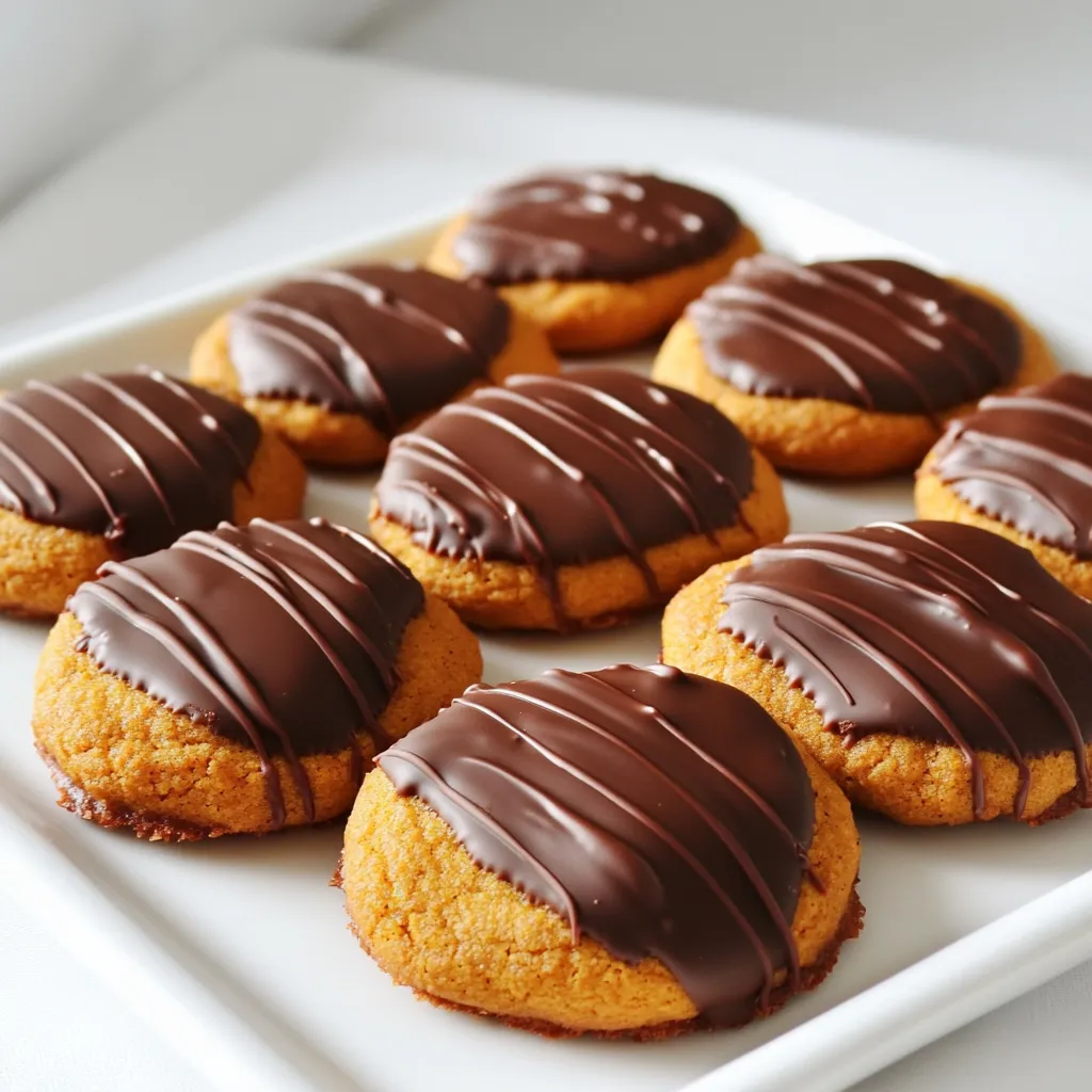 Für diese köstlichen Kekse brauchst du: - 1 Tasse Kürbispüree - 1 Tasse brauner Zucker - 1/2 Tasse weißer Zucker - 1/2 Tasse ungesalzene Butter, weich - 1 großes Ei - 1 Teelöffel Vanilleextrakt - 2 Tassen Weizenmehl - 1 Teelöffel Natron - 1 Teelöffel Backpulver - 1 Teelöffel gemahlener Zimt - 1/2 Teelöffel gemahlene Muskatnuss - 1/2 Teelöffel gemahlener Ingwer - 1/4 Teelöffel Salz - 1 Tasse Zartbitterschokoladenstückchen - 1 Esslöffel Kokosöl oder Pflanzenöl Diese Zutaten sind wichtig. Sie geben den Keksen ihren tollen Geschmack und die weiche Konsistenz. Kürbispüree sorgt für Feuchtigkeit und Geschmack. Zimt und Muskatnuss bringen Wärme, ideal für den Herbst. Für die Dekoration der Kekse kannst du verwenden: - Übrig gebliebene geschmolzene Schokolade - Meersalz für den besonderen Kick Die zusätzliche Schokolade macht die Kekse noch leckerer. Ein Hauch von Meersalz gibt einen tollen Kontrast zum süßen Geschmack. Achte beim Einkaufen auf hochwertige Zutaten: - Kürbispüree: Kaufe reines Püree ohne Zusätze. - Zucker: Brauner Zucker sollte feucht und klumpig sein. - Schokolade: Wähle Zartbitterschokolade mit mindestens 60% Kakaoanteil. Hochwertige Zutaten machen einen großen Unterschied. Sie sorgen dafür, dass deine Kekse nicht nur gut schmecken, sondern auch gut aussehen. Heize deinen Ofen auf 175 °C vor. Das ist wichtig, damit die Kekse gleichmäßig backen. Lege ein Backblech mit Backpapier aus. So kleben die Kekse nicht fest. Nimm eine große Schüssel. Gib das Kürbispüree, den braunen Zucker und den weißen Zucker hinein. Mische die Zutaten gut, bis sie eine glatte Masse bilden. Das Kürbispüree gibt den Keksen Feuchtigkeit und Geschmack. In einer separaten Schüssel vermenge das Mehl, Natron, Backpulver, Zimt, Muskatnuss, Ingwer und Salz. Rühre die trockenen Zutaten gut durch. Dann füge sie langsam zur Kürbismischung hinzu. Rühre nur, bis alles gerade vermischt ist. Übermixen macht die Kekse hart. Nutze einen Esslöffel oder Keksteiler, um Portionen Teig auf das Backblech zu setzen. Lass genug Platz zwischen den Keksen, da sie beim Backen auseinanderlaufen. Backe die Kekse 12-15 Minuten. Sie sollten leicht gebräunt und fest sein. Lass sie fünf Minuten auf dem Blech abkühlen, bevor du sie auf ein Gitter legst. Während die Kekse abkühlen, schmelze die Zartbitterschokoladenstückchen mit dem Kokosöl in der Mikrowelle. Erhitze die Mischung in 30-Sekunden-Intervallen und rühre zwischendurch. Sobald die Schokolade glatt ist, tauche die Oberseite der Kekse hinein. Lass die überschüssige Schokolade abtropfen. Lege die getauchten Kekse wieder auf das Backpapier. Lass die Schokolade bei Raumtemperatur fest werden. Du kannst die Kekse auch kurz in den Kühlschrank stellen, um den Vorgang zu beschleunigen. Serviere die Kekse auf einem schönen Teller, vielleicht mit etwas geschmolzener Schokolade darüber. Ein Hauch von Meersalz bringt einen tollen Kontrast. Um die besten Kekse zu backen, heize deinen Ofen auf 175 °C vor. Das sorgt für eine gleichmäßige Hitze. Backe die Kekse für 12 bis 15 Minuten. Sie sollten leicht gebräunt sein. Achte darauf, dass sie fest, aber nicht hart sind. Wenn du sie zu lange backst, werden sie trocken. Ein häufiger Fehler ist, den Teig zu lange zu mischen. Mische nur so lange, bis alles gut vermengt ist. Ein anderer Fehler ist, die Kekse zu nah beieinander zu setzen. Lass genug Platz zwischen ihnen, damit sie beim Backen auseinanderlaufen können. Wenn du das Kürbispüree selbst machst, achte darauf, dass es gut abgetropft ist. Zu viel Flüssigkeit kann die Konsistenz der Kekse beeinträchtigen. Um die Kekse schön zu präsentieren, serviere sie auf einem dekorativen Teller. Du kannst die übrig gebliebene geschmolzene Schokolade kunstvoll über die Kekse träufeln. Ein Hauch von Meersalz über der Schokolade gibt einen tollen Kontrast. Du kannst auch Nüsse oder Streusel hinzufügen. So wirken die Kekse noch ansprechender. {{image_4}} Um diese Kekse glutenfrei zu machen, tauschen Sie das Weizenmehl aus. Verwenden Sie stattdessen eine Mischung aus glutenfreiem Mehl. Achten Sie darauf, dass Ihre anderen Zutaten ebenfalls glutenfrei sind. Diese Anpassung macht die Kekse für alle zugänglich. Sie schmecken immer noch lecker. Die Schokolade ist der Star dieser Kekse. Aber Sie können variieren! Verwenden Sie Vollmilchschokolade oder weiße Schokolade. Dunkle Schokolade hat einen starken Geschmack. Weiße Schokolade bringt Süße. Beide Optionen schmecken toll. Experimentieren Sie mit verschiedenen Schokoladensorten, um Ihren Favoriten zu finden. Fügen Sie Nüsse oder getrocknete Cranberries hinzu, um den Keksen mehr Textur und Geschmack zu geben. Walnüsse oder Pekannüsse passen gut. Cranberries bringen eine fruchtige Note. Mischen Sie diese Zutaten einfach unter den Teig. Sie machen die Kekse noch interessanter und leckerer! Um frisch gebackene Kekse richtig zu lagern, lege sie in einen luftdichten Behälter. Ich empfehle, sie bei Raumtemperatur zu lagern. So bleiben sie weich und lecker. Wenn du die Kekse in den Kühlschrank legst, werden sie hart. Wenn du sie länger aufbewahren möchtest, kannst du sie auch einfrieren. Um die Kekse einzufrieren, lasse sie zuerst ganz abkühlen. Lege sie dann in einen geeigneten Gefrierbehälter. Ich rate dir, die Kekse mit Backpapier zwischen den Schichten zu trennen. So kleben sie nicht zusammen. Du kannst die Kekse bis zu drei Monate im Gefrierfach lagern. Zum Auftauen lege sie einfach bei Zimmertemperatur auf einen Teller. Die Haltbarkeit der Schokoladengetauchten Kürbiskekse beträgt bei richtiger Lagerung etwa eine Woche. Wenn du sie kühl und trocken hältst, bleiben sie frisch. Achte darauf, dass du keine feuchten Hände verwendest, wenn du die Kekse anfasst. Das kann ihre Haltbarkeit beeinträchtigen. Die Schokoladengetauchten Kürbiskekse halten sich bis zu einer Woche. Bewahren Sie sie in einem luftdichten Behälter auf. So bleiben sie frisch und lecker. Wenn Sie sie länger aufbewahren möchten, können Sie sie einfrieren. In einem Gefrierbeutel halten sie bis zu drei Monate. Ja, Sie können Kürbispüree leicht selbst machen. Nehmen Sie einen kleinen Kürbis, schneiden Sie ihn auf und entfernen Sie die Kerne. Backen Sie die Hälften bei 180 °C für etwa 45 Minuten. Dann löffeln Sie das Fruchtfleisch heraus und pürieren es glatt. Selbstgemachtes Kürbispüree schmeckt frisch und intensiv. Kekse können auseinanderlaufen, wenn der Teig zu heiß ist oder nicht genug gekühlt wurde. Achten Sie darauf, dass die Butter weich, aber nicht geschmolzen ist. Formieren Sie die Kekse und stellen Sie sie für 15 Minuten in den Kühlschrank. So bleiben sie in Form und laufen nicht auseinander. Für das Dippen empfehle ich Zartbitterschokolade. Sie hat einen tollen Geschmack und passt gut zu Kürbis. Sie können auch Milchschokolade oder weiße Schokolade verwenden, je nach Vorliebe. Achten Sie darauf, eine hochwertige Schokolade zu wählen, um das beste Ergebnis zu erzielen. Zusammenfassend haben wir die Hauptzutaten für schokoladengetauchte Kürbiskekse und wichtige Tipps besprochen. Ich erklärte die Schritt-für-Schritt-Anleitung zum Backen und Dekorieren. Außerdem bieten die Variationen für jeden Geschmack etwas. Richtige Lagerung sichert die Frische. Denken Sie daran, das Kürbispüree selbst zu machen, um den besten Geschmack zu erzielen. Diese Kekse sind einfach lecker und ein toller Snack für jede Gelegenheit. Bereiten Sie Ihre eigenen zu und genießen Sie die Freude des Backens!