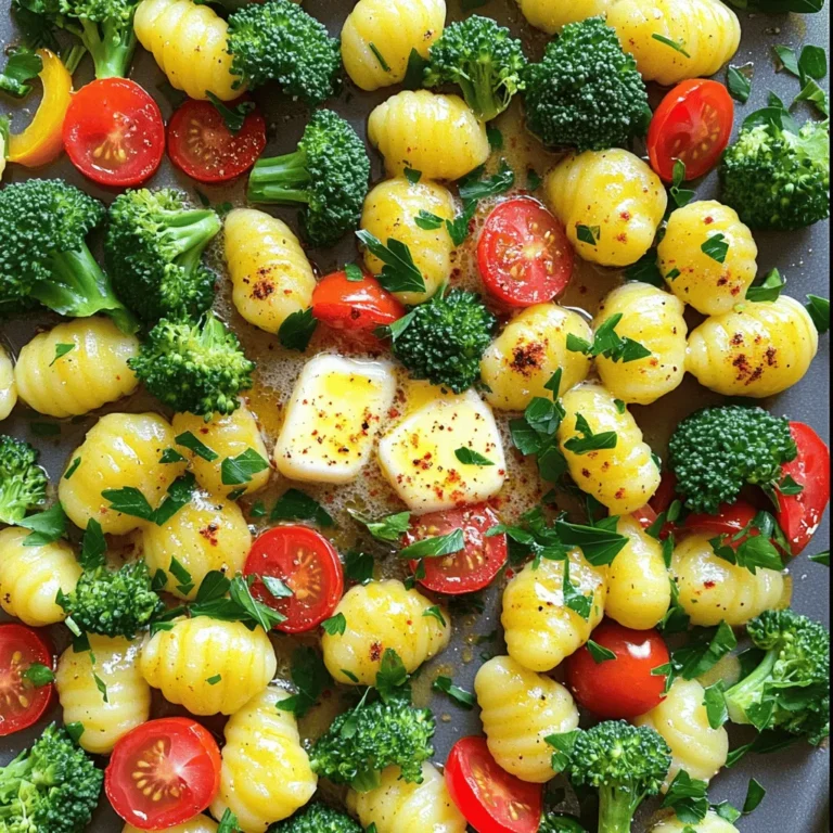 - 1 Paket (450 g) Gnocchi (fertig gekauft oder selbstgemacht) - 2 Tassen Brokkoliröschen - 1 rote Paprika, in Scheiben geschnitten - 1 Tasse halbierte Kirschtomaten Die Auswahl der Hauptzutaten ist entscheidend. Gnocchi sind weich und nehmen die Aromen gut auf. Brokkoli bringt eine schöne Textur und Farbe. Rote Paprika bietet Süße, während Kirschtomaten Frische hinzufügen. - 4 Esslöffel ungesalzene Butter, geschmolzen - 4 Knoblauchzehen, fein gehackt - 1 Teelöffel getrockneten Oregano - 1 Teelöffel Paprika - Salz und Pfeffer nach Geschmack Die Knoblauchbutter ist der Star dieses Gerichts. Sie sorgt für einen reichhaltigen Geschmack. Oregano und Paprika bringen zusätzliche Tiefe. Salz und Pfeffer runden alles ab. Diese Gewürze sind einfach, aber sehr effektiv. 1. Ofen vorheizen und Backblech vorbereiten: Heize deinen Ofen auf 220°C vor. Lege ein großes Backblech mit Backpapier aus. Das hilft beim Reinigen später. 2. Knoblauchbutter-Mischung zubereiten: In einer kleinen Schüssel mische die geschmolzene Butter mit dem fein gehackten Knoblauch, Oregano, Paprika, Salz und Pfeffer. Rühre gut um, bis alles vermischt ist. 3. Gnocchi und Gemüse vermengen: Nimm eine große Rührschüssel. Gib die Gnocchi, Brokkoliröschen, rote Paprika und Kirschtomaten hinein. Gieße die Knoblauchbutter darüber. Mische alles gut, damit die Gnocchi und das Gemüse gleichmäßig bedeckt sind. 1. Auf dem Backblech verteilen: Verteile die Mischung gleichmäßig in einer einzigen Schicht auf dem Backblech. So garen alles gleichmäßig. 2. Backzeit und Temperatur: Backe die Gnocchi und das Gemüse für 20 bis 25 Minuten. Rühre die Mischung einmal während des Backens um. Sie sind fertig, wenn die Gnocchi goldbraun und das Gemüse zart ist. Nimm das Blech aus dem Ofen und lasse es kurz abkühlen. Garniere das Gericht mit frischer Petersilie. Verwendung von frischen vs. gefrorenen Gnocchi Ich empfehle, frische Gnocchi zu verwenden, wenn möglich. Sie haben einen tollen Geschmack und eine weichere Textur. Gefrorene Gnocchi sind jedoch praktisch und einfach. Sie sind auch schnell zubereitet. Wenn Sie gefrorene Gnocchi nutzen, kochen Sie sie zuerst einige Minuten in Wasser. So werden sie zarter. Hinweise zur Garzeit Die Garzeit ist wichtig. Backen Sie die Gnocchi und das Gemüse bei 220°C für 20 bis 25 Minuten. Rühren Sie alles einmal um, damit es gleichmäßig bräunt. Achten Sie darauf, dass die Gnocchi goldbraun sind und das Gemüse zart wird. Weitere Gemüsesorten hinzufügen Fühlen Sie sich frei, mehr Gemüse hinzuzufügen! Zucchini, Karotten oder grüne Bohnen passen gut. Das macht das Gericht bunter und nahrhafter. Experimentieren Sie mit verschiedenen Sorten, um Ihren eigenen Geschmack zu finden. Alternative Gewürzkombinationen Sie können auch andere Gewürze verwenden. Basilikum, Thymian oder Rosmarin geben einen neuen Geschmack. Seien Sie kreativ! Passen Sie die Gewürze an, um das Gericht nach Ihrem Wunsch zu gestalten. {{image_4}} Möchten Sie mehr Protein in Ihr Gericht bringen? Fügen Sie Hühnchen oder Tofu hinzu. Beide Optionen sind einfach und lecker. Für Hühnchen schneiden Sie es in kleine Stücke und braten es leicht an, bevor Sie es mit den Gnocchi und dem Gemüse vermengen. Tofu kann gewürfelt und ebenfalls angebraten werden. Es nimmt die Aromen gut auf. Eine weitere großartige Option sind Kichererbsen. Sie sind perfekt für eine vegane Variante! Verwenden Sie eine Dose Kichererbsen, gut abgetropft. Mischen Sie sie einfach mit den anderen Zutaten. Sie fügen Textur und Eiweiß hinzu. Lust auf eine käsige Note? Parmesan oder Feta sind perfekte Ergänzungen. Einfach etwas geriebenen Parmesan über die Mischung streuen, bevor Sie sie in den Ofen schieben. Der Käse schmilzt und verleiht dem Gericht einen tollen Geschmack. Feta bringt eine salzige und cremige Note. Bröckeln Sie den Feta über das fertige Gericht. Er wird beim Backen leicht warm, bleibt aber schön cremig. Probieren Sie auch andere Käsesorten wie Mozzarella oder Gouda. Jede Sorte bringt ihren eigenen Charakter in dieses Gericht. Die Reste von deinem Blitzschnellen Sheet Pan Garlic Butter Gnocchi und Veggies sind einfach zu lagern. Du kannst sie in einem luftdichten Behälter aufbewahren. Diese Methode hält die Gnocchi frisch. - Haltbarkeit: Im Kühlschrank bleiben die Reste bis zu 3 Tage gut. - Container-Optionen: Verwende Glas- oder Kunststoffbehälter. Achte darauf, dass sie gut schließen. Wenn du mehr Reste hast, kannst du sie einfrieren. So hast du jederzeit eine schnelle Mahlzeit bereit. - Anleitung zum Einfrieren: Lass die Gnocchi zuerst auf Raumtemperatur abkühlen. Teile sie dann in Portionen auf und lege sie in gefriergeeignete Beutel. Drücke die Luft heraus, bevor du sie verschließt. - Tipps für das Aufwärmen: Du kannst die gefrorenen Gnocchi direkt in den Ofen legen. Backe sie bei 180°C für etwa 20 Minuten. Alternativ kannst du sie auch in der Mikrowelle aufwärmen. Ja, du kannst frische Gnocchi verwenden. Frische Gnocchi sind zarter und haben einen anderen Geschmack. Sie brauchen weniger Zeit zum Kochen. Gekaufte Gnocchi sind oft stabiler und schneller zuzubereiten. Achte auf die Garzeit, wenn du frische Gnocchi nutzt. Sie sollten in kochendem Wasser nur 2-3 Minuten garen, bevor du sie zum Gemüse gibst. Du kannst die Reste im Kühlschrank aufbewahren. Lagere sie in einem luftdichten Behälter. So bleiben sie bis zu 3 Tage frisch. Um sie aufzuwärmen, benutze den Ofen oder die Mikrowelle. Achte darauf, dass das Gericht gleichmäßig warm wird. So bleibt der Geschmack und die Textur erhalten. Dieses Gericht ist einfach und lecker. Du kannst es mit frischem Brot oder einem knackigen Salat servieren. Eine Mischung aus grünen Blättern, Gurken und einem leichten Dressing passt gut dazu. Du kannst auch geröstete Nüsse oder Käse hinzufügen, um mehr Geschmack zu bekommen. Gnocchi mit Brokkoli und Paprika ist einfach und lecker. Wir haben die Hauptzutaten wie Gnocchi, frisches Gemüse und Gewürze besprochen. Ich habe eine Schritt-für-Schritt-Anleitung gegeben, damit du es leicht nachmachen kannst. Vergiss nicht, mit verschiedenen Gemüsesorten und Käsesorten zu experimentieren. Auch die Lagerung wurde erklärt. Du kannst Reste problemlos im Kühlschrank oder Gefrierfach aufbewahren. Probiere dieses Gericht aus und sei kreativ mit deinen Variationen. Es wird dir sicher schmecken!