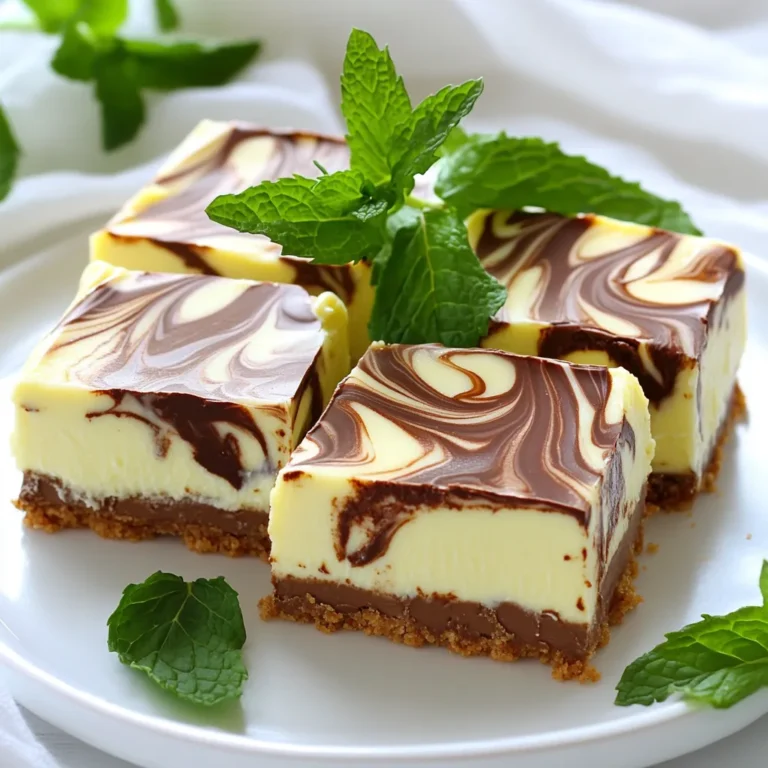 - 1 ½ Tassen zerbröselte Graham-Cracker - ½ Tasse ungesalzene Butter, geschmolzen - 450 g Frischkäse, weich Die Hauptzutaten bilden die Basis für die No Bake Chocolate Mint Cheesecake Bars. Zerbröselte Graham-Cracker geben der Kruste einen tollen Geschmack. Die geschmolzene Butter bindet alles und macht sie knusprig. Der Frischkäse sorgt für die cremige Füllung, die den Käsekuchen so besonders macht. - 2 Esslöffel Zucker - 1 Tasse Puderzucker - 1 Teelöffel Pfefferminzextrakt Süßungsmittel sind wichtig für den Geschmack. Zucker gibt der Kruste den nötigen süßen Kick. Puderzucker macht die Füllung besonders glatt und süß. Pfefferminzextrakt bringt eine erfrischende Note. Diese Aromen harmonieren perfekt mit Schokolade und machen die Bars unwiderstehlich. - 2 Tassen Schlagsahne (gekauft oder selbstgemacht) - ½ Tasse Zartbitter-Schokoladenstückchen - Frische Minzblätter zur Dekoration (optional) Toppings machen die Bars noch schöner und leckerer. Schlagsahne gibt eine luftige Textur. Zartbitter-Schokoladenstückchen oben drauf sorgen für einen intensiven Schokoladengeschmack. Frische Minzblätter sind ein schöner Farbklecks. Sie verleihen den Riegeln ein frisches Aussehen und einen zusätzlichen Minzgeschmack. Zuerst vermenge ich die zerbröselten Graham-Cracker, die geschmolzene Butter und den Zucker. Ich mache dies in einer mittelgroßen Schüssel. Die Mischung sollte gut kombiniert sein und eine krümelige Konsistenz haben. Dann drücke ich die Graham-Cracker-Mischung gleichmäßig in den Boden einer 23x23 cm großen Auflaufform. Es ist wichtig, dass die Kruste fest sitzt, damit sie beim Schneiden nicht bricht. Ich stelle die Form dann beiseite, während ich die Füllung zubereite. In einer großen Schüssel schlage ich den weichen Frischkäse und den Puderzucker mit einem Handmixer cremig. Es ist wichtig, dass die Mischung glatt und ohne Klumpen ist. Danach füge ich einen Teelöffel Pfefferminzextrakt hinzu. Das gibt dem Käsekuchen den frischen Minzgeschmack, den ich so liebe. Ich rühre alles gut um, bis sich die Zutaten perfekt vermischen. Jetzt kommt der spannende Teil: Die Schlagsahne! Ich hebe die Schlagsahne vorsichtig unter die Frischkäse-Mischung. Dabei achte ich darauf, die Luftigkeit der Sahne zu erhalten. Dann verteile ich die Minz-Käsekuchen-Mischung gleichmäßig über die Kruste in der Auflaufform. Jetzt schmelze ich die Zartbitter-Schokoladenstückchen in der Mikrowelle. Ich mache das in 30-Sekunden-Intervallen, um ein Anbrennen zu vermeiden. Wenn die Schokolade glatt ist, gieße ich sie über die Käsekuchen-Schicht. Mit einem Messer oder Zahnstocher wirble ich die Schokolade in die Füllung, um einen schönen Marmor-Effekt zu erzielen. Ich decke die Form mit Frischhaltefolie ab und stelle sie für mindestens 4 Stunden in den Kühlschrank. So kann der Käsekuchen fest werden. Nach der Kühlung schneide ich die Riegel und serviere sie gekühlt. - Verwendung von verschiedenen Keksarten: Sie können verschiedene Keksarten ausprobieren. Butterkekse oder Schokoladenkekse sind tolle Alternativen. Diese Keksarten geben der Kruste einen neuen, interessanten Geschmack. - Sicherstellen einer festen Kruste: Drücken Sie die Keksmasse gut in die Form. Nutzen Sie ein Glas oder Ihre Hände, um alles gleichmäßig zu verteilen. Eine feste Kruste sorgt dafür, dass die Riegel gut zusammenhalten. - Wie man die perfekte Konsistenz erhält: Achten Sie darauf, dass der Frischkäse weich ist. Das erleichtert das Mischen mit dem Puderzucker. Eine glatte Füllung ist der Schlüssel für den besten Geschmack. - Umgang mit Schlagsahne: Heben Sie die Schlagsahne vorsichtig unter. Verwenden Sie einen großen Löffel oder einen Spatel. So bleibt die Füllung luftig und leicht. - Vorschläge für die Garnitur: Frische Minzblätter sind eine schöne Garnitur. Sie geben Farbe und einen frischen Geschmack. Auch etwas Schokolade darüber kann gut aussehen. - Anrichten der Riegel: Schneiden Sie die Riegel in gleichmäßige Stücke. Legen Sie sie auf einen schönen Teller. So präsentieren Sie die Riegel ansprechend und laden zum Genießen ein. {{image_4}} Eine gute Möglichkeit, die No Bake Chocolate Mint Cheesecake Bars zu variieren, ist die Verwendung verschiedener Extrakte. Probieren Sie Vanille oder Mandel für einen anderen Geschmack. Diese Aromen geben dem Käsekuchen eine neue Note. Sie können auch Schokoladenstückchen oder Nüsse hinzufügen. Diese Zutaten sorgen für einen schönen Crunch und mehr Geschmack. Wenn Sie eine glutenfreie Option suchen, nutzen Sie glutenfreie Kekse. Sie schmecken ähnlich wie die normalen Kekse. Vollkornkekse sind eine weitere tolle Wahl. Sie geben dem Boden einen nussigen Geschmack und sind gesünder. Beide Optionen funktionieren gut für die Kruste. Für eine gesündere Version können Sie den Zucker reduzieren. Nutzen Sie kalorienarme Alternativen, um den süßen Geschmack zu erhalten. Pflanzlicher Frischkäse ist ebenfalls eine gute Wahl. Kombinieren Sie ihn mit Kokosnusscreme für eine cremige Textur. So bleiben die Bars lecker und gesünder. Die Lagerung der No Bake Schokoladen-Minze Käsekuchen Riegel ist einfach. Du solltest sie im Kühlschrank aufbewahren. Lege die Riegel in einen luftdichten Behälter. So bleiben sie frisch und lecker. Alternativ kannst du die Riegel auch in Frischhaltefolie einwickeln. Das hilft, den Geschmack zu bewahren. Die Riegel bleiben frisch für etwa fünf bis sieben Tage. Wenn du sie länger aufbewahren möchtest, friere sie ein. Die gefrorenen Riegel halten sich bis zu drei Monate. So hast du immer einen süßen Snack zur Hand. Um die gefrorenen Riegel aufzutauen, lege sie einfach in den Kühlschrank. Lass sie dort für einige Stunden ruhen. So bleibt die Konsistenz gut. Vermeide es, sie bei Raumtemperatur aufzutauen. Das kann die Textur verändern und die Riegel werden matschig. Die Zubereitung dieser No Bake Chocolate Mint Cheesecake Bars dauert etwa 20 Minuten. Danach müssen die Riegel für mindestens 4 Stunden in den Kühlschrank. So wird die Füllung fest und lecker. Die gesamte Zeit von der Zubereitung bis zum Servieren beträgt also mindestens 4 Stunden und 20 Minuten. Ja, du kannst viele verschiedene Aromen verwenden. Zum Beispiel kannst du Vanille oder Mandelextrakt anstelle von Pfefferminzextrakt nutzen. Wenn du es fruchtig magst, probiere Erdbeere oder Himbeere. Du kannst auch einen Schokoladen- oder Kaffee-Geschmack hinzufügen, um die Riegel zu variieren. Wenn deine Füllung nicht fest wird, gibt es einige Tipps. Stelle sicher, dass der Frischkäse gut weich ist, bevor du ihn mit dem Puderzucker schlägst. Das hilft, Klumpen zu vermeiden. Du kannst auch mehr Schlagsahne unterheben, um die Füllung stabiler zu machen. Wenn alles andere nicht klappt, kühle die Mischung länger, um die Festigkeit zu erhöhen. Ja, es gibt vegane Optionen für diese Riegel. Du kannst pflanzlichen Frischkäse anstelle von normalem Frischkäse verwenden. Anstelle von Schlagsahne kannst du Kokosnusscreme nutzen. Achte darauf, dass die Kekse vegan sind, um das gesamte Rezept vegan zu machen. Du kennst jetzt die Hauptzutaten und den Ablauf zur Zubereitung der No Bake Chocolate Mint Cheesecake Bars. Tipps und Variationen helfen dir, dein Rezept anzupassen. Achte auf die Lagerung, damit die Riegel frisch bleiben. Mit diesen einfachen Schritten kannst du leckere Riegel zaubern. Lass deiner Kreativität freien Lauf und probiere neue Aromen aus. Viel Spaß beim Backen und Genießen!