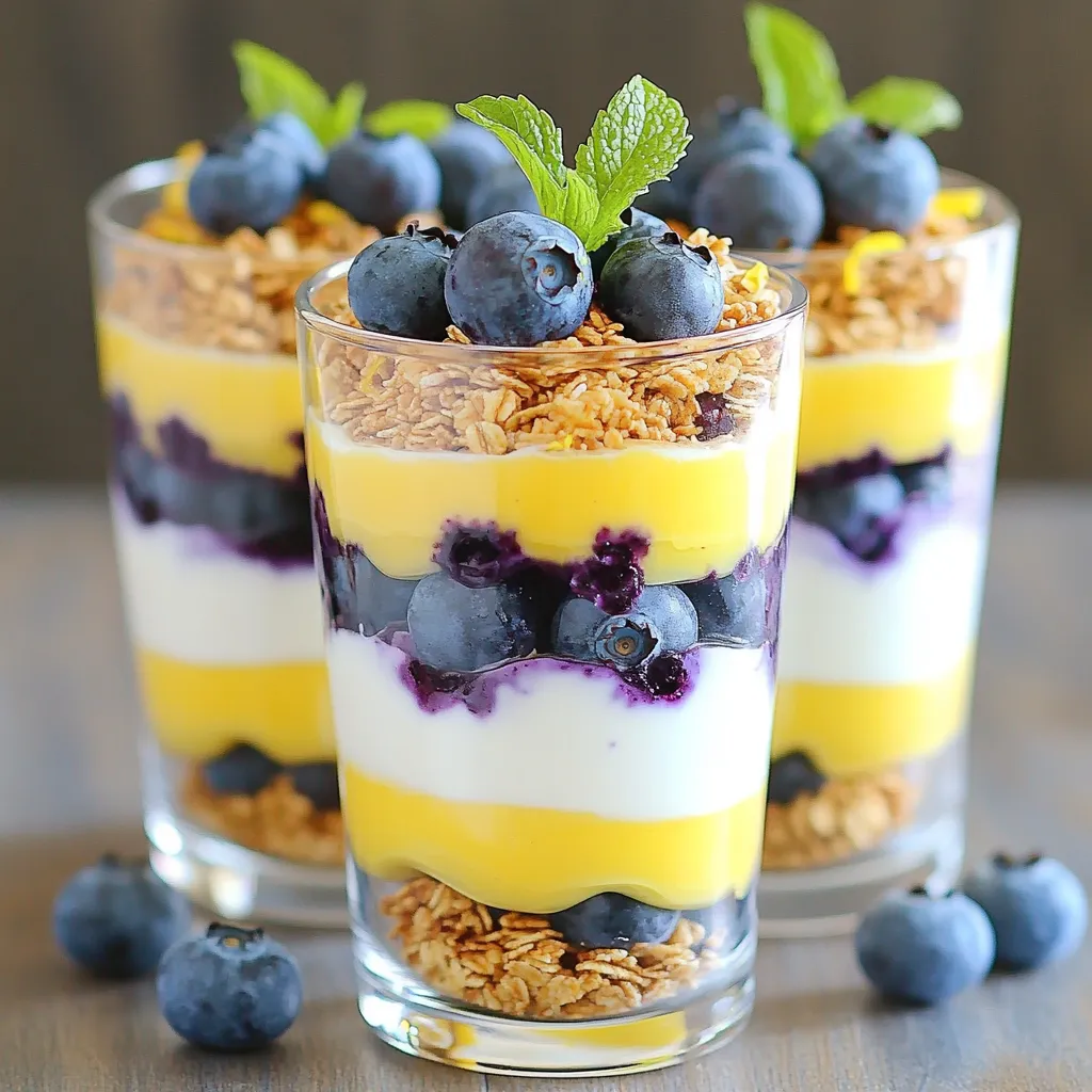 Für diese leckeren Parfaits brauchst du einige einfache Zutaten. Hier sind die Hauptzutaten: - 2 Tassen griechischer Joghurt (natur oder Vanille) - 1 Tasse frische Blaubeeren - 1 Zitrone (Saft und Schale) - 2 Esslöffel Honig oder Ahornsirup - 1 Tasse Granola (nach Wahl, kann hausgemacht oder gekauft sein) Der griechische Joghurt macht die Basis cremig und reichhaltig. Blaubeeren bringen Süße und Frische. Die Zitrone fügt einen spritzigen Geschmack hinzu, der gut mit dem Joghurt harmoniert. Neben den Hauptzutaten kannst du noch einige besondere Zutaten hinzufügen. Hier sind einige Optionen: - Frische Minzblätter zur Garnitur (optional) Die Minze gibt den Parfaits eine erfrischende Note. Du kannst auch andere Toppings wie Nüsse oder Kokosraspeln ausprobieren. Sie erweitern den Geschmack und die Textur. Frische Blaubeeren sind der Schlüssel zu köstlichen Parfaits. Hier sind einige Tipps, um die besten Blaubeeren auszuwählen: - Achte auf eine tiefblaue Farbe. - Die Beeren sollten fest und prall sein. - Vermeide Beeren mit Druckstellen oder Schimmel. Frische Blaubeeren haben den besten Geschmack. Du kannst sie auch leicht waschen und trocken tupfen, bevor du sie verwendest. So bleiben sie schön und frisch. Um den Zitronen-Joghurt zu machen, nimmst du 2 Tassen griechischen Joghurt. Gib ihn in eine Rührschüssel. Füge den Saft und die Schale von einer Zitrone hinzu. Das gibt einen frischen Geschmack. Süße die Mischung mit 2 Esslöffeln Honig oder Ahornsirup. Rühre alles gut durch, bis es schön cremig ist. Jetzt geht es ans Schichten! Nimm klare Gläser oder Becher. Beginne mit einer Schicht von 2-3 Esslöffeln Zitronenjoghurt am Boden. Dann kommen die frischen Blaubeeren. Lege etwa 2-3 Esslöffel darüber. Danach streue 2 Esslöffel Granola auf die Blaubeeren. Wiederhole diese Schichten, bis das Glas voll ist. Beende die Schichtung mit einem Klecks Zitronenjoghurt, ein paar Blaubeeren und etwas Granola für den Crunch. Stelle die Parfaits für mindestens 30 Minuten in den Kühlschrank. Das hilft den Aromen, sich gut zu verbinden. Vor dem Servieren kannst du die oberste Schicht mit frischen Minzblättern dekorieren. So sieht es noch schöner aus! Um die besten Schichten zu schaffen, verwenden Sie klare Gläser. Beginnen Sie mit einer Schicht Zitronenjoghurt. Fügen Sie dann die Blaubeeren hinzu. Achten Sie darauf, jede Schicht gleichmäßig zu verteilen. Granola bringt einen tollen Crunch. Wiederholen Sie die Schichten bis zum Rand. Beenden Sie mit Joghurt, ein paar Blaubeeren und Granola. So sieht es toll aus! Seien Sie kreativ mit den Zutaten. Verwenden Sie verschiedene Früchte wie Erdbeeren oder Himbeeren. Probieren Sie auch andere Joghurtsorten aus, wie Sojajoghurt. Ersetzen Sie Honig durch Agavendicksaft für eine andere Süße. Fügen Sie Nüsse oder Samen für extra Crunch hinzu. Diese Variationen machen das Rezept spannend und neu. Für besondere Anlässe können Sie die Gläser schön dekorieren. Ein Zweig frische Minze macht einen tollen Unterschied. Servieren Sie die Parfaits auf einem hübschen Tablett. Überlegen Sie, eine Zitronenspalte oder eine extra Blaubeere am Glasrand anzubringen. Diese Details beeindrucken Ihre Gäste und machen das Dessert unvergesslich. {{image_4}} Wenn Sie kein Granola mögen, keine Sorge! Es gibt viele leckere Alternativen. Sie können Nüsse oder Samen verwenden. Mandeln und Walnüsse geben einen schönen Crunch. Auch Kokosraspeln sind eine tolle Option. Sie können sogar Kekse zerbröseln. Das bringt einen süßen, knusprigen Geschmack. Achten Sie darauf, die Menge anzupassen. Ein Esslöffel reicht oft aus. Wenn Sie Laktose meiden, probieren Sie Sojajoghurt. Er hat einen ähnlichen Geschmack und ist cremig. Auch Kokosjoghurt ist eine gute Wahl. Er bringt einen leichten Kokosgeschmack mit. Wenn Sie es fruchtiger mögen, nehmen Sie Fruchtjoghurt. Stellen Sie sicher, dass er ohne künstliche Aromen ist. So bleibt der frische Geschmack der Blaubeeren und Zitronen erhalten. Blaubeeren sind fantastisch, aber auch andere Beeren sind lecker. Himbeeren bringen eine schöne Säure. Erdbeeren sind süßer und saftiger. Sie können sogar eine Mischung aus Beeren nutzen. Das gibt Ihrem Parfait Farbe und Geschmack. Experimentieren Sie mit verschiedenen Beeren. Jeder Biss wird eine neue Überraschung bieten! Die Blaubeer-Zitronen-Joghurt-Parfaits lassen sich ganz einfach im Kühlschrank aufbewahren. Stellen Sie sicher, dass Sie sie in einem luftdichten Behälter lagern. So bleiben die Aromen frisch und der Joghurt cremig. Ich empfehle, die Parfaits innerhalb von zwei bis drei Tagen zu genießen. So schmecken sie am besten. Die Haltbarkeit der Zutaten ist wichtig, um die Qualität zu sichern. Griechischer Joghurt hält sich in der Regel bis zu zwei Wochen im Kühlschrank. Frische Blaubeeren halten sich etwa fünf bis sieben Tage. Zitronen bleiben bis zu einer Woche frisch. Honig und Granola sind länger haltbar. Sie können diese Zutaten in der Regel mehrere Monate ohne Qualitätsverlust lagern. Das Einfrieren von Parfaits ist nicht ideal, da die Textur leidet. Wenn Sie dennoch Reste einfrieren möchten, lagern Sie nur den Joghurt und die Blaubeeren separat. Das Granola sollten Sie nicht einfrieren, da es weich wird. Vor dem Servieren können Sie den gefrorenen Joghurt leicht auftauen und dann mit frischen Zutaten kombinieren. So bleibt der Geschmack frisch und lecker. Das Blaubeer-Zitronen-Joghurt-Parfait bleibt bis zu drei Tage frisch. Du solltest es im Kühlschrank aufbewahren. Achte darauf, die Gläser gut zu schließen. So bleibt der Joghurt cremig und die Blaubeeren frisch. Wenn du es länger aufbewahren möchtest, lagere die Zutaten getrennt. So vermeidest du, dass das Granola weich wird. Ja, du kannst das Rezept leicht anpassen. Für eine vegane Version wechsle den griechischen Joghurt zu Sojajoghurt oder Kokosjoghurt. Verwende auch Agavensirup anstelle von Honig. Glutenfreies Granola ist eine tolle Option für die Schichten. Achte darauf, dass alle Zutaten glutenfrei sind, um sicherzugehen. Du kannst viele Früchte in diesem Rezept nutzen. Erdbeeren, Himbeeren oder sogar Pfirsiche passen gut dazu. Beeren sind besonders lecker, da sie süß und saftig sind. Du kannst auch gefrorene Früchte nutzen, wenn frische nicht verfügbar sind. Experimentiere mit verschiedenen Kombinationen, um neue Geschmäcker zu entdecken! Die Blaubeer-Zitronen-Joghurt-Parfaits sind eine frische und leckere Option. Wir haben die besten Zutaten, von frischen Blaubeeren bis hin zu besonderen Geschmäckern, besprochen. Die Schritt-für-Schritt-Anleitung hilft Ihnen, den perfekten Joghurt zuzubereiten und schöne Schichten zu erstellen. Denken Sie an die Tipps zur perfekten Schichtung und Variationen, um Ihr persönliches Parfait zu kreieren. Diese Parfaits sind einfach zuzubereiten und ideal für jeden Anlass. Genießen Sie Ihr erfrischendes Dessert und probieren Sie verschiedene Zutaten aus, um neue Geschmackserlebnisse zu entdecken!