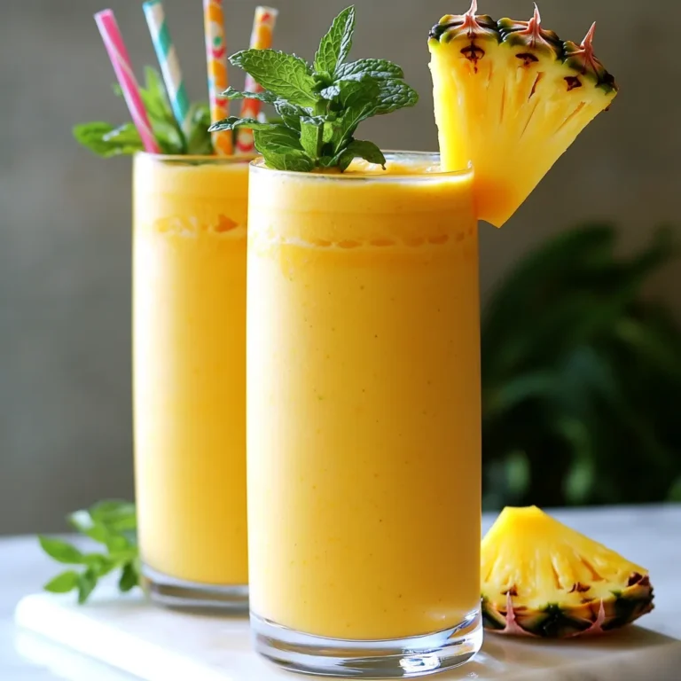 Für diesen Mango-Pineapple-Smoothie brauchen Sie: - 1 reife Mango, geschält und gewürfelt - 1 Tasse frische Ananasstücke - 1 Banane, in Scheiben geschnitten - 1 Tasse Kokosmilch (oder Mandelmilch) - ½ Tasse griechischer Joghurt (oder pflanzlicher Joghurt) Diese Zutaten bringen frischen Geschmack in Ihr Getränk. Die Mango sorgt für Süße, während die Ananas einen spritzigen Kick hinzufügt. Die Banane macht den Smoothie schön cremig. Kokosmilch gibt einen tropischen Flair, und Joghurt fügt eine proteinreiche Note hinzu. Wenn Sie eine Milchalternative suchen, probieren Sie Mandelmilch. Diese hat einen milden Geschmack und ist leicht. Kokosmilch bleibt die beste Wahl für einen tropischen Geschmack. Sie können auch Hafermilch verwenden. Sie ist cremig und vollmundig, ideal für Smoothies. Wählen Sie die Milch, die Ihnen am besten schmeckt. Für zusätzlichen Geschmack können Sie süßen. Ein Esslöffel Honig oder Agavensirup ist perfekt. Es ist optional, aber manchmal möchte man mehr Süße. Garnieren Sie den Smoothie mit frischen Minzblättern. Dies gibt einen schönen Duft und sieht toll aus. Sie können auch eine Scheibe Ananas oder Mango am Glasrand anbringen. So wird Ihr Smoothie noch einladender! Zuerst bereite ich die Früchte vor. Ich nehme eine reife Mango, schäle sie und würfle sie in kleine Stücke. Dann nehme ich eine Tasse frische Ananasstücke. Diese geben dem Smoothie einen tollen Geschmack. Ich schneide auch eine Banane in Scheiben. Sie sorgt für die Süße und Cremigkeit. Alle Früchte sollten frisch sein, um den besten Geschmack zu erzielen. Jetzt kommt der spannende Teil! Ich gebe die gewürfelte Mango, die Ananasstücke und die Bananenscheiben in den Mixer. Dann füge ich eine Tasse Kokosmilch hinzu. Diese macht den Smoothie schön cremig. Ich gebe auch eine halbe Tasse griechischen Joghurt hinein. Wenn ich es süßer mag, füge ich einen Esslöffel Honig oder Agavensirup hinzu. Dann mixe ich alles gut durch, bis die Mischung ganz glatt ist. Ich stoppe manchmal, um die Seiten des Mixers abzukratzen. So wird alles perfekt vermischt. Wenn der Smoothie zu dick ist, kann ich mehr Kokosmilch hinzufügen. Das macht ihn dünner und leichter zu trinken. Wenn ich mehr Süße mag, kann ich einen weiteren Löffel Honig oder Agavensirup hinzufügen. Es ist wichtig, den Smoothie zu probieren. So finde ich die perfekte Balance aus Süße und Frische. Schließlich gieße ich den Smoothie in hohe Gläser und garniere ihn mit frischen Minzblättern. Das sieht toll aus und schmeckt frisch! Um den besten Mango-Pineapple-Smoothie zu machen, ist die Mischung wichtig. Ich empfehle, die festen Zutaten zuerst in den Mixer zu geben. Beginnen Sie mit der Mango, dann die Ananas und die Banane. Fügen Sie danach die Flüssigkeit hinzu. Das sorgt für eine gleichmäßige Mischung. Mixen Sie alles gut, bis die Textur cremig ist. Stoppen Sie ab und zu, um die Seiten abzuwischen. So vermeiden Sie Klumpen. Die Reife der Früchte beeinflusst den Geschmack. Eine reife Mango ist weich und hat eine goldene Farbe. Wenn Sie die Mango drücken, sollte sie leicht nachgeben. Bei Ananas drücken Sie vorsichtig auf die Schale. Sie sollte leicht weich sein, aber nicht matschig. Wenn Sie die Früchte zu früh verwenden, wird der Smoothie nicht süß genug. Warten Sie, bis die Früchte perfekt reif sind. Für den besten Genuss servieren Sie den Smoothie kalt. Kühlen Sie die Gläser vorher im Kühlschrank. Das hält den Smoothie frisch. Fügen Sie ein paar Eiswürfel in den Mixer, wenn Sie es extra kühl mögen. Dekorieren Sie die Gläser mit einer Ananas- oder Mangoscheibe. Ein bunter Strohhalm macht das Trinken noch mehr Spaß! {{image_4}} Es gibt viele Wege, deinen Mango-Pineapple-Smoothie aufzuwerten. Du kannst zum Beispiel Spinat hinzufügen. Spinat macht den Smoothie grün und gibt ihm mehr Nährstoffe. Chia-Samen sind auch eine tolle Wahl. Sie bringen Ballaststoffe und gesunde Fette mit. Ein Esslöffel reicht schon aus. Mixe sie einfach mit den anderen Zutaten. Wenn du eine vegane oder milchfreie Option suchst, ist das einfach. Ersetze die Kokosmilch durch Mandelmilch oder Hafermilch. Der griechische Joghurt kann durch einen pflanzlichen Joghurt ersetzt werden. Auch ohne Joghurt bleibt der Smoothie cremig. Diese Optionen machen den Smoothie für alle geeignet. Probiere verschiedene Früchte für neue Geschmäcker. Du kannst Papaya oder Mango mit Litschi mischen. Auch Passionsfrucht passt gut dazu. Diese exotischen Früchte bringen frische Aromen. Experimentiere und finde deine Lieblingkombination. Lass deiner Kreativität freien Lauf und genieße die Vielfalt. Um die frischen Zutaten gut zu lagern, sollten Sie sie richtig aufbewahren. Lagern Sie die Mango, Ananas und Banane im Kühlschrank. Verwenden Sie einen luftdichten Behälter. So bleiben die Früchte frisch und lecker. Achten Sie darauf, die Mango und Ananas nicht zu lange bei Raumtemperatur zu lassen. Wenn sie zu reif werden, verlieren sie ihren süßen Geschmack. Der fertige Mango-Pineapple-Smoothie hält sich gut im Kühlschrank. Am besten trinken Sie ihn innerhalb von 24 Stunden. Nach dieser Zeit kann der Smoothie seine Frische verlieren. Wenn er sehr dick wird oder sich absetzt, einfach gut schütteln oder umrühren. So bleibt der Geschmack frisch und lecker. Sie können die Zutaten auch vorbereiten und einfrieren. Schneiden Sie die Mango, Ananas und Banane in Stücke. Legen Sie sie in einen Gefrierbeutel und frieren Sie sie ein. So haben Sie immer frische Früchte bereit. Wenn Sie bereit sind, den Smoothie zu machen, nehmen Sie die gefrorenen Früchte heraus und mixen Sie sie mit der Kokosmilch und dem Joghurt. Das ergibt einen kühlen, erfrischenden Genuss! Um einen cremigen Smoothie zu machen, nutze frische Zutaten. Wähle reife Früchte wie Mango und Banane. Diese sind von Natur aus süß und geben eine gute Textur. Kokosmilch oder griechischer Joghurt helfen, den Smoothie cremig zu machen. Mixe die Zutaten gut, bis die Mischung glatt ist. Falls nötig, kratze die Seiten des Mixers ab, um alles gut zu vermischen. Ja, gefrorene Früchte sind eine tolle Option. Sie machen den Smoothie kühl und erfrischend. Achte darauf, die gefrorenen Früchte etwas zu antauen. Das erleichtert das Mixen. Du kannst gefrorene Mangos oder Ananas verwenden. Dies spart Zeit und macht den Smoothie auch praktisch für den schnellen Genuss. Dieser Smoothie hat viele gesundheitliche Vorteile. Mangos sind reich an Vitamin C und Antioxidantien. Ananas unterstützt die Verdauung und hat entzündungshemmende Eigenschaften. Bananen geben dir Energie und sind gut für das Herz. Kokosmilch liefert gesunde Fette. Griechischer Joghurt enthält viele Proteine. Dieser Smoothie ist also nicht nur lecker, sondern auch nährstoffreich! Der Mango-Pineapple-Smoothie ist gesund und lecker. Wir haben die Hauptzutaten und Milchalternativen betrachtet. Ich habe dir gezeigt, wie man die Früchte vorbereitet und perfekte Mischtechniken anwendet. Denk daran, dass Anpassungen bei der Süße wichtig sind. Die Variationen bieten Freiheit, um kreativ zu sein. Lagere deine Zutaten gut, um den besten Geschmack zu erhalten. Genieße deinen Smoothie frisch oder eingefroren. Ein cremiger, nahrhafter Smoothie ist nur ein Rezept entfernt!