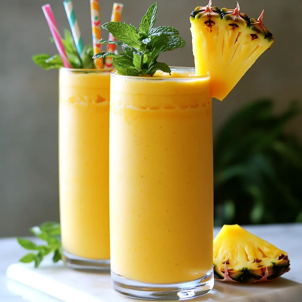 Für diesen Mango-Pineapple-Smoothie brauchen Sie: - 1 reife Mango, geschält und gewürfelt - 1 Tasse frische Ananasstücke - 1 Banane, in Scheiben geschnitten - 1 Tasse Kokosmilch (oder Mandelmilch) - ½ Tasse griechischer Joghurt (oder pflanzlicher Joghurt) Diese Zutaten bringen frischen Geschmack in Ihr Getränk. Die Mango sorgt für Süße, während die Ananas einen spritzigen Kick hinzufügt. Die Banane macht den Smoothie schön cremig. Kokosmilch gibt einen tropischen Flair, und Joghurt fügt eine proteinreiche Note hinzu. Wenn Sie eine Milchalternative suchen, probieren Sie Mandelmilch. Diese hat einen milden Geschmack und ist leicht. Kokosmilch bleibt die beste Wahl für einen tropischen Geschmack. Sie können auch Hafermilch verwenden. Sie ist cremig und vollmundig, ideal für Smoothies. Wählen Sie die Milch, die Ihnen am besten schmeckt. Für zusätzlichen Geschmack können Sie süßen. Ein Esslöffel Honig oder Agavensirup ist perfekt. Es ist optional, aber manchmal möchte man mehr Süße. Garnieren Sie den Smoothie mit frischen Minzblättern. Dies gibt einen schönen Duft und sieht toll aus. Sie können auch eine Scheibe Ananas oder Mango am Glasrand anbringen. So wird Ihr Smoothie noch einladender! Zuerst bereite ich die Früchte vor. Ich nehme eine reife Mango, schäle sie und würfle sie in kleine Stücke. Dann nehme ich eine Tasse frische Ananasstücke. Diese geben dem Smoothie einen tollen Geschmack. Ich schneide auch eine Banane in Scheiben. Sie sorgt für die Süße und Cremigkeit. Alle Früchte sollten frisch sein, um den besten Geschmack zu erzielen. Jetzt kommt der spannende Teil! Ich gebe die gewürfelte Mango, die Ananasstücke und die Bananenscheiben in den Mixer. Dann füge ich eine Tasse Kokosmilch hinzu. Diese macht den Smoothie schön cremig. Ich gebe auch eine halbe Tasse griechischen Joghurt hinein. Wenn ich es süßer mag, füge ich einen Esslöffel Honig oder Agavensirup hinzu. Dann mixe ich alles gut durch, bis die Mischung ganz glatt ist. Ich stoppe manchmal, um die Seiten des Mixers abzukratzen. So wird alles perfekt vermischt. Wenn der Smoothie zu dick ist, kann ich mehr Kokosmilch hinzufügen. Das macht ihn dünner und leichter zu trinken. Wenn ich mehr Süße mag, kann ich einen weiteren Löffel Honig oder Agavensirup hinzufügen. Es ist wichtig, den Smoothie zu probieren. So finde ich die perfekte Balance aus Süße und Frische. Schließlich gieße ich den Smoothie in hohe Gläser und garniere ihn mit frischen Minzblättern. Das sieht toll aus und schmeckt frisch! Um den besten Mango-Pineapple-Smoothie zu machen, ist die Mischung wichtig. Ich empfehle, die festen Zutaten zuerst in den Mixer zu geben. Beginnen Sie mit der Mango, dann die Ananas und die Banane. Fügen Sie danach die Flüssigkeit hinzu. Das sorgt für eine gleichmäßige Mischung. Mixen Sie alles gut, bis die Textur cremig ist. Stoppen Sie ab und zu, um die Seiten abzuwischen. So vermeiden Sie Klumpen. Die Reife der Früchte beeinflusst den Geschmack. Eine reife Mango ist weich und hat eine goldene Farbe. Wenn Sie die Mango drücken, sollte sie leicht nachgeben. Bei Ananas drücken Sie vorsichtig auf die Schale. Sie sollte leicht weich sein, aber nicht matschig. Wenn Sie die Früchte zu früh verwenden, wird der Smoothie nicht süß genug. Warten Sie, bis die Früchte perfekt reif sind. Für den besten Genuss servieren Sie den Smoothie kalt. Kühlen Sie die Gläser vorher im Kühlschrank. Das hält den Smoothie frisch. Fügen Sie ein paar Eiswürfel in den Mixer, wenn Sie es extra kühl mögen. Dekorieren Sie die Gläser mit einer Ananas- oder Mangoscheibe. Ein bunter Strohhalm macht das Trinken noch mehr Spaß! {{image_4}} Es gibt viele Wege, deinen Mango-Pineapple-Smoothie aufzuwerten. Du kannst zum Beispiel Spinat hinzufügen. Spinat macht den Smoothie grün und gibt ihm mehr Nährstoffe. Chia-Samen sind auch eine tolle Wahl. Sie bringen Ballaststoffe und gesunde Fette mit. Ein Esslöffel reicht schon aus. Mixe sie einfach mit den anderen Zutaten. Wenn du eine vegane oder milchfreie Option suchst, ist das einfach. Ersetze die Kokosmilch durch Mandelmilch oder Hafermilch. Der griechische Joghurt kann durch einen pflanzlichen Joghurt ersetzt werden. Auch ohne Joghurt bleibt der Smoothie cremig. Diese Optionen machen den Smoothie für alle geeignet. Probiere verschiedene Früchte für neue Geschmäcker. Du kannst Papaya oder Mango mit Litschi mischen. Auch Passionsfrucht passt gut dazu. Diese exotischen Früchte bringen frische Aromen. Experimentiere und finde deine Lieblingkombination. Lass deiner Kreativität freien Lauf und genieße die Vielfalt. Um die frischen Zutaten gut zu lagern, sollten Sie sie richtig aufbewahren. Lagern Sie die Mango, Ananas und Banane im Kühlschrank. Verwenden Sie einen luftdichten Behälter. So bleiben die Früchte frisch und lecker. Achten Sie darauf, die Mango und Ananas nicht zu lange bei Raumtemperatur zu lassen. Wenn sie zu reif werden, verlieren sie ihren süßen Geschmack. Der fertige Mango-Pineapple-Smoothie hält sich gut im Kühlschrank. Am besten trinken Sie ihn innerhalb von 24 Stunden. Nach dieser Zeit kann der Smoothie seine Frische verlieren. Wenn er sehr dick wird oder sich absetzt, einfach gut schütteln oder umrühren. So bleibt der Geschmack frisch und lecker. Sie können die Zutaten auch vorbereiten und einfrieren. Schneiden Sie die Mango, Ananas und Banane in Stücke. Legen Sie sie in einen Gefrierbeutel und frieren Sie sie ein. So haben Sie immer frische Früchte bereit. Wenn Sie bereit sind, den Smoothie zu machen, nehmen Sie die gefrorenen Früchte heraus und mixen Sie sie mit der Kokosmilch und dem Joghurt. Das ergibt einen kühlen, erfrischenden Genuss! Um einen cremigen Smoothie zu machen, nutze frische Zutaten. Wähle reife Früchte wie Mango und Banane. Diese sind von Natur aus süß und geben eine gute Textur. Kokosmilch oder griechischer Joghurt helfen, den Smoothie cremig zu machen. Mixe die Zutaten gut, bis die Mischung glatt ist. Falls nötig, kratze die Seiten des Mixers ab, um alles gut zu vermischen. Ja, gefrorene Früchte sind eine tolle Option. Sie machen den Smoothie kühl und erfrischend. Achte darauf, die gefrorenen Früchte etwas zu antauen. Das erleichtert das Mixen. Du kannst gefrorene Mangos oder Ananas verwenden. Dies spart Zeit und macht den Smoothie auch praktisch für den schnellen Genuss. Dieser Smoothie hat viele gesundheitliche Vorteile. Mangos sind reich an Vitamin C und Antioxidantien. Ananas unterstützt die Verdauung und hat entzündungshemmende Eigenschaften. Bananen geben dir Energie und sind gut für das Herz. Kokosmilch liefert gesunde Fette. Griechischer Joghurt enthält viele Proteine. Dieser Smoothie ist also nicht nur lecker, sondern auch nährstoffreich! Der Mango-Pineapple-Smoothie ist gesund und lecker. Wir haben die Hauptzutaten und Milchalternativen betrachtet. Ich habe dir gezeigt, wie man die Früchte vorbereitet und perfekte Mischtechniken anwendet. Denk daran, dass Anpassungen bei der Süße wichtig sind. Die Variationen bieten Freiheit, um kreativ zu sein. Lagere deine Zutaten gut, um den besten Geschmack zu erhalten. Genieße deinen Smoothie frisch oder eingefroren. Ein cremiger, nahrhafter Smoothie ist nur ein Rezept entfernt!