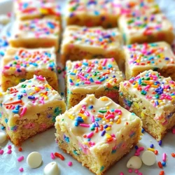 - 1 Tasse ungesalzene Butter, geschmolzen - 1 Tasse brauner Zucker, fest gepackt - 1/2 Tasse Kristallzucker - 2 große Eier - 2 Teelöffel Vanilleextrakt Die Hauptzutaten sind der Schlüssel zu einem perfekten Blondie. Die Butter sorgt für Feuchtigkeit und Geschmack. Der braune Zucker gibt dem Teig eine schöne Karamellnote. Kristallzucker bringt die richtige Süße. Die Eier helfen, alles zu verbinden. Vanilleextrakt fügt ein tolles Aroma hinzu. - 2 Tassen Weizenmehl - 1 Teelöffel Backpulver - 1/2 Teelöffel Natron - 1/4 Teelöffel Salz Die trockenen Zutaten sind wichtig für die Struktur. Weizenmehl gibt den Blondies Festigkeit. Backpulver und Natron helfen, die Blondies aufzugehen. Salz verstärkt alle Aromen im Teig. Achte darauf, die trockenen Zutaten gut zu vermischen. - 1/2 Tasse bunte Streusel (plus extra zum Dekorieren) - 1/2 Tasse weiße Schokoladenstückchen (optional) Die bunten Streusel machen die Blondies festlich. Sie bringen Farbe und Spaß ins Backen. Weiße Schokoladenstückchen sind optional, aber sie schmecken fantastisch. Du kannst auch andere Süßigkeiten verwenden, um deinen Blondies eine persönliche Note zu geben. - Ofen vorheizen auf 175°C (350°F) - Backform vorbereiten (fetten oder mit Backpapier auslegen) Zuerst heizt du deinen Ofen vor. Dies sorgt dafür, dass die Blondies gleichmäßig backen. Fette die Backform gut ein oder lege sie mit Backpapier aus. So lassen sich die Blondies später besser herausnehmen. - Butter mit Zuckern verrühren - Eier und Vanilleextrakt hinzufügen - Trockene Zutaten einarbeiten Jetzt kommst du zur Teigzubereitung. Vermenge die geschmolzene Butter mit braunem und Kristallzucker in einer großen Schüssel. Rühre gut, bis die Mischung glatt ist. Füge die Eier nacheinander hinzu und rühre nach jedem Ei um. Dann kommt der Vanilleextrakt dazu. In einer anderen Schüssel mische Weizenmehl, Backpulver, Natron und Salz. Gib die trockenen Zutaten nach und nach zur feuchten Mischung. Rühre nur so lange, bis alles gut vermischt ist. Übermische den Teig nicht, das ist wichtig für die Konsistenz. - Streusel und Schokoladenstückchen unterheben - In Backform gießen und backen (20-25 Minuten) - Abkühlen lassen und in Quadrate schneiden Jetzt wird es spannend! Hebe vorsichtig die bunten Streusel und die weißen Schokoladenstückchen unter. Gieße den Teig in die Backform und verstreiche ihn gleichmäßig. Backe die Blondies für 20 bis 25 Minuten. Sie sind fertig, wenn ein Zahnstocher sauber herauskommt. Lass sie etwa 10 Minuten in der Form abkühlen. Danach kannst du sie auf ein Kuchengitter legen, um vollständig abzukühlen. Schneide die Blondies in Quadrate und genieße sie! - Achte auf das richtige Mischverhältnis. - Vermeide Übermischung für die beste Konsistenz. Ein gutes Mischverhältnis ist der Schlüssel zu perfekten Blondies. Wenn du die Butter und Zucker gut vermischt, bleibt der Teig schön feucht. Mische die trockenen Zutaten langsam unter die feuchten. So bleibt die Textur leicht und fluffig. Übermischung kann die Blondies hart machen. Mische nur so lange, bis die Zutaten gerade verbunden sind. - Zusätzliche Streusel für einen festlichen Look. - Alternativen für Toppings und Füllungen. Um deine Blondies besonders zu machen, füge extra bunte Streusel hinzu. Das gibt einen tollen Farbklecks und sieht festlich aus. Du kannst auch andere Toppings ausprobieren, wie Nüsse, Karamell oder Schokolade. Diese Variationen bringen neuen Geschmack und Freude in jede Portion. - Empfehlenswerte Rührschüsseln und Backformen. - Nutzung von Küchengeräten für optimale Ergebnisse. Eine große Rührschüssel ist wichtig, um die Zutaten gut zu vermengen. Eine Backform von 23x33 cm hilft, die Blondies gleichmäßig zu backen. Nutze einen Handmixer, um die Butter und den Zucker gut zu vermischen. Ein Zahnstocher hilft dir, die richtige Backzeit zu prüfen. So gelingt jeder Biss perfekt. {{image_4}} Um die Blondies glutenfrei zu machen, verwende eine glutenfreie Mehlalternative. Reis- oder Mandelmehl sind gute Optionen. Diese Mehle sorgen für einen ähnlichen Geschmack und eine ähnliche Textur. Du musst vielleicht auch etwas mehr Backpulver verwenden. So bleiben die Blondies locker und leicht. Für eine vegane Version, ersetze die Eier durch Eiersatz. Apfelmus oder Bananenpüree sind tolle Optionen. Außerdem kannst du pflanzliche Butter statt normaler Butter verwenden. Diese Zutaten sorgen dafür, dass die Blondies köstlich und vegan bleiben. Du kannst die Blondies noch interessanter machen. Füge Nüsse wie Walnüsse oder Mandeln hinzu. Diese geben zusätzlichen Crunch. Auch andere Süßigkeiten wie Karamellstückchen oder Erdnüsse sind eine gute Wahl. So hast du viele verschiedene Geschmäcker in einem Biss. Nach dem Backen ist es wichtig, die Blondies richtig zu lagern. Du kannst sie in einen luftdichten Behälter legen. So bleiben sie frisch und lecker. Wenn du keinen Behälter hast, kannst du sie auch mit Frischhaltefolie abdecken. Im Kühlschrank halten die Blondies etwa eine Woche. Achte darauf, dass sie gut verpackt sind, damit sie nicht austrocknen. Wenn du die Blondies länger aufbewahren möchtest, kannst du sie einfrieren. Lass die Blondies zuerst vollständig abkühlen. Schneide sie dann in Stücke. Lege die Stücke in einen Gefrierbeutel. Drücke die Luft heraus und schließe den Beutel fest. So kannst du die Blondies bis zu drei Monate einfrieren. Um die gefrorenen Blondies wieder aufzutauen, lege sie einfach in den Kühlschrank. Nach ein paar Stunden sind sie wieder frisch. Wenn du sie aufwärmen möchtest, lege sie kurz in die Mikrowelle. Zwei bis drei Sekunden reichen oft aus. So sind sie warm und köstlich. Die Blondies bleiben frisch für etwa fünf Tage. Lagere sie in einem luftdichten Behälter. Bei Raumtemperatur sind sie am besten. Im Kühlschrank halten sie sich etwas länger, bis zu einer Woche. Achte darauf, dass sie nicht austrocknen. Ja, du kannst die Zubereitung planen. Bereite die trockenen Zutaten im Voraus vor. Mische das Mehl, das Backpulver, das Natron und das Salz und bewahre sie in einem Behälter auf. Du kannst auch die Butter schmelzen und die Zuckermischung vorbereiten. Halte alles bis zum Tag des Backens bereit. Du kannst diese Blondies in vielen lokalen Bäckereien finden. Einige Bäckereien bieten auch Online-Bestellungen an. Überprüfe die Websites von Bäckereien in deiner Nähe. Außerdem kannst du sie in speziellen Online-Shops für Desserts suchen. Ja, du kannst die Blondies anpassen! Füge verschiedene Farben und Formen von Streuseln hinzu. Du kannst auch spezielle Dekorationen wie Zuckerguss oder essbare Glitzer verwenden. Dies macht sie perfekt für Geburtstagsfeiern oder andere Feste. Um die perfekten Blondies zuzubereiten, haben wir gemeinsam die Zutaten, den Schritt-für-Schritt-Prozess und nützliche Tipps durchgenommen. Denk daran, das richtige Mischverhältnis zu finden und nicht zu übermischen. Verpasse nicht die vielen Variationen und Aufbewahrungstipps, die dir helfen, frische Blondies zu behalten. Probier die Rezepte aus und passe sie nach deinen Wünschen an. So bereitest du die besten Blondies für jeden Anlass zu!