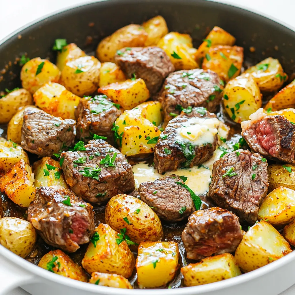 - 450 g Steak (z. B. Sirloin oder Ribeye), in mundgerechte Stücke geschnitten - 4 mittelgroße Kartoffeln, in kleine Würfel geschnitten - 5 Knoblauchzehen, fein gehackt - 4 Esslöffel ungesalzene Butter - 1 Esslöffel Olivenöl - 1 Teelöffel Paprika - 1 Teelöffel getrockneter Thymian - Salz und Pfeffer nach Geschmack - Frische Petersilie, gehackt (zur Garnitur) Ich wähle gerne ein gutes Stück Steak, wie Ribeye oder Sirloin. Diese Cuts sind zart und voller Geschmack. Die Kartoffeln sind wichtig für die Textur und die Fülle. Ich schneide sie in kleine Würfel, damit sie gleichmäßig garen. Knoblauch macht alles besser. Er gibt dem Gericht ein tolles Aroma. Für die Butter benutzen wir ungesalzene Butter. So können wir die Salzigkeit besser kontrollieren. Olivenöl hilft, die Kartoffeln schön goldbraun zu braten. Die Gewürze wie Paprika und Thymian geben Tiefe und Komplexität. Salz und Pfeffer sind die Basics, die wir immer brauchen. Die frische Petersilie ist der letzte Schliff. Sie bringt Farbe und Frische auf den Teller. Diese Zutaten sind einfach, aber sie ergeben zusammen ein großes Geschmackserlebnis. Wenn Sie alles bereit haben, kann das Kochen beginnen! Zuerst erhitze ich eine große Pfanne auf mittlerer Hitze. Dies ist wichtig, damit das Gericht gleichmäßig gart. Sobald die Pfanne heiß ist, träufle ich einen Esslöffel Olivenöl hinein. Das Öl sorgt dafür, dass die Kartoffeln nicht kleben und schön knusprig werden. Ich schneide vier mittelgroße Kartoffeln in kleine Würfel. Diese Würfel kommen jetzt in die heiße Pfanne. Ich würze die Kartoffeln mit Salz, Pfeffer und einem Teelöffel Paprika. Dann brate ich sie etwa 10-12 Minuten lang. Ich rühre sie gelegentlich um, bis sie goldbraun und zart sind. Das gibt einen tollen Geschmack! Sobald die Kartoffeln fertig sind, schiebe ich sie zur Seite der Pfanne. Ich erhöhe die Hitze auf mittelhoch und füge zwei Esslöffel Butter hinzu. Wenn die Butter geschmolzen ist, kommen 450 g Steakstücke in die Pfanne. Ich würze das Steak mit Salz, Pfeffer und einem Teelöffel getrocknetem Thymian. Dann brate ich das Steak etwa 3-4 Minuten lang an. Dabei rühre ich es gelegentlich um, um eine gleichmäßige Garung zu erreichen. Jetzt gebe ich fünf fein gehackte Knoblauchzehen und die restlichen zwei Esslöffel Butter in die Pfanne. Ich rühre alles gut um und lasse den Knoblauch 1-2 Minuten garen. Dabei achte ich darauf, dass der Knoblauch nicht verbrennt. Zum Schluss mische ich alles gut durch und lasse die Aromen für weitere 2-3 Minuten verbinden. Jetzt ist alles bereit für den großen Genuss! Um Steak perfekt zu garen, gibt es einfache Richtlinien. Für rare sollte die Innentemperatur 50 °C betragen. Medium liegt bei etwa 60 °C, während well-done 70 °C erfordert. Verwenden Sie ein Fleischthermometer, um die Temperatur genau zu messen. Dies hilft Ihnen, das Steak nach Ihrem Wunsch zu garen. Frische Kräuter bringen das Gericht zum Leben. Petersilie, Thymian und Rosmarin passen gut zu Knoblauchbutter Steak Kartoffeln Pfanne. Diese Kräuter verleihen dem Gericht Frische und Tiefe. Hacken Sie die Kräuter fein und fügen Sie sie am Ende der Kochzeit hinzu. So bleibt ihr Aroma erhalten. Ein häufiger Fehler ist, das Steak zu lange zu braten. Überprüfen Sie die Garzeit, um es zart zu halten. Achten Sie darauf, dass der Knoblauch nicht verbrennt. Fügen Sie ihn erst hinzu, wenn das Steak bräunt. Zu viel Salz kann auch das Gericht verderben. Probieren Sie die Mischung vorher aus und passen Sie die Gewürze an. {{image_4}} Wenn du lieber Gemüse magst, kannst du das Steak einfach durch dein Lieblingsgemüse ersetzen. Zum Beispiel schmecken Zucchini, Paprika oder Auberginen toll. Schneide das Gemüse in gleichmäßige Stücke. Brate es dann in der Pfanne, bis es weich ist. Füge Knoblauch und Butter hinzu, um die Aromen zu verstärken. Diese Variante ist gesund und lecker. Es gibt viele inspirierende Varianten aus verschiedenen Küchen. Eine asiatische Version könnte mit Sojasauce und Ingwer zubereitet werden. Du kannst auch etwas Sesamöl hinzufügen, um einen nussigen Geschmack zu erreichen. Für eine mediterrane Note verwende Oliven, Feta und frische Kräuter. Diese Aromen verleihen dem Gericht eine besondere Tiefe. Um das Gericht zu vervollständigen, passen viele Beilagen gut dazu. Ein frischer Salat aus Rucola und Tomaten bringt Frische. Auch ein cremiges Kartoffelpüree kann eine schöne Ergänzung sein. Denk auch an geröstetes Gemüse oder ein knuspriges Brot, um die köstliche Knoblauchbutter aufzusaugen. Jede Beilage gibt dem Gericht einen besonderen Touch. Um die Reste von Knoblauchbutter Steak Kartoffeln Pfanne richtig aufzubewahren, benötigst du einen luftdichten Behälter. Lass das Gericht zuerst abkühlen. Dann fülle die Reste in den Behälter und schließe ihn gut. Das schützt die Speisen vor Gerüchen und Feuchtigkeit im Kühlschrank. Die besten Methoden zum Erhitzen der Speisen sind einfach. Du kannst die Reste in der Mikrowelle aufwärmen. Stelle die Mikrowelle auf mittlere Hitze und erwärme die Portionen für etwa 1-2 Minuten. Du kannst auch eine Pfanne nutzen. Erhitze etwas Öl und brate die Reste kurz an, bis sie heiß sind. So bleiben die Aromen frisch. Die Reste sind im Kühlschrank bis zu 3 Tage haltbar. Stelle sicher, dass sie immer gut verpackt sind. Wenn du die Reste länger aufbewahren möchtest, friere sie ein. So bleiben sie bis zu 3 Monate genießbar. Achte darauf, sie gut zu verpacken, um Gefrierbrand zu vermeiden. Die Zubereitung dauert insgesamt etwa 30 Minuten. Sie benötigen 15 Minuten für die Vorbereitung und 15 Minuten zum Kochen. Dies macht das Gericht perfekt für ein schnelles Abendessen. Die Kartoffeln werden zuerst goldbraun und zart. Danach braten Sie das Steak, bis es schön gebräunt ist. Am Ende kombinieren Sie alles mit dem leckeren Knoblauch und der Butter. Ja, Sie können gefrorenes Steak verwenden. Stellen Sie sicher, dass Sie es gut auftauen. Es ist am besten, das Steak über Nacht im Kühlschrank aufzutauen. So bleibt es saftig und zart. Kochen Sie es wie gewohnt in der Pfanne. Beachten Sie, dass gefrorenes Steak etwas länger braucht, um zu garen. Zu Knoblauchbutter Steak Kartoffeln Pfanne passen frische Salate sehr gut. Ein einfacher grüner Salat mit Vinaigrette ist eine tolle Wahl. Auch gedünstetes Gemüse wie Brokkoli oder grüne Bohnen harmoniert gut. Wenn Sie etwas Herzhaftes möchten, versuchen Sie knuspriges Brot oder ein Baguette. Diese Beilagen ergänzen das Gericht perfekt und sorgen für ein ausgewogenes Essen. Um ein köstliches Knoblauchbutter-Steak mit Kartoffeln zuzubereiten, nutzen Sie frische Zutaten wie Steak, Kartoffeln und Knoblauch. Folgen Sie der Schritt-für-Schritt-Anleitung, um perfekte Ergebnisse zu erzielen. Vergessen Sie nicht, häufige Fehler zu vermeiden und Tipps für Garzeiten zu beachten. Variationen wie eine vegetarische Option machen Ihr Gericht noch spannender. Lagern Sie Reste richtig, damit Sie länger Freude daran haben. Kochen macht Spaß und mit diesen einfache Tricks wird Ihr Gericht stets zum Hit. Jetzt sind Sie bereit, das Beste aus Ihrer Pfanne herauszuholen!