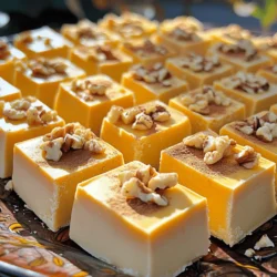 - 2 Tassen weiße Schokoladenstückchen - 1 Dose (450 g) Kürbispüree - 1 Tasse gesüßte Kondensmilch Die Hauptzutaten sind einfach und lecker. Die weißen Schokoladenstückchen geben dem Fudge eine süße Note. Das Kürbispüree bringt einen schönen, herbstlichen Geschmack. Die gesüßte Kondensmilch sorgt dafür, dass der Fudge schön cremig wird. - 1 Teelöffel Vanilleextrakt - 1 Teelöffel Kürbiskuchengewürz - ½ Teelöffel gemahlener Zimt Die Gewürze machen den Fudge besonders. Vanilleextrakt verstärkt den Geschmack der Schokolade. Kürbiskuchengewürz bringt Aromen wie Ingwer und Muskatnuss. Zimt gibt dem Fudge eine warme Note. Diese Kombination macht jeden Bissen besonders. - ½ Tasse gehackte Walnüsse - ¼ Teelöffel Salz Die Walnüsse sind eine tolle Option. Sie fügen einen knackigen Biss hinzu. Das Salz sorgt dafür, dass die Süße ausgeglichen wird. Du kannst die Walnüsse auch weglassen, wenn du es lieber möchtest. Sie sind nicht notwendig, aber sehr lecker! Zuerst lege eine 20x20 cm große Backform mit Backpapier aus. Das Papier sollte an den Seiten überstehen. Dies hilft dir, den Fudge später leicht herauszunehmen. Achte darauf, dass das Backpapier die gesamte Form gut bedeckt. Nimm jetzt einen mittleren Kochtopf. Vermenge die gesüßte Kondensmilch und die weißen Schokoladenstückchen darin. Stelle die Hitze auf niedrig. Rühre die Mischung ständig um. So schmilzt die Schokolade gleichmäßig und wird schön glatt. Nachdem die Schokolade geschmolzen ist, nimm den Topf vom Herd. Rühre das Kürbispüree, den Vanilleextrakt, das Kürbiskuchengewürz, den gemahlenen Zimt und das Salz ein. Mische alles gründlich, bis die Masse cremig und gleichmäßig aussieht. Wenn du Walnüsse magst, hebe diese vorsichtig unter die Mischung. Gieße die Fudge-Masse in die vorbereitete Backform. Verteile sie gleichmäßig mit einem Spatel. Lass den Fudge zuerst bei Zimmertemperatur abkühlen. Danach stelle ihn für mindestens 2 Stunden in den Kühlschrank. Wenn der Fudge fest ist, ziehe ihn vorsichtig mit dem überstehenden Backpapier aus der Form. Schneide ihn in gleichmäßige Würfel. Um die perfekte Fudge-Konsistenz zu erreichen, ist das Mischen der Zutaten wichtig. Du musst die weiße Schokolade und die gesüßte Kondensmilch gut vermengen. Rühre ständig, bis die Mischung glatt ist. Die Temperatur ist auch entscheidend. Halte die Hitze niedrig, damit die Schokolade nicht anbrennt. Ein häufiger Fehler ist das Überhitzen der Schokolade. Wenn die Schokolade zu heiß wird, kann sie klumpig werden. Achte darauf, sie bei niedriger Hitze zu schmelzen. Ein weiterer Fehler ist die ungleichmäßige Kühlung. Lass den Fudge zuerst bei Zimmertemperatur abkühlen, bevor du ihn in den Kühlschrank stellst. So wird er gleichmäßig fest. Die Präsentation macht den Unterschied. Arrangiere die Fudge-Würfel auf einer schönen Festplatte. Bestäube sie leicht mit etwas Kürbiskuchengewürz für den letzten Schliff. Du kannst auch eine Schale Sahne zum Dippen anbieten. So wird dein Fudge nicht nur lecker, sondern sieht auch toll aus! {{image_4}} Ich liebe es, mit Nüssen zu experimentieren! Du kannst Mandeln oder Pekannüsse verwenden. Diese Nüsse geben dem Fudge einen tollen Crunch. Wenn du mehr Fruchtgeschmack willst, füge Trockenfrüchte hinzu. Datteln oder Cranberries passen gut. Sie bringen eine süße Note und mehr Textur in den Fudge. Zimt ist ein Muss, aber probiere auch Muskatnuss oder Ingwer. Diese Gewürze geben deinem Fudge einen besonderen Kick. Du kannst sogar Weihnachtsgewürze wie Nelken oder Piment verwenden. Experimentiere, um deinen perfekten Geschmack zu finden. Jeder Biss wird so aufregend sein! Weiße Schokolade ist klassisch, aber du kannst auch Zartbitterschokolade oder Vollmilchschokolade verwenden. Diese Schokoladen haben unterschiedliche Geschmäcker und Aromen. Du kannst auch eine Mischung aus verschiedenen Schokoladensorten ausprobieren. So wird dein Fudge noch interessanter und aufregender. Um deinen Kürbisgewürz weiße Schokolade Fudge frisch zu halten, wähle einen luftdichten Behälter. Ein Glasbehälter mit einem festen Deckel funktioniert gut. So bleibt der Fudge weich und schmackhaft. Im Kühlschrank hält er etwa eine Woche. Achte darauf, dass er gut verpackt ist. So vermeidest du Gerüche von anderen Lebensmitteln. Wenn du deinen Fudge länger aufbewahren möchtest, friere ihn ein. Schneide ihn in Stücke und lege sie in einen gefrierfesten Beutel. Drücke die Luft heraus, bevor du ihn verschließt. So bleibt der Fudge bis zu drei Monate frisch. Zum Auftauen lege die Stücke einfach in den Kühlschrank. Lass sie dort über Nacht. Du kannst die Stücke auch direkt genießen, wenn du es eilig hast. Prüfe deinen Fudge regelmäßig. Achte auf einen seltsamen Geruch oder Veränderungen in der Farbe. Wenn der Fudge trocken oder brüchig aussieht, ist es besser, ihn nicht zu essen. Der Geschmack sollte auch frisch und süß sein. Wenn er bitter oder unangenehm schmeckt, wirf ihn weg. Der Kürbisgewürz Fudge bleibt im Kühlschrank etwa zwei Wochen frisch. Lagere ihn in einem luftdichten Behälter. So bleibt er weich und lecker. Wenn du ihn länger aufbewahren möchtest, friere ihn ein. So bleibt er bis zu drei Monate haltbar. Achte darauf, ihn gut zu verpacken, damit keine Luft eindringt. Ja, du kannst das Rezept ganz einfach anpassen. Wenn du eine andere Schokoladensorte magst, probiere Zartbitter- oder Vollmilchschokolade. Du kannst auch verschiedene Nüsse oder Trockenfrüchte hinzufügen. Experimentiere mit Gewürzen wie Muskatnuss oder Ingwer für einen anderen Geschmack. Sei kreativ und finde deine Lieblingskombination! Serviere den Fudge auf einer schönen Platte. Bestäube ihn leicht mit Kürbiskuchengewürz für einen tollen Look. Eine Schale Sahne zum Dippen passt super dazu. Du kannst auch heißen Kaffee oder Tee anbieten. Das macht die Kombination noch besser! In diesem Artikel haben wir die besten Zutaten für Kürbisgewürz-Fudge erkundet. Du hast gelernt, welche Hauptzutaten, Gewürze und optionale Zutaten du brauchst. Ich habe eine einfache Schritt-für-Schritt-Anleitung gegeben, um dir beim Backen zu helfen. Zudem habe ich nützliche Tipps zur perfekten Konsistenz und Lagerung geteilt. Probiere Variationen aus und finde deinen Lieblingsgeschmack. So hast du ein leckeres Fudge, das nie langweilig wird. Experimentiere mit neuen Zutaten, um die Freude am Backen zu steigern.