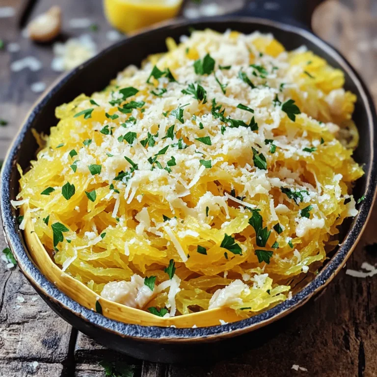 - 1 mittlerer Spaghetti-Kürbis - 6 Knoblauchzehen, geschält - 1/2 Tasse geriebener Parmesan - 4 Esslöffel Olivenöl - 1 Teelöffel Salz - 1/2 Teelöffel schwarzer Pfeffer - 1/2 Teelöffel rote Pfefferflocken (optional) - 1 Esslöffel frische Petersilie, gehackt - Schale von 1 Zitrone Ich liebe es, mit frischen Zutaten zu arbeiten. Der Spaghetti-Kürbis ist eine tolle Grundlage für dieses Rezept. Er hat eine tolle Textur und einen milden Geschmack. Ich verwende auch frischen Knoblauch, um reichhaltige Aromen zu erzeugen. Parmesan bringt ein salziges, nussiges Element hinein. Es passt perfekt zu den anderen Zutaten. Die Kombination aus Olivenöl, Salz und Pfeffer gibt dem Gericht die richtige Würze. Rote Pfefferflocken sind optional, aber sie geben einen tollen Kick. Vergessen Sie nicht die frische Petersilie! Sie bringt Farbe und Frische ins Gericht. Die Zitronenschale fügt eine spritzige Note hinzu, die alles aufhellt. Diese Zutaten machen unser Gericht zu einem echten Genuss. Heizen Sie Ihren Ofen auf 200°C (400°F) vor. Das sorgt für gleichmäßiges Rösten. Nehmen Sie den Spaghetti-Kürbis und schneiden Sie ihn der Länge nach in zwei Hälften. Entfernen Sie die Kerne mit einem Löffel. Diese Schritte sind einfach, aber wichtig für das beste Ergebnis. Legen Sie die Kürbishälften mit der Schnittfläche nach oben auf ein Backblech. Beträufeln Sie die Hälften mit 2 Esslöffeln Olivenöl. Würzen Sie sie mit 1 Teelöffel Salz und 1/2 Teelöffel schwarzem Pfeffer. Wenn Sie einen Hauch von Schärfe mögen, fügen Sie 1/2 Teelöffel rote Pfefferflocken hinzu. Wickeln Sie nun die geschälten Knoblauchzehen in Alufolie. Geben Sie 2 Esslöffel Olivenöl dazu und schließen Sie die Folie gut. Legen Sie das Päckchen neben den Kürbis auf das Backblech. Rösten Sie alles 40-45 Minuten. Der Kürbis sollte weich sein und sich leicht auskratzen lassen. Der Knoblauch wird weich und aromatisch. Nehmen Sie den Kürbis und den Knoblauch aus dem Ofen. Lassen Sie den Knoblauch kurz abkühlen. Drücken Sie die Zehen aus ihrer Haut in eine Schüssel. Zerdrücken Sie den Knoblauch mit einer Gabel, bis er glatt ist. In einer großen Rührschüssel kratzen Sie die Stränge aus dem Spaghetti-Kürbis mit einer Gabel. Fügen Sie den pürierten Knoblauch, 1/2 Tasse geriebenen Parmesan, die roten Pfefferflocken und die Zitronenschale hinzu. Mischen Sie alles gut. Probieren Sie die Mischung und passen Sie die Würze nach Bedarf an. Servieren Sie das Gericht warm, garniert mit frischer Petersilie und mehr Parmesan, wenn gewünscht. Die Röstdauer ist entscheidend für den perfekten Spaghetti-Kürbis. Ich empfehle, den Kürbis 40 bis 45 Minuten zu rösten. So wird er schön zart und lässt sich leicht mit einer Gabel auskratzen. Schauen Sie zwischendurch nach, damit er nicht zu weich wird. Jeder Ofen ist anders, also passen Sie die Zeit gegebenenfalls an. Um den besten Geschmack aus dem Knoblauch herauszuholen, wickeln Sie die geschälten Zehen in Alufolie. Fügen Sie etwas Olivenöl hinzu. Rösten Sie den Knoblauch zusammen mit dem Kürbis. Nach dem Rösten hat der Knoblauch einen süßen, milden Geschmack. Drücken Sie die Zehen nach dem Rösten einfach heraus. Das Würzen ist der Schlüssel zu einem großartigen Gericht. Nachdem Sie den Kürbis mit dem Knoblauch und Parmesan vermengt haben, probieren Sie die Mischung. Fügen Sie mehr Salz, Pfeffer oder rote Pfefferflocken hinzu, wenn nötig. Jeder hat einen anderen Geschmack. Passen Sie die Würze an Ihre Vorlieben an. {{image_4}} Für eine leckere vegetarische Variante können Sie mehr Gemüse hinzufügen. Zucchini oder Paprika passen gut. Auch Spinat bringt frische Aromen. Wenn Sie Käse lieben, probieren Sie Feta oder Mozzarella. Diese Käse geben dem Gericht eine cremige Note. Dieses Rezept ist bereits glutenfrei. Sie können es auch mit anderen glutenfreien Zutaten anpassen. Zum Beispiel, verwenden Sie glutenfreie Pasta oder Quinoa. Beide Optionen ergänzen die Aromen gut und machen das Gericht sättigender. Saisonales Gemüse gibt dem Gericht neue Geschmäcker. Im Herbst sind Kürbisse und Rosenkohl toll. Im Frühling können Sie Spargel und Erbsen verwenden. Frische Kräuter wie Basilikum oder Thymian machen das Gericht lebendig. Diese kleinen Änderungen bringen Vielfalt auf den Tisch. Um Reste von geröstetem Knoblauch-Parmesan-Spaghetti-Kürbis aufzubewahren, gibt es zwei gute Optionen: Kühlen oder Einfrieren. Wenn Sie die Reste kühlen, legen Sie sie in einen luftdichten Behälter. So bleiben sie frisch. Für langanhaltende Frische frieren Sie die Reste ein. Verwenden Sie geeignete Gefrierbehälter oder Beutel. Achten Sie darauf, die Luft herauszudrücken. So vermeiden Sie Gefrierbrand. Lagern Sie den Spaghetti-Kürbis im Kühlschrank. Ideal ist eine Temperatur unter 4°C. So bleibt der Geschmack erhalten. Der Kürbis hält sich dort etwa 3 bis 5 Tage. Stellen Sie sicher, dass er gut verpackt ist. Ein luftdichter Behälter schützt vor Feuchtigkeit. Dies hilft, die Frische zu maximieren. Wenn Sie den gerösteten Kürbis wieder aufwärmen, nutzen Sie den Ofen oder die Mikrowelle. Im Ofen erwärmen Sie ihn bei 180°C für etwa 15 Minuten. Sie können etwas Olivenöl hinzufügen, um ihn saftig zu halten. In der Mikrowelle erhitzen Sie ihn in kurzen Intervallen, um ihn nicht zu überkochen. So bleibt der Geschmack frisch und lecker. Gerösteter Spaghetti-Kürbis hält sich im Kühlschrank etwa 3 bis 5 Tage. Bewahren Sie ihn in einem luftdichten Behälter auf. Achten Sie darauf, dass der Kürbis gut abgekühlt ist, bevor Sie ihn lagern. So bleibt der Geschmack frisch und lecker. Ja, Sie können den Spaghetti-Kürbis im Voraus zubereiten. Rösten Sie ihn und lagern Sie ihn im Kühlschrank. Sie können die Reste auch einfrieren, um sie länger haltbar zu machen. Stellen Sie sicher, dass der Kürbis gut verpackt ist, wenn Sie ihn einfrieren. Wenn Sie bereit sind, ihn zu essen, wärmen Sie ihn einfach in der Mikrowelle oder im Ofen auf. Ja, Spaghetti-Kürbis ist sehr gesund. Er ist kalorienarm und reich an Ballaststoffen. Außerdem enthält er viele Vitamine, wie Vitamin A und C. Diese Nährstoffe unterstützen Ihr Immunsystem und fördern die Gesundheit. Spaghetti-Kürbis ist eine großartige Alternative zu traditionellen Nudeln. Zusammenfassend haben wir die wichtigen Zutaten und Schritte zur Zubereitung von Spaghetti-Kürbis behandelt. Du hast gelernt, wie du ihn perfekt rösten und nach deinem Geschmack würzen kannst. Variationen und Aufbewahrungstipps bieten dir mehr Flexibilität. Letztlich ist dieses Gericht einfach, gesund und sehr schmackhaft. Trau dich, kreativ zu sein und genieße die Vorteile eines nahrhaften Essens mit vielen Möglichkeiten.