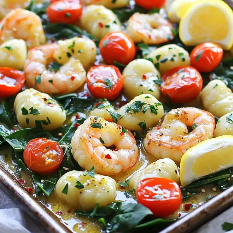 - 450 g Gnocchi - 450 g große Garnelen, geschält und entdarmt - 150 g Kirschtomaten, halbiert Die Hauptzutaten sind einfach zu finden. Gnocchi sind kleine Kartoffelklöße, die toll in diesem Gericht passen. Garnelen bringen einen feinen Geschmack. Kirschtomaten fügen Frische hinzu und sorgen für eine süße Note. - 60 g ungesalzene Butter - 5 Knoblauchzehen, fein gehackt - 1 Teelöffel getrockneter Oregano - 1 Teelöffel Paprika - ½ Teelöffel rote Pfefferflocken - Salz und Pfeffer nach Geschmack Die Gewürze und die Butter verleihen diesem Gericht viel Geschmack. Knoblauch ist ein Muss für den aromatischen Kick. Oregano und Paprika sind die perfekten Begleiter. Rote Pfefferflocken bringen eine leichte Schärfe. Salz und Pfeffer runden alles ab. - 2 Tassen Spinatblätter - Frische Petersilie, gehackt - Abrieb und Saft von 1 Zitrone Spinat bringt schöne Farbe und Nährstoffe. Frische Petersilie sorgt für einen frischen Geschmack. Zitronensaft und -abrieb geben dem Gericht die nötige Frische und helfen, die Aromen zu heben. Zuerst stelle die Gnocchi und die Garnelen bereit. Achte darauf, dass die Garnelen geschält und entdarmt sind. Das macht das Kochen einfacher. Hacke dann die Knoblauchzehen fein. Schmelze in einem kleinen Topf die Butter bei mittlerer Hitze. Füge den gehackten Knoblauch hinzu und brate ihn kurz an. Das gibt einen tollen Duft. Nimm die Butter vom Herd und stelle sie beiseite. Heize den Ofen auf 200°C vor. Nimm ein großes Backblech und verteile die ungekochten Gnocchi gleichmäßig darauf. Lege die Garnelen und die halbierten Kirschtomaten dazu. Träufle die Knoblauchbutter über alles. Streue Oregano, Paprika, rote Pfefferflocken, Salz und Pfeffer darüber. Vermische alles gut, damit die Aromen sich verbinden. Stelle das Backblech in den vorgeheizten Ofen und röste alles für 15 Minuten. Nimm das Backblech nach 15 Minuten aus dem Ofen. Füge die Spinatblätter hinzu und vermenge sie vorsichtig. Stelle das Blech für weitere 5 bis 7 Minuten zurück in den Ofen. Die Garnelen sollten jetzt gar sein und die Gnocchi knusprig. Nimm das Blech erneut heraus. Beträufle alles mit frischem Zitronensaft und -abrieb. Vermische es sanft. Garniere vor dem Servieren mit gehackter Petersilie. Wie man Gnocchi richtig zubereitet Um Gnocchi perfekt zu machen, achte auf die Kochzeit. Koche sie in sprudelndem Wasser. Sie sind fertig, wenn sie an die Oberfläche steigen. Dies dauert etwa zwei bis drei Minuten. Achte darauf, sie nicht zu lange zu kochen, damit sie nicht matschig werden. Optimale Garzeiten für Garnelen Garnelen sind schnell gar. Sie brauchen normalerweise nur fünf bis sieben Minuten im Ofen. Sie sind fertig, wenn sie rosa und fest sind. Achte darauf, die Garnelen nicht zu übergaren. So bleiben sie saftig und zart. Alternative Gemüsesorten Du kannst das Gemüse nach deinem Geschmack anpassen. Probiere Brokkoli, Zucchini oder Paprika. Diese Gemüsesorten bringen Farbe und zusätzliche Nährstoffe ins Essen. Du kannst sogar gefrorenes Gemüse verwenden, wenn es schnell gehen soll. Anpassungen für verschiedene Geschmäcker Wenn du es schärfer magst, füge mehr rote Pfefferflocken hinzu. Für eine mildere Version, lass sie einfach weg. Auch Kräuter wie Basilikum oder Thymian passen gut. Experimentiere mit Gewürzen, um neue Geschmäcker zu entdecken. Präsentationstipps Serviere das Gericht direkt aus der Blechpfanne. Das sieht rustikal und einladend aus. Du kannst auch jeden Teller individuell anrichten. Achte darauf, Garnelen, Gnocchi und Spinat gleichmäßig zu verteilen. Ein Zitronenschnitz an der Seite macht das Gericht frisch und schön. Beilagen, die gut dazu passen Ein einfacher gemischter Salat passt gut dazu. Auch Knoblauchbrot ist eine tolle Ergänzung. So hast du ein komplettes und schmackhaftes Mahl. Probiere auch einen leichten Weißwein, um die Aromen zu verstärken. {{image_4}} - Kühlschranklagerung: Lass die Reste abkühlen. Fülle sie in einen luftdichten Behälter. So bleiben sie bis zu drei Tage frisch. Achte darauf, die Garnelen und Gnocchi gut zu lagern. Das hilft, ihre Textur zu bewahren. - Einfrieren des Gerichts: Du kannst das Gericht auch einfrieren. Teile es in Portionen auf. Verwende gefriergeeignete Behälter oder Beutel. So bleibt das Essen bis zu drei Monate haltbar. Vergiss nicht, das Datum zu notieren. - Beste Methoden zum Aufwärmen: Der Ofen ist die beste Wahl. Heize ihn auf 180°C vor. Lege die Reste auf ein Backblech. Das sorgt dafür, dass die Gnocchi knusprig bleiben und die Garnelen gleichmäßig warm werden. - Tipps für die Vermeidung von gummiartigen Garnelen: Um gummiartige Garnelen zu vermeiden, erwärme sie langsam. Gekochte Garnelen brauchen nicht lange. Achte darauf, sie nicht zu überhitzen. Ein paar Minuten reichen oft aus. So bleiben sie zart und saftig. Eine Portion von Blech-Pfannen-Gnocchi mit Knoblauchbutter und Garnelen hat etwa 450 Kalorien. Diese Zahl kann je nach Zutaten leicht variieren. In jeder Portion sind folgende Makronährstoffe enthalten: - Fett: 22 g - Kohlenhydrate: 45 g - Eiweiß: 20 g Diese Kombination macht das Gericht nahrhaft und sättigend. Die Gnocchi liefern Kohlenhydrate, die Ihnen Energie geben. Die Garnelen bringen hochwertiges Eiweiß in die Mahlzeit. Garnelen sind nicht nur lecker, sie sind auch gesund. Sie sind reich an Omega-3-Fettsäuren und Protein. Diese Nährstoffe fördern die Herzgesundheit und helfen beim Muskelaufbau. Außerdem enthalten Garnelen wenig Fett, was sie zu einer guten Wahl macht. Spinat ist ein weiteres gesundes Element in diesem Gericht. Er ist voller Vitamine und Mineralien. Spinat enthält Eisen, das wichtig für die Blutbildung ist. Er hat auch Antioxidantien, die das Immunsystem stärken. Wenn Sie auf Gluten achten müssen, können Sie glutenfreie Gnocchi verwenden. Diese sind heute in vielen Läden erhältlich. So genießen Sie das Gericht ohne Bedenken. Alternativ können Sie auch Zucchini-Nudeln verwenden. Diese sind leicht und passen gut zu Garnelen und Knoblauchbutter. Die Zubereitung dauert etwa 30 Minuten. Die Vorbereitungszeit ist 10 Minuten. Das Kochen im Ofen nimmt nur 20 Minuten in Anspruch. Das ist schnell und einfach. So bleibt mehr Zeit zum Genießen! Ja, du kannst das Rezept leicht anpassen. Ersetze die Garnelen mit gebratenem Tofu oder Kichererbsen. Nutze vegane Butter, um die Knoblauchbutter zuzubereiten. Spinat und Kirschtomaten sind bereits pflanzlich. So bleibt das Gericht lecker und vegan. Als Beilagen passen viele Dinge. Ein frischer Salat ist eine tolle Wahl. Auch Brot oder Knoblauchbrot ergänzen das Gericht gut. Wenn du etwas Herzhaftes magst, serviere geröstetes Gemüse dazu. So wird dein Essen noch besser! In diesem Blogbeitrag haben wir ein einfaches Rezept für Blech-Pfannen-Gnocchi mit Garnelen betrachtet. Wir haben die Zutaten, die Zubereitung und Tipps für den perfekten Genuss besprochen. Denke daran, frische Zutaten zu nutzen und kreativ mit dem Rezept umzugehen. Beachte auch die Lagerung und Aufwärm-Tipps, um das Gericht ein zweites Mal zu genießen. Gnocchi und Garnelen sind lecker, nahrhaft und passen gut in jede Küche. Probiere es aus und genieße dein Gericht!