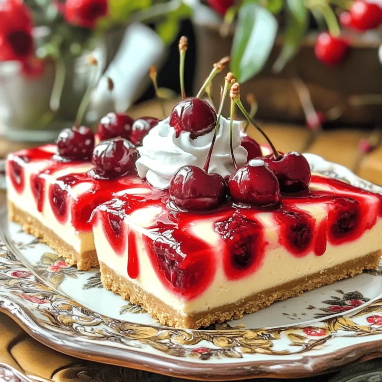Um die Kirschtorte Cheesecake Riegel herzustellen, brauchst du folgende Hauptzutaten: - 1 ½ Tassen Graham-Cracker-Brösel - ½ Tasse ungesalzene Butter, geschmolzen - 2 Esslöffel Kristallzucker - 450 g Frischkäse, auf Zimmertemperatur gebracht - 200 g Kristallzucker - 2 große Eier - 1 Teelöffel Vanilleextrakt - 1 Tasse Schmand Diese Zutaten sind die Basis für deine köstlichen Riegel. Die Graham-Cracker-Brösel geben der Kruste den perfekten Crunch. Der Frischkäse sorgt für die cremige Textur, die jeder liebt. Für die Füllung benötigst du: - 1 Dose (600 g) Kirschkuchenfüllung - 1 Esslöffel Speisestärke Die Kirschkuchenfüllung gibt den Riegeln ihren fruchtigen Geschmack. Die Speisestärke hilft, die Füllung zu binden, sodass sie nicht zu flüssig ist. Für eine schöne Präsentation kannst du Folgendes hinzufügen: - Frische Kirschen - Ein Klecks Schlagsahne Diese Dekorationen machen die Riegel noch attraktiver. Sie fügen auch einen zusätzlichen Geschmack hinzu, der das Dessert aufwertet. Heize deinen Ofen auf 163 °C vor. Nimm eine 23x23 cm Backform und lege sie mit Backpapier aus. Lass das Papier über die Ränder hängen. So kannst du die Riegel später leicht herausnehmen. In einer großen Schüssel vermenge 1 ½ Tassen Graham-Cracker-Brösel, ½ Tasse geschmolzene Butter und 2 Esslöffel Zucker. Rühre die Mischung gut, bis sie wie nasser Sand aussieht. Drücke die Mischung fest in den Boden der Backform. Backe die Kruste 10 Minuten lang und lasse sie dann abkühlen. In einer anderen Schüssel schlage 450 g Frischkäse mit einem Mixer cremig. Füge nach und nach 200 g Zucker hinzu und mixe weiter. Gib die 2 großen Eier einzeln dazu und rühre nur kurz nach jeder Zugabe. Mixe dann 1 Teelöffel Vanilleextrakt und 1 Tasse Schmand unter, bis die Masse glatt ist. Gieße die Cheesecake-Masse gleichmäßig auf die abgekühlte Kruste. In einer kleinen Schüssel vermenge 1 Dose Kirschkuchenfüllung mit 1 Esslöffel Speisestärke. Löffle kleine Kleckse der Füllung auf die Cheesecake-Masse. Verwende ein Messer, um die Füllung leicht zu marmorieren. Backe die Riegel 45-50 Minuten, bis die Mitte fest ist. Lass sie in der Form abkühlen und kühle sie dann im Kühlschrank für mindestens 3 Stunden. Um die perfekte Cheesecake-Konsistenz zu erreichen, nutzen Sie Zimmertemperatur-Frischkäse. Kalter Frischkäse macht die Mischung klumpig. Schlagen Sie den Frischkäse zuerst allein, bis er glatt ist. Dann fügen Sie nach und nach den Zucker hinzu. Mixen Sie nur kurz, nachdem Sie die Eier hinzugefügt haben. Zu langes Mixen kann Luftblasen erzeugen, die beim Backen platzen. Ein häufiges Problem ist, dass der Cheesecake nicht fest wird. Um das zu vermeiden, stellen Sie sicher, dass der Ofen die richtige Temperatur hat. Ein zu heißer Ofen kann die Ränder bräunen, während die Mitte flüssig bleibt. Wenn Ihr Cheesecake Risse hat, backen Sie ihn nicht zu lange. Lassen Sie ihn im Ofen abkühlen, um Risse zu vermeiden. Für die Präsentation legen Sie die Riegel auf ein schönes Tablett. Garnieren Sie sie mit frischen Kirschen oder einem Klecks Schlagsahne. Ein Hauch Puderzucker verleiht den Riegeln einen feinen Look. Servieren Sie sie kalt für einen erfrischenden Genuss. {{image_4}} Du kannst diese Kirschtorte Cheesecake Riegel leicht abwandeln. Verwende statt Kirschen andere Früchte. Heidelbeeren, Erdbeeren oder Pfirsiche sind tolle Optionen. Jede Frucht bringt ihren eigenen Geschmack mit. Mische die Füllung, um neue Aromen zu entdecken. Probiere zum Beispiel eine Kombination aus Himbeeren und Schokolade. Der Spaß am Backen liegt im Experimentieren. Wenn du eine glutenfreie Option brauchst, ersetze die Graham-Cracker. Nutze glutenfreie Kekse oder Haferflocken. Mische sie mit geschmolzener Butter und Zucker. Die Konsistenz bleibt ähnlich. Du wirst die Kruste nicht vermissen. Achte auch darauf, glutenfreie Produkte für die anderen Zutaten zu wählen. Möchtest du die Cheesecake-Riegel vegan machen? Verwende vegane Frischkäse-Alternativen. Statt Eiern kannst du Leinsamen oder Apfelmus nehmen. Diese Zutaten sorgen für die nötige Bindung. Für die Creme nutze Kokoscreme oder Cashewcreme. So bleibt der Geschmack lecker und cremig. Veganes Backen ist einfach und macht Spaß! Um die Kirschtorte Cheesecake Riegel frisch zu halten, sollten Sie sie richtig lagern. Lassen Sie die Riegel nach dem Backen vollständig abkühlen. Wickeln Sie die Riegel dann fest in Frischhaltefolie. Alternativ können Sie eine luftdichte Box verwenden. Achten Sie darauf, dass sie nicht zu stark gestapelt sind. So bleibt die Textur der Riegel erhalten. Die Kirschtorte Cheesecake Riegel halten sich bis zu fünf Tage im Kühlschrank. Lagern Sie sie in einem kühlen Bereich, um die Frische zu bewahren. Nach ein paar Tagen kann die Kruste weich werden. Um dies zu vermeiden, essen Sie die Riegel am besten schnell. Wenn Sie die Riegel länger aufbewahren möchten, können Sie sie einfrieren. Schneiden Sie die Riegel in Portionen und wickeln Sie jede Portion einzeln in Frischhaltefolie. Legen Sie sie dann in einen gefriergeeigneten Behälter. So halten sie bis zu drei Monate. Zum Auftauen legen Sie die Riegel einfach in den Kühlschrank. Lassen Sie sie über Nacht auftauen. Genießen Sie die Riegel kalt oder lassen Sie sie kurz bei Raumtemperatur stehen. Die Kirschtorte Cheesecake Riegel halten sich gut im Kühlschrank. Sie bleiben frisch für etwa fünf bis sieben Tage. Lagern Sie sie in einem luftdichten Behälter. So bleiben sie saftig und lecker. Ja, Sie können diese Riegel im Voraus zubereiten. Es ist eine tolle Idee, sie einen Tag vor einem Event zu machen. Lassen Sie die Riegel gut abkühlen und kühlen Sie sie dann. So haben Sie weniger Stress am Tag der Feier. Wenn der Cheesecake nicht fest wird, könnte es an zu viel Rühren liegen. Mischen Sie die Zutaten gerade so lange, bis sie gut vermischt sind. Wenn er nach dem Backen noch weich ist, lassen Sie ihn länger im Kühlschrank. Die Kälte hilft, die Konsistenz zu verbessern. Zu den Kirschtorte Cheesecake Riegeln passen viele Beilagen. Ich empfehle frische Kirschen oder einen Klecks Schlagsahne. Auch ein Hauch von Schokoladensauce macht sich gut. Diese Beilagen ergänzen den Geschmack und machen das Dessert noch schöner. Die Kirschtorte Cheesecake Riegel sind ein einfacher, aber köstlicher Genuss. Du hast gelernt, welche Zutaten du brauchst und wie du sie Schritt für Schritt zubereitest. Die Tipps helfen dir, die perfekte Konsistenz zu erreichen und häufige Fehler zu vermeiden. Zudem gibt es viele Variationen, um das Rezept anzupassen. Achte auf die richtigen Lagerungsmethoden, damit deine Riegel frisch bleiben. Lass dich von den Möglichkeiten inspirieren und experimentiere mit eigenen Ideen. Deine Kirschtorte Cheesecake Riegel werden sicher ein Hit!