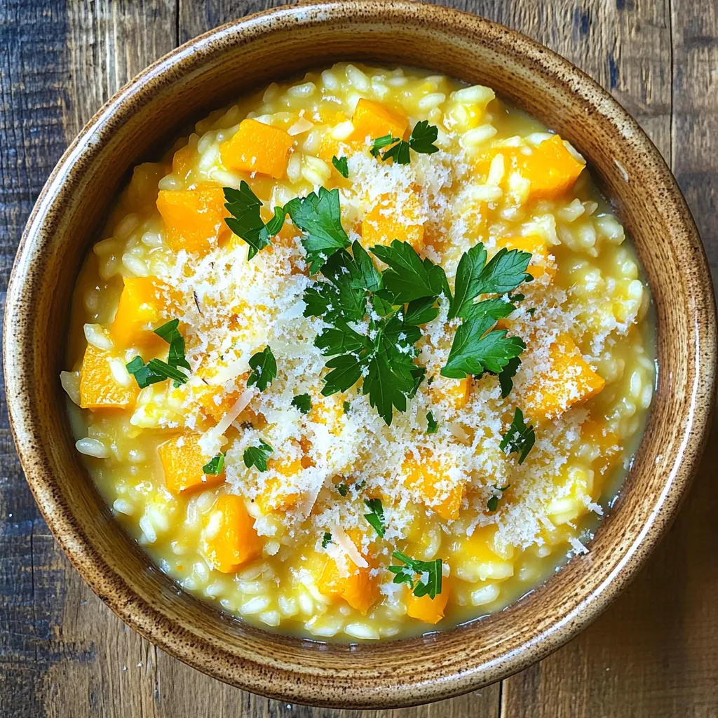 - 1 mittlerer Butternusskürbis, geschält und gewürfelt - 1 Tasse Arborio-Reis - 4 Tassen Gemüsebrühe Butternusskürbis bringt eine süße Note und Farbe ins Gericht. Er hat auch viele Nährstoffe. Arborio-Reis ist perfekt für Risotto, da er beim Kochen eine cremige Textur entwickelt. Gemüsebrühe gibt Geschmack und Tiefe. Sie sorgt dafür, dass das Risotto nicht nur lecker, sondern auch gesund ist. - 1 mittlere Zwiebel, fein gehackt - 3 Knoblauchzehen, gehackt - 1 Tasse ungesüßte Mandelmilch - 1/2 Tasse geriebener Parmesan (oder Hefeflocken für eine vegane Option) - 2 Esslöffel Olivenöl - 1 Teelöffel getrockneter Thymian - Salz und Pfeffer nach Geschmack - Frische Petersilie, gehackt (zum Garnieren) Zwiebel und Knoblauch geben dem Risotto einen tollen Geschmack. Sie sind die Basis für viele Gerichte. Mandelmilch macht das Risotto schön cremig und leicht. Parmesan gibt einen herzhaften Geschmack. Du kannst auch Hefeflocken verwenden, wenn du vegan kochen möchtest. Thymian bringt ein tolles Aroma. Frische Petersilie sorgt für einen schönen Farbkontrast und frische beim Servieren. Zuerst schneidest du die Zwiebel und den Knoblauch. Nimm eine mittlere Zwiebel und hacke sie fein. Dann nimm drei Knoblauchzehen und hacke sie ebenfalls klein. Als Nächstes bereitest du den Butternusskürbis vor. Schäle ihn sorgfältig und würfle ihn in kleine Stücke. Diese Stücke sorgen für eine süße, cremige Basis in deinem Risotto. Erhitze in einem großen Topf das Olivenöl bei mittlerer Hitze. Gib die gehackte Zwiebel hinein und ansautiere sie für etwa fünf Minuten. Sie sollte glasig und weich werden. Jetzt füge den Knoblauch und den Thymian hinzu. Brate sie für eine weitere Minute an, bis die Mischung duftet. Dann gib die gewürfelten Butternusskürbis-Stücke in den Topf. Brate sie für etwa drei bis vier Minuten, bis sie leicht weich sind. Jetzt kommt der Arborio-Reis. Rühre ihn gut ein, damit jeder Reiskorn mit Öl und Gemüse umhüllt wird. Röste den Reis für zwei Minuten, dabei ständig rühren. Fange an, die Gemüsebrühe hinzuzufügen. Gib jeweils eine Tasse hinzu und rühre, bis der Reis die Flüssigkeit aufnimmt. Wiederhole das etwa 15 bis 20 Minuten lang. Der Reis sollte am Ende al dente sein. Wenn der Reis fertig ist, füge die Mandelmilch hinzu. Rühre alles gut um, bis die Mischung cremig und glatt ist. Ist das Risotto zu dick? Füge mehr Brühe oder Mandelmilch hinzu. Jetzt kommt der Parmesan. Rühre ihn unter und würze mit Salz und Pfeffer. Nimm den Topf vom Herd und lasse das Risotto für ein paar Minuten ruhen. Serviere das Risotto warm. Garniere es mit frischer, gehackter Petersilie für einen schönen Farbkontrast. - Richtiges Rühren Rühren ist der Schlüssel zu gutem Risotto. Sie sollten den Reis ständig bewegen. Dies hilft, die Stärke freizusetzen, damit das Risotto schön cremig wird. Verwenden Sie einen Holzlöffel für beste Ergebnisse. - Konsistenz überprüfen Achten Sie darauf, die Konsistenz des Risottos zu prüfen. Es sollte cremig, aber nicht flüssig sein. Wenn es zu dick wird, fügen Sie einfach etwas mehr Brühe oder Mandelmilch hinzu. - Kräuter und Gewürze anpassen Experimentieren Sie mit Kräutern und Gewürzen. Ein wenig frischer Rosmarin oder Salbei kann das Gericht aufpeppen. Fügen Sie die Kräuter am Ende hinzu, um den Geschmack zu bewahren. - Alternative Käsesorten verwenden Parmesan gibt einen tollen Geschmack, aber andere Käsesorten sind auch großartig. Versuchen Sie Pecorino oder einen milden Gouda. Veganer können Hefeflocken verwenden, die einen ähnlichen Geschmack bieten. {{image_4}} Wenn du eine vegane Variante des Risottos machen möchtest, tausche den Parmesan gegen Hefeflocken. Hefeflocken sind eine tolle Quelle für Geschmack und Nährstoffe. Sie geben dem Gericht eine käsige Note, ohne tierische Produkte zu verwenden. Du kannst auch ungesüßte Mandelmilch oder andere pflanzliche Milchsorten nutzen. Kokosmilch gibt einen zusätzlichen, cremigen Geschmack. Für die Brühe wähle eine Gemüsebrühe ohne tierische Produkte. Egal, ob du mehr Geschmack oder mehr Textur willst, du kannst viele Zutaten hinzufügen. Pilze bringen einen herzhaften Geschmack. Spinat fügt schöne grüne Farbe und Nährstoffe hinzu. Erbsen sind süß und machen das Risotto lebendiger. Auch Süßkartoffeln sind eine gute Wahl. Sie bieten eine süße Note und machen das Risotto noch cremiger. Probiere diese Variationen aus und finde deine Lieblingskombination. Um dein Risotto frisch zu halten, decke es gut ab. Du kannst Frischhaltefolie oder einen Deckel verwenden. So bleibt der Geschmack erhalten und es trocknet nicht aus. Lagere das Risotto im Kühlschrank. Es bleibt dort etwa 3 bis 4 Tage genießbar. Wenn du es länger aufbewahren möchtest, friere es ein. Wenn es Zeit ist, das Risotto aufzuwärmen, hast du zwei Optionen: Mikrowelle oder Herd. Die Mikrowelle ist schneller, aber der Herd gibt dir mehr Kontrolle. Wenn du den Herd wählst, erhitze das Risotto bei mittlerer Hitze. Füge etwas Brühe oder Mandelmilch hinzu, um es cremig zu halten. Die Konsistenz kann sich beim Erwärmen ändern. Wenn es zu dick ist, mische etwas mehr Flüssigkeit ein. So bleibt dein Risotto schön cremig und lecker. Die Zubereitung von Risotto dauert insgesamt etwa 40 Minuten. Davon sind 10 Minuten für die Vorbereitung und 30 Minuten für das Kochen. Die Vorbereitung umfasst das Schneiden der Zwiebel, des Knoblauchs und des Butternusskürbisses. Das Kochen erfordert ständiges Rühren, damit der Reis die Brühe gut aufnimmt. Ja, du kannst Risotto im Voraus zubereiten. Koche das Risotto und lass es dann abkühlen. Bewahre es in einem luftdichten Behälter im Kühlschrank auf. Es bleibt so bis zu drei Tage frisch. Zum Aufwärmen füge etwas Brühe oder Mandelmilch hinzu. Das hilft, die cremige Textur wiederherzustellen. Ja, Risotto kann glutenfrei sein. Verwende Arborio-Reis, der von Natur aus glutenfrei ist. Achte darauf, dass die Gemüsebrühe ebenfalls glutenfrei ist. So kannst du sicher sein, dass dein Risotto für alle geeignet ist. Zusammenfassend haben wir die Hauptzutaten für ein köstliches Risotto betrachtet. Butternusskürbis, Arborio-Reis und Gemüsebrühe sind die Basis. Du lernst, wie du Zwiebel und Knoblauch für Aromen nutzt. Mit einfachen Schritten bereitest du das Risotto zu und kannst es verfeinern. Denk daran, dass Rühren und die richtige Konsistenz wichtig sind. Variiere mit veganen Optionen oder zusätzlichen Zutaten, um es spannend zu halten. Mit diesen Tipps und Tricks kommst du deinem perfekten Risotto näher.