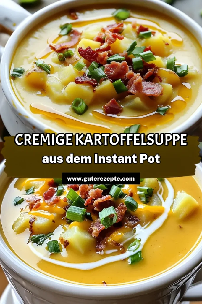 Genieße eine herzhafte und cremige Instant Pot Loaded Baked Potato Soup, die schnell und einfach zuzubereiten ist! Mit Russet-Kartoffeln, cremiger Schlagsahne, geriebenem Cheddarkäse und knusprigem Bacon wird diese Suppe zum perfekten Komfortessen an kalten Tagen. Klicke hier, um das Rezept zu entdecken und dir eine köstliche Portion zu sichern! #InstantPot #Kartoffelsuppe #SchnelleRezepte #Komfortessen