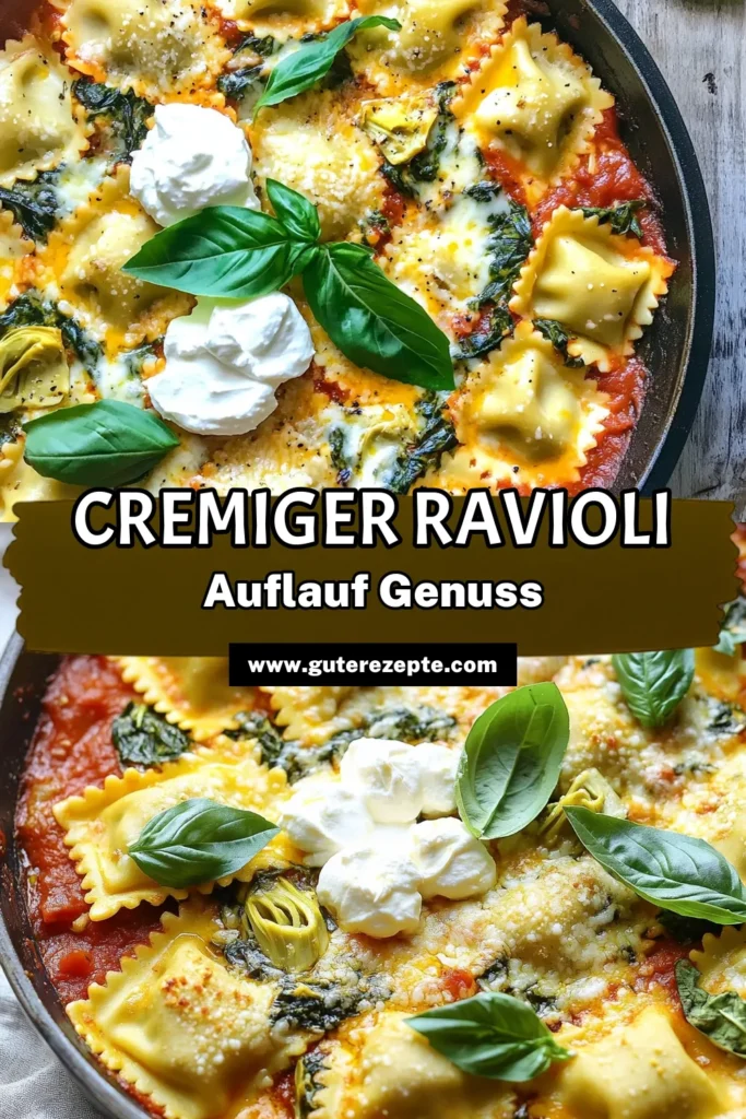 Entdecken Sie unser köstliches Rezept für Ein-Pfannen Cremiger Spinatsalat und Artischocken Ravioli Auflauf. Dieses einfache Gericht vereint frische Ravioli, Spinat und Artischocken in einer cremigen Marinara-Sauce, perfekt für ein schnelles Abendessen unter der Woche. Mit nur wenigen Zutaten und einer Zubereitungszeit von nur 45 Minuten ist es nicht nur lecker, sondern auch super schnell gemacht. Klicken Sie durch und lassen Sie sich von den Rezeptdetails inspirieren!