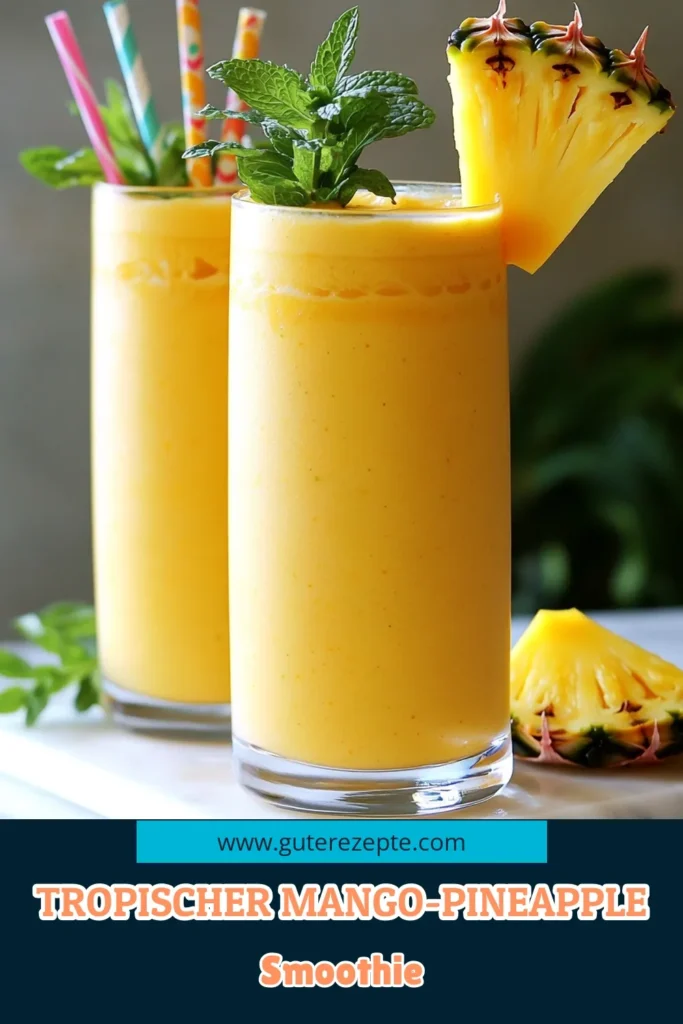 Genießen Sie den ultimativen Mango-Pineapple-Paradies-Smoothie! Dieser erfrischende Drink kombiniert reife Mango, frische Ananas und cremige Kokosmilch für ein tropisches Geschmackserlebnis. Ideal für heiße Tage oder als gesunder Snack! Erfahren Sie, wie einfach Sie diesen köstlichen Smoothie zubereiten können und bringen Sie das Urlaubsgefühl nach Hause. Klicken Sie jetzt durch, um das Rezept zu entdecken! #MangoSmoothie #AnanasRezepte #GesundeSnacks #SmoothieLiebhaber