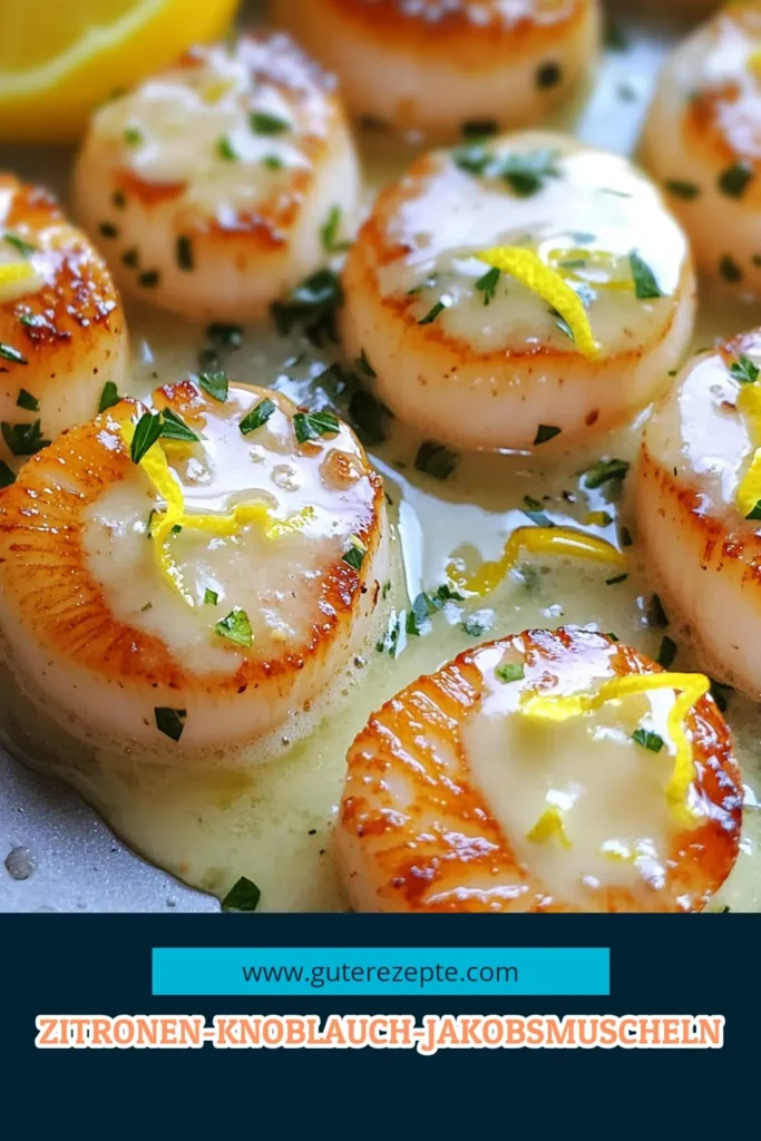 Entdecken Sie das köstliche Rezept für Zitronen-Knoblauch-Butter Jakobsmuscheln! Diese zarten Jakobsmuscheln, perfekt gebraten und in einer aromatischen Zitronen-Knoblauch-Butter-Sauce serviert, sind einfach zuzubereiten und ideal für besondere Anlässe oder ein romantisches Dinner. Klicken Sie jetzt, um die vollständigen Schritte und Tipps für die perfekte Präsentation zu erfahren. Guten Appetit! #Jakobsmuscheln #ZitronenKnoblauchButter #Meeresfrüchte #Rezeptideen