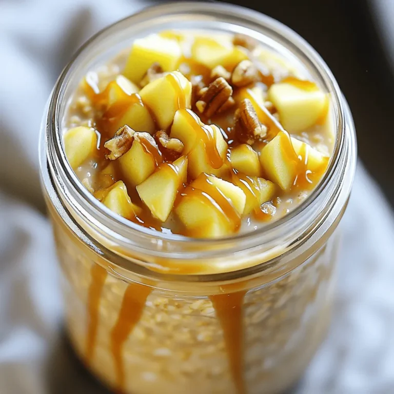 - 1 Tasse zarte Haferflocken - 1 ½ Tassen ungesüßte Mandelmilch - 1 mittelgroßer Apfel, geschält, entkernt und gewürfelt Die Hauptzutaten sind einfach und lecker. Zarte Haferflocken geben eine tolle Basis. Sie sind gesund und sättigend. Ungesüßte Mandelmilch macht die Mischung cremig. Du kannst auch andere Milch verwenden. Ein frisch gewürfelter Apfel bringt einen süßen und knackigen Biss. Achte darauf, einen guten Apfel zu wählen. Ein knackiger Apfel macht den Unterschied. - 2 Esslöffel Karamellsauce - 1 Esslöffel Ahornsirup (optional, für zusätzliche Süße) - 1 Teelöffel gemahlener Zimt - ½ Teelöffel Vanilleextrakt Diese Zutaten machen das Rezept besonders. Karamellsauce sorgt für den süßen Geschmack. Du kannst sie kaufen oder selbst machen. Ahornsirup gibt einen zusätzlichen süßen Kick. Zimt und Vanilleextrakt bringen Wärme und Tiefe. Sie sind perfekte Begleiter zum Apfel. Diese Aromen machen das Frühstück spannend und lecker. - ¼ Tasse griechischer Joghurt (optional, für mehr Cremigkeit) - Gehackte Nüsse (Walnüsse oder Pekannüsse) zur Dekoration Griechischer Joghurt fügt Cremigkeit hinzu. Er macht die Haferflocken noch reichhaltiger. Nüsse geben einen schönen Crunch. Du kannst Walnüsse oder Pekannüsse verwenden. Diese Optionen machen dein Frühstück noch besser. Es ist wichtig, die Zutaten nach deinem Geschmack anzupassen. So wird es immer lecker sein. Beginne mit einer großen Rührschüssel. Gib 1 Tasse zarte Haferflocken hinein. Füge 1 ½ Tassen ungesüßte Mandelmilch hinzu. Rühre gut um, bis die Haferflocken die Milch aufnehmen. Jetzt kommt der Spaß! Schäle und entkerne einen mittelgroßen Apfel. Schneide ihn in kleine Stücke. Gib die Äpfel in die Schüssel. Dann füge 2 Esslöffel Karamellsauce hinzu. Wenn du es süßer magst, kannst du auch 1 Esslöffel Ahornsirup dazugeben. Jetzt kommt der Geschmack. Streue 1 Teelöffel gemahlenen Zimt und ½ Teelöffel Vanilleextrakt hinein. Wenn du magst, füge ¼ Tasse griechischen Joghurt für Cremigkeit hinzu. Rühre alles gut um, bis alle Zutaten gleichmäßig verteilt sind. Nehme zwei Gläser oder luftdichte Behälter. Teile die Mischung gleichmäßig auf. Stelle sicher, dass jede Portion gut gefüllt ist. Verschließe die Gläser fest. Lagere sie über Nacht im Kühlschrank. So nehmen die Haferflocken die Flüssigkeit auf und werden weich. Am Morgen sind die Haferflocken bereit. Rühre sie gut um, um die Konsistenz zu verbessern. Wenn sie zu dick sind, füge einfach einen Schuss Mandelmilch hinzu. Jetzt wird es kreativ. Garniere jedes Glas mit gehackten Nüssen. Du kannst auch einen zusätzlichen Spritzer Karamellsauce darüber geben. Serviere die Karamell-Apfel-Pie-Overnight-Oats und genieße dein leckeres Frühstück! - Bereite alle Zutaten im Voraus vor. Das spart Zeit. - Halte die Haferflocken und die Flüssigkeit bereit. - Lagere die Mischung in luftdichten Behältern. So bleibt alles frisch. - Stelle die Gläser gleich in den Kühlschrank. So sind sie bereit für die Nacht. - Wenn die Haferflocken hart sind, lass sie länger im Kühlschrank. - Um die Mischung weicher zu machen, füge mehr Milch hinzu. - Rühre die Mischung am Morgen gut durch. So wird sie schön cremig. - Probiere verschiedene Toppings aus. Gehackte Nüsse passen gut dazu. - Du kannst auch frische Früchte oben drauf geben. - Wechsle die Süßungsmittel ab. Honig oder Agavendicksaft sind tolle Optionen. - Experimentiere mit Gewürzen. Ein bisschen Muskatnuss kann viel bewirken. {{image_4}} Du kannst die Grundrezepte anpassen, um neue Geschmäcker zu entdecken. Hier sind einige Ideen: - Andere Obstsorten verwenden: Probier Birnen oder Pfirsiche. Diese Früchte bringen frische Aromen in die Oats. - Unterschiedliche Nüsse und Samen: Walnüsse und Pekannüsse sind toll. Du kannst auch Mandeln oder Chiasamen hinzufügen. Diese geben Crunch und Nährstoffe. Hast du Allergien? Das ist kein Problem! Hier sind einige Optionen: - Pflanzenbasierte Milchoptionen: Verwende Sojamilch oder Hafermilch. Diese sind großartige Alternativen zur Mandelmilch. - Glutenfreie Zutaten: Achte darauf, glutenfreie Haferflocken zu wählen. So kannst du sicher genießen. Wenn du deinen Zuckerkonsum senken möchtest, gibt es viele Möglichkeiten: - Zuckeralternativen: Teste Stevia oder Erythrit. Diese Süßstoffe sind kalorienarm und gut für die Gesundheit. - Verwendung von Fruchtsirupen: Honig oder Agavendicksaft sind lecker. Sie fügen natürliche Süße hinzu und verbessern den Geschmack. Mit diesen Variationen kannst du deine Karamell-Apfel-Pie-Overnight-Oats nach deinem Geschmack anpassen. Sei kreativ und entdecke neue Kombinationen! Die Karamell-Apfel-Pie-Overnight-Oats halten sich bis zu fünf Tage im Kühlschrank. Diese Haltbarkeit bleibt, wenn Sie sie in einem luftdichten Behälter aufbewahren. Ich empfehle, Gläser mit einem Schraubverschluss zu verwenden. Diese Gläser schützen die Oats vor Luft und Feuchtigkeit. Wenn Sie mehr davon machen, können Sie die Haferflocken auch einfrieren. Füllen Sie die Mischung in einen gefrierfesten Behälter. Achten Sie darauf, etwas Platz für die Ausdehnung zu lassen. So bleibt die Textur beim Auftauen gut. Zum Auftauen nehmen Sie die Portionen einfach in den Kühlschrank. Lassen Sie sie dort über Nacht. Die Haferflocken sind am nächsten Tag bereit zum Essen. Haben Sie Reste? Verwenden Sie sie für gesunde Snacks! Mischen Sie die Haferflocken mit Joghurt für einen leckeren Snack. Sie können auch kleine Muffins daraus backen. Einfach die Mischung in eine Muffinform geben und backen. Diese Ideen helfen, nichts wegzuwerfen und lecker zu bleiben. Die Overnight Oats bleiben frisch für bis zu 3 Tage im Kühlschrank. Achte darauf, die Gläser gut zu verschließen. So bleibt die Feuchtigkeit drin und die Haferflocken weich. Wenn du sie länger aufbewahren möchtest, kannst du auch die Zutaten getrennt lagern. So kannst du sie frisch zubereiten, wenn du Lust darauf hast. Ja, du kannst viele Milchsorten verwenden. Soja-, Hafer- oder Kokosnussmilch sind gute Alternativen. Jede Milch hat ihren eigenen Geschmack. Probiere verschiedene Sorten aus, um herauszufinden, was dir am besten schmeckt. Denke daran, ungesüßte Optionen zu wählen, wenn du den Zuckergehalt niedrig halten möchtest. Ja, Karamell-Apfel-Pie-Overnight-Oats sind ein gesundes Frühstück. Sie enthalten Ballaststoffe, die lange satt machen. Äpfel liefern Vitamine, und Hafer ist gut für die Verdauung. Wenn du griechischen Joghurt hinzufügst, bekommst du zusätzlich Proteine. Diese Kombination macht dein Frühstück nahrhaft und lecker. Die Zutaten für deine Overnight Oats sind einfach und gesund. Zarte Haferflocken, Mandelmilch und frische Äpfel bilden die Basis. Du kannst sie süßen mit Karamellsauce oder Ahornsirup und mit Zimt verfeinern. Außerdem lernst du, wie du die Gerichte zubereitest und lagerst. Mit nützlichen Tipps wird alles einfacher. Nachdem du deine Overnight Oats zubereitet hast, kannst du sie individuell anpassen. Das macht jede Portion einzigartig und lecker. Mit einigen dieser Ideen wirst du nie wieder Langeweile beim Frühstück haben. Nutze die Vielfalt und genieße dein gesundes Frühstück!