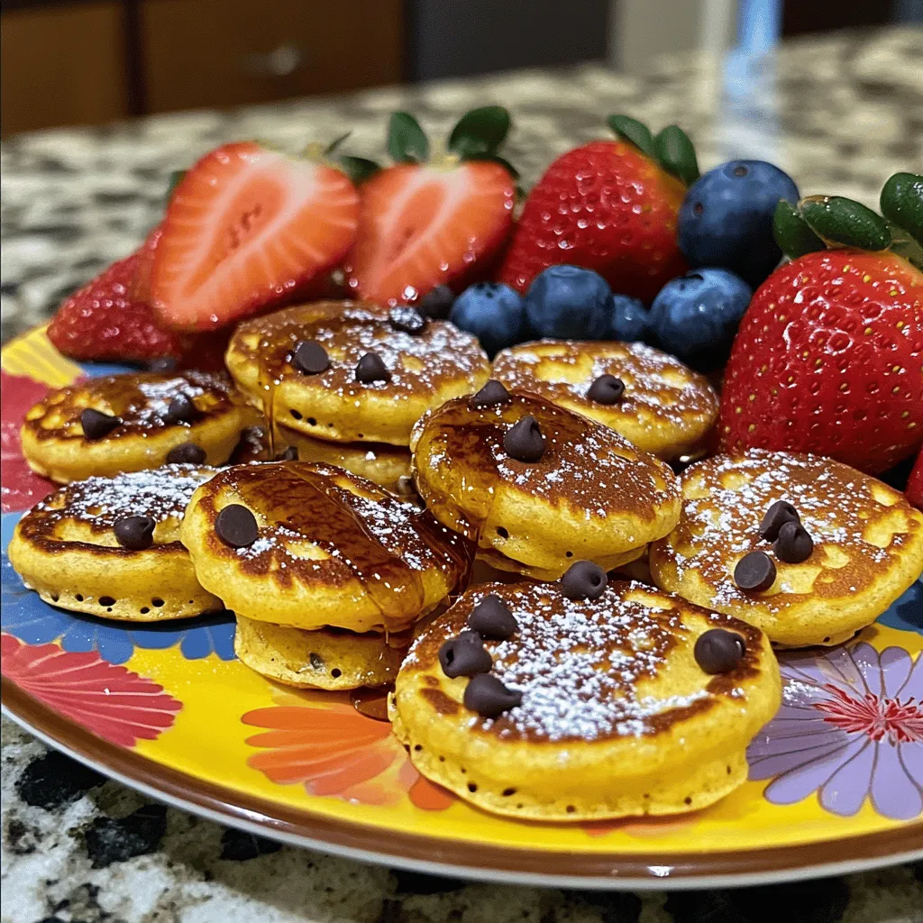 - 1 Tasse Haferflocken - 1 Portion Schokoladen-Proteinpulver - 1 reife Banane, zerdrückt - 1/2 Tasse griechischer Joghurt - 2 Eier - 1 Teelöffel Backpulver - 1 Teelöffel Vanilleextrakt - 1/4 Tasse kleine Schokoladenstückchen - Eine Prise Salz - Kochspray oder eine kleine Menge Kokosöl Die Hauptallergene in diesem Rezept sind Eier und Milchprodukte. Wenn du eine Ei-Allergie hast, kannst du einen Ei-Ersatz verwenden. Für eine milchfreie Variante, wähle pflanzlichen Joghurt und Proteinpulver. Achte darauf, dass deine Zutaten glutenfrei sind, wenn du glutenfrei kochen möchtest. - Haferflocken: Reich an Ballaststoffen und gut für die Verdauung. - Schokoladen-Proteinpulver: Hilft beim Muskelaufbau und ist eine gute Proteinquelle. - Banane: Liefert natürliche Süße und Kalium. - Griechischer Joghurt: Hoch in Protein und gut für die Verdauung. - Eier: Eine komplette Proteinquelle und fördern die Sättigung. - Backpulver: Sorgt für das Aufgehen der Bites. - Vanilleextrakt: Verleiht einen tollen Geschmack. - Schokoladenstückchen: Bringen Freude und schokoladigen Geschmack. - Salz: Verstärkt den Geschmack. - Kochspray oder Kokosöl: Hilft, dass nichts kleben bleibt. Diese Zutaten machen die High-Protein Schokoladen-Chip Pfannkuchen Bites nicht nur lecker, sondern auch nahrhaft und sättigend. Sie sind perfekt für ein schnelles Frühstück oder einen Snack. Zuerst heize deinen Ofen auf 175°C (350°F) vor. Fette dann ein Mini-Muffinblech mit Kochspray oder etwas Kokosöl ein. Achte darauf, dass jede Vertiefung gut eingefettet ist. So kleben die Bites später nicht fest. In einer großen Rührschüssel kombinierst du die folgenden trockenen Zutaten: - 1 Tasse Haferflocken - 1 Portion Schokoladen-Proteinpulver - 1 Teelöffel Backpulver - Eine Prise Salz Rühre alles gut zusammen, bis es gleichmäßig verteilt ist. Dies sorgt für einen tollen Geschmack und eine gute Textur. In einer separaten Schüssel schlägst du zwei Eier auf. Füge dann eine zerdrückte Banane, 1/2 Tasse griechischen Joghurt und 1 Teelöffel Vanilleextrakt hinzu. Mixe alles gut, bis die Mischung schön glatt ist. Diese nassen Zutaten geben den Bites ihre Feuchtigkeit. Gieße die nassen Zutaten zu den trockenen Zutaten. Rühre vorsichtig, bis alles gerade so vermengt ist. Hebe dann 1/4 Tasse kleine Schokoladenstückchen unter. Fülle den Teig mit einem Esslöffel in die vorbereiteten Mulden des Mini-Muffinblechs. Fülle jede Vertiefung etwa zu 2/3. Backe die Bites 12-15 Minuten. Sie sind fertig, wenn sie aufgeplustert sind. Lass die Bites einige Minuten in der Form abkühlen. Übertrage sie dann auf ein Kuchengitter, um vollständig abzukühlen. Serviere die Pfannkuchen Bites auf einem bunten Teller. Beträufle sie mit Ahornsirup oder bestäube sie mit Puderzucker. Frische Früchte wie Erdbeeren oder Heidelbeeren machen das Gericht lebendig und lecker. Um die perfekte Konsistenz zu erreichen, achte darauf, die trockenen Zutaten gut zu mischen. Das sorgt für gleichmäßigen Geschmack. Wenn du die feuchten Zutaten hinzufügst, rühre nur kurz. Übermixen kann die Bites hart machen. Der Teig sollte leicht klumpig sein. So bleiben die Pfannkuchen Bites fluffig und zart. Ein häufiger Fehler ist es, den Teig zu lange zu rühren. Das kann die Struktur der Bites ruinieren. Auch das Fetten des Muffinblechs ist wichtig. Wenn du das nicht machst, kleben die Bites fest. Achte darauf, die Ofentemperatur genau einzuhalten. Zu hohe Hitze kann die Oberseite verbrennen, während die Innenseite roh bleibt. Die Backzeit kann je nach Ofen variieren. Überprüfe die Bites nach 12 Minuten. Sie sind fertig, wenn sie aufgeplustert sind und ein Zahnstocher sauber herauskommt. Wenn du größere Bites machst, verlängere die Backzeit um ein paar Minuten. So stellst du sicher, dass sie gut durchgebacken sind. {{image_4}} Wenn du kein Schokoladen-Proteinpulver hast, keine Sorge! Du kannst Vanille- oder Erdbeer-Proteinpulver verwenden. Diese Geschmäcker passen gut zu den anderen Zutaten. Du kannst auch ungesüßtes Kakaopulver nehmen. Es gibt deinem Teig einen schokoladigen Geschmack ohne zusätzliche Süße. Um deine Pfannkuchen Bites noch leckerer zu machen, füge einige Extras hinzu. Ein Teelöffel Zimt bringt Wärme und Tiefe. Eine Handvoll Nüsse, wie Walnüsse oder Mandeln, sorgt für einen knusprigen Biss. Du kannst auch getrocknete Früchte wie Cranberries oder Rosinen verwenden. Diese geben zusätzlichen Süßgeschmack und Textur. Für eine glutenfreie Option, ersetze die Haferflocken durch glutenfreie Haferflocken oder Mandelmehl. Das sorgt für eine tolle Konsistenz. Wenn du eine vegane Version möchtest, ersetze die Eier durch Leinsamen oder Chiasamen. Mische einen Esslöffel Leinsamen mit drei Esslöffeln Wasser, lass es quellen und füge es dann hinzu. Du kannst auch den griechischen Joghurt durch pflanzlichen Joghurt ersetzen. So bleiben die Bites lecker und gesund! Um die High-Protein Schokoladen-Chip Pfannkuchen Bites frisch zu halten, legen Sie sie in einen luftdichten Behälter. Das schützt sie vor Feuchtigkeit und Gerüchen aus dem Kühlschrank. Wenn Sie mehrere Portionen haben, trennen Sie die Schichten mit Backpapier. So kleben sie nicht zusammen. Im Kühlschrank halten die Pfannkuchen Bites bis zu fünf Tage. Sie bleiben weich und lecker. Wenn Sie die Bites länger aufbewahren möchten, können Sie sie einfrieren. In einem gut verschlossenen Behälter sind sie bis zu drei Monate haltbar. Lassen Sie beim Einfrieren etwas Platz, da sie sich ausdehnen können. Zum Aufwärmen nehmen Sie die gewünschte Anzahl an Bites. Sie können sie in der Mikrowelle für 20 bis 30 Sekunden erhitzen. So bleiben sie warm und weich. Alternativ können Sie sie in einer Pfanne bei niedriger Hitze leicht anbraten. Das gibt ihnen eine schöne, goldene Kruste. Genießen Sie die Pfannkuchen Bites warm, vielleicht mit etwas Ahornsirup oder frischen Früchten! Der Proteinanteil in den Pfannkuchen Bites hängt von den Zutaten ab. Mit einer Portion Schokoladen-Proteinpulver und griechischem Joghurt bekommst du viel Protein. Diese Kombination kann bis zu 10-12 Gramm Protein pro Portion bieten. Das macht sie perfekt für einen gesunden Snack oder ein Frühstück. Ja, du kannst Ei-Ersatz verwenden! Ein guter Ersatz sind zwei Esslöffel Apfelmus oder ein Esslöffel Chiasamen mit drei Esslöffeln Wasser. Diese Optionen halten den Teig gut zusammen. Sie sorgen zudem für zusätzliche Feuchtigkeit. Zu diesen Pfannkuchen Bites passen viele Beilagen. Du kannst frische Früchte wie Erdbeeren oder Bananen hinzufügen. Auch ein Spritzer Ahornsirup oder ein Klecks griechischer Joghurt sind lecker. Diese Beilagen machen das Gericht noch köstlicher und gesünder. Ja, die Pfannkuchen Bites sind ideal für Meal Prep! Du kannst sie im Kühlschrank bis zu fünf Tage aufbewahren. Für längere Lagerung friere sie in einem luftdichten Behälter ein. So hast du immer einen schnellen Snack oder ein Frühstück bereit. Wir haben die besten Zutaten für die Pfannkuchen Bites besprochen. Die Schritt-für-Schritt-Anleitung hilft bei der Zubereitung. Ich habe wertvolle Tipps gegeben, um Fehler zu vermeiden. Variationen zeigen, wie Sie neue Geschmäcker entdecken können. Schließlich erklärte ich, wie Sie die Bites richtig lagern. Experimentieren lohnt sich, um die perfekten Bites zu finden. Genießen Sie die gesunden und leckeren Snacks!