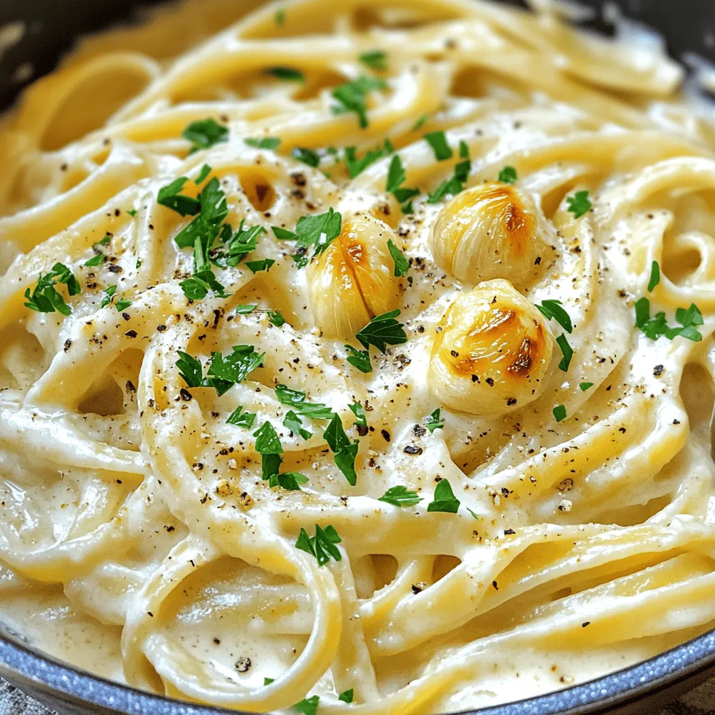 Für dieses cremige Gericht brauchst du: - 1 Kopf Knoblauch - 2 Esslöffel Olivenöl - 225 g Fettuccine-Nudeln - 950 ml Gemüsebrühe - 240 ml Sahne - 100 g frisch geriebener Parmesan - Salz und Pfeffer nach Geschmack - Frische Petersilie, gehackt (zum Garnieren) - Grob gemahlener schwarzer Pfeffer (zum Garnieren) Knoblauch ist der Star dieses Gerichts. Röste ihn gut, um den süßen, reichen Geschmack zu entfalten. Wähle frischen Knoblauch, da er mehr Aroma hat. Achte darauf, die Fettuccine-Nudeln al dente zu kochen. Sie sollten weich, aber nicht matschig sein. Parmesan bringt viel Geschmack. Verwende frischen Parmesan für das beste Ergebnis. Gemüsebrühe gibt dem Gericht Tiefe. Du kannst auch selbstgemachte Brühe verwenden, wenn du Zeit hast. - Knoblauch: Wähle feste Köpfe ohne Druckstellen. - Olivenöl: Nimm extra natives Olivenöl für den besten Geschmack. - Fettuccine: Achte auf Marken mit guten Zutaten, um die beste Textur zu erhalten. - Sahne: Verwende schwere Sahne für eine besonders cremige Sauce. - Parmesan: Kaufe ein Stück und reibe es selbst, um die Frische zu bewahren. Mit diesen Zutaten zauberst du ein köstliches Gericht, das deine Gäste beeindrucken wird. Heize deinen Ofen auf 200°C vor. Nimm einen Kopf Knoblauch und schneide die obere Spitze ab. So kommen die Zehen frei. Beträufle den Knoblauchkopf mit zwei Esslöffeln Olivenöl. Wickele ihn in Alufolie. Röste ihn dann für 30 bis 35 Minuten. Der Knoblauch wird weich und süß. Das ist der erste Schritt zu einem tollen Geschmack! In einem großen Topf kombinierst du 225 Gramm Fettuccine-Nudeln mit 950 Millilitern Gemüsebrühe. Stelle den Herd auf mittlere Hitze. Bring das Wasser zum Kochen. Rühre gelegentlich um, damit die Nudeln nicht kleben. Sobald das Wasser kocht, reduziere die Hitze und decke den Topf ab. Koche die Nudeln weitere 10 bis 12 Minuten. Sie sollten al dente sein. Der Großteil der Flüssigkeit wird aufgenommen. Nimm den gerösteten Knoblauch aus dem Ofen. Drücke die Zehen aus ihren Schalen in eine Schüssel. Zerdrücke sie mit einer Gabel. Jetzt kommt die Sahne hinzu. Rühre die zerdrückten Knoblauchzehen unter die Nudeln im Topf. Vermische alles gut. Füge dann 100 Gramm frisch geriebenen Parmesan langsam hinzu. Rühre weiter, bis der Käse schmilzt. Würze die Sauce mit Salz und Pfeffer nach Geschmack. Jetzt ist dein Gericht fertig zum Servieren! Um die Sauce wirklich cremig zu machen, achte darauf, die Sahne gut einzuarbeiten. Wenn du den gerösteten Knoblauch hinzufügst, rühre schnell. So vermischt sich alles gut. Füge den Parmesan langsam hinzu. Lass ihn schmelzen, um eine glatte Textur zu bekommen. Wenn die Sauce zu dick wird, kannst du etwas mehr Gemüsebrühe oder Sahne hinzufügen. Um dein Gericht schön zu gestalten, garniere es mit frischer Petersilie. Das gibt eine tolle Farbe. Ein Spritzer Zitronensaft kann auch helfen, den Geschmack zu heben. Streue etwas grob gemahlenen schwarzen Pfeffer oben drauf. Das gibt einen schönen Kontrast und einen extra Kick. Ein häufiger Fehler ist, die Nudeln zu lange zu kochen. Sie sollten al dente sein. Achte außerdem darauf, den Knoblauch nicht zu verbrennen. Wenn er zu dunkel wird, kann er bitter schmecken. Rühre die Sauce gut, damit sie gleichmäßig cremig bleibt. Wenn du diese Punkte beachtest, wird dein Gericht lecker und perfekt! {{image_4}} Du kannst dieses Gericht leicht vegetarisch machen. Ersetze die Gemüsebrühe durch eine reichhaltige Gemüsebrühe. Achte darauf, dass der Parmesan, den du verwendest, vegetarisch ist. Du kannst auch mehr Gemüse hinzufügen. Brokkoli oder Spinat passen gut. Diese grünen Zutaten geben mehr Farbe und Nährstoffe. Möchtest du mehr Geschmack? Füge gebratene Pilze oder getrocknete Tomaten hinzu. Diese Zutaten bringen einen tiefen, herzhaften Geschmack in die Sauce. Du kannst auch frische Kräuter wie Basilikum oder Thymian verwenden. Sie geben dem Gericht eine frische Note. Für einen würzigeren Kick, probiere etwas rote Paprika oder Chili. Wenn du eine glutenfreie Diät befolgst, wähle glutenfreie Fettuccine. Diese sind in vielen Geschäften erhältlich. Auch die Brühe sollte glutenfrei sein. Achte darauf, dass du alle anderen Zutaten überprüfst. So kannst du sicherstellen, dass dein Gericht wirklich glutenfrei bleibt. Um die Reste der cremigen gerösteten Knoblauch-Alfredo gut aufzubewahren, solltest du sie in einem luftdichten Behälter lagern. Lass das Gericht zuerst abkühlen, bevor du es einpackst. So bleibt die Cremigkeit erhalten, und der Geschmack bleibt frisch. Du kannst die Portionen auch in einzelnen Behältern aufteilen. Das macht das Aufwärmen einfacher. Um das Gericht wieder aufzuwärmen, kannst du eine Pfanne oder die Mikrowelle nutzen. Wenn du die Pfanne wählst, füge einen Schuss Gemüsebrühe oder Sahne hinzu. Das hilft, die Sauce geschmeidig zu halten. Erhitze das Gericht bei mittlerer Hitze und rühre es gut um. In der Mikrowelle kannst du das Gericht in kurzen Intervallen erhitzen. Decke es ab, damit es nicht austrocknet. Rühre nach jeder Minute um, bis es gleichmäßig warm ist. Die cremige geröstete Knoblauch-Alfredo bleibt im Kühlschrank etwa 3 bis 4 Tage frisch. Achte darauf, dass der Behälter gut verschlossen ist. Wenn du merkst, dass sich der Geruch oder die Farbe ändert, ist es besser, das Gericht nicht mehr zu essen. Um die beste Qualität zu erhalten, genieße die Reste möglichst schnell. Die Zubereitung der cremigen gerösteten Knoblauch-Alfredo dauert insgesamt etwa 50 Minuten. Davon entfallen etwa 10 Minuten auf die Vorbereitung und 30-35 Minuten auf das Rösten des Knoblauchs im Ofen. Das Kochen der Fettuccine dauert rund 10-12 Minuten. Es ist also ein schnelles Gericht, das viel Geschmack bringt. Ja, du kannst Frischkäse anstelle von Sahne verwenden. Frischkäse wird eine schöne, cremige Textur geben. Du musst ihn einfach gut verrühren, damit er sich gleichmäßig verteilt. Achte darauf, den Frischkäse zu erwärmen, damit er sich besser mit den Nudeln mischt. So bleibt die Sauce schön glatt. Für die Beilage empfehle ich einen frischen grünen Salat. Ein einfacher gemischter Salat mit Olivenöl und Balsamico passt gut. Du könntest auch knuspriges Brot servieren, um die köstliche Sauce aufzutunken. Gegrilltes Gemüse oder gedämpfter Brokkoli ergänzen das Gericht ebenfalls toll. Wir haben die besten Zutaten für dein Gericht besprochen und wie du sie auswählst. Die Schritt-für-Schritt-Anleitung zeigt dir die einfachen Zubereitungsschritte. Tipps für die perfekte Cremigkeit und häufige Fehler helfen dir, Zeit zu sparen. Variationen bieten dir viel Kreativität, von vegetarisch bis glutenfrei. Die Lagerung und das Aufwärmen von Resten sind wichtig, um die Frische zu bewahren. Mit diesen Infos bereitest du ein leckeres Gericht zu, das jedem schmeckt. Mach dich ans Werk und genieße dein Ergebnis!