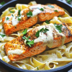 Für dieses leckere Gericht brauchen Sie: - 2 Lachsfilets - 230 g Fettuccine-Nudeln - 2 Esslöffel Cajun-Gewürz - 2 Esslöffel Olivenöl - 240 ml Sahne - 100 g geriebener Parmesan - 2 Knoblauchzehen, fein gehackt - 1/2 Teelöffel schwarzer Pfeffer - 1/4 Teelöffel Salz - 1 Esslöffel frische Petersilie, gehackt (zur Dekoration) Die Mengen sind für zwei Portionen gedacht. So können Sie das Gericht leicht anpassen. Wenn Sie mehr Gäste haben, verdoppeln Sie einfach die Zutaten. Achten Sie darauf, die Nudeln und die Sauce im gleichen Verhältnis zu erhöhen. So bleibt der Geschmack optimal. Wählen Sie frische Lachsfilets aus. Achten Sie auf eine gute Farbe und einen frischen Geruch. Der Lachs sollte nicht zu trocken sein. Für die Fettuccine sollten Sie hochwertige Pasta wählen. Vollkornnudeln sind eine gesunde Alternative. Das Cajun-Gewürz ist der Schlüssel zu diesem Gericht. Kaufen Sie eine gute Mischung oder stellen Sie Ihre eigene aus Paprika, Knoblauchpulver und Pfeffer her. Sahne sollte frisch sein, um die beste Textur zu erhalten. Verwenden Sie echten Parmesan für den besten Geschmack. Frische Petersilie bringt Farbe und Frische ins Gericht. Sie können auch Basilikum oder Schnittlauch verwenden, wenn Sie möchten. Zuerst nehmen Sie die Lachsfilets. Tupfen Sie sie mit einem Papiertuch trocken. Bestreuen Sie beide Seiten gut mit Cajun-Gewürz. Das sorgt für tollen Geschmack. Lassen Sie den Lachs kurz ruhen, damit die Gewürze einziehen. Nehmen Sie einen großen Topf und füllen Sie ihn mit Wasser. Fügen Sie eine Prise Salz hinzu und bringen Sie es zum Kochen. Geben Sie die Fettuccine hinein und kochen Sie sie nach Anleitung auf der Verpackung. Sie sollten al dente sein. Gießen Sie die Nudeln ab, aber heben Sie eine Tasse Nudelwasser auf. Das hilft später. Erhitzen Sie in einer großen Pfanne Olivenöl bei mittlerer bis hoher Hitze. Wenn das Öl heiß ist, legen Sie die Lachsfilets mit der Hautseite nach unten hinein. Braten Sie sie 4-5 Minuten lang, bis die Haut knusprig wird. Drehen Sie den Lachs vorsichtig um und braten Sie ihn weitere 3-4 Minuten. Der Lachs sollte jetzt durchgegart sein. Nehmen Sie ihn aus der Pfanne und lassen Sie ihn ruhen. Stellen Sie die Hitze in der Pfanne auf mittlere Stufe. Fügen Sie die gehackten Knoblauchzehen hinzu und braten Sie sie 30 Sekunden an. Der Knoblauch sollte gut riechen. Gießen Sie dann die Sahne in die Pfanne. Rühren Sie gut um und lösen Sie die angebratenen Teile vom Boden. Geben Sie die gekochten Fettuccine in die Pfanne mit der Sauce. Schwenken Sie die Nudeln vorsichtig, damit sie gleichmäßig mit der Sauce überzogen sind. Wenn die Sauce zu dick ist, fügen Sie etwas von dem Nudelwasser hinzu. So wird die Sauce schön cremig. Nehmen Sie die Alfredo-Nudeln und verteilen Sie sie auf die Teller. Legen Sie auf jedes Gericht ein Stück des Cajun-Lachs. Träufeln Sie etwas von der restlichen Sauce darüber. Das sieht lecker aus! Zum Schluss bestreuen Sie das Gericht mit gehackter frischer Petersilie. Das gibt Farbe und Frische. Jetzt ist Ihr köstliches Essen bereit zum Genießen! Um die perfekte Alfredo-Sauce zu machen, achte auf die Hitze. Halte die Pfanne bei mittlerer Temperatur. So brennt die Sahne nicht an. Rühre die Sauce gut um, während du den Käse hinzufügst. Das sorgt für eine schöne, cremige Konsistenz. Wenn die Sauce zu dick ist, füge etwas Nudelwasser hinzu. Dieses Wasser hat Stärke und hilft der Sauce, sich gut zu verbinden. Für den besten Lachs tupfe die Filets trocken. Das hilft, eine knusprige Haut zu bekommen. Würze den Lachs großzügig mit Cajun-Gewürz. So erhält er viel Geschmack. Brate den Lachs zuerst mit der Hautseite nach unten. Das gibt ihm eine schöne Textur. Koche ihn nicht zu lange, damit er saftig bleibt. Der Lachs sollte innen noch leicht rosa sein. Koche die Fettuccine in viel gesalzenem Wasser. Das Salz gibt den Nudeln Geschmack. Achte darauf, sie al dente zu kochen. So bleiben sie bissfest und passen gut zur cremigen Sauce. Behalte etwas Nudelwasser zurück, bevor du die Nudeln abgießt. Dieses Wasser ist ein Geheimtipp für die Sauce. {{image_4}} Für eine vegetarische Version kannst du den Lachs durch gebratene Champignons oder Tofu ersetzen. Beide Optionen bieten einen tollen Geschmack und eine gute Textur. Verwende eine Mischung aus Cajun-Gewürz und Paprika, um den würzigen Kick zu erhalten. Denke daran, das Gemüse gut zu würzen, damit es nicht fad schmeckt. Wenn du etwas Abwechslung möchtest, probiere verschiedene Gewürze aus. Zum Beispiel kannst du italienische Kräuter oder sogar eine scharfe Variante mit Chili verwenden. Experimentiere mit Knoblauchpulver oder Zwiebelpulver für mehr Tiefe. So erhältst du eine neue, aufregende Note in deinem Gericht. Serviere den Cajun-Lachs Alfredo mit einem frischen Salat oder gedünstetem Gemüse. Ein einfacher grüner Salat mit einer leichten Vinaigrette ergänzt das Gericht gut. Auch knuspriges Brot ist eine gute Wahl, um die köstliche Sauce aufzutunken. So wird dein Essen noch genussvoller und abwechslungsreicher. Um die Reste von Creamy Cajun Salmon Alfredo richtig aufzubewahren, lassen Sie das Gericht zuerst abkühlen. Füllen Sie dann die Reste in einen luftdichten Behälter. So bleibt der Lachs frisch und die Sauce cremig. Lagern Sie den Behälter im Kühlschrank. So bleiben die Reste bis zu drei Tage genießbar. Um die Reste wieder aufzuwärmen, verwenden Sie eine Pfanne bei mittlerer Hitze. Fügen Sie einen kleinen Schuss Sahne oder Nudelwasser hinzu. Dies hilft, die Sauce wieder cremig zu machen. Rühren Sie häufig, bis das Gericht gut durchgewärmt ist. So bleibt der Lachs saftig und die Pasta nicht trocken. Wenn Sie das Gericht länger aufbewahren möchten, können Sie es einfrieren. Teilen Sie die Portionen in einzelne Behälter auf. Achten Sie darauf, dass die Behälter luftdicht sind. So bleibt das Gericht bis zu zwei Monate haltbar. Zum Auftauen legen Sie es einfach über Nacht in den Kühlschrank. Erwärmen Sie es dann wie oben beschrieben. So genießen Sie auch später noch den vollen Geschmack. Um die Sauce dicker zu machen, können Sie mehr Parmesan hinzufügen. Parmesan macht die Sauce cremiger. Wenn die Sauce zu dick ist, fügen Sie etwas Nudelwasser hinzu. Rühren Sie es gut ein. Das Wasser hilft, die Konsistenz zu ändern, ohne den Geschmack zu verlieren. Ja, gefrorener Lachs funktioniert gut. Lassen Sie ihn zuerst auftauen. Tupfen Sie ihn dann trocken. Das hilft, die Cajun-Gewürze besser aufzunehmen. Achten Sie darauf, dass der Lachs gut durchgegart ist. So bleibt er saftig und lecker. Zu Cajun-Lachs Alfredo passen viele Beilagen. Hier sind einige Ideen: - Gedämpftes Gemüse wie Brokkoli oder grüne Bohnen - Ein frischer grüner Salat mit Zitronen-Dressing - Knoblauchbrot oder Baguette - Reis oder Quinoa für mehr Füllung Diese Beilagen ergänzen den Geschmack des Gerichts gut. Sie sorgen für eine ausgewogene Mahlzeit. Um ein leckeres Cajun-Lachs Alfredo zu kochen, haben wir die besten Zutaten und Schritte durchgearbeitet. Die Auswahl von frischen Zutaten ist entscheidend. Ich habe euch gezeigt, wie man Lachs, Pasta und eine einfache Sauce zubereitet. Wichtig sind auch die Tipps, um das Gericht zu perfektionieren. Ihr könnt sogar tolle Variationen ausprobieren. Denkt daran, die Reste richtig zu lagern. Mit diesen Infos wird euer Gericht sicher ein Hit. Jetzt liegt es an euch, das Rezept auszuprobieren und zu genießen!