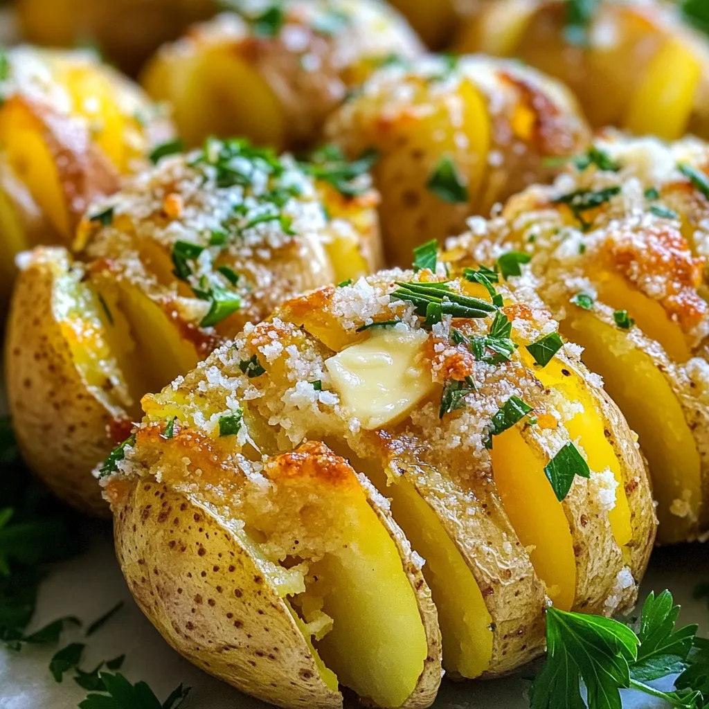 Um köstliche Knoblauchbutter-Parmesan-Akkordeon-Kartoffeln zu machen, brauchst du folgende Zutaten: - 6 mittelgroße Russetkartoffeln - 120 ml ungesalzene Butter, geschmolzen - 4 Knoblauchzehen, fein gehackt - 100 g frisch geriebener Parmesan - 2 Teelöffel frischer Rosmarin, fein gehackt - 1 Teelöffel Meersalz - 1/2 Teelöffel schwarzer Pfeffer - 1 Esslöffel frische Petersilie, gehackt (zum Garnieren) Diese Zutaten sorgen für den perfekten Geschmack. Die Kombination aus Butter, Knoblauch und Parmesan bringt die Kartoffeln zum Strahlen. Die richtigen Gewürze und Kräuter sind wichtig für dein Gericht. Knoblauch bringt einen tollen Geschmack. Rosmarin gibt Frische und Tiefe. Meersalz und schwarzer Pfeffer runden alles ab. Petersilie ist gut fürs Auge und frisch im Geschmack. Wähle die Russetkartoffeln gut aus. Sie sind stärkehaltig und gut für diese Zubereitung. Achte darauf, dass die Kartoffeln fest und frei von Flecken sind. Kleine bis mittelgroße Kartoffeln sind am besten. Diese Größe sorgt für gleichmäßiges Garen und eine schöne Präsentation. Heize deinen Ofen auf 220°C vor. Dieser Schritt ist wichtig, um die Kartoffeln gleichmäßig zu garen. Während der Ofen aufheizt, kannst du die Kartoffeln vorbereiten. Wasche sie gründlich, um den Schmutz zu entfernen. Tupfe sie dann mit einem Küchentuch trocken. So bereitest du alles vor, um die köstlichen Aromen zu entfalten. Nimm eine Russetkartoffel und lege sie auf ein Schneidebrett. Mit einem scharfen Messer schneidest du tiefe Einkerbungen quer in die Kartoffel. Lass dabei etwa 1 cm Abstand zwischen den Schnitten. Achte darauf, nicht ganz durchzuschneiden. Diese Schnitte lassen die Knoblauch-Butter-Mischung in die Kartoffel eindringen. Wiederhole dies mit den anderen Kartoffeln. In einer kleinen Schüssel vermische die geschmolzene Butter, den fein gehackten Knoblauch, das Meersalz, den schwarzen Pfeffer und den Rosmarin. Rühre alles gut um, bis die Mischung gleichmäßig aussieht. Diese Mischung wird den Kartoffeln einen tollen Geschmack geben. Sei großzügig, wenn du die Mischung auf die Kartoffeln aufträgst. Lege die eingeschnittenen Kartoffeln auf ein Backblech mit Backpapier. Bestreiche die Einkerbungen und die Oberseite jeder Kartoffel mit der Knoblauch-Butter-Mischung. Streue den frisch geriebenen Parmesan gleichmäßig darüber. Backe die Kartoffeln für 45-50 Minuten. Sie sollten außen knusprig und innen zart sein. Nach etwa der Hälfte der Zeit kannst du etwas übrig gebliebene Butter auf die Kartoffeln geben, um den Geschmack zu verstärken. Lass die Kartoffeln nach dem Backen kurz abkühlen und garniere sie mit Petersilie. Um perfekte Backergebnisse zu erzielen, achte darauf, die Kartoffeln gleichmäßig zu schneiden. Die Einschnitte sollten tief, aber nicht bis zum Boden reichen. So können die Aromen gut einziehen. Heize den Ofen gut vor. Ein heißer Ofen macht die Außenseite knusprig. Bedecke die Kartoffeln in der Mitte der Backzeit mit etwas Butter. Das verstärkt den Geschmack und sorgt für eine goldene Farbe. Ein häufiger Fehler ist, die Kartoffeln nicht genug zu schneiden. Wenn die Einschnitte zu flach sind, kann die Butter nicht eindringen. Ein anderer Fehler ist, die Ofentemperatur nicht zu beachten. Ein zu niedriger Ofen macht die Kartoffeln matschig. Achte auch darauf, frischen Knoblauch zu verwenden. Trockenes Knoblauchpulver hat nicht den gleichen Geschmack. Um den Geschmack zu verbessern, kannst du verschiedene Käsesorten ausprobieren. Gruyère oder Cheddar sind tolle Alternativen. Du kannst auch Chili-Flocken für einen kleinen Kick hinzufügen. Für einen frischen Geschmack, probiere frischen Thymian oder Basilikum. Diese Kräuter passen gut zu Kartoffeln und ergänzen den Parmesan. {{image_4}} Wenn Sie kein Parmesan mögen, probieren Sie andere Käsesorten. Feta oder Gouda passen gut. Beide Käsesorten bringen neue Aromen. Wenn Sie etwas Schärfe mögen, verwenden Sie Pecorino Romano. Dieser Käse hat einen kräftigen Geschmack. Sie können die Gewürze leicht anpassen. Fügen Sie Paprika für eine rauchige Note hinzu. Thymian passt auch gut zu den Kartoffeln. Ein Hauch von Chili bringt etwas Würze. Experimentieren Sie mit Kräutern, um Ihren eigenen Geschmack zu finden. Basilikum oder Oregano geben einen frischen Kick. Für eine vegane Version ersetzen Sie die Butter. Nutzen Sie pflanzliche Margarine oder Kokosöl. Diese Optionen sind lecker und gesund. Verwenden Sie Hefeflocken anstelle von Käse. Sie bieten einen käsigen Geschmack ohne Milchprodukte. So bleiben Ihre Akkordeon-Kartoffeln vegan und dennoch schmackhaft. Wenn du einige Kartoffeln übrig hast, lagere sie in einem luftdichten Behälter. So bleiben sie frisch und lecker. Stelle sicher, dass die Kartoffeln vollständig abgekühlt sind, bevor du sie verpackst. Das hilft, Feuchtigkeit zu vermeiden, die die Kartoffeln matschig machen kann. Verwende ein feuchtes Tuch, um sie abzudecken, wenn du sie im Kühlschrank aufbewahrst. So bleiben sie länger frisch. Um die Kartoffeln wieder zu erwärmen, heize den Ofen auf 180°C (350°F) vor. Lege die Kartoffeln auf ein Backblech. Du kannst etwas Butter oder Öl darüber träufeln, um sie wieder knusprig zu machen. Backe sie etwa 20 Minuten lang oder bis sie heiß sind. Alternativ kannst du sie auch in der Mikrowelle aufwärmen, aber das macht sie nicht so knusprig. Erwärme sie bei mittlerer Hitze für 2-3 Minuten. Die Knoblauchbutter-Parmesan-Akkordeon-Kartoffeln halten sich etwa 3 bis 5 Tage im Kühlschrank. Achte darauf, sie gut verpackt zu lagern, um Gerüche von anderen Lebensmitteln zu vermeiden. Wenn du sie länger aufbewahren möchtest, kannst du sie auch einfrieren. In einem luftdichten Behälter halten sie sich bis zu 3 Monate im Gefrierfach. Die gesamte Zubereitungszeit für Knoblauchbutter-Parmesan-Akkordeon-Kartoffeln beträgt etwa eine Stunde. Die Vorbereitungszeit ist nur 15 Minuten. Das Backen dauert 45 bis 50 Minuten. In dieser Zeit wird die Haut knusprig und das Innere zart. Ja, du kannst die Kartoffeln im Voraus vorbereiten. Schneide die Kartoffeln und füge die Knoblauch-Butter-Mischung hinzu. Lagere sie dann im Kühlschrank für bis zu 24 Stunden. Backe sie einfach, wenn du bereit bist, sie zu servieren. So sparst du Zeit und kannst das Essen leichter planen. Die besten Beilagen zu diesen Kartoffeln sind frische Salate oder gegrilltes Gemüse. Ein einfaches Steak oder Hähnchen passt auch gut dazu. Du könntest auch eine leckere Sauce oder Dips anbieten. Zusammenfassend haben wir die wichtigen Zutaten und Schritte für Knoblauchbutter-Parmesan-Akkordeon-Kartoffeln behandelt. Du hast gelernt, welche Gewürze und Kartoffeln du brauchst und wie du sie zubereitest. Mit ein paar einfachen Tipps und Variationen kannst du deine Kartoffeln noch leckerer machen. Denke auch an eine gute Lagerung, um die frischen Aromen zu bewahren. Diese Kartoffeln sind nicht nur schmackhaft, sondern auch einfach zu machen. Viel Spaß beim Kochen und Genießen!