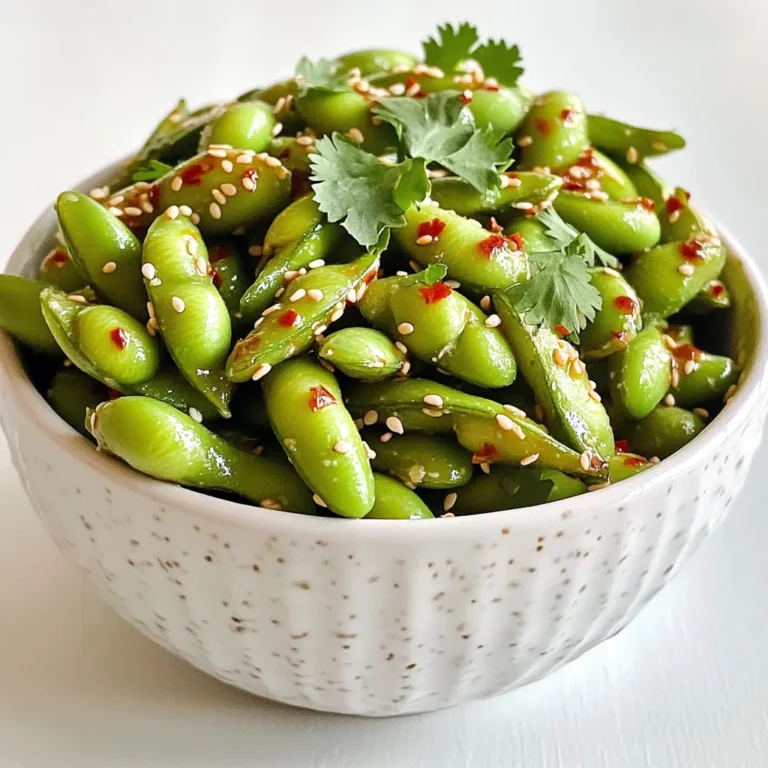 Um würzige Knoblauch-Edamame zuzubereiten, brauchst du diese Hauptzutaten: - 2 Tassen Edamame in Schoten (frisch oder gefroren) - 4 Knoblauchzehen, fein gehackt - 2 Esslöffel Olivenöl - 1 Esslöffel Sojasauce - 1 Teelöffel rote Pfefferflocken (je nach Schärfewunsch anpassen) - 1 Teelöffel Sesamöl - 1 Esslöffel Sesamsamen - Salz nach Geschmack - Frischer Koriander zum Garnieren (optional) Diese Zutaten sorgen für den perfekten Geschmack und die richtige Textur. Wenn du frische Edamame nicht findest, sind gefrorene Edamame eine gute Wahl. Sie sind leicht zu finden und einfach zuzubereiten. Du kannst sie in vielen Supermärkten kaufen. Achte darauf, sie vor dem Kochen in leicht gesalzenem Wasser zu blanchieren. Dies macht sie zart und schmackhaft. Falls du keine Edamame magst, kannst du auch grüne Bohnen oder Erbsen verwenden. Sie sind nicht ganz gleich, aber sie funktionieren gut in diesem Rezept. Das richtige Öl macht einen großen Unterschied. Ich empfehle, hochwertiges Olivenöl zu verwenden. Es gibt dem Gericht einen reichen Geschmack. Sesamöl bringt eine nussige Note, die die anderen Aromen verstärkt. Die roten Pfefferflocken geben den Edamame die gewünschte Schärfe. Du kannst die Menge nach deinem Geschmack anpassen. Für einen zusätzlichen Geschmack kannst du auch etwas Ingwer oder Zitronensaft hinzufügen. Mit diesen Zutaten und Tipps wirst du eine köstliche Portion würzige Knoblauch-Edamame zaubern! Beginne mit den Edamame. Wenn du gefrorene Edamame verwendest, koche sie in leicht gesalzenem Wasser. Bringe einen Topf mit Wasser zum Kochen. Gib die Edamame hinein und koche sie etwa 4-5 Minuten. Sie sollten zart sein, aber noch Biss haben. Gieße sie ab und stelle sie beiseite. Wenn du frische Edamame hast, kannst du diesen Schritt überspringen. Jetzt kommt der spaßige Teil! Erhitze 2 Esslöffel Olivenöl in einer großen Pfanne bei mittlerer Hitze. Füge 4 fein gehackte Knoblauchzehen hinzu und sautiere sie für 1-2 Minuten. Achte darauf, dass der Knoblauch nicht bräunt. Dann füge 1 Teelöffel rote Pfefferflocken hinzu, je nach deinem Schärfewunsch. Rühre 1 Esslöffel Sojasauce und 1 Teelöffel Sesamöl ein. Lass die Mischung für eine weitere Minute köcheln. Der Duft wird einfach himmlisch sein! Jetzt kommt der letzte Schritt. Gib die gekochten Edamame in die Pfanne. Schwenke sie gut in der Knoblauchmischung, damit sie richtig überzogen sind. Lass alles für 2-3 Minuten köcheln, bis es gut durchgewärmt ist. Probiere die Mischung und schmecke mit Salz ab. Übertrage die Edamame in eine schöne Servierschüssel. Streue Sesamsamen darüber und garniere es nach Wunsch mit frischem Koriander. Voilà, dein würziges Knoblauch-Edamame ist fertig! Um die Schärfe deiner Edamame zu verändern, kannst du die roten Pfefferflocken anpassen. Wenn du es mild magst, nimm nur eine halbe Teelöffel. Für mehr Schärfe, füge mehr hinzu. Außerdem kannst du frische Chilischoten verwenden. Schneide sie klein und mische sie mit dem Knoblauch. So bekommst du mehr Geschmack. Für perfekte Edamame ist die Kochzeit wichtig. Wenn du gefrorene Edamame verwendest, koche sie nur 4-5 Minuten. Sie sollen zart, aber nicht matschig sein. Wenn du frische Edamame hast, kannst du die Kochzeit etwas verkürzen. Probiere sie nach 3 Minuten. Außerdem ist leicht gesalzenes Wasser der Schlüssel. So schmecken sie besser. Die Präsentation macht viel aus. Serviere die Edamame in einer schönen Schüssel. Streue die Sesamsamen großzügig darüber. Ein zusätzlicher Spritzer Sesamöl sieht toll aus. Du kannst frischen Koriander hinzufügen, um Farbe und Geschmack zu bringen. Achte darauf, die Schüssel warm zu halten. So bleiben die Edamame frisch und lecker. {{image_4}} Um die Würzige Knoblauch-Edamame noch spannender zu machen, füge kreative Zutaten hinzu. Probiere frischen Ingwer. Er gibt einen warmen, scharfen Geschmack. Auch ein Spritzer Limettensaft bringt Frische. Du kannst auch Karottenstreifen oder Paprika hinzufügen. Diese machen das Gericht bunter und knackiger. Das Rezept ist schon vegan und glutenfrei. Du brauchst nur glutenfreie Sojasauce. Diese ist leicht erhältlich. Für eine extra Note, nutze Tamari statt normaler Sojasauce. So bleibt der Geschmack voll und lecker. Edamame sind nicht nur als Beilage gut. Du kannst sie auch als Snack servieren. Mixe sie mit gerösteten Nüssen für einen tollen Crunch. Oder mache eine Edamame-Dip. Püriere gekochte Edamame mit etwas Knoblauch und Zitronensaft. Das ergibt einen cremigen Aufstrich, perfekt für Brot oder Gemüse. Um übrig gebliebene Edamame zu lagern, lege sie in einen luftdichten Behälter. Achte darauf, die Bohnen gut abzukühlen, bevor du sie verpackst. So bleibt der Geschmack frisch. Du kannst die Edamame bis zu drei Tage im Kühlschrank aufbewahren. Wenn du sie länger aufbewahren möchtest, friere sie ein. Für das Einfrieren der Edamame koche sie zuerst leicht. Nach dem Kochen, lasse sie gut abkühlen. Lege die Edamame in einen Gefrierbeutel. Entferne die Luft, bevor du den Beutel schließt. So bleiben sie frisch. Du kannst sie bis zu sechs Monate im Gefrierfach aufbewahren. Wenn du sie verwenden möchtest, tau sie einfach in kaltem Wasser auf. Die Haltbarkeit von gekochten Edamame beträgt etwa drei Tage im Kühlschrank. Achte darauf, sie in einem gut verschlossenen Behälter zu lagern. Beim Einfrieren bleibt der Geschmack bis zu sechs Monate erhalten. Überprüfe die Edamame vor dem Kochen auf Anzeichen von Gefrierbrand. So stellst du sicher, dass sie gut schmecken. Edamame sind junge Sojabohnen, die häufig in der asiatischen Küche verwendet werden. Sie wachsen in Schoten und sind meist grün. Ursprünglich stammen sie aus Ostasien, besonders aus Japan und China. Dort werden sie oft als Snack oder Beilage serviert. Edamame sind sowohl frisch als auch gefroren erhältlich und leicht zuzubereiten. Ja, Edamame sind sehr gesund. Sie enthalten viele Nährstoffe und sind reich an Eiweiß, Ballaststoffen und Vitaminen. Eine Portion Edamame bietet wichtige Mineralien wie Eisen und Kalzium. Sie sind gut für die Verdauung und können helfen, den Cholesterinspiegel zu senken. Edamame sind zudem eine großartige Snack-Option für Vegetarier und Veganer. Ja, du kannst die Edamame im Voraus zubereiten. Koche sie einfach und lasse sie abkühlen. Bewahre sie in einem luftdichten Behälter im Kühlschrank auf. Du kannst die würzige Knoblauchmischung ebenfalls vorbereiten und separat aufbewahren. Wenn du bereit bist zu essen, erhitze alles einfach zusammen in einer Pfanne. So sparst du Zeit beim Servieren. Edamame ist ein vielseitiger Snack, der einfach und gesund ist. Du hast erfahren, welche Zutaten du brauchst und wie du sie zubereitest. In den Tipps habe ich dir gezeigt, wie du die Schärfe anpassen und Edamame schön präsentieren kannst. Mit Variationen kannst du das Rezept nach deinem Geschmack ändern. Außerdem hast du gelernt, wie man übrig gebliebene Edamame richtig lagert. Nutze diese Ideen für köstliche Gerichte und beeindrucke deine Gäste.