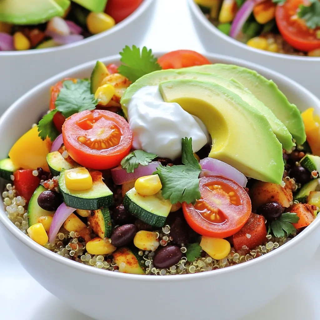 Für deine Loaded Veggie Burrito Bowls brauchst du folgende Zutaten: - 1 Tasse Quinoa, gründlich gewaschen - 2 Tassen Gemüsebrühe oder Wasser - 1 Dose (425 g) schwarze Bohnen, abgetropft und gespült - 1 Tasse Mais (frisch, aus der Dose oder gefroren) - 1 Paprika, gewürfelt (beliebige Farbe) - 1 kleine Zucchini, gewürfelt - 1 kleine rote Zwiebel, gewürfelt - 2 Knoblauchzehen, fein gehackt - 1 Teelöffel Kreuzkümmel - 1 Teelöffel geräuchertes Paprikapulver - 1 Teelöffel Limettensaft - Salz und Pfeffer nach Geschmack - 1 Avocado, in Scheiben geschnitten - 1/2 Tasse Cherrytomaten, halbiert - Frischer Koriander, zur Garnierung - Griechischer Joghurt oder pflanzlicher Joghurt (optional, zum Servieren) - Tortilla-Chips, zum Garnieren (optional) Du kannst die Zutaten für deine Burrito Bowls leicht anpassen. Wenn du kein Quinoa magst, probiere Reis oder Linsen. Für mehr Protein füge Hähnchen oder Tofu hinzu. Ersetze schwarze Bohnen durch Kidneybohnen oder Kichererbsen. Verwende dein Lieblingsgemüse! Brokkoli, Spinat oder Karotten passen gut dazu. Für einen anderen Geschmack kannst du Feta-Käse anstelle von Joghurt verwenden. Frische Zutaten sind oft besser, wenn du sie zur Hand hast. Sie haben mehr Geschmack und Nährstoffe. Gefrorenes Gemüse ist eine gute Option, wenn frisches Gemüse nicht verfügbar ist. Es ist oft günstiger und hält länger. Denk daran, gefrorenes Gemüse vor dem Kochen aufzutauen. So wird es gleichmäßig warm und weich. Beide Varianten sind lecker in deinen Burrito Bowls. Beginne mit 1 Tasse Quinoa. Wasche die Quinoa gründlich unter kaltem Wasser. Das entfernt Bitterstoffe. Gib die Quinoa in einen mittelgroßen Topf. Füge 2 Tassen Gemüsebrühe oder Wasser hinzu. Bringe die Mischung zum Kochen. Reduziere dann die Hitze und decke den Topf ab. Lass die Quinoa etwa 15 Minuten köcheln. Die Flüssigkeit sollte aufgesogen sein. Nach dem Kochen nimm den Topf vom Herd. Lass die Quinoa 5 Minuten zugedeckt ruhen. Lockere sie danach mit einer Gabel auf. Für das Gemüse benötigst du eine große Pfanne. Erhitze etwas Olivenöl bei mittlerer Hitze. Füge die gewürfelte rote Zwiebel hinzu. Brate sie etwa 2-3 Minuten an, bis sie glänzt. Danach gib die gehackten Knoblauchzehen dazu. Füge die gewürfelte Paprika und Zucchini hinzu. Brate alles 5-7 Minuten, bis das Gemüse zart ist. Danach füge die schwarzen Bohnen und den Mais hinzu. Streue Kreuzkümmel und geräuchertes Paprikapulver darüber. Gib Limettensaft, Salz und Pfeffer dazu. Rühre alles gut um und koche weitere 3-4 Minuten. Jetzt kannst du die Burrito-Bowls zusammenstellen. Verteile die gekochte Quinoa gleichmäßig auf Schüsseln. Lege die sautierte Gemüse- und Bohnenmischung darauf. Garnieren kannst du mit Avocadoscheiben und halbierten Cherrytomaten. Füge frischen Koriander hinzu. Optional kannst du einen Klecks griechischen Joghurt hinzufügen. Für zusätzlichen Crunch, streue zerdrückte Tortilla-Chips obendrauf. Genießen! Um Quinoa perfekt zu machen, beginne mit einer Tasse Quinoa. Wasche sie gründlich unter kaltem Wasser. Das entfernt Bitterstoffe. Verwende zwei Tassen Gemüsebrühe oder Wasser. Koche die Mischung auf. Reduziere dann die Hitze und decke den Topf ab. Lass die Quinoa etwa 15 Minuten köcheln. Sie ist fertig, wenn die Flüssigkeit vollständig aufgesogen ist. Lasse sie danach fünf Minuten ruhen. Lockere die Quinoa mit einer Gabel auf. So wird sie schön fluffig. Wähle frisches Gemüse für den besten Geschmack. Eine bunte Mischung macht die Schüssel ansprechend. Paprika, Zucchini und Zwiebeln passen gut zusammen. Du kannst auch Spinat oder Brokkoli hinzufügen. Achte darauf, Gemüse in gleich große Stücke zu schneiden. So garen sie gleichmäßig. Wenn du wenig Zeit hast, verwende gefrorenes Gemüse. Es ist schnell zubereitet und oft schon geschnitten. Die Portionierung kann einfach sein. Teile die gekochte Quinoa gleichmäßig auf vier Schüsseln auf. Verwende eine halbe Tasse für jede Schüssel. Füge dann die Gemüse- und Bohnenmischung hinzu. Eine großzügige Portion sorgt für Sättigung. Garniere mit Avocadoscheiben, Cherrytomaten und frischem Koriander. Ein Klecks Joghurt macht das Gericht cremig. Für Crunch streue Tortilla-Chips darüber. So wird jede Schüssel lecker und befriedigend. {{image_4}} Möchten Sie mehr Protein? Fügen Sie Hähnchen oder Tofu hinzu. Kochen Sie das Hähnchen einfach in der Pfanne, bis es durch ist. Für Tofu schneiden Sie ihn in Würfel und braten ihn knusprig. Diese Optionen machen Ihre Burrito-Bowls sättigender und nahrhafter. Auch Eier sind eine tolle Wahl. Rührei oder Spiegelei passen gut dazu. Für eine vegane Variante lassen Sie den Joghurt weg. Verwenden Sie stattdessen pflanzlichen Joghurt. So bleibt der Geschmack frisch und lecker. Sie können auch etwas mehr Limettensaft hinzufügen. Das sorgt für einen tollen Kick. Ersetzen Sie den Käse durch Cashew-Creme oder Hefeflocken. Diese sind reich an Nährstoffen und geben einen ähnlichen Geschmack. Lust auf etwas Schärfe? Fügen Sie frische Chilis oder Jalapeños hinzu. Diese können Sie ganz einfach in die Gemüsepfanne geben. Wenn Sie es noch würziger mögen, probieren Sie scharfe Salsa oder Chilipulver. Das gibt den Bowls einen tollen Geschmack. Auch eine Prise Cayennepfeffer kann nicht schaden. Experimentieren Sie mit verschiedenen Gewürzen für neue Aromen. Um die Burrito-Bowls frisch zu halten, lege sie in einen luftdichten Behälter. Das hilft, die Aromen zu bewahren und verhindert, dass sie austrocknen. Du kannst die Bowls bis zu drei Tage im Kühlschrank aufbewahren. Stelle sicher, dass die Zutaten gut getrennt sind, um die Frische zu erhalten. Das Einfrieren ist eine tolle Möglichkeit, um Zeit zu sparen. Teile die Burrito-Bowls in Portionen auf. Nutze gefriergeeignete Behälter oder Beutel. Du kannst die Bowls bis zu drei Monate einfrieren. Zum Aufwärmen lasse sie einfach über Nacht im Kühlschrank auftauen und erwärme sie dann in der Mikrowelle oder in einem Topf. Übrig gebliebene Zutaten sind perfekt für neue Gerichte. Du kannst sie in Omeletten, Suppen oder Wraps verwenden. Mische die Reste mit Reis oder Pasta für ein schnelles Mittagessen. Das gibt dir eine neue kreative Möglichkeit, die leckeren Aromen zu genießen und Lebensmittelverschwendung zu vermeiden. Du kannst die Burrito-Bowls ganz leicht anpassen. Ändere das Gemüse nach deinem Geschmack. Zum Beispiel, füge Brokkoli oder Spinat hinzu. Du kannst auch verschiedene Bohnen verwenden, wie Kidneybohnen oder Kichererbsen. Für mehr Geschmack, probiere verschiedene Gewürze. Ein wenig Chili oder Oregano macht viel aus. Möchtest du mehr Protein? Füge gegrilltes Hähnchen oder Tofu hinzu. Mach die Bowls so bunt wie möglich! Es gibt viele tolle Beilagen für Burrito-Bowls. Eine frische Salsa ist immer eine gute Wahl. Auch Guacamole passt perfekt. Du kannst Tortilla-Chips für den Crunch dazugeben. Ein einfacher grüner Salat ergänzt die Bowls gut. Wenn du es herzhaft magst, probiere nach Belieben einen Maiskolben. Ein Stück Limette zum Auspressen gibt einen tollen Kick. All diese Beilagen machen die Mahlzeit noch besser! Ja, du kannst die Quinoa ganz einfach durch Reis ersetzen. Brauner Reis oder weißer Reis passen gut. Achte darauf, die Kochzeit zu ändern. Reis braucht meist länger als Quinoa. Benutze die gleiche Menge Wasser wie bei Quinoa. Die Textur wird anders sein, aber die Bowls bleiben lecker. Reis bringt auch einen anderen Geschmack, der gut zu den anderen Zutaten passt. Du hast gelernt, wie du schmackhafte Burrito-Bowls zubereitest. Wir haben die Zutaten, Zubereitung, Tipps und Variationen besprochen. Frische Zutaten bringen mehr Geschmack. Vergiss nicht die Lagerung des Essens, um Reste zu nutzen. Diese Bowls sind vielseitig und anpassbar. Experimentiere mit deinen Lieblingszutaten, um deine eigene perfekte Mischung zu finden. Viel Spaß beim Kochen und Genießen!