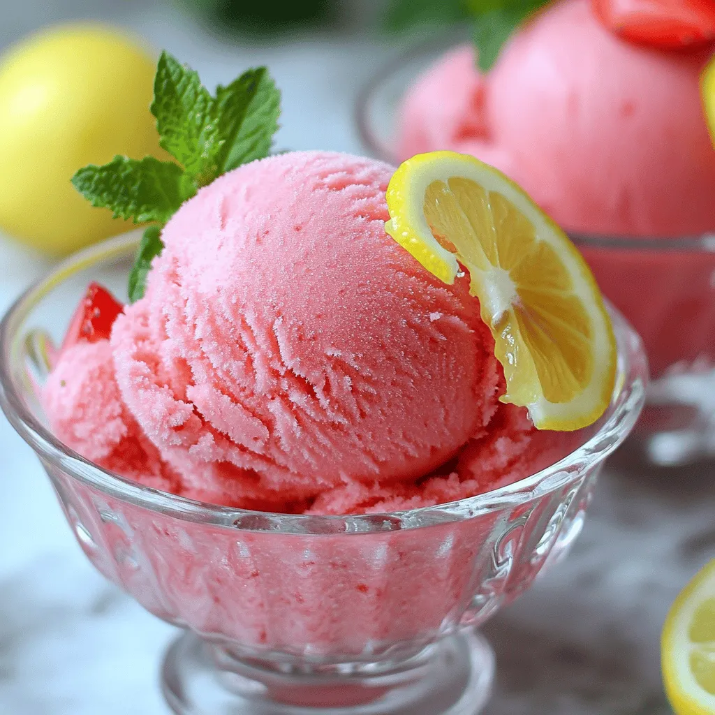 Für dieses Rezept benötigst du 2 Tassen frische Erdbeeren. Wähle die besten Erdbeeren aus. Sie sollten reif und süß sein. Entstiele die Erdbeeren und schneide sie in Scheiben. So lässt sich das Fruchtpüree leichter mixen. Frische Erdbeeren geben dem Sorbet einen tollen Geschmack und eine schöne Farbe. Du brauchst 1 Tasse frisch gepressten Zitronensaft. Das sind etwa 4 bis 6 Zitronen. Achte darauf, die Zitronen gut auszuwaschen. Die Schale von 2 Zitronen wird auch benötigt. Sie fügt einen extra Zitrusgeschmack hinzu, der das Sorbet erfrischend macht. Der Zitronensaft bringt die nötige Säure und Balance. Für das Sorbet verwendest du 1 Tasse Zucker und 1 Tasse Wasser. Der Zucker süßt das Sorbet und hilft, die Konsistenz zu verbessern. Das Wasser wird mit dem Zucker erhitzt, um einen einfachen Sirup herzustellen. Eine Prise Salz rundet den Geschmack perfekt ab. Achte darauf, dass der Zucker sich vollständig auflöst, um ein glattes Sorbet zu bekommen. Zuerst nehmen wir die frischen Erdbeeren. Entstielen und in Scheiben schneiden. Jetzt geben wir die Erdbeeren in einen Mixer. Fügen Sie die Hälfte des Zuckers hinzu. Mixen Sie die Mischung, bis sie ganz glatt ist. Wenn Sie keine Kerne mögen, passieren Sie die Mischung durch ein feines Sieb. Dies gibt eine super glatte Textur. Jetzt machen wir den einfachen Sirup. Nehmen Sie einen kleinen Topf. Kombinieren Sie den restlichen Zucker, das Wasser und die Zitronenschale. Erhitzen Sie die Mischung bei mittlerer Hitze. Rühren Sie gut, bis sich der Zucker auflöst. Nehmen Sie den Topf vom Herd und lassen Sie ihn abkühlen. Sobald der Sirup abgekühlt ist, vermengen Sie ihn mit dem Zitronensaft und dem Erdbeerpüree. Rühren Sie gut um, damit alles gut vermischt ist. Gießen Sie die Mischung in eine flache Schale oder Ihre Eismaschine. Wenn Sie eine Schale nutzen, stellen Sie sie in das Gefrierfach. Bei einer Eismaschine rühren Sie die Mischung, bis sie die Konsistenz von Soft-Serve-Eis erreicht. Wenn Sie die Schalen-Methode nutzen, frieren Sie die Mischung etwa eine Stunde lang ein. Nach einer Stunde nehmen Sie die Schale heraus und rühren mit einer Gabel um. Brechen Sie die Eiskristalle. Wiederholen Sie dies alle 30 Minuten, bis das Sorbet fest, aber gut schaufelbar ist. Wenn es bereit ist, schöpfen Sie es in Schalen oder Waffeln. Servieren Sie es sofort und genießen Sie! Um das perfekte Sorbet zu machen, ist die Konsistenz wichtig. Achte darauf, dass die Erdbeeren reif sind. Dies gibt dem Sorbet einen natürlichen Süßgeschmack. Mixe die Erdbeeren gut, bis sie glatt sind. Wenn du eine kernfreie Textur möchtest, benutze ein feines Sieb. Dies sorgt für ein feineres Mundgefühl. Der Sirup sollte gut abgekühlt sein, bevor du ihn mit dem Erdbeerpüree vermengst. Ein guter Tipp ist, die Mischung regelmäßig umzurühren, während sie gefriert. So vermeidest du große Eiskristalle. Eine Eismaschine macht es einfacher, die richtige Textur zu erreichen. Sie rührt die Mischung beim Gefrieren und bricht die Eiskristalle. Wenn du keine Maschine hast, ist das auch in Ordnung. Du kannst die Mischung in eine flache Schale gießen. Rühre alle 30 Minuten mit einer Gabel um. So erreichst du eine schöne, cremige Konsistenz. Die Eismaschine spart dir Zeit. Aber das manuelle Rühren kann auch Spaß machen. Es gibt dir mehr Kontrolle über die Textur. Die Präsentation deines Sorbets ist wichtig. Serviere es in gekühlten Schalen, um es frisch zu halten. Du kannst frische Minze darauflegen, um Farbe und Geschmack hinzuzufügen. Eine dünne Zitronenscheibe am Rand sieht toll aus und verleiht einen zusätzlichen Frischekick. Du kannst auch eine Beerenmischung als Topping verwenden. Das gibt dem Sorbet noch mehr Fruchtgeschmack. Experimentiere mit verschiedenen Garnituren, um dein Sorbet zu einem echten Hingucker zu machen. {{image_4}} Wenn Sie Abwechslung mögen, probieren Sie andere Früchte. Pfirsiche und Himbeeren passen gut. Diese Früchte bringen auch frische Aromen. Mischen Sie zum Beispiel Erdbeeren mit Pfirsichen. Das ergibt eine süße und saftige Kombination. Für ein wenig mehr Farbe, fügen Sie Blaubeeren hinzu. Sie sehen toll aus und schmecken großartig! Für eine vegane Version, ersetzen Sie den Zucker. Verwenden Sie Agavendicksaft oder Honig. Diese Süßstoffe sind pflanzlich und gesund. Wenn Sie zuckerfrei möchten, nutzen Sie Süßstoff. Stevia oder Erythrit sind gute Wahl. So bleibt das Sorbet lecker und leicht! Kräuter und Gewürze können neue Geschmäcker bringen. Minze ist eine beliebte Wahl. Sie erfrischt und gibt einen tollen Duft. Sie können auch Ingwer verwenden. Er gibt dem Sorbet einen würzigen Kick. Fügen Sie nur eine kleine Menge hinzu, damit der Geschmack nicht zu stark ist. Experimentieren Sie und finden Sie Ihre perfekte Mischung! Um das Strawberry Lemonade Sorbet frisch zu halten, lege es in einen luftdichten Behälter. Dies schützt das Sorbet vor Frost und Gerüchen im Gefrierfach. Du kannst auch Frischhaltefolie direkt auf die Oberfläche des Sorbets legen. So bleibt es cremig und lecker. Das Sorbet hält sich im Gefrierfach etwa zwei bis drei Wochen. Nach dieser Zeit kann die Textur leiden. Wenn du es länger aufbewahrst, kann es auch gefrieren und hart werden. Achte darauf, das Sorbet gut zu verpacken, um die Haltbarkeit zu verlängern. Wenn du das Sorbet einmal aufgetaut hast, solltest du es nicht wieder einfrieren. Das erneute Einfrieren kann die Textur ruinieren und die Qualität verschlechtern. Am besten genießt du das Sorbet frisch oder in kleinen Portionen, um es schnell aufzubrauchen. Das Sorbet bleibt im Gefrierfach etwa zwei bis drei Monate frisch. Nach dieser Zeit kann die Textur leiden. Um die beste Qualität zu bewahren, lagere das Sorbet in einem luftdichten Behälter. So bleibt es weich und lecker. Ja, gefrorene Erdbeeren sind eine gute Wahl. Sie machen das Sorbet kühl und cremig. Achte darauf, die Erdbeeren vorher etwas auftauen zu lassen. So lässt sich das Püree leichter mixen. Das Ergebnis bleibt genauso fruchtig und frisch. Das Rezept lässt sich leicht anpassen. Du kannst die Menge der Zutaten halbieren oder verdoppeln. Achte einfach darauf, die gleichen Verhältnisse zu verwenden. So bleibt der Geschmack immer gut. Wenn du weniger oder mehr Sorbet machen willst, ist das kein Problem. Erdbeersorbet ist lecker und einfach zu machen. Wir haben frische Zutaten, einfache Schritte und viele Tipps für das perfekte Sorbet behandelt. Auch Variationen und Lagerungshinweise sorgen dafür, dass Ihr Sorbet immer frisch bleibt. Denken Sie daran, dass Sie mit anderen Früchten oder Kräutern spielen können, um neue Geschmäcker zu entdecken. Nun liegt es an Ihnen, dieses Rezept auszuprobieren und zu genießen!