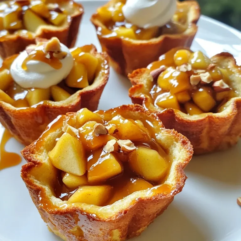 Für die Karamell-Apfel-Französischen Toastbecher benötigst du folgende Zutaten: - 6 Scheiben Brot (vorzugsweise Challah oder Brioche) - 4 große Eier - 1 Tasse Milch - 1 Teelöffel Vanilleextrakt - 1 Teelöffel gemahlener Zimt - 2 Esslöffel brauner Zucker - 2 Äpfel, geschält, entkernt und gewürfelt - 1 Esslöffel Butter - ½ Tasse Karamellsauce (fertig gekauft oder selbstgemacht) Diese Zutaten bilden die Basis für die köstlichen Becher. Der süße Geschmack der Äpfel und die cremige Textur der Eiermischung machen das Gericht besonders. Um deine Toastbecher noch besser zu machen, kannst du folgende Garnierungen hinzufügen: - Schlagsahne (zum Garnieren, optional) - Gehackte Nüsse (z. B. Pekannüsse oder Walnüsse, für die Garnierung, optional) Diese Extras bringen zusätzlichen Geschmack und Textur. Die Schlagsahne macht die Becher noch cremiger, während die Nüsse einen tollen Crunch hinzufügen. Für perfekte Toastbecher wähle am besten: - Challah - Brioche Diese Brotsorten sind weich und süß. Sie nehmen die Eiermischung gut auf und sorgen für eine tolle Konsistenz. Verwende kein trockenes Brot, denn das wird nicht so gut funktionieren. Zuerst heize deinen Ofen auf 180°C vor. Fette ein Muffinblech gut ein, damit die Becher nicht kleben bleiben. Nimm dann 6 Scheiben Brot. Ich empfehle Challah oder Brioche, weil sie weich und süß sind. Schneide jede Scheibe in Viertel. Drücke die Viertel vorsichtig in die Muffinmulden, sodass sie wie kleine Becher aussehen. Lass sie beiseite, während du die Füllung machst. In einer großen Schüssel verquirlst du 4 Eier. Füge 1 Tasse Milch, 1 Teelöffel Vanilleextrakt, 1 Teelöffel gemahlenen Zimt und 2 Esslöffel braunen Zucker hinzu. Mische alles gut mit einem Schneebesen. Diese Mischung wird die Becher später schön saftig machen. Erhitze 1 Esslöffel Butter in einer Pfanne bei mittlerer Hitze. Schäle und entkerne 2 Äpfel und schneide sie in kleine Würfel. Gib die Apfelwürfel in die Pfanne. Sautiere sie etwa 5 Minuten lang, bis sie weich sind. Rühre die Hälfte der Karamellsauce unter die Äpfel. So bekommen sie einen tollen Geschmack. Gieße die Eiermischung gleichmäßig über die Brotscheiben im Muffinblech. Löffle die Karamell-Apfel-Mischung oben drauf. Jetzt sind die Becher bereit für den Ofen! Ein häufiger Fehler ist, das Brot zu klein zu schneiden. Schneiden Sie die Brotscheiben in Viertel, um die Becher zu formen. Das hilft, die Füllung gut festzuhalten. Achten Sie darauf, die Äpfel nicht zu lange zu braten. Sie sollen weich, aber nicht matschig sein. Wenn Sie die Eiermischung über die Brotbecher gießen, stellen Sie sicher, dass alle Stücke gut getränkt sind. So bleiben die Becher saftig. Um die perfekte Konsistenz zu erreichen, nutzen Sie frische Eier und Milch. Diese Zutaten sorgen für eine tolle Textur. Die Mischung sollte cremig, aber nicht zu flüssig sein. Achten Sie darauf, die Karamellsauce gleichmäßig zu verteilen. So wird jeder Bissen süß und lecker. Nach dem Backen lassen Sie die Becher kurz abkühlen. Dadurch festigen sie sich und bleiben beim Herausnehmen intakt. Sie können diese Becher leicht im Voraus zubereiten. Bereiten Sie die Brotbecher und die Eiermischung am Abend vorher vor. Lagern Sie alles in getrennten Behältern im Kühlschrank. Am nächsten Morgen fügen Sie die Äpfel hinzu und backen die Becher direkt. So sparen Sie Zeit und können das Frühstück stressfrei genießen. Wenn Sie Gäste haben, ist das eine tolle Lösung! {{image_4}} Für glutenfreie Karamell-Apfel-Französische Toastbecher verwenden Sie glutenfreies Brot. Viele Marken bieten leckere Sorten an. Achten Sie darauf, dass das Brot weich bleibt. Es sollte sich gut formen lassen. Der Rest des Rezepts bleibt gleich. So genießen Sie den gleichen tollen Geschmack ohne Gluten. Möchten Sie eine vegane Version? Tauschen Sie die Eier gegen eine Mischung aus Leinsamen und Wasser. Nutzen Sie auch pflanzliche Milch. Kokos- oder Mandelmilch eignen sich gut. Statt Butter verwenden Sie vegane Margarine. Für die Karamellsauce suchen Sie nach einer veganen Option oder machen Sie sie selbst. Damit bleibt der Genuss vegan und lecker. Variieren Sie die Äpfel je nach Saison. Im Herbst sind frische Äpfel perfekt. Im Sommer probieren Sie Pfirsiche oder Beeren. Diese Früchte bringen frische Aromen. Sie können auch Birnen verwenden, um eine andere Textur zu erhalten. Jedes Mal, wenn Sie die Früchte ändern, wird Ihr Gericht neu und spannend. Um die Reste Ihrer Karamell-Apfel-Französischen Toastbecher richtig zu lagern, lassen Sie sie zuerst abkühlen. Legen Sie die Becher in einen luftdichten Behälter. Sie können sie bis zu drei Tage im Kühlschrank aufbewahren. Achten Sie darauf, die Becher zwischen den Schichten mit Folie oder Backpapier zu trennen. So bleibt ihre Form erhalten. Wenn Sie die Becher für später einfrieren möchten, lassen Sie sie vollständig abkühlen. Wickeln Sie jeden Becher einzeln in Frischhaltefolie ein. Legen Sie sie dann in einen gefrierfesten Behälter oder einen Gefrierbeutel. So bleiben sie bis zu drei Monate frisch. Beschriften Sie den Behälter mit Datum und Inhalt. Um die gefrorenen Becher wieder aufzuwärmen, lassen Sie sie zuerst im Kühlschrank auftauen. Dann können Sie sie im Ofen bei 180°C für etwa 10 Minuten erwärmen. So bleiben sie schön warm und lecker. Alternativ können Sie die Becher auch in der Mikrowelle erhitzen, aber achten Sie darauf, sie nicht zu überhitzen. Fügen Sie nach dem Erwärmen frische Karamellsauce hinzu, um den Geschmack zu intensivieren. Dieses Rezept ergibt 6 Portionen. Jeder Becher ist eine perfekte Portion für ein Frühstück oder einen Snack. Sie können die Menge leicht verdoppeln, wenn Sie mehr Gäste haben. Einfach ein weiteres Muffinblech verwenden, um die Becher zu backen. Ja, Sie können die Karamellsauce selbst machen. Es ist einfach und macht das Rezept noch besser. Sie brauchen nur Zucker, Butter und Sahne. Schmelzen Sie den Zucker in einem Topf, bis er goldbraun wird. Fügen Sie dann die Butter hinzu und rühren Sie gut um. Gießen Sie die Sahne langsam hinein und rühren Sie weiter. Lassen Sie die Sauce etwas abkühlen, bevor Sie sie verwenden. Es gibt viele gute Ersatzstoffe für Eier. Ein beliebter Ersatz ist Apfelmus. Verwenden Sie 1/4 Tasse Apfelmus für jedes Ei. Sie können auch gemahlene Leinsamen verwenden. Mischen Sie 1 Esslöffel gemahlene Leinsamen mit 2,5 Esslöffeln Wasser und lassen Sie es 5 Minuten stehen. So erhalten Sie eine gelartige Konsistenz, die gut funktioniert. Dieser Blogbeitrag hat Ihnen die wichtigen Zutaten und Schritte für Karamell-Apfel-Französische Toastbecher vorgestellt. Wir haben Tipps gegeben, um häufige Fehler zu vermeiden und die besten Konsistenzen zu erreichen. Ergänzungen wie glutenfreie und vegane Alternativen erweitern das Rezept. Schließlich wissen Sie nun, wie Sie Reste richtig lagern und wieder aufwärmen. Diese Leckerei ist vielseitig und einfach anzupassen. Probieren Sie es aus und genießen Sie jeden Bissen!