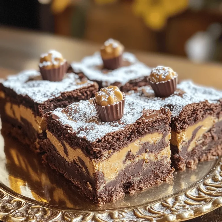 - 240 g ungesalzene Butter - 200 g Zucker - 100 g brauner Zucker - 4 große Eier - 1 Teelöffel Vanilleextrakt Die Hauptzutaten sind einfach zu finden. Ungesalzene Butter gibt den Brownies einen reichen Geschmack. Zucker und brauner Zucker sorgen für Süße und eine tolle Konsistenz. Eier helfen, die Brownies schön fluffig zu machen. Vanilleextrakt bringt ein feines Aroma in den Teig. - 130 g Weizenmehl - 50 g Kakaopulver - 1/2 Teelöffel Backpulver - 1/4 Teelöffel Salz Die trockenen Zutaten sind wichtig für die Textur. Weizenmehl gibt Stabilität, während Kakao für den schokoladigen Geschmack sorgt. Backpulver lässt die Brownies aufgehen. Salz verstärkt den Geschmack und balanciert die Süße. - 240 g cremige Erdnussbutter - 60 g Puderzucker - 150 g gehackte Mini-Erdnussbutter-Tassen - 90 g Schokoladenstückchen (optional für die Garnitur) Die Füllung macht die Brownies besonders. Cremige Erdnussbutter sorgt für einen reichen, nussigen Geschmack. Puderzucker macht die Füllung süßer und leichter. Die Mini-Erdnussbutter-Tassen geben eine knusprige Textur. Schokoladenstückchen sind ein leckeres Extra, wenn du mehr Schokolade willst. Heize deinen Ofen auf 175 °C vor. Nimm eine Backform von 23x33 cm. Lege die Form mit Backpapier aus. Lass das Papier über den Rand hängen. So kannst du die Brownies später leicht herausnehmen. In einer großen Schüssel gib die geschmolzene Butter hinein. Füge den Zucker und den braunen Zucker hinzu. Verquirle alles gut, bis die Mischung glatt ist. Danach füge die Eier einzeln hinzu. Rühre nach jedem Ei gut um. Vergiss nicht, den Vanilleextrakt einzurühren. Nimm eine separate Schüssel. Mische das Weizenmehl, das Kakaopulver, das Backpulver und das Salz darin. Gib diese trockenen Zutaten nach und nach zu der Butter-Zucker-Mischung. Rühre nur so lange, bis alles gerade vermischt ist. Heben dann die gehackten Mini-Erdnussbutter-Tassen vorsichtig unter den Teig. In einer anderen Schüssel vermenge die cremige Erdnussbutter mit dem Puderzucker. Rühre, bis die Mischung glatt ist. Löffle diese Mischung in kleinen Häufchen über den Brownieteig. Nimm ein Messer und wirble die Erdnussbutter vorsichtig in den Teig. So bekommst du einen schönen Marmoreffekt. Gieße die Brownie-Masse in die vorbereitete Backform. Backe die Brownies für 25 bis 30 Minuten. Um zu testen, ob sie fertig sind, steche mit einem Zahnstocher in die Mitte. Wenn er mit wenigen feuchten Krümeln herauskommt, sind sie fertig. Lass die Brownies in der Form auskühlen. Dann hebe sie mit dem überstehenden Papier heraus. Schneide sie in Quadrate oder Riegel. Um die perfekte Textur zu erreichen, müssen Sie auf die Backzeit achten. Backen Sie die Brownies für 25 bis 30 Minuten. Prüfen Sie mit einem Zahnstocher, ob sie durch sind. Der Zahnstocher sollte mit wenigen feuchten Krümeln herauskommen. So bleiben die Brownies schön saftig. Achten Sie darauf, den Teig nicht zu übermixen. Rühren Sie die trockenen Zutaten nur so lange, bis alles gerade vermischt ist. So bleibt der Teig weich und zart. Die Auswahl der Zutaten ist wichtig für den Geschmack. Verwenden Sie cremige Erdnussbutter mit einer glatten Textur. Achten Sie darauf, dass sie keine zusätzlichen Zutaten enthält. Hochwertige Schokolade macht ebenfalls einen großen Unterschied. Entscheiden Sie sich für gute Schokoladenstückchen oder -raspeln. Hochwertige Zutaten sorgen für einen intensiveren Geschmack. So schmecken die Brownies noch besser. Servieren Sie die Brownies auf einem dekorativen Teller. Bestäuben Sie sie leicht mit Puderzucker. Das sieht schön aus und macht sie einladend. Eine tolle Ergänzung sind eine Kugel Eis oder einen Klecks Sahne. Das kalte Eis harmoniert gut mit den warmen Brownies. Dies verstärkt den Genuss und macht das Dessert noch spezieller. {{image_4}} Du kannst deine Erdnussbutter-Tassen-Brownie-Riegel aufpeppen. Probiere verschiedene Schokoladensorten aus. Dunkle Schokolade bringt einen reichen Geschmack. Weiße Schokolade fügt süße Noten hinzu. Nüsse sind eine tolle Ergänzung. Walnüsse oder Mandeln bieten crunchige Textur. Du kannst auch Karamellstückchen hinzufügen. Das sorgt für ein tolles Aroma und macht die Brownies noch köstlicher. Wenn du glutenfrei backen möchtest, verwende alternative Mehle. Mandelmehl oder Kokosmehl sind gute Optionen. Diese Mehle machen die Brownies trotzdem lecker. Du kannst auch die Erdnussbutter anpassen. Verwende gezuckerte Erdnussbutter für mehr Süße. Wenn du es gesünder magst, nimm zuckerfreie Erdnussbutter. Sie funktioniert gut in diesem Rezept und bleibt cremig. Mini-Brownies sind perfekt für Partys. Sie sind einfach zu essen und sehen toll aus. Verwende Muffin-Formen für eine kreative Alternative. So hast du gleichmäßige Portionen und jeder kann sie genießen. Diese kleinen Leckerbissen sind besonders beliebt bei Kindern. Sie sind süß und perfekt für jeden Anlass. Ich empfehle, die Brownie-Riegel im Kühlschrank oder bei Raumtemperatur zu lagern. Bei Raumtemperatur bleiben sie weich und lecker. Im Kühlschrank bleiben sie länger frisch, aber sie können etwas fester werden. Die Brownie-Riegel sind in einem luftdichten Behälter für bis zu einer Woche haltbar. Um die Frische zu verlängern, empfehle ich, sie einzeln in Frischhaltefolie zu wickeln. So bleibt jeder Riegel saftig und köstlich. Möchten Sie die Brownies länger aufbewahren? Sie können sie problemlos einfrieren. Lassen Sie die Riegel zuerst vollständig abkühlen. Wickeln Sie sie dann in Frischhaltefolie und stecken Sie sie in einen Gefrierbeutel. So bleiben sie bis zu drei Monate frisch. Zum Auftauen legen Sie sie einfach für ein paar Stunden bei Raumtemperatur oder über Nacht in den Kühlschrank. So genießen Sie sie immer frisch und lecker! Die Brownies backen für 25 bis 30 Minuten. Die genaue Zeit kann variieren. Ein Zahnstocher hilft dir, die Backzeit zu testen. Stecke ihn in die Mitte der Brownies. Wenn er mit wenigen feuchten Krümeln herauskommt, sind sie fertig. Lass sie nicht zu lange im Ofen, um ein Austrocknen zu vermeiden. Ja, du kannst die Erdnussbutter ersetzen. Mandelbutter ist eine gute Wahl. Auch Sonnenblumenbutter funktioniert gut. Diese Alternativen bringen einen anderen Geschmack, sind aber lecker. Achte darauf, dass sie eine ähnliche Konsistenz haben. So bleibt die Textur der Brownies gleich. Übrig gebliebene Brownies sind vielseitig. Du kannst sie in Eis machen. Zerbrich sie und mische sie in dein Lieblingseis. Auch als Topping für Joghurt sind sie toll. Du kannst sie zu Brownie-Schichtdesserts verwenden. Einfach in Gläser schichten mit Sahne oder Obst. Die Standardversion ist nicht glutenfrei, da sie Weizenmehl enthält. Du kannst jedoch glutenfreies Mehl verwenden. Achte darauf, dass es eine 1:1 Mischung ist. So bleibt die Textur gleich. Informiere dich über die besten glutenfreien Mehle für Backen. So kannst du leckere Brownies ohne Gluten genießen. Diese Anleitung zeigt, wie man leckere Erdnussbutter-Brownies macht. Du hast die Hauptzutaten, die Zubereitung und wichtige Tipps kennengelernt. Ob du die perfekten Brownies kreieren oder variieren möchtest, alles ist möglich. Denke daran, hochwertige Zutaten zu verwenden. So erzielst du das beste Ergebnis. Lagere deine Brownies richtig, damit sie lange frisch bleiben. Jetzt kannst du kreativ sein und köstliche Varianten ausprobieren. Viel Spaß beim Backen und Genießen!