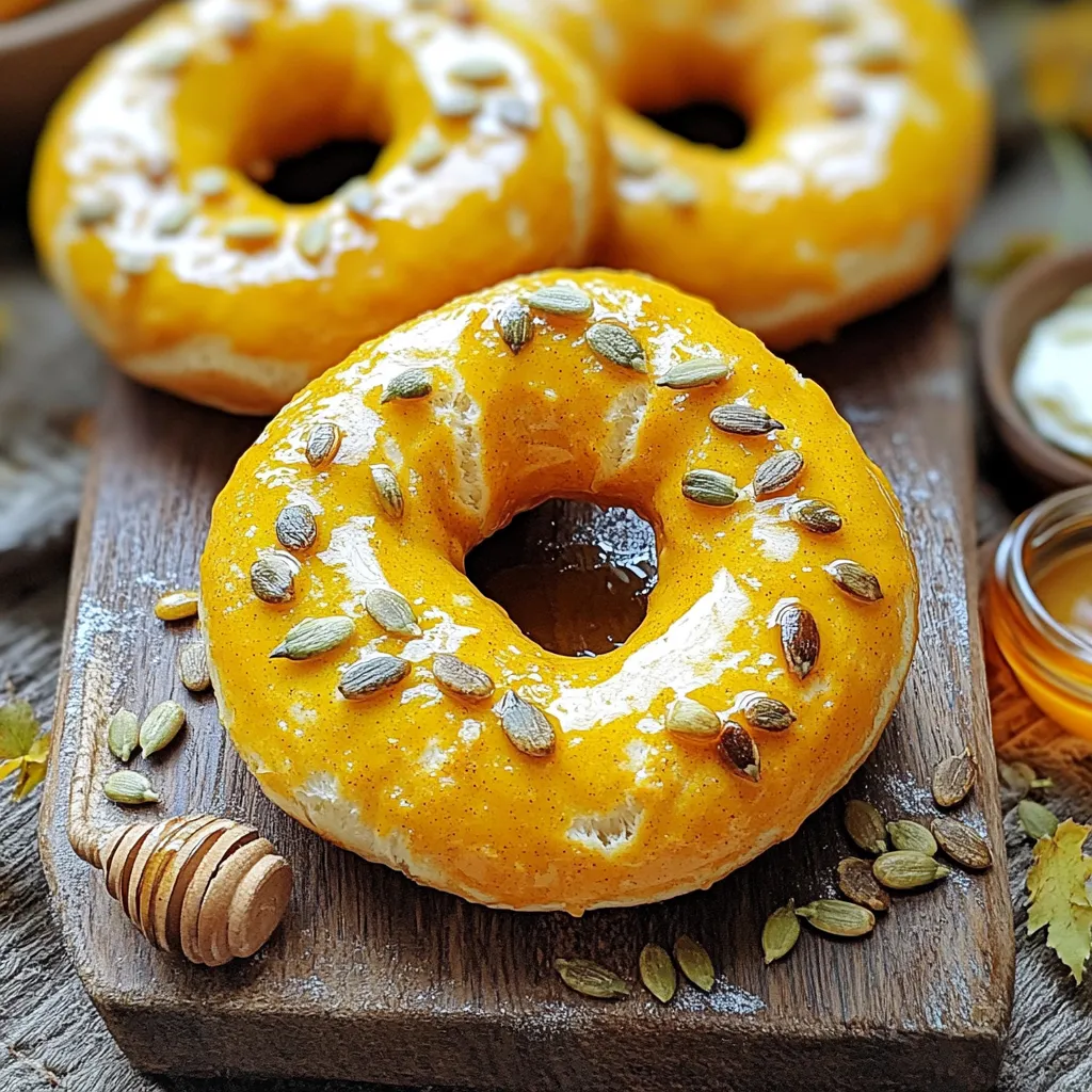 Um die besten Kürbisgewürz Bagels zu machen, brauchst du: - 3 ½ Tassen Weizenmehl - 1 Tasse Kürbispüree aus der Dose - 1 Esslöffel Kürbiskuchengewürz - 1 Esslöffel gemahlener Zimt - 1 Teelöffel Salz - 1 Esslöffel Zucker - 1 Päckchen (2 ¼ Teelöffel) Trockenhefe - 1 ¼ Tassen warmes Wasser (110°F / 43°C) - 2 Esslöffel Honig (zum Kochen) - 1 Ei (für die Ei-Beschichtung) Diese Zutaten bringen den perfekten Geschmack. Das Kürbispüree sorgt für eine schöne Farbe und Feuchtigkeit. Das Kürbiskuchengewürz und der Zimt geben den Bagels das typische Aroma. Du kannst die Bagels nach deinem Geschmack anpassen. Hier sind einige optionale Zutaten: - Kürbiskerne zum Bestreuen Kürbiskerne fügen einen schönen Crunch hinzu. Sie sind auch gesund und machen die Bagels noch leckerer. Für die Zubereitung benötigst du: - Große Rührschüssel - Kleine Schüssel - Spatel - Küchentuch - Topf zum Kochen - Schaumkelle - Backblech mit Backpapier - Kuchengitter Diese Utensilien helfen dir, die Bagels einfach und schnell zuzubereiten. Ein gutes Kuchengitter ist wichtig, damit die Bagels gleichmäßig abkühlen. Zuerst brauchst du warmes Wasser und Zucker. Mische beides in einer kleinen Schüssel. Streue die Trockenhefe gleichmäßig darüber. Lass die Mischung etwa 5 bis 10 Minuten stehen. Sie sollte schaumig werden. Das zeigt, dass die Hefe aktiv ist. Aktive Hefe ist wichtig für fluffige Bagels. Nimm eine große Rührschüssel. Füge das Weizenmehl, Kürbiskuchengewürz, Zimt und Salz hinzu. Vermische alles gut. Drücke eine Vertiefung in die Mitte. Gib das Kürbispüree und die Hefemischung hinein. Verwende einen Spatel, um die Zutaten vorsichtig zu vermengen. Der Teig sollte zusammenkommen. Übertrage den Teig auf eine bemehlte Fläche. Knete den Teig etwa 8 bis 10 Minuten. Er sollte glatt und elastisch sein. Lege den Teig in eine gefettete Schüssel. Decke die Schüssel mit einem Küchentuch ab. Lass den Teig an einem warmen Ort gehen. Das dauert etwa eine Stunde. Der Teig sollte sich verdoppeln. Drücke den aufgegangenen Teig leicht nieder. Teile ihn in 8 gleich große Stücke. Forme jedes Stück zu einer Kugel. Steche in die Mitte ein Loch. Dehne das Loch vorsichtig, damit es beim Kochen nicht schließt. So erhältst du die typische Bagelform. Bringe in einem großen Topf Wasser mit Honig zum Kochen. Koche jeden Bagel etwa 1 Minute pro Seite. Nimm sie mit einer Schaumkelle heraus. Lege die Bagels auf ein Backblech mit Backpapier. Heize den Ofen auf 220°C vor. Verquirle das Ei und pinsel es auf die Bagels. Streue nach Belieben Kürbiskerne darüber. Backe die Bagels 20 bis 25 Minuten. Sie sollten goldbraun sein. Lass sie auf einem Kuchengitter auskühlen. Um die perfekte Bagelform zu erzielen, forme zuerst kleine Kugeln aus dem Teig. Drücke dann mit deinem Finger ein Loch in die Mitte jeder Kugel. Dehne das Loch vorsichtig, damit es nicht schließt. Achte darauf, dass das Loch groß genug bleibt, da die Bagels beim Kochen und Backen aufgehen. Übe Geduld und sei sanft mit dem Teig. Ein häufiger Fehler ist, die Bagels zu lange zu backen. Halte die Backzeit im Auge, besonders in den letzten Minuten. Wenn sie goldbraun sind, hole sie sofort raus. Ein weiterer Fehler kann die Hefeaktivierung sein. Stelle sicher, dass das Wasser nicht zu heiß ist, sonst stirbt die Hefe. Ein schaumiger Schaum zeigt, dass sie aktiv ist. Um deine Bagels frisch zu halten, lasse sie zuerst auf einem Kuchengitter auskühlen. Danach kannst du sie in einem luftdichten Behälter aufbewahren. Bei Raumtemperatur halten sie sich bis zu zwei Tage. Für längere Lagerung friere sie ein. Wickele sie gut ein, um Gefrierbrand zu vermeiden. So bleiben sie bis zu drei Monate frisch. {{image_4}} Du kannst die Gewürze für diese Bagels ganz nach deinem Geschmack anpassen. Wenn du etwas Neues ausprobieren möchtest, nutze Muskatnuss oder Ingwer. Diese Gewürze bringen einen anderen Geschmack, der gut zu Kürbis passt. Probiere auch Kombinationen mit Vanille oder Kardamom. Diese machen deine Bagels noch interessanter und einzigartig. Die Toppings können deine Bagels aufpeppen. Kürbiskerne sind eine tolle Wahl für einen knusprigen Biss. Du kannst auch Sonnenblumenkerne oder Sesam verwenden. Für etwas Süßes streue Zimt-Zucker-Mischung über die Bagels. Wenn du etwas Herzhaftes möchtest, probiere Käse oder Kräuter. Jedes Topping kann das Erlebnis verändern und Spaß machen. Für eine glutenfreie Option kannst du glutenfreies Mehl verwenden. Achte darauf, dass das Mehl eine Mischung aus verschiedenen glutenfreien Sorten ist. Das sorgt für die beste Textur. Du kannst auch etwas mehr Wasser hinzufügen, um den Teig geschmeidig zu halten. Beachte, dass die Backzeit etwas kürzer sein kann. Halte die Bagels im Auge, damit sie nicht zu dunkel werden. Um deine Bagels frisch zu halten, lagere sie in einem luftdichten Behälter. So bleibt die Feuchtigkeit im Bagel. Wenn du keine Box hast, benutze einen Plastikbeutel. Stelle sicher, dass die Bagels abgekühlt sind, bevor du sie lagerst. Lagere die Bagels bei Raumtemperatur, um das beste Aroma zu bewahren. So bleiben sie für bis zu drei Tage köstlich. Wenn du mehr Bagels gemacht hast, friere sie einfach ein. Wickel jeden Bagel einzeln in Frischhaltefolie. Lege dann die eingewickelten Bagels in einen Gefrierbeutel. So bleiben sie bis zu drei Monate frisch. Wenn du sie essen möchtest, nimm einen Bagel heraus und lasse ihn im Kühlschrank auftauen. Um deine tiefgefrorenen Bagels wieder aufzuwärmen, heize den Ofen auf 190 °C vor. Lege die Bagels direkt auf das Backblech. Backe sie für etwa 10 Minuten, bis sie warm sind. So werden die Bagels wieder knusprig und lecker. Wenn du willst, kannst du auch einen Toaster verwenden. Halte die Zeit kurz, um ein Anbrennen zu vermeiden. Die Zubereitung der Kürbisgewürz Bagels dauert insgesamt etwa zwei Stunden. Davon sind 30 Minuten für die Vorbereitung nötig. Der Rest der Zeit ist für das Gehen und Backen des Teigs gedacht. Ja, du kannst frisches Kürbispüree verwenden. Achte darauf, dass es gut püriert und nicht zu wässrig ist. Frisches Püree gibt den Bagels einen tollen Geschmack, aber die Konsistenz kann etwas anders sein. Mit diesem Rezept erhältst du acht leckere Bagels. Diese Menge ist ideal, um sie mit Freunden oder Familie zu genießen. Du kannst die Menge leicht verdoppeln, wenn du mehr Bagels möchtest. Ähnliche Kürbisgewürz Bagels findest du in vielen Bäckereien, besonders im Herbst. Einige große Supermärkte bieten auch saisonale Bagels an. Achte auf lokale Bäckereien, die oft frische, hausgemachte Varianten anbieten. Kürbisgewürz Bagels schmecken köstlich mit Frischkäse oder Butter. Für etwas Süße kannst du Honig oder Marmelade hinzufügen. Auch ein paar Nüsse oder frisches Obst passen hervorragend dazu. Kürbisgewürz Bagels sind einfach gemacht und lecker. Du brauchst nur wenige Zutaten, um sie zu backen. Die Schritt-für-Schritt-Anleitung zeigt dir alles, von der Hefeaktivierung bis zum Backen. Mit den Tipps bekommst du die perfekte Form. Verschiedene Varianten und Aufbewahrungstipps sorgen für Abwechslung. Egal, ob du sie frisch genießt oder aufbewahrst, diese Bagels sind ein Genuss. Backen macht Spaß und ist einfach. Probiere das Rezept und entdecke neue Geschmäcker!
