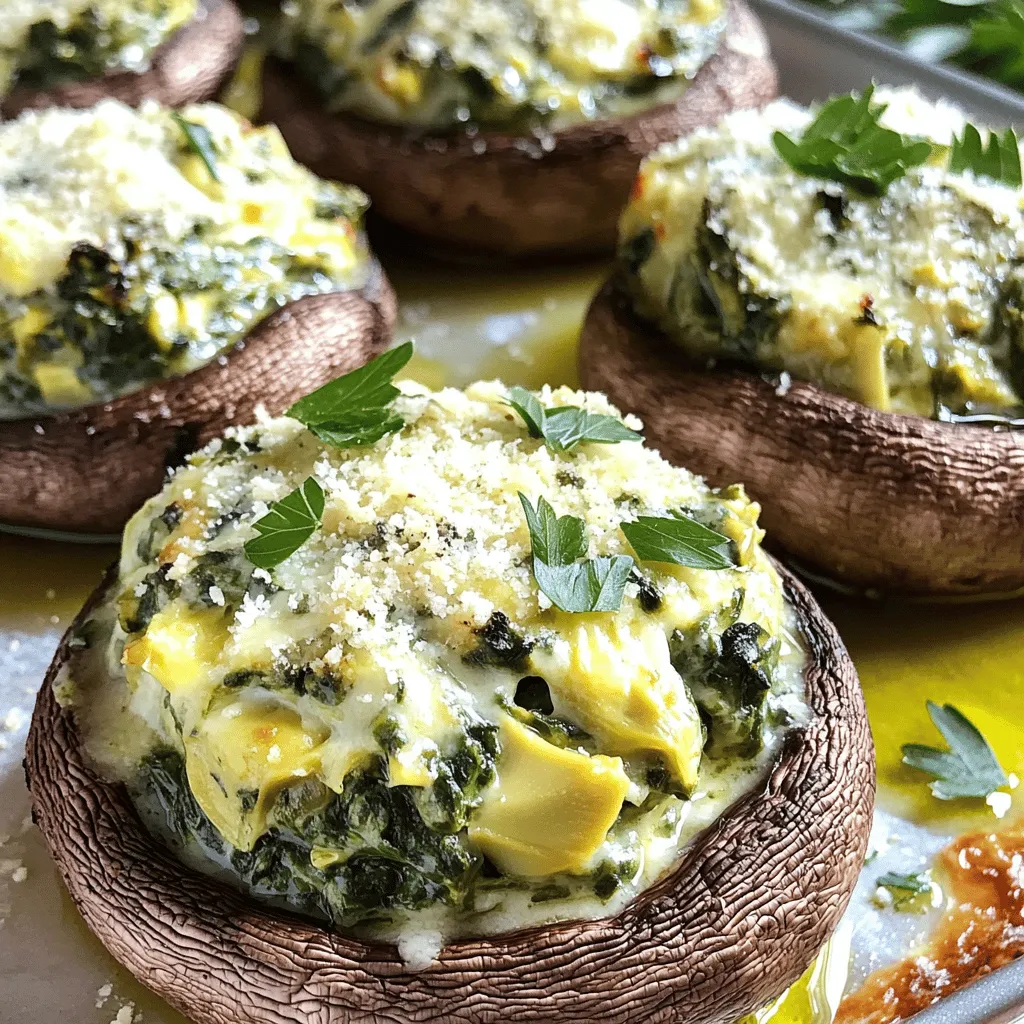 Die Zutaten für Spinat-Artischocken gefüllte Champignons sind einfach und frisch. Hier ist eine Liste der Hauptzutaten: - 12 große Portobello- oder Cremini-Champignons - 1 Tasse frischer Spinat, grob gehackt - 1 Tasse Artischockenherzen, gehackt (aus der Dose oder gefroren und aufgetaut) - 1/2 Tasse Frischkäse, weich geworden - 1/4 Tasse Sauerrahm - 1/2 Tasse geriebener Mozzarella-Käse - 1/4 Tasse geriebener Parmesan-Käse - 2 Knoblauchzehen, fein gehackt - 1/2 Teelöffel Zwiebelpulver - 1/2 Teelöffel getrockneter Oregano - Salz und Pfeffer nach Geschmack - Olivenöl zum Beträufeln Jede Zutat bringt ihren eigenen Geschmack und Nährwert mit. Die frischen Zutaten sorgen für einen tollen Geschmack und eine schöne Textur. Die Nährwerte der Zutaten sind wichtig, um den Snack gesund zu genießen. Hier sind einige wichtige Punkte: - Champignons: Sie sind kalorienarm und reich an Ballaststoffen. - Spinat: Vollgepackt mit Vitaminen A und K. - Artischocken: Gute Quelle für Antioxidantien. - Frischkäse: Bringt Cremigkeit, enthält jedoch auch Fett. - Mozzarella und Parmesan: Käse bietet Protein und Calcium, aber auch Kalorien. - Knoblauch: Hat viele gesundheitliche Vorteile, darunter die Unterstützung des Immunsystems. Diese Kombination sorgt für einen schmackhaften und nahrhaften Snack. Wenn Sie Allergien haben oder bestimmte Zutaten meiden möchten, gibt es tolle Ersatzstoffe. Hier sind einige Optionen: - Frischkäse: Verwenden Sie einen veganen Frischkäse oder Hummus. - Sauerrahm: Kokosjoghurt oder Sojajoghurt sind gute Alternativen. - Käse: Nutzen Sie Nusskäse oder Hefeflocken für einen käsigen Geschmack. - Champignons: Zucchini- oder Paprikaschoten können die Champignons ersetzen. Mit diesen Ersatzstoffen bleibt das Rezept lecker und für alle zugänglich. Zuerst bereiten Sie die Champignons vor. Nehmen Sie 12 große Portobello- oder Cremini-Champignons. Wischen Sie sie mit einem feuchten Tuch ab, um Schmutz zu entfernen. Entfernen Sie die Stiele und schöpfen Sie die Lamellen mit einem kleinen Löffel heraus. So schaffen Sie Platz für die Füllung. Nun machen wir die Füllung. In einer großen Schüssel kombinieren Sie die folgenden Zutaten: - 1 Tasse frischer Spinat, grob gehackt - 1 Tasse Artischockenherzen, gehackt - 1/2 Tasse Frischkäse, weich geworden - 1/4 Tasse Sauerrahm - 1/2 Tasse geriebener Mozzarella-Käse - 1/4 Tasse geriebener Parmesan-Käse - 2 Knoblauchzehen, fein gehackt - 1/2 Teelöffel Zwiebelpulver - 1/2 Teelöffel getrockneter Oregano - Salz und Pfeffer nach Geschmack Mischen Sie alles gut zusammen. Achten Sie darauf, dass die Füllung gleichmäßig ist. Heizen Sie den Ofen auf 190 °C vor. Legen Sie die Champignon-Kappen auf ein Backblech mit Backpapier. Beträufeln Sie jede Kappe leicht mit Olivenöl. Füllen Sie dann jede Kappe großzügig mit der Spinat-Artischocken-Mischung. Drücken Sie die Füllung leicht hinein, damit sie gut sitzt. Backen Sie die gefüllten Champignons für 20-25 Minuten. Sie sind fertig, wenn sie zart sind und die Füllung goldbraun ist. Lassen Sie die Champignons kurz abkühlen. Servieren Sie sie auf einer großen Platte, dekoriert mit frischen Kräutern. Guten Appetit! Um die beste Füllung zu erzielen, nutzen Sie frische Zutaten. Frischer Spinat bietet mehr Geschmack. Sie können auch gefrorenen Spinat verwenden, aber drücken Sie das Wasser gut aus. Verwenden Sie auch gut gewürzte Artischockenherzen. Mischen Sie die Füllung gründlich. So verteilen sich die Aromen gleichmäßig. Ein häufiger Fehler ist, die Champignons nicht richtig vorzubereiten. Achten Sie darauf, die Stiele gut zu entfernen. So bleibt mehr Platz für die Füllung. Wenn Sie die Füllung zu locker machen, fällt sie beim Backen heraus. Drücken Sie die Mischung beim Füllen leicht zusammen. Servieren Sie die gefüllten Champignons auf einer großen Platte. Dekorieren Sie sie mit frischen Kräutern wie Petersilie. Das gibt Farbe und sieht schön aus. Für einen besonderen Touch können Sie Balsamico-Reduktion um die Platte träufeln. So wird Ihr Gericht noch ansprechender. {{image_4}} Für eine vegetarische Füllung können Sie den Frischkäse durch pflanzliche Alternativen ersetzen. Cashew-Creme oder Soja-Joghurt sind tolle Optionen. Sie bieten eine ähnliche Textur. Bei den Käsearten können Sie vegane Sorten verwenden, die aus Nüssen oder Kokos bestehen. Um das Aroma zu verstärken, fügen Sie Zutaten wie getrocknete Tomaten oder schwarze Oliven hinzu. Diese Zutaten bringen eine neue Dimension. Auch frische Kräuter wie Basilikum oder Thymian sind eine hervorragende Wahl. Sie sorgen für frischen Geschmack und Farbe. Wenn Sie keinen Käse verwenden möchten, probieren Sie Hefeflocken. Sie geben einen käsigen Geschmack, ohne Milchprodukte zu nutzen. Eine andere Idee ist, pürierte Avocado hinzuzufügen. Sie macht die Füllung cremig und lecker. Die Reste der Spinat-Artischocken gefüllten Champignons sollten kühl gelagert werden. Verwenden Sie einen luftdichten Behälter. So bleiben sie frisch und lecker. Lagern Sie die Champignons im Kühlschrank. Sie sollten innerhalb von drei Tagen verzehrt werden. Das Einfrieren ist eine gute Option für längere Lagerung. Lassen Sie die gefüllten Champignons zuerst abkühlen. Legen Sie sie dann auf ein Backblech. Frieren Sie sie so ein, bis sie fest sind. Danach können Sie die Champignons in einen luftdichten Behälter umpacken. So bleiben sie bis zu drei Monate haltbar. Um die gefüllten Champignons wieder aufzuwärmen, heizen Sie den Ofen auf 190 °C vor. Legen Sie die Champignons auf ein Backblech. Decken Sie sie leicht mit Alufolie ab. So trocknen sie nicht aus. Backen Sie sie für etwa 10-15 Minuten, bis sie durchwarm sind. Alternativ können Sie die Champignons auch in der Mikrowelle aufwärmen. Achten Sie darauf, sie nicht zu lange zu erhitzen. Die gefüllten Champignons bleiben im Kühlschrank etwa drei bis fünf Tage frisch. Lagern Sie sie in einem luftdichten Behälter. Achten Sie darauf, sie gut abzukühlen, bevor Sie sie verstauen. So bewahren Sie den Geschmack und die Textur. Ja, Sie können die Füllung im Voraus zubereiten! Mischen Sie einfach alle Zutaten in einer Schüssel. Lagern Sie die Füllung dann in einem luftdichten Behälter im Kühlschrank. Sie bleibt bis zu zwei Tage frisch. Füllen Sie die Champignons kurz vor dem Backen. Zu diesen gefüllten Champignons passen viele Beilagen. Hier sind einige Ideen: - Ein frischer Salat mit Vinaigrette - Knuspriges Baguette oder Ciabatta - Gegrilltes Gemüse wie Zucchini und Paprika - Ein cremiges Risotto als Hauptgericht Diese Kombinationen machen das Essen noch leckerer und runden das Gericht perfekt ab. Spinat-Artischocken gefüllte Champignons sind lecker und einfach zu machen. Wir haben die wichtigsten Zutaten, die Zubereitung und wertvolle Tipps besprochen. Denk daran, die Füllung nach deinem Geschmack anzupassen. Probiere auch die Varianten für vegetarische oder vegane Optionen. Richtig gelagerte Reste sind köstlich. Beachte die FAQs für nützliche Infos. Genieße die Zubereitung und überrasche deine Gäste mit diesem tollen Gericht!