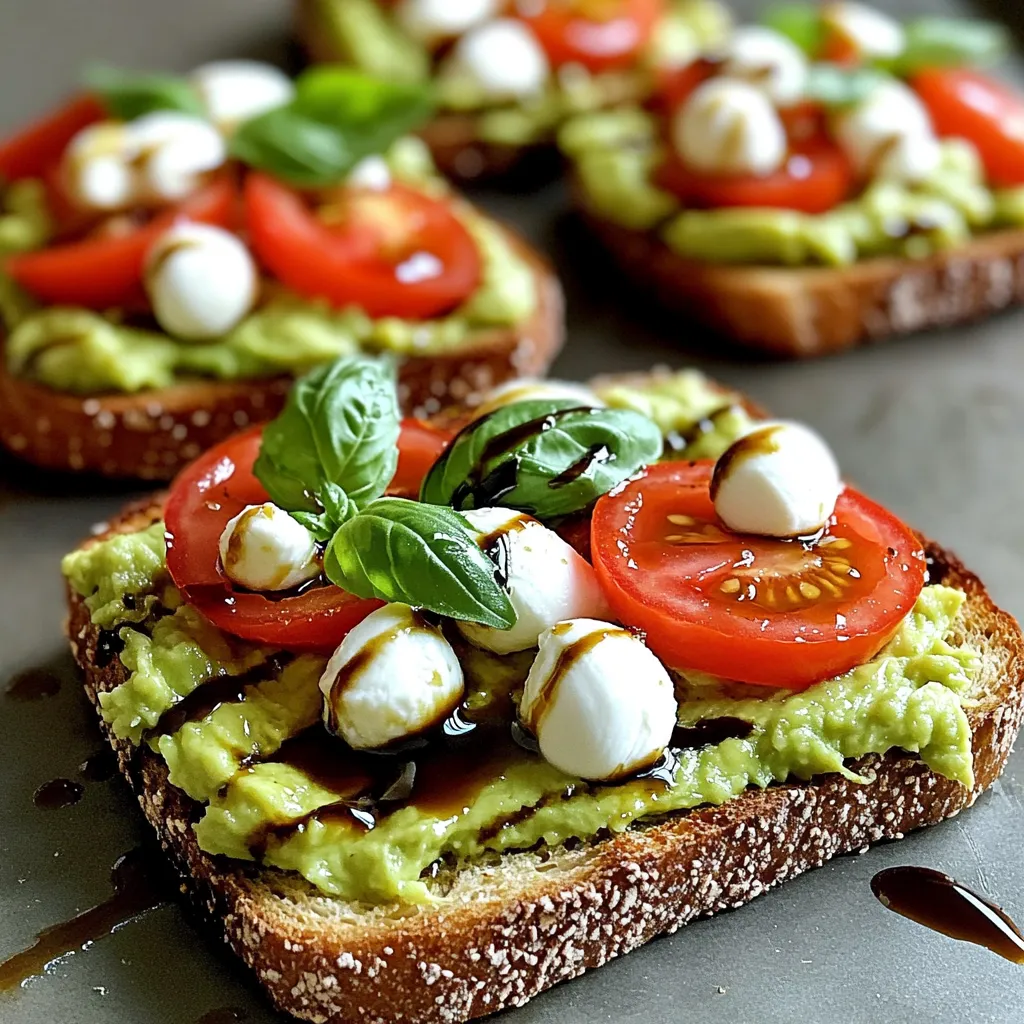 Für das Minute Caprese Avocado Toast benötigst du: - 2 Scheiben Vollkornbrot - 1 reife Avocado - 1 mittelgroße Tomate, in Scheiben geschnitten - 1/4 Tasse frische Mozzarellabällchen (Bocconcini) - Eine Handvoll frische Basilikumblätter - 1 Esslöffel Balsamico-Glasur - 1 Esslöffel extra natives Olivenöl - Salz und Pfeffer nach Geschmack Frische Zutaten sind der Schlüssel zu einem großartigen Toast. Achte beim Kauf auf: - Avocado: Sie sollte leicht drücken, aber nicht zu weich sein. - Tomaten: Wähle fest und reif aus, sie haben mehr Geschmack. - Mozzarella: Achte auf die Frische und die Verpackung. - Basilikum: Es sollte lebendig und grün sein, ohne braune Blätter. Diese Tipps helfen dir, die besten Zutaten auszuwählen. Frisch bedeutet mehr Geschmack! Wenn du einige Zutaten nicht hast, gibt es tolle Alternativen: - Vollkornbrot: Nutze auch Ciabatta oder Sauerteigbrot. - Mozzarella: Du kannst Feta oder Ziegenkäse verwenden. - Balsamico-Glasur: Ein Spritzer Zitronensaft kann auch gut passen. - Basilikum: Petersilie oder Rucola sind gute Ersatzstoffe. Diese Optionen machen dein Rezept flexibel und lecker! Rösten Sie zwei Scheiben Vollkornbrot. Nutzen Sie einen Toaster oder Grill. Die Scheiben sollen goldbraun und knusprig sein. Das Toasten dauert etwa 3-5 Minuten. Achten Sie darauf, dass das Brot nicht verbrennt. Knuspriges Brot ist die beste Basis für jeden Toast. Nehmen Sie eine reife Avocado. Schneiden Sie sie in der Mitte durch und entfernen Sie den Kern. Löffeln Sie das Fruchtfleisch in eine Schüssel. Zerdrücken Sie die Avocado leicht mit einer Gabel. Sie sollte einen gewissen Biss behalten. Fügen Sie Salz, Pfeffer und einen Esslöffel Olivenöl hinzu. Rühren Sie alles gut um, damit sich die Aromen gut mischen. Legen Sie die gerösteten Brotscheiben auf einen Teller. Bestreichen Sie jede Scheibe gleichmäßig mit der gewürzten Avocado. Schneiden Sie eine Tomate in Scheiben. Legen Sie die Tomatenscheiben gleichmäßig auf die Avocado. Platzieren Sie die Mozzarellabällchen darüber. Streuen Sie frische Basilikumblätter über die Topfschicht. Träufeln Sie etwas Balsamico-Glasur darüber. Fügen Sie nach Belieben Salz und Pfeffer hinzu. Ihr Toast ist nun fertig und bereit zum Genießen! Einer der häufigsten Fehler ist, die Avocado zu früh zu schneiden. Sie wird schnell braun. Schneide die Avocado erst kurz vor dem Servieren. Ein weiterer Fehler ist, das Brot zu lange zu rösten. Es sollte goldbraun sein, aber nicht verbrannt. Achte auch darauf, die Aromen gut zu mischen. Eine ungewürzte Avocado macht den Toast langweilig. Um mehr Geschmack zu bekommen, füge etwas Zitronensaft hinzu. Das gibt Frische und verhindert das Braunwerden. Du kannst auch geröstete Pinienkerne oder sonnengetrocknete Tomaten hinzufügen. Diese Zutaten bringen einen tollen Crunch und viel Geschmack. Frisch gehackte Chili oder ein Hauch von Knoblauch geben dem Toast eine scharfe Note. Sei kreativ und finde deine Lieblingskombinationen. Um Zeit zu sparen, röste das Brot während du die Avocado vorbereitest. So läuft alles parallel. Du kannst auch die Zutaten im Voraus schneiden. Lagere sie in luftdichten Behältern. Die Avocado bleibt frisch, wenn du sie mit Zitronensaft bestreichst. Bereite ein paar Toasts auf einmal vor und genieße sie als Snack oder leichtes Mittagessen. Das geht schnell und einfach! {{image_4}} Für eine mediterrane Note, ersetzen Sie den Mozzarella mit Feta. Feta hat einen salzigen und cremigen Geschmack. Dieser Käse passt perfekt zu Tomaten und Basilikum. Zerbröckeln Sie den Feta über den Toast. Dann genießen Sie den tollen Geschmack. Wenn Sie eine vegane Option möchten, lassen Sie den Mozzarella weg. Stattdessen können Sie Avocado dicker auftragen. Sie können auch Oliven oder geröstete Paprika hinzufügen. Diese Zutaten bringen viele Aromen ohne Milchprodukte. So bleibt der Toast frisch und lecker. Um mehr Geschmack hinzuzufügen, probieren Sie einige Toppings. Rucola bringt einen scharfen Kick. Geröstete Pinienkerne geben einen nussigen Biss. Auch ein Spritzer Zitrone kann den Toast aufhellen. Experimentieren Sie nach Lust und Laune. So wird Ihr Toast immer wieder spannend. Um die Frische der Avocado zu erhalten, bewahre sie im Kühlschrank auf, wenn sie bereits aufgeschnitten ist. Das Fruchtfleisch kann schnell braun werden. Um dies zu verhindern, träufle etwas Zitronensaft auf die Oberfläche. Dies hält die Avocado länger frisch und schmackhaft. Verwende auch eine luftdichte Box, um die Avocado vor Luft zu schützen. Wenn du Toast übrig hast, lasse ihn zuerst abkühlen. Wickel ihn dann in Frischhaltefolie oder lege ihn in einen Behälter mit Deckel. Der Toast kann im Kühlschrank ein paar Tage halten. Wenn du ihn wieder aufwärmen möchtest, benutze einen Toaster oder einen Ofen für knusprige Ergebnisse. Bewahre die restlichen Zutaten in separaten Behältern auf. Tomaten und Mozzarella halten sich gut im Kühlschrank. Basilikum sollte jedoch an einem kühlen, trockenen Ort stehen, um welken zu vermeiden. Verwende frische Zutaten, um den besten Geschmack zu genießen. Lagere die Balsamico-Glasur an einem dunklen Ort, um ihre Süße zu bewahren. Die Zubereitung von Minute Caprese Avocado Toast dauert nur 10 Minuten. In diesen 10 Minuten können Sie das Brot rösten, die Avocado zubereiten und alles zusammenstellen. Die Vorbereitungszeit beträgt etwa 5 Minuten. Das ist schnell und einfach! Ja, Sie können das Rezept leicht anpassen. Verdoppeln oder verdreifachen Sie einfach die Zutaten. Wenn Sie mehr Gäste haben, machen Sie einfach mehr Toasts. Denken Sie daran, die Menge an Avocado, Tomaten und Mozzarella entsprechend zu erhöhen. Es ist eine tolle Option für Partys oder Brunch! Die Nährwerte können variieren, aber hier sind einige allgemeine Angaben für eine Portion: - Kalorien: etwa 300 - Eiweiß: 10 g - Kohlenhydrate: 30 g - Fette: 15 g - Ballaststoffe: 7 g Diese Werte sind gut für einen gesunden Snack oder eine leichte Mahlzeit. Es ist nahrhaft und lecker! Zusammenfassend haben wir die besten Zutaten für Avocado-Toast besprochen. Ich habe Tipps gegeben, um frische Produkte auszuwählen und Ersatzmöglichkeiten aufgezeigt. Außerdem haben wir eine einfache Schritt-für-Schritt-Anleitung zur Zubereitung durchlaufen. Sie haben auch hilfreiche Tipps und Variationen kennengelernt. Denken Sie daran, auf die Frische der Zutaten zu achten. So genießen Sie einen leckeren Avocado-Toast immer wieder. Bleiben Sie kreativ mit den Toppings und Variationen!