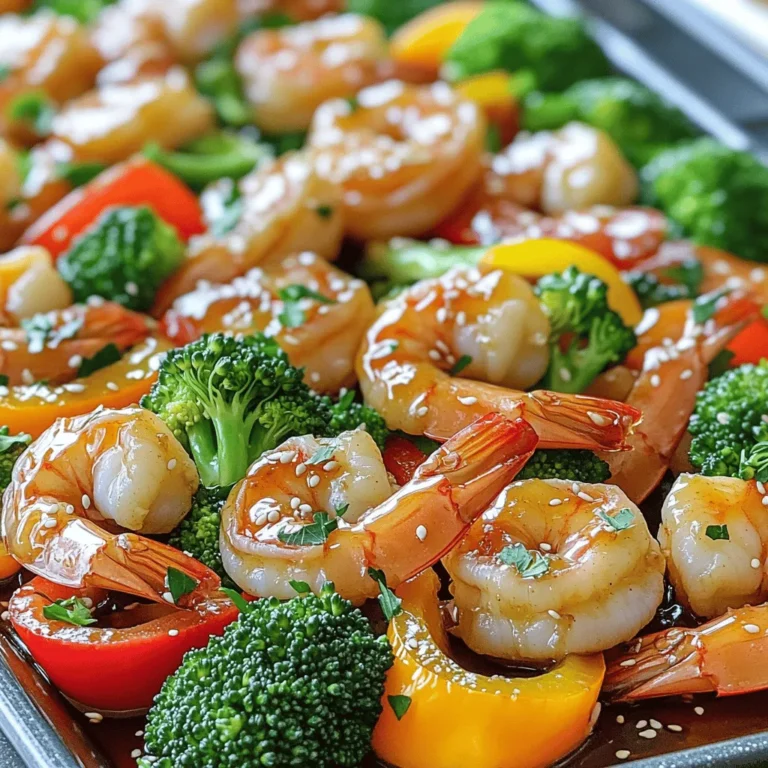 - Garnelen: Verwenden Sie große, geschälte und entdarmte Garnelen. Diese sind zart und nehmen den Geschmack gut auf. Sie kochen schnell und behalten eine schöne Textur. - Gemüse: Paprika und Brokkoli bringen Farbe und Nährstoffe. Die Paprika gibt einen süßen, knackigen Biss. Brokkoli sorgt für einen gesunden Touch und eine tolle Textur. - Honig und Sojasauce: Diese Zutaten machen die süßliche Sauce. Der Honig verleiht eine natürliche Süße, während die Sojasauce für einen salzigen, umami Geschmack sorgt. Diese Kombination ist einfach köstlich und passt perfekt zu den Garnelen. Jede dieser Zutaten spielt eine wichtige Rolle in diesem Gericht. Sie unterstützen den Geschmack und die Präsentation. Wenn Sie frische und hochwertige Zutaten wählen, wird Ihr Gericht noch besser! Heizen Sie Ihren Ofen auf 200°C vor. Das Backblech sollte mit Backpapier ausgelegt sein. So bleibt die Reinigung einfach. Jetzt bereiten wir die Sauce vor. Nehmen Sie eine große Schüssel. Fügen Sie 60 ml Honig, 60 ml Sojasauce, 3 fein gehackte Knoblauchzehen und 1 Esslöffel geriebenen Ingwer hinzu. Geben Sie auch 2 Esslöffel Olivenöl dazu. Mischen Sie alles gut. Jetzt ist es Zeit für die Garnelen. Verwenden Sie 450g große, geschälte und entdarmte Garnelen. Verteilen Sie die Garnelen, 1 Tasse in Scheiben geschnittene Paprika und 1 Tasse Brokkoliröschen gleichmäßig auf dem Blech. Gießen Sie die vorbereitete Honig-Knoblauch-Sauce über die Garnelen und das Gemüse. Achten Sie darauf, dass alles gut bedeckt ist. Schmecken Sie mit Salz und Pfeffer ab. Werfen Sie die Zutaten vorsichtig, damit sich die Aromen gut vermischen. Backen Sie das Ganze für 12-15 Minuten. Die Garnelen sollten rosa und opak sein. Überprüfen Sie den Gargrad der Garnelen. Wenn sie fertig sind, nehmen Sie das Blech aus dem Ofen. Lassen Sie es kurz abkühlen. Garnieren Sie das Gericht mit frischer, gehackter Petersilie. Servieren Sie das Gericht direkt vom Blech. Frisches Brot passt gut dazu, um die köstliche Sauce aufzusaugen. - Garzeit und Temperatur im Auge behalten: Backen Sie die Garnelen bei 200°C für 12-15 Minuten. Halten Sie die Zeit im Blick. So bleiben sie saftig und zart. - Vermeidung von Überkochen: Garnelen werden gummiartig, wenn sie zu lange garen. Achten Sie darauf, dass sie rosa und opak sind. - Auswahl der besten Gemüsesorten: Verwenden Sie frische Paprika und Brokkoli. Diese beiden sorgen für Farbe und Crunch. - Schnelle Zubereitung und Schnitttechniken: Schneiden Sie die Paprika in dünne Streifen und den Brokkoli in kleine Röschen. So garen sie gleichmäßig und schnell. - Vermeidung zu trockener Garnelen: Überwachen Sie die Garzeit. Garnelen müssen zart bleiben. - Anpassen der Sauce nach Geschmack: Probieren Sie die Sauce vor dem Garen. Fügen Sie nach Wunsch mehr Honig oder Sojasauce hinzu. {{image_4}} Wenn Sie keine Garnelen mögen, probieren Sie Tofu. Tofu nimmt die Aromen gut auf. Schneiden Sie ihn in Würfel und marinieren Sie ihn wie die Garnelen. Es gibt auch andere Gemüsesorten, die gut passen. Zum Beispiel Zucchini oder Auberginen. Diese Optionen bringen gesunde Vielfalt auf Ihren Tisch. Nutzen Sie saisonales Gemüse, um das Gericht frisch zu halten. Im Frühling sind Spargel und Erbsen toll. Im Sommer eignen sich Zucchini und Paprika perfekt. Im Herbst können Sie Kürbis und Rosenkohl verwenden. Im Winter sind Karotten und Brokkoli eine gute Wahl. Saisonal kochen macht Spaß und unterstützt lokale Bauern. Fügen Sie Gewürze hinzu, um mehr Geschmack zu erzielen. Chili-Pulver kann eine scharfe Note bringen. Auch Paprika oder Kreuzkümmel sind gute Optionen. Für frische Aromen probieren Sie Kräuter wie Koriander oder Basilikum. Diese Variationen machen Ihr Gericht einzigartig und spannend. Experimentieren Sie und finden Sie Ihre Lieblingskombination! Um die Reste von Sheet Pan Honey Garlic Shrimp frisch zu halten, sollten Sie sie richtig lagern. Kühlen Sie die Reste zuerst auf Raumtemperatur ab. Dann legen Sie sie in einen luftdichten Behälter. Sie können die Reste auch in einem Gefrierbeutel aufbewahren. Achten Sie darauf, die Luft herauszudrücken, bevor Sie den Beutel schließen. Im Kühlschrank halten die Reste bis zu drei Tage. Im Gefrierfach können sie bis zu drei Monate haltbar sein. Beim Aufwärmen der Reste ist es wichtig, die Qualität zu bewahren. Eine gute Methode ist, die Garnelen und das Gemüse im Ofen bei 180°C (350°F) zu erhitzen. Legen Sie sie auf ein Backblech und decken Sie es mit Aluminiumfolie ab. So bleibt die Feuchtigkeit erhalten. Eine andere Methode ist die Mikrowelle. Stellen Sie die Reste in eine mikrowellengeeignete Schüssel. Bedecken Sie die Schüssel mit einem feuchten Papiertuch. Erwärmen Sie sie in kurzen Intervallen, bis sie warm sind. Die Haltbarkeit der Reste hängt von der Lagerung ab. Im Kühlschrank sind die Reste bis zu drei Tage sicher. Im Gefrierfach halten sie bis zu drei Monate. Es ist wichtig, die Reste gut zu verpacken, um Gefrierbrand zu vermeiden. Überprüfen Sie die Reste auf Geruch oder Veränderungen in der Textur, bevor Sie sie essen. Wenn etwas nicht gut aussieht oder riecht, sollten Sie es entsorgen. Ja, gefrorene Garnelen sind eine gute Wahl. Wenn Sie gefrorene Garnelen verwenden, tauen Sie sie zuerst auf. Legen Sie sie in kaltes Wasser für etwa 15 Minuten. So bleiben sie frisch und saftig. Achten Sie darauf, sie gut abzutrocknen, bevor Sie sie in die Sauce geben. Dies hilft, eine schöne Konsistenz zu erreichen. Um die Sauce dicker zu machen, können Sie ein wenig Stärke verwenden. Mischen Sie einen Esslöffel Maisstärke mit Wasser. Fügen Sie dies der Sauce hinzu, während Sie sie erhitzen. Eine andere Methode ist, die Sauce länger zu kochen. Das reduziert die Flüssigkeit und macht sie dicker. So können Sie die perfekte Konsistenz erreichen. Für eine vollständige Mahlzeit passen viele Beilagen gut dazu. Reis ist eine beliebte Option. Er nimmt die köstliche Sauce auf. Auch ein frischer Salat ist eine gute Wahl. Gemüse wie grüne Bohnen oder Zucchini sind ebenfalls passend. Diese ergänzen die Garnelen und sorgen für einen bunten Teller. In diesem Blogbeitrag habe ich die Hauptzutaten für ein köstliches Sheet Pan Honey Garlic Shrimp-Rezept beschrieben. Die Schritt-für-Schritt-Anleitung zeigt, wie man die Garnelen perfekt zubereitet und die besten Tipps für frisches Gemüse gibt. Variationen für Vegetarier und Ideen zur Lagerung von Resten wurden ebenfalls behandelt. Denken Sie daran, Spaß beim Kochen zu haben und kreativ zu sein. So wird jede Mahlzeit zu einem Genuss.