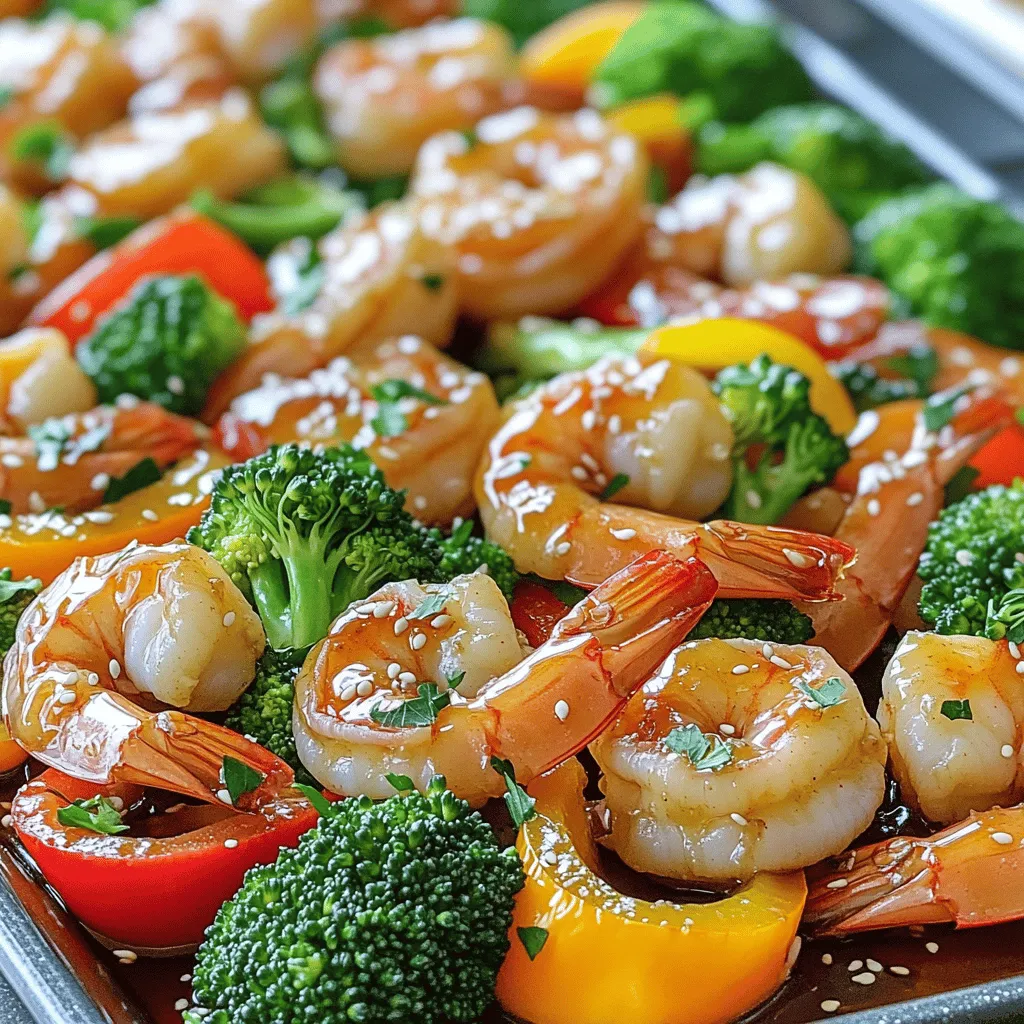 - Garnelen: Verwenden Sie große, geschälte und entdarmte Garnelen. Diese sind zart und nehmen den Geschmack gut auf. Sie kochen schnell und behalten eine schöne Textur. - Gemüse: Paprika und Brokkoli bringen Farbe und Nährstoffe. Die Paprika gibt einen süßen, knackigen Biss. Brokkoli sorgt für einen gesunden Touch und eine tolle Textur. - Honig und Sojasauce: Diese Zutaten machen die süßliche Sauce. Der Honig verleiht eine natürliche Süße, während die Sojasauce für einen salzigen, umami Geschmack sorgt. Diese Kombination ist einfach köstlich und passt perfekt zu den Garnelen. Jede dieser Zutaten spielt eine wichtige Rolle in diesem Gericht. Sie unterstützen den Geschmack und die Präsentation. Wenn Sie frische und hochwertige Zutaten wählen, wird Ihr Gericht noch besser! Heizen Sie Ihren Ofen auf 200°C vor. Das Backblech sollte mit Backpapier ausgelegt sein. So bleibt die Reinigung einfach. Jetzt bereiten wir die Sauce vor. Nehmen Sie eine große Schüssel. Fügen Sie 60 ml Honig, 60 ml Sojasauce, 3 fein gehackte Knoblauchzehen und 1 Esslöffel geriebenen Ingwer hinzu. Geben Sie auch 2 Esslöffel Olivenöl dazu. Mischen Sie alles gut. Jetzt ist es Zeit für die Garnelen. Verwenden Sie 450g große, geschälte und entdarmte Garnelen. Verteilen Sie die Garnelen, 1 Tasse in Scheiben geschnittene Paprika und 1 Tasse Brokkoliröschen gleichmäßig auf dem Blech. Gießen Sie die vorbereitete Honig-Knoblauch-Sauce über die Garnelen und das Gemüse. Achten Sie darauf, dass alles gut bedeckt ist. Schmecken Sie mit Salz und Pfeffer ab. Werfen Sie die Zutaten vorsichtig, damit sich die Aromen gut vermischen. Backen Sie das Ganze für 12-15 Minuten. Die Garnelen sollten rosa und opak sein. Überprüfen Sie den Gargrad der Garnelen. Wenn sie fertig sind, nehmen Sie das Blech aus dem Ofen. Lassen Sie es kurz abkühlen. Garnieren Sie das Gericht mit frischer, gehackter Petersilie. Servieren Sie das Gericht direkt vom Blech. Frisches Brot passt gut dazu, um die köstliche Sauce aufzusaugen. - Garzeit und Temperatur im Auge behalten: Backen Sie die Garnelen bei 200°C für 12-15 Minuten. Halten Sie die Zeit im Blick. So bleiben sie saftig und zart. - Vermeidung von Überkochen: Garnelen werden gummiartig, wenn sie zu lange garen. Achten Sie darauf, dass sie rosa und opak sind. - Auswahl der besten Gemüsesorten: Verwenden Sie frische Paprika und Brokkoli. Diese beiden sorgen für Farbe und Crunch. - Schnelle Zubereitung und Schnitttechniken: Schneiden Sie die Paprika in dünne Streifen und den Brokkoli in kleine Röschen. So garen sie gleichmäßig und schnell. - Vermeidung zu trockener Garnelen: Überwachen Sie die Garzeit. Garnelen müssen zart bleiben. - Anpassen der Sauce nach Geschmack: Probieren Sie die Sauce vor dem Garen. Fügen Sie nach Wunsch mehr Honig oder Sojasauce hinzu. {{image_4}} Wenn Sie keine Garnelen mögen, probieren Sie Tofu. Tofu nimmt die Aromen gut auf. Schneiden Sie ihn in Würfel und marinieren Sie ihn wie die Garnelen. Es gibt auch andere Gemüsesorten, die gut passen. Zum Beispiel Zucchini oder Auberginen. Diese Optionen bringen gesunde Vielfalt auf Ihren Tisch. Nutzen Sie saisonales Gemüse, um das Gericht frisch zu halten. Im Frühling sind Spargel und Erbsen toll. Im Sommer eignen sich Zucchini und Paprika perfekt. Im Herbst können Sie Kürbis und Rosenkohl verwenden. Im Winter sind Karotten und Brokkoli eine gute Wahl. Saisonal kochen macht Spaß und unterstützt lokale Bauern. Fügen Sie Gewürze hinzu, um mehr Geschmack zu erzielen. Chili-Pulver kann eine scharfe Note bringen. Auch Paprika oder Kreuzkümmel sind gute Optionen. Für frische Aromen probieren Sie Kräuter wie Koriander oder Basilikum. Diese Variationen machen Ihr Gericht einzigartig und spannend. Experimentieren Sie und finden Sie Ihre Lieblingskombination! Um die Reste von Sheet Pan Honey Garlic Shrimp frisch zu halten, sollten Sie sie richtig lagern. Kühlen Sie die Reste zuerst auf Raumtemperatur ab. Dann legen Sie sie in einen luftdichten Behälter. Sie können die Reste auch in einem Gefrierbeutel aufbewahren. Achten Sie darauf, die Luft herauszudrücken, bevor Sie den Beutel schließen. Im Kühlschrank halten die Reste bis zu drei Tage. Im Gefrierfach können sie bis zu drei Monate haltbar sein. Beim Aufwärmen der Reste ist es wichtig, die Qualität zu bewahren. Eine gute Methode ist, die Garnelen und das Gemüse im Ofen bei 180°C (350°F) zu erhitzen. Legen Sie sie auf ein Backblech und decken Sie es mit Aluminiumfolie ab. So bleibt die Feuchtigkeit erhalten. Eine andere Methode ist die Mikrowelle. Stellen Sie die Reste in eine mikrowellengeeignete Schüssel. Bedecken Sie die Schüssel mit einem feuchten Papiertuch. Erwärmen Sie sie in kurzen Intervallen, bis sie warm sind. Die Haltbarkeit der Reste hängt von der Lagerung ab. Im Kühlschrank sind die Reste bis zu drei Tage sicher. Im Gefrierfach halten sie bis zu drei Monate. Es ist wichtig, die Reste gut zu verpacken, um Gefrierbrand zu vermeiden. Überprüfen Sie die Reste auf Geruch oder Veränderungen in der Textur, bevor Sie sie essen. Wenn etwas nicht gut aussieht oder riecht, sollten Sie es entsorgen. Ja, gefrorene Garnelen sind eine gute Wahl. Wenn Sie gefrorene Garnelen verwenden, tauen Sie sie zuerst auf. Legen Sie sie in kaltes Wasser für etwa 15 Minuten. So bleiben sie frisch und saftig. Achten Sie darauf, sie gut abzutrocknen, bevor Sie sie in die Sauce geben. Dies hilft, eine schöne Konsistenz zu erreichen. Um die Sauce dicker zu machen, können Sie ein wenig Stärke verwenden. Mischen Sie einen Esslöffel Maisstärke mit Wasser. Fügen Sie dies der Sauce hinzu, während Sie sie erhitzen. Eine andere Methode ist, die Sauce länger zu kochen. Das reduziert die Flüssigkeit und macht sie dicker. So können Sie die perfekte Konsistenz erreichen. Für eine vollständige Mahlzeit passen viele Beilagen gut dazu. Reis ist eine beliebte Option. Er nimmt die köstliche Sauce auf. Auch ein frischer Salat ist eine gute Wahl. Gemüse wie grüne Bohnen oder Zucchini sind ebenfalls passend. Diese ergänzen die Garnelen und sorgen für einen bunten Teller. In diesem Blogbeitrag habe ich die Hauptzutaten für ein köstliches Sheet Pan Honey Garlic Shrimp-Rezept beschrieben. Die Schritt-für-Schritt-Anleitung zeigt, wie man die Garnelen perfekt zubereitet und die besten Tipps für frisches Gemüse gibt. Variationen für Vegetarier und Ideen zur Lagerung von Resten wurden ebenfalls behandelt. Denken Sie daran, Spaß beim Kochen zu haben und kreativ zu sein. So wird jede Mahlzeit zu einem Genuss.