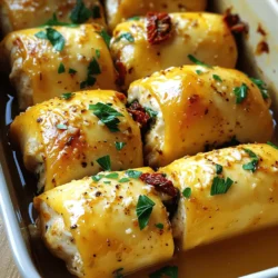 - Hähnchenbrustfilets: Du brauchst zwei große Hähnchenbrustfilets. Klopfe sie dünn, um sie leichter zu rollen. - Frischkäse und Parmesan: Eine Tasse weicher Frischkäse und eine halbe Tasse geriebener Parmesan bringen Cremigkeit und Geschmack. - Gewürze und Kräuter: Verwende drei fein gehackte Knoblauchzehen, einen Teelöffel Knoblauchpulver und einen Teelöffel italienische Gewürzmischung. Vergiss nicht, mit Salz und Pfeffer abzuschmecken. - Getrocknete Tomaten: Diese bringen eine süße und herzhafte Note. Du kannst eine viertel Tasse gehackte, getrocknete Tomaten hinzufügen. - Spinatblätter: Eine Tasse frische Spinatblätter sorgt für Farbe und Nährstoffe. - Garnierungen: Frische Petersilie, gehackt, macht die Rollen schön und frisch. Diese Zutaten machen die Creamy Garlic Parmesan Chicken Roll Ups zu einem echten Genuss. Sie sind einfach zu machen und schmecken wunderbar! Zuerst klopfen Sie die Hähnchenbrustfilets dünn. Das hilft dem Hähnchen, gleichmäßiger zu garen. Legen Sie die Filets zwischen zwei Schichten Frischhaltefolie. Nutzen Sie einen Fleischklopfer oder eine schwere Pfanne. Heizen Sie nun den Ofen auf 190°C vor. Fetten Sie eine Auflaufform leicht mit Olivenöl ein. Diese Schritte sind wichtig für eine gute Garung. In einer Schüssel vermengen Sie den Frischkäse, den geriebenen Parmesan und die Gewürze. Fügen Sie dazu 3 gehackte Knoblauchzehen, 1 Teelöffel Knoblauchpulver und italienische Gewürzmischung hinzu. Mit Salz und Pfeffer nach Geschmack rühren, bis die Mischung glatt ist. Verteilen Sie die Füllung gleichmäßig auf jedes Hähnchenfilet. Vergessen Sie nicht, frische Spinatblätter darauf zu legen. Optional können Sie auch gehackte getrocknete Tomaten hinzufügen. Diese geben zusätzlichen Geschmack. Jetzt formen Sie die Hähnchenrollen. Beginnen Sie an der dünneren Seite und rollen Sie sie zur dickeren Seite. Falls nötig, fixieren Sie die Rollen mit Zahnstochern. Erhitzen Sie 1 Esslöffel Olivenöl in einer Pfanne bei mittlerer Hitze. Braten Sie die Hähnchenrollen 2-3 Minuten pro Seite an, bis sie goldbraun sind. So erhalten Sie eine schöne Kruste. Legen Sie die Hähnchenrollen in die vorbereitete Auflaufform. Gießen Sie die Hühnerbrühe darüber. Dies hilft, das Hähnchen saftig zu halten. Decken Sie die Form mit Aluminiumfolie ab. Backen Sie das Gericht 25-30 Minuten lang. In den letzten 10 Minuten entfernen Sie die Folie, um eine goldene Oberfläche zu bekommen. Lassen Sie die Rollen nach dem Backen 5 Minuten ruhen, bevor Sie die Zahnstochern entfernen. Garnieren Sie die Hähnchenrollen mit frisch gehackter Petersilie. Um die Hähnchenrollen saftig zu halten, achte auf die Kochzeit. Hähnchen sollte bei 190°C für 25-30 Minuten backen. Überprüfe die Kerntemperatur. Sie sollte 75°C erreichen. Das verhindert, dass das Fleisch trocken wird. Du kannst auch die Hühnerbrühe verwenden. Sie fügt beim Backen Feuchtigkeit hinzu. Zahnstochern helfen, die Hähnchenrollen zusammenzuhalten. Stecke sie in die Rolle, bevor du sie brätst. So bleibt die Füllung drin. Entferne die Zahnstochern nach dem Backen vorsichtig. Das geht leicht, da sie weich werden. Achte darauf, nicht in die Rolle zu stechen. Eine schöne Präsentation macht den Unterschied. Garniere die Hähnchenrollen mit frisch gehackter Petersilie. Das sieht toll aus und bringt Farbe. Serviere sie auf einem großen Teller. Leichte Beilagen wie einen grünen Salat passen gut dazu. Auch frische Gemüsesticks sind eine gute Wahl. {{image_4}} Möchten Sie eine vegetarische Version? Dann verwenden Sie Gemüsefüllungen. Sie können Spinat, Pilze oder Paprika nehmen. Diese Gemüse geben viel Geschmack und Farbe. Eine andere Möglichkeit ist, Tofu oder Tempeh zu verwenden. Diese pflanzlichen Proteine sind gesund und lecker. Für neue Geschmäcker probieren Sie verschiedene Käsesorten. Feta, Gouda oder Mozzarella bringen unterschiedliche Aromen. Zudem können Sie zusätzliche Gewürze hinzufügen. Paprika, Chili oder italienische Kräuter machen das Gericht spannend. Experimentieren Sie nach Ihrem Geschmack. Nutzen Sie saisonale Zutaten für frische Aromen. Im Frühling passen Spargel oder Erbsen gut dazu. Im Sommer sind Zucchini und Tomaten ideal. Kaufen Sie frische Zutaten von lokalen Märkten. So unterstützen Sie die Region und erhalten beste Qualität. Um die Reste der cremigen Knoblauch-Parmesan-Hähnchen-Rollen zu lagern, lege sie in einen luftdichten Behälter. Stelle sicher, dass der Behälter gut verschlossen ist, um Feuchtigkeit zu vermeiden. Du kannst die Hähnchenrollen bis zu drei Tage im Kühlschrank aufbewahren. Nach dieser Zeit wird die Qualität schlechter. Der Geschmack bleibt am besten, je frischer die Rollen sind. Wenn du die Hähnchenrollen länger aufbewahren möchtest, friere sie ein. Stelle sicher, dass sie vollständig abgekühlt sind. Wickele jede Rolle in Frischhaltefolie und lege sie dann in einen gefrierfesten Beutel. So bleibt die Qualität bis zu drei Monate erhalten. Wenn du bereit bist, sie zu essen, nimm die Rollen aus dem Gefrierfach. Lasse sie über Nacht im Kühlschrank auftauen. Um sie wieder aufzuwärmen, lege die Rollen in eine Auflaufform. Gieße etwas Hühnerbrühe darüber, um sie saftig zu halten. Decke die Form mit Folie ab und erwärme sie im Ofen bei 180°C für etwa 20 Minuten. So bleiben die Aromen frisch und lecker. Die Gesamtzeit für dieses Rezept beträgt etwa 50 Minuten. Die Vorbereitungszeit ist 15 Minuten. Das Kochen dauert 35 Minuten. Ja, dieses Rezept ist glutenfrei. Achte darauf, glutenfreie Hühnerbrühe und Gewürze zu verwenden. So kannst du die Hähnchenrollen ohne Bedenken genießen. Ja, du kannst die Füllung nach deinem Geschmack ändern. Probiere zum Beispiel Feta-Käse oder Ricotta. Du kannst auch Gemüse wie Paprika oder Zucchini hinzufügen. Serviere die Hähnchenrollen auf einem großen Teller. Garniere sie mit frischen Gemüsesticks oder einem grünen Salat. Das gibt eine schöne Farbvielfalt. Ja, du kannst die Hähnchenrollen im Voraus machen. Bereite sie bis zum Backen vor und lagere sie im Kühlschrank. Zum Aufwärmen backe sie bei 180°C für 15-20 Minuten. Zusammenfassend haben wir die Hauptzutaten für leckere Hähnchenrollen erkundet. Dazu gehören Hähnchenbrustfilets, Frischkäse und Parmesan. Ich habe die Zubereitung Schritt für Schritt erklärt, von der Vorbereitung bis zum Backen. Die Tipps helfen Ihnen, die perfekten Rollen zu kreieren und sie ansprechend zu servieren. Außerdem können Sie mit Variationen kreative Akzente setzen. Denken Sie daran, Reste richtig zu lagern und passende Beilagen auszuwählen. Viel Spaß beim Kochen und Ausprobieren!