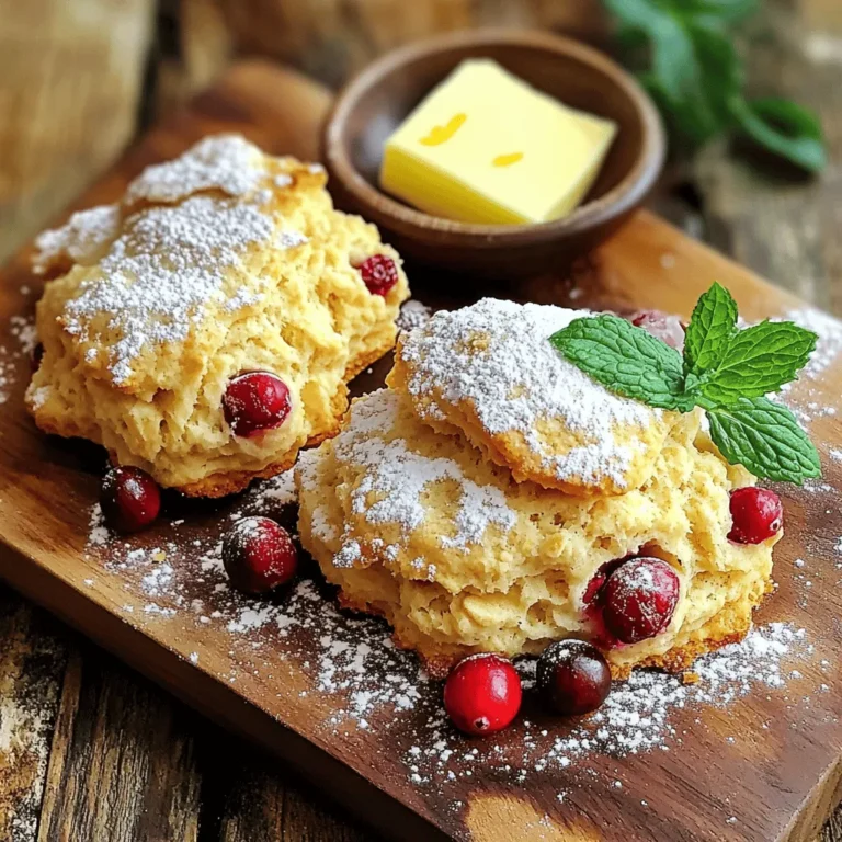 Für die perfekten Cranberry Orange Oat Scones benötigen Sie einige leicht zu findende Zutaten. Hier ist die Liste: - 1 Tasse Haferflocken - 1 Tasse Weizenmehl (Type 405) - 1/2 Tasse Vollkornmehl - 1/3 Tasse brauner Zucker - 1 Esslöffel Backpulver - 1/2 Teelöffel Salz - 1 Teelöffel gemahlener Zimt - 5 Esslöffel kalte, ungesalzene Butter, gewürfelt - 1/2 Tasse Cranberries, getrocknet oder frisch - Schale einer großen Orange - 1/2 Tasse Orangensaft - 1 großes Ei Die Kombination dieser Zutaten sorgt für einen tollen Geschmack. Die Haferflocken geben den Scones eine schöne Textur. Die Cranberries bringen eine fruchtige Note, während die Orangenschale Frische hinzufügt. Wenn Sie nach Alternativen zum Weizenmehl suchen, haben Sie viele Optionen. Hier sind einige, die gut funktionieren: - Mandelmehl: Es macht die Scones leicht und nussig. - Kokosmehl: Es hat einen süßen Geschmack, aber verwenden Sie weniger. - Glutenfreies Mehl: Eine Mischung aus verschiedenen Mehlen ist ideal. Diese Alternativen können den Geschmack leicht verändern, aber sie halten den Scone lecker. Experimentieren Sie gerne, um Ihre Lieblingsvariante zu finden! Cranberries sind der Star dieser Scones. Hier sind einige Tipps, um die besten auszuwählen: - Achten Sie auf die Farbe: Sie sollten leuchtend rot sein. - Prüfen Sie die Textur: Sie sollten fest und saftig sein. - Geruch: Sie sollten frisch und fruchtig riechen. Frische Cranberries geben den Scones einen tollen Geschmack. Wenn Sie getrocknete verwenden, stellen Sie sicher, dass sie nicht zu hart sind. Das macht die Scones saftiger und leckerer! Heizen Sie Ihren Ofen auf 200°C vor. Legen Sie ein Backblech mit Backpapier aus. Dies erleichtert das Reinigen. Bereiten Sie alle Zutaten vor und stellen Sie sicher, dass Sie alles in Reichweite haben. So sparen Sie Zeit und bleiben organisiert. Nehmen Sie eine große Schüssel. Vermengen Sie die Haferflocken, das Weizenmehl, das Vollkornmehl, den braunen Zucker, das Backpulver, das Salz und den Zimt. Rühren Sie gut um, bis alles gleichmäßig verteilt ist. Fügen Sie dann die kalte, gewürfelte Butter hinzu. Nutzen Sie Ihre Fingerspitzen, um die Butter in die Mischung einzuarbeiten. Es sollte wie grobe Krümel aussehen. Jetzt kommen die Cranberries und die Orangenschale dazu. Heben Sie diese vorsichtig unter. In einer anderen Schüssel verquirlen Sie den Orangensaft mit dem Ei. Gießen Sie die Mischung in die trockenen Zutaten. Rühren Sie nur so lange, bis alles verbunden ist. Übermischen Sie den Teig nicht, sonst werden die Scones hart. Kippen Sie den Teig auf eine leicht bemehlte Fläche. Kneten Sie ihn sanft, bis er glatt ist. Formen Sie ihn zu einem etwa 2,5 cm dicken Kreis. Schneiden Sie ihn in Wedges oder verwenden Sie einen Ausstecher. Legen Sie die Scones auf das vorbereitete Blech. Achten Sie darauf, genug Platz zwischen den Scones zu lassen. Backen Sie sie 15 bis 18 Minuten lang, bis sie goldbraun sind. Ein Zahnstocher sollte sauber herauskommen, wenn Sie ihn in die Mitte stecken. Lassen Sie die Scones auf einem Gitter kurz abkühlen. Servieren Sie sie warm, vielleicht mit etwas Puderzucker oder geschlagener Sahne. Ein Zweig frischer Minze macht die Präsentation besonders schön. Ein häufiger Fehler ist, den Teig zu übermischen. Übermischung macht die Scones hart. Rühren Sie nur so lange, bis die Zutaten sich verbinden. Ein weiterer Fehler ist, die Butter zu warm zu verwenden. Kalte Butter sorgt für die perfekte Krume. Achten Sie darauf, frische Cranberries zu verwenden, wenn möglich. Alte oder faule Früchte können den Geschmack ruinieren. Der Teig sollte leicht klebrig sein. Wenn er zu trocken wirkt, fügen Sie etwas mehr Orangensaft hinzu. Achten Sie darauf, die Haferflocken gut in die Mehlmischung zu integrieren. Das sorgt für einen gleichmäßigen Geschmack. Verwenden Sie eine leicht bemehlte Arbeitsfläche, um den Teig zu formen. So bleibt er nicht kleben und lässt sich besser bearbeiten. Servieren Sie die Scones warm aus dem Ofen. Bestäuben Sie sie leicht mit Puderzucker. Eine kleine Schüssel geschlagene Sahne passt perfekt dazu. Auch Butter schmeckt wunderbar. Garnieren Sie die Scones mit einem Zweig frischer Minze. Das sieht nicht nur schön aus, sondern gibt auch einen frischen Geschmack. {{image_4}} Wenn Sie eine knackige Textur hinzufügen möchten, probieren Sie Nüsse. Walnüsse oder Mandeln passen gut. Sie geben den Scones einen schönen Biss. Hacken Sie die Nüsse grob und fügen Sie etwa 1/2 Tasse in den Teig. Mischen Sie sie mit den Cranberries, um den Geschmack zu vereinen. Diese Kombination bringt einen neuen, leckeren Genuss. Für eine glutenfreie Option verwenden Sie glutenfreies Mehl. Es gibt viele Marken, die gut funktionieren. Achten Sie darauf, ein 1:1-Backmehl zu wählen. Dies macht die Scones weich und fluffig. Sie können auch Haferflocken verwenden, die als glutenfrei gekennzeichnet sind. So bleibt der Hafergeschmack, den wir lieben. Experimentieren Sie mit süßen und herzhaften Aromen. Fügen Sie etwas Käse hinzu, wie Feta oder Cheddar. Diese Käsesorten bringen eine neue Dimension in die Scones. Kombinieren Sie Cranberries mit etwas Rosmarin oder Thymian. Diese Kräuter geben einen frischen und interessanten Geschmack. Manchmal ist das Spiel mit den Aromen der Schlüssel zu einem besonderen Gericht. Nach dem Backen sollten die Scones abkühlen. Legen Sie die Scones in eine luftdichte Box. So bleiben sie frisch. Achten Sie darauf, die Scones nicht übereinander zu stapeln. Dies verhindert, dass sie zerdrückt werden. Lagern Sie die Scones an einem kühlen, trockenen Ort. So halten sie sich bis zu drei Tage. Möchten Sie die Scones länger aufbewahren? Dann frieren Sie sie ein. Lassen Sie die Scones vollständig abkühlen. Wickeln Sie jeden Scone in Frischhaltefolie. Legen Sie die eingewickelten Scones in einen Gefrierbeutel. Verschließen Sie den Beutel gut. So können Sie die Scones bis zu drei Monate aufbewahren. Zum Auftauen, lassen Sie sie einfach über Nacht im Kühlschrank. Um die Scones wieder aufzuwärmen, heizen Sie den Ofen auf 180°C vor. Legen Sie die Scones auf ein Backblech. Backen Sie sie etwa 10 Minuten lang. So werden sie wieder warm und knusprig. Alternativ können Sie die Scones in der Mikrowelle aufwärmen. Stellen Sie die Mikrowelle auf niedrige Stufe und erwärmen Sie sie für 20-30 Sekunden. Die Scones bleiben frisch für etwa drei Tage. Lagern Sie sie in einem luftdichten Behälter. So bleibt die Feuchtigkeit drinnen und die Scones bleiben weich. Wenn Sie sie länger aufbewahren möchten, können Sie die Scones auch einfrieren. Ja, Sie können die Scones im Voraus zubereiten. Bereiten Sie den Teig einfach vor und formen Sie die Scones. Wickeln Sie sie in Frischhaltefolie und kühlen Sie sie. So sind sie bereit für das Backen, wann immer Sie Lust auf einen leckeren Snack haben. Sie können viele Früchte verwenden. Blaubeeren, Himbeeren oder sogar getrocknete Aprikosen sind tolle Alternativen. Diese Früchte geben den Scones einen neuen Geschmack und eine frische Note. Seien Sie kreativ und finden Sie Ihre Lieblingskombination! Die Cranberry-Orange-Oat-Scones sind köstlich und einfach zuzubereiten. Du hast gelernt, welche Zutaten wichtig sind und welche Alternativen du nutzen kannst. Mit den Schritt-für-Schritt-Anleitungen fiel das Backen leicht. Unsere Tipps helfen dir, Fehler zu vermeiden und die perfekte Konsistenz zu erreichen. Du kannst auch Variationen ausprobieren, um neue Geschmäcker zu entdecken. Denke daran, die Scones richtig zu lagern, damit sie frisch bleiben. Mit diesen Kenntnissen gelingt dir ein tolles Backerlebnis! Viel Spaß beim Ausprobieren.