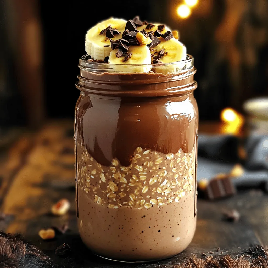 Für dieses Rezept benötigst du folgende Hauptzutaten: - 1 Tasse zarte Haferflocken - 2 Tassen ungesüßte Mandelmilch (oder Milch nach Wahl) - 2 Esslöffel Erdnussbutter (cremig oder Stückchen) - 2 Esslöffel Kakaopulver - 2 Esslöffel Ahornsirup (oder Honig) - 1 Teelöffel Vanilleextrakt - Eine Prise Salz Die Haferflocken sind die Basis. Sie geben dir Ballaststoffe und helfen, dich satt zu halten. Die Mandelmilch macht die Mischung cremig und lecker. Erdnussbutter sorgt für den tollen Geschmack. Kakaopulver fügt Schokolade hinzu. Ahornsirup bringt die Süße. Vanille gibt einen feinen Geschmack. Salz hebt alle Aromen hervor. Wenn du keine Mandelmilch magst, kannst du andere Milchsorten verwenden. Hier sind einige Optionen: - Sojamilch - Hafermilch - Kokosmilch - Kuhmilch Alle diese Milchsorten passen gut zu diesem Rezept. Sie bringen unterschiedliche Geschmäcker und Nährstoffe. Sojamilch hat viel Protein. Hafermilch ist süß und cremig. Kokosmilch gibt dir einen tropischen Geschmack. Kuhmilch ist traditionell und voller Kalzium. Für das Topping empfehle ich Folgendes: - 1 Banane, in Scheiben geschnitten - Gehackte Zartbitterschokolade oder Schokoladenstückchen - Gehackte Nüsse (optional, für zusätzlichen Crunch) Die Bananen sorgen für Frische und Süße. Zartbitterschokolade gibt einen tollen Schokoladengeschmack. Nüsse fügen einen schönen Crunch hinzu. Du kannst auch andere Früchte oder Samen verwenden. Experimentiere mit deinen Lieblingszutaten! Zuerst nimmst du eine mittelgroße Schüssel. Gib die zarten Haferflocken hinein. Füge die Mandelmilch dazu, die du gewählt hast. Du kannst auch normale Milch verwenden, wenn du magst. Dann kommt die cremige Erdnussbutter hinzu. Rühre alles gut um. Jetzt füge das Kakaopulver und den Ahornsirup hinzu. Der Ahornsirup gibt eine süße Note. Vergiss nicht den Vanilleextrakt und eine Prise Salz. Rühre weiter, bis die Mischung glatt ist. Jetzt teilst du die Haferflocken-Mischung gleichmäßig auf. Nimm zwei Einmachgläser oder luftdichte Behälter. Achte darauf, dass du die Gläser gut verschließt. So bleiben die Aromen frisch. Es ist wichtig, dass die Mischung gleichmäßig verteilt ist, damit beide Portionen gleich gut schmecken. Stelle die Gläser jetzt über Nacht in den Kühlschrank. Du kannst sie auch für mindestens vier Stunden dort lassen. So nehmen die Haferflocken die Aromen auf. Am nächsten Morgen rührst du gut um. Wenn die Mischung zu dick ist, füge etwas Milch hinzu. Das macht die Konsistenz perfekt. Garniere jedes Glas mit Bananenscheiben und gehackter Zartbitterschokolade. Wenn du magst, füge gehackte Nüsse für mehr Crunch hinzu. So wird dein Frühstück richtig lecker! Die richtige Milchmenge macht einen großen Unterschied. Zu viel Milch macht die Haferflocken dünn. Zu wenig Milch führt zu einer dichten, trockenen Mischung. Ich empfehle, mit zwei Tassen zu starten. Wenn die Mischung am Morgen zu dick erscheint, fügen Sie einfach einen kleinen Schuss Milch hinzu. Rühren Sie gut um, bis die gewünschte Cremigkeit erreicht ist. Variationen bringen neuen Schwung in Ihr Frühstück. Sie können die Erdnussbutter durch Mandel- oder Cashewbutter ersetzen. Das gibt einen neuen Geschmack. Fügen Sie auch Gewürze wie Zimt oder Muskatnuss hinzu. Diese bringen Tiefe in den Geschmack. Ein Schuss Kokosmilch kann für eine tropische Note sorgen. Experimentieren Sie mit verschiedenen Aromen, um Ihre perfekte Mischung zu finden! Die Übernacht Haferflocken sind einfach zu lagern. Bewahren Sie sie in luftdichten Behältern im Kühlschrank auf. So bleiben sie frisch. Sie halten sich bis zu drei Tage. Am besten genießen Sie sie innerhalb von zwei Tagen. Wenn Sie mehrere Portionen vorbereiten, können Sie jeden Morgen einfach ein Glas herausnehmen. So sparen Sie Zeit und genießen trotzdem ein leckeres Frühstück. {{image_4}} Möchten Sie etwas Neues probieren? Ersetzen Sie die Erdnussbutter durch Mandel- oder Cashewbutter. Beide Nussbutter haben ihren eigenen Geschmack. Mandelbutter ist milder und süßer. Cashewbutter hat eine cremige Textur. Diese Alternativen sind einfach zu finden und machen das Rezept spannend. Früchte sind eine großartige Möglichkeit, den Haferflocken mehr Geschmack zu verleihen. Fügen Sie einfach Ihre Lieblingsfrüchte hinzu. Bananen sind ein Klassiker. Sie geben Süße und Textur. Auch Beeren sind toll. Sie bringen Frische und Farbe ins Glas. Sie können auch Äpfel oder Pfirsiche probieren. So bleibt das Frühstück nie langweilig! Für vegane Optionen ersetzen Sie einfach die Milch durch Pflanzenmilch. Mandelmilch passt sehr gut. Auch Hafermilch ist eine gute Wahl. Wenn Sie Zucker reduzieren möchten, verwenden Sie Stevia oder Agavendicksaft. Diese Süßstoffe sind gut für die Gesundheit und süßen den Geschmack. So bleibt das Rezept lecker und gesund. Eine Portion der Erdnussbutter-Schokoladen-Übernacht-Haferflocken hat etwa 350 Kalorien. Diese Zahl kann leicht schwanken, abhängig von den genauen Zutaten. Hier sind die Makronährstoffe pro Portion: - Kohlenhydrate: 45 g - Proteine: 12 g - Fette: 15 g Diese Kombination macht sie zu einer nahrhaften Mahlzeit. Die Haferflocken liefern langsame Kohlenhydrate. Die Erdnussbutter gibt dir gesunde Fette und Proteine. Haferflocken sind reich an Ballaststoffen. Sie helfen dir, länger satt zu bleiben. Diese Ballaststoffe unterstützen die Verdauung. Außerdem sind sie gut für das Herz. Erdnussbutter enthält gesunde Fette. Sie sind wichtig für dein Gehirn. Zudem hat Erdnussbutter Proteine, die dir helfen, Muskeln aufzubauen. Zusammen bieten diese Zutaten eine tolle Energiequelle. Sie sind perfekt für den Start in den Tag. Eine ausgewogene Tasche sorgt dafür, dass du alle wichtigen Nährstoffe bekommst. Kohlenhydrate geben dir Energie. Proteine helfen beim Wachstum. Fette unterstützen die Gesundheit und die Aufnahme von Vitaminen. Wenn du deine Mahlzeiten gut planst, kannst du deinen Körper besser versorgen. So bleibst du den ganzen Tag über aktiv und konzentriert. Die Übernacht Haferflocken halten sich bis zu fünf Tage im Kühlschrank. Sie bleiben frisch und lecker. Achte darauf, die Gläser gut zu verschließen. So vermeidest du, dass sie Gerüche aufnehmen. Wenn du sie länger aufbewahren möchtest, kannst du sie auch einfrieren. Im Gefrierfach halten sie bis zu drei Monate. Ja, du kannst die Haferflocken auch ohne Milch machen. Nutze einfach Wasser oder pflanzliche Alternativen wie Kokosnusswasser. Die Konsistenz wird etwas anders sein, aber sie sind immer noch lecker. Du kannst auch Joghurt verwenden, um eine cremigere Textur zu erhalten. Toppings machen die Übernacht Haferflocken noch besser. Hier sind einige tolle Ideen: - Bananenscheiben - Gehackte Zartbitterschokolade - Schokoladenstückchen - Gehackte Nüsse wie Mandeln oder Walnüsse - Früchte wie Beeren oder Äpfel - Ein Spritzer Honig oder Ahornsirup für mehr Süße Experimentiere mit verschiedenen Toppings und finde deine Lieblingskombination! Erdnussbutter-Schokoladen-Traum Übernacht Haferflocken sind einfach zuzubereiten und sehr lecker. Du kannst mit verschiedenen Milchsorten und Toppings experimentieren. Denke daran, die Konsistenz mit der Milch anzupassen. Auch Variationen wie Mandelbutter oder frische Früchte machen Spaß. Die Nährwerte zeigen, wie gesund diese Haferflocken sind. Bewahre sie bis zu fünf Tage im Kühlschrank auf. So hast du immer ein schnelles Frühstück. Probiere es aus und genieße jeden Biss!