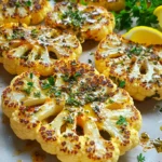 - 1 großer Kopf Blumenkohl - 4 Esslöffel Olivenöl - 6 Zehen Knoblauch, fein gehackt Die Basis für dieses Rezept ist der Blumenkohl. Er hat einen milden Geschmack, der gut zu Kräutern passt. Das Olivenöl bringt gesunde Fette mit und hilft den Aromen, sich gut zu verbinden. Der Knoblauch gibt dem Gericht seinen charakteristischen Geschmack. Fein gehackt, entfaltet er sein volles Aroma beim Rösten. - 1 Teelöffel getrockneter Oregano - 1 Teelöffel getrockneter Thymian - 1 Teelöffel geräuchertes Paprikapulver - Salz und Pfeffer nach Geschmack Die Gewürze sind wichtig für den Geschmack. Oregano und Thymian bringen ein mediterranes Flair. Geräuchertes Paprikapulver fügt eine rauchige Note hinzu, die die Steaks besonders macht. Salz und Pfeffer runden alles ab und betonen die Aromen. - Frische Petersilie, gehackt (zur Garnierung) - Zitronenspalten (zum Servieren) Um das Gericht zu vervollständigen, garnieren Sie die Steaks mit frischer Petersilie. Sie sorgt für Farbe und einen frischen Geschmack. Zitronenspalten sind eine perfekte Beilage. Ein Spritzer Zitrone bringt Frische und hebt den Geschmack hervor. Heizen Sie zuerst den Ofen auf 220°C vor. Legen Sie ein Backblech mit Backpapier aus, damit die Steaks nicht kleben. Entfernen Sie nun die Blätter vom Blumenkohl. Schneiden Sie den Stamm so ab, dass der Kopf ganz bleibt. Dies hilft, die Steaks stabil zu halten. Schneiden Sie den Blumenkohl vom Zentrum aus in etwa 2,5 cm dicke Steaks. Je nach Größe des Blumenkohls sollten Sie etwa 2 bis 4 Steaks erhalten. Achten Sie darauf, dass die Steaks gleichmäßig dick sind. Das sorgt für eine gleichmäßige Röstung. Für die Knoblauch-Kräuter-Mischung vermischen Sie in einer kleinen Schüssel das Olivenöl, den gehackten Knoblauch, Oregano, Thymian und geräuchertes Paprikapulver. Fügen Sie auch Salz und Pfeffer nach Geschmack hinzu. Rühren Sie alles gut um. Bestreichen Sie dann beide Seiten der Blumenkohlsteaks großzügig mit dieser Mischung. So nehmen die Steaks den vollen Geschmack auf. - Backzeit und Temperatur: Rösten Sie die Blumenkohlsteaks bei 220°C für 25-30 Minuten. Diese Hitze bringt die Steaks zum Bräunen und macht sie zart. Zu hohe Temperaturen können die Steaks verbrennen. Achten Sie darauf, den Ofen gut vorzuheizen. - Wenden der Steaks zur Halbzeit: Wenden Sie die Steaks nach der Hälfte der Backzeit. So bräunen sie gleichmäßig und erhalten eine schöne Textur. Verwenden Sie eine Zange, um die Steaks vorsichtig zu drehen. - Präsentationstipps: Arrangieren Sie die Blumenkohlsteaks auf einem großen Teller. Legen Sie sie leicht überlappend an. Garnieren Sie mit frischer Petersilie und Zitronenspalten. Dies sorgt für einen frischen Farbkontrast. - Weitere Garnierungsmöglichkeiten: Versuchen Sie, die Steaks mit gerösteten Nüssen oder Feta zu bestreuen. Diese zusätzlichen Zutaten bringen neuen Geschmack und Textur. - Allergien und Unverträglichkeiten: Wenn Sie auf Olivenöl allergisch sind, nutzen Sie ein anderes Öl wie Sonnenblumenöl. Achten Sie auch darauf, glutenfreie Gewürze zu verwenden, wenn nötig. - Zusätzliche Gewürze und Aromen: Experimentieren Sie mit zusätzlichen Gewürzen wie Kurkuma oder Kreuzkümmel. Diese können den Steaks eine besondere Note verleihen. Auch frischer Knoblauch kann die Aromen intensivieren. {{image_4}} Knoblauch Kräuter geröstete Blumenkohlsteaks sind von Natur aus vegan und glutenfrei. Um sie noch besser anzupassen, können Sie folgende Zutaten verwenden: - Zutatenanpassungen: Verwenden Sie anstelle von Olivenöl ein anderes Pflanzenöl, wie Raps- oder Avocadoöl. Diese Öle haben einen milden Geschmack und sind ebenfalls gesund. - Alternative Öle: Ein gutes Öl macht den Unterschied. Kokosöl kann auch eine interessante Note hinzufügen. Experimentieren Sie ruhig, um den besten Geschmack zu finden. Die Blumenkohlsteaks schmecken großartig allein, aber sie passen auch gut zu anderen Speisen. Hier sind einige Ideen: - Reis, Quinoa oder Salat: Servieren Sie die Steaks mit einem frischen Salat oder einer Portion Quinoa. Diese Beilagen bieten eine tolle Textur und ergänzen den Geschmack. - Dips und Saucen: Ein Knoblauch-Joghurt-Dip oder eine scharfe Salsa passen perfekt dazu. Diese zusätzlichen Aromen können das Gericht noch spannender machen. Passen Sie die Steaks an die Jahreszeiten an. Es gibt viele Wege, saisonales Gemüse zu nutzen: - Verwendung von anderen Gemüsesorten: Probieren Sie auch andere Gemüsesorten wie Karotten oder Zucchini. Sie können diese ebenfalls in Steaks schneiden und die gleiche Würzmischung verwenden. - Frisches Gemüse je nach Saison: Im Frühling sind Spargel und Erbsen toll. Im Herbst können Sie Kürbis hinzufügen. So bleibt das Gericht frisch und spannend. Um Blumenkohlsteaks frisch zu halten, kühlen Sie sie. Wickeln Sie die Steaks in Frischhaltefolie oder legen Sie sie in einen luftdichten Behälter. So bleibt der Geschmack erhalten. Die Kühlmethode schützt vor Austrocknung. Ich empfehle, die Steaks innerhalb von drei Tagen zu essen. Wie lange halten die Reste? Sie bleiben im Kühlschrank etwa drei bis vier Tage frisch. Um die Steaks aufzufrischen, erhitzen Sie sie im Ofen oder in der Pfanne. Das bringt den ursprünglichen Geschmack zurück. Möchten Sie Blumenkohlsteaks für später aufbewahren? Hier ist eine Schritt-für-Schritt-Anleitung: 1. Rösten oder blanchieren Sie die Steaks kurz. 2. Lassen Sie sie abkühlen. 3. Wickeln Sie die Steaks einzeln in Frischhaltefolie. 4. Legen Sie die verpackten Steaks in einen Gefrierbeutel und entfernen Sie die Luft. Nach dem Einfrieren können Sie sie in der Pfanne oder im Ofen aufwärmen. Achten Sie darauf, sie gut durchzuwärmen. Genießen Sie die Steaks wie frisch zubereitet! Blumenkohlsteaks sind dicke Scheiben aus einem Blumenkohlkopf. Sie sind eine tolle vegetarische Option. Um Blumenkohlsteaks zuzubereiten, schneiden Sie den Kopf in etwa 2,5 cm dicke Scheiben. Das sorgt dafür, dass sie beim Rösten gut zusammenhalten. Diese Steaks nehmen die Aromen von Gewürzen und Kräutern gut auf. Das macht sie besonders lecker. Die Röstzeit für Blumenkohlsteaks beträgt etwa 25-30 Minuten. Heizen Sie den Ofen auf 220°C vor. Rösten Sie die Steaks auf einem Backblech. Wenden Sie sie nach der Hälfte der Zeit. So werden sie gleichmäßig goldbraun und zart. Achten Sie darauf, dass sie nicht zu weich werden, damit sie ihre Form behalten. Ja, Sie können Blumenkohlsteaks im Voraus zubereiten. Bereiten Sie die Steaks vor und würzen Sie sie. Lagern Sie sie in einem luftdichten Behälter im Kühlschrank. So bleiben sie frisch für bis zu drei Tage. Wenn Sie bereit sind zu essen, können Sie sie einfach im Ofen rösten. Alternativ können Sie die Steaks auch einfrieren. So haben Sie immer eine schnelle, gesunde Beilage zur Hand. Blumenkohlsteaks sind einfach zuzubereiten und sehr vielseitig. Wir haben die Hauptzutaten wie Blumenkohl, Knoblauch und Gewürze betrachtet. Auch die Zubereitungstipps und Garnierungen sind wichtig für das perfekte Gericht. Denke daran, deine Steaks nach Belieben anzupassen und richtig zu lagern. Experimentiere mit neuen Beilagen oder saisonalen Varianten. So bringst du Abwechslung auf den Tisch. Probiere es aus und genieße den vollen Geschmack.