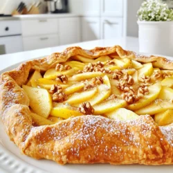 - 2 mittelgroße Äpfel - 1/2 Tasse Walnüsse - 1/4 Tasse brauner Zucker - 1 Esslöffel Zitronensaft Die Hauptzutaten sind wichtig für den Geschmack. Äpfel bringen Süße und Frische. Ich empfehle Granny Smith oder Honeycrisp, weil sie gut backen. Walnüsse geben einen knackigen Biss. Brauner Zucker sorgt für eine schöne Karamellnote. Zitronensaft bringt Frische und hilft, die Äpfel nicht braun zu werden. - 1 fertiger Mürbeteig - 1 Ei und 1 Esslöffel Milch für die Eiwäsche - 1 Esslöffel ungesalzene Butter Der Mürbeteig macht die Galette einfach und lecker. Du kannst ihn kaufen oder selber machen. Die Eiwäsche sorgt für eine goldene Farbe. Butter gibt der Füllung einen reichhaltigen Geschmack. Sie schmilzt beim Backen und macht alles saftig. - 1 Teelöffel Zimt - 1 Esslöffel Maisstärke Zimt ist ein Muss in dieser Galette. Er bringt Wärme und Tiefe. Maisstärke hilft, die Füllung zu binden und macht sie nicht matschig. Diese Gewürze machen die Galette besonders und lecker. Heize den Ofen auf 200°C vor. Das ist wichtig, damit die Galette gut backt. Lege ein Backblech mit Backpapier aus. So bleibt die Galette nicht kleben und lässt sich leicht entfernen. Schneide die Äpfel in dünne Scheiben. Du kannst Granny Smith oder Honeycrisp verwenden. Diese Sorten sind perfekt für den süßen Geschmack. Nimm eine große Schüssel und füge die geschnittenen Äpfel und die grob gehackten Walnüsse hinzu. Jetzt kommt die süße Mischung: Füge 1/4 Tasse braunen Zucker, 1 Esslöffel Zitronensaft, 1 Teelöffel Zimt und 1 Esslöffel Maisstärke hinzu. Mische alles gut, bis die Äpfel gleichmäßig bedeckt sind. Lass die Mischung kurz stehen. So entfalten sich die Aromen. Rolle den Mürbeteig auf einer bemehlten Fläche aus. Der Teig sollte etwa 30 cm groß sein. Lege den Teig vorsichtig auf das Backblech. Jetzt kommt die Füllung. Platziere die Apfel-Walnuss-Mischung in der Mitte des Teigs. Lass rundherum einen Rand von 5-7 cm frei. So kann der Teig beim Backen gut aufgehen. Falte die Teigränder über die Füllung. Mache das vorsichtig, um eine rustikale Form zu schaffen. Es muss nicht perfekt sein, das macht den Charme aus. Jetzt ist es Zeit für die Eiwäsche. Schlage das Ei mit 1 Esslöffel Milch in einer kleinen Schüssel. Bestreiche die Ränder des Teigs mit dieser Mischung. Das gibt der Galette eine goldbraune Farbe. Setze die Galette in den vorgeheizten Ofen. Backe sie für 35-40 Minuten, bis die Äpfel zart sind und die Kruste goldbraun aussieht. Die köstlichen Aromen werden dein Zuhause erfüllen. Lass die Galette nach dem Backen etwa 10 Minuten abkühlen, bevor du sie anschneidest. Um einen tollen Mürbeteig zu machen, benutze kalte Zutaten. Das hält den Teig locker. Verwende etwa 125 g Mehl, 75 g Butter und 30 g Zucker. Knete den Teig nicht zu lange. Lass ihn dann 30 Minuten im Kühlschrank ruhen. Wenn du keinen Teig selbst machen möchtest, kaufe einen fertigen Mürbeteig. Achte darauf, dass er aus hochwertigen Zutaten besteht. So bleibt der Geschmack gut. Die besten Äpfel für die Galette sind Granny Smith und Honeycrisp. Granny Smith sind sauer und geben einen tollen Kontrast. Honeycrisp sind süß und knackig. Misch die beiden Sorten für mehr Tiefe im Geschmack. Jede Apfelsorte hat ihren eigenen Geschmack. Granny Smith sorgt für einen frischen Biss. Honeycrisp bringt eine süße Note. So wird die Galette noch besser. Beliebte Beilagen zu deiner Galette sind Schlagsahne oder Vanilleeis. Diese Kombination macht das Dessert besonders lecker. Ein Häufchen Puderzucker oben drauf sieht auch toll aus. Wenn du es etwas anders magst, probiere eine Fruchtsauce. Himbeersauce passt gut zur Galette. Sie fügt eine fruchtige Note hinzu und macht das Dessert noch spannender. {{image_4}} Für die Füllung der Galette kann man verschiedene Nüsse verwenden. Pecannüsse sind eine tolle Wahl. Sie haben einen süßen und reichen Geschmack. Mandeln sind ebenfalls eine gute Option. Sie bringen eine zarte Knusprigkeit in die Füllung. Beide Nüsse geben der Galette eine neue Dimension. Experimentiere mit deinen Lieblingsnüssen! Zusätzlich zu Äpfeln kann man auch andere Früchte verwenden. Birnen passen perfekt zur Galette. Sie sind süß und saftig. Auch Beeren sind eine schöne Ergänzung. Himbeeren oder Heidelbeeren bringen eine frische Note. Mischungen aus Früchten machen die Galette noch spannender. Sei kreativ und entdecke neue Geschmäcker! Gewürze können den Geschmack der Galette verändern. Muskatnuss gibt eine warme Note dazu. Sie passt gut zu Äpfeln und Nüssen. Ingwer ist eine weitere Option. Er bringt eine angenehme Schärfe und Frische. Probiere, die Gewürze nach deinem Geschmack zu mischen. So wird die Galette ganz persönlich! Um die rustikale Apfel-Walnuss-Galette frisch zu halten, bewahre sie in einem luftdichten Behälter auf. Lege ein Stück Backpapier zwischen die Galette und den Deckel. So bleibt der Boden knusprig. Stelle die Galette an einen kühlen, trockenen Ort. Vermeide direkte Sonneneinstrahlung, um die Füllung frisch zu halten. Die Galette bleibt bei richtiger Lagerung etwa 2 bis 3 Tage frisch. Nach dieser Zeit kann sie an Geschmack verlieren. Achte darauf, die Galette nicht im Kühlschrank zu lagern, da die Feuchtigkeit den Teig weich macht. Um die Galette aufzuwärmen, heize den Ofen auf 180°C vor. Lege die Galette für 10 bis 15 Minuten hinein. So wird der Teig wieder knusprig und die Füllung warm. Vermeide die Mikrowelle, da sie den Teig matschig macht. Wenn du es eilig hast, kannst du auch eine Pfanne nutzen. Stelle sie auf mittlere Hitze und erwärme die Galette für ein paar Minuten. Eine Rustic Apple Walnut Galette ist eine rustikale Torte. Sie hat einen knusprigen Mürbeteig. Die Füllung besteht aus Äpfeln und Walnüssen. Ich liebe die Kombination aus süßen und saftigen Äpfeln. Die Walnüsse geben einen schönen Biss. Zimt und brauner Zucker sorgen für Wärme und Tiefe im Geschmack. Die Zubereitung ist einfach und macht Spaß. Man rollt den Teig aus, fügt die Füllung hinzu und faltet die Ränder. Es sieht toll aus und schmeckt noch besser. Ja, die Galette kann im Voraus zubereitet werden. Du kannst die Füllung einen Tag vorher machen. Lagere sie im Kühlschrank, bis du bereit bist zu backen. Der Teig kann auch vorbereitet werden. Wickele ihn in Frischhaltefolie und kühle ihn. Wenn du bereit bist, backe die Galette frisch. So bleibt sie knusprig und lecker. Um die Galette glutenfrei zu machen, wähle glutenfreies Mehl. Es gibt viele gute Marken. Du kannst auch Mandelmehl verwenden. Achte darauf, dass der Mürbeteig glutenfrei ist. Für die Füllung sind Äpfel und Walnüsse immer glutenfrei. Überprüfe auch die anderen Zutaten, wie den Zimt. So bleibt deine Galette für alle geeignet. Die Galette mit Äpfeln und Walnüssen ist einfach und lecker. Wir haben die Hauptzutaten, Teigzutaten und Gewürze besprochen. Die Schritt-für-Schritt-Anleitung macht das Backen leicht. Zudem gibt es Tipps, Variationen und Lagerungshinweise, die helfen, die Galette perfekt hinzubekommen. Experimentiere mit Füllungen und Belägen, um deinen Geschmack zu treffen. Diese Galette ist nicht nur schmackhaft, sondern auch vielseitig. Dein nächstes Dessert wird ein Hit!